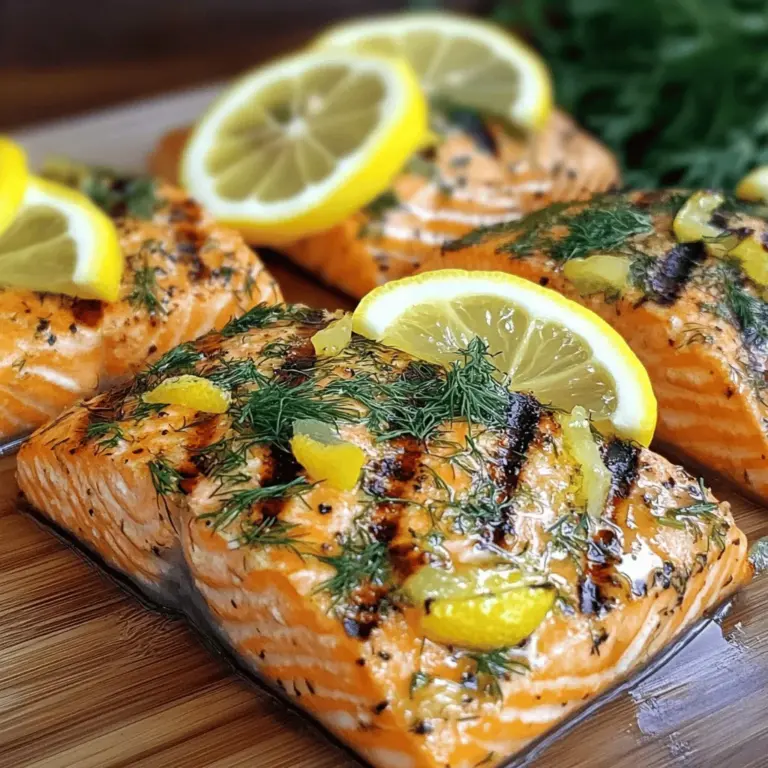 Für dieses köstliche Gericht benötigen Sie folgende Hauptzutaten: - 4 Lachsfilets (je 170 g) - 60 ml Olivenöl - 2 Esslöffel frisch gepresster Zitronensaft - 1 Teelöffel Zitronenschale - 3 Knoblauchzehen, fein gehackt - 1 Esslöffel frischer Dill, gehackt - 1 Esslöffel frische Petersilie, gehackt - 1 Esslöffel frischer Thymian, gehackt - Salz und Pfeffer nach Geschmack - Zitronenscheiben zum Garnieren Diese Zutaten geben dem Lachs ein frisches und aromatisches Profil. Der Zitronensaft bringt Säure, während die Kräuter Tiefe und Geschmack hinzufügen. Die Marinade ist der Schlüssel zu einem saftigen Lachs. Sie mischen Olivenöl, Zitronensaft und Zitronenschale. Fügen Sie dann Knoblauch, Dill, Petersilie, Thymian, Salz und Pfeffer hinzu. Diese Mischung zieht in den Lachs ein und macht ihn zart. Lassen Sie die Filets mindestens 30 Minuten marinieren. Manchmal sind frische Zutaten nicht verfügbar. In diesem Fall können Sie Folgendes nutzen: - Dosen- oder gefrorene Kräuter sind gut für die Marinade. - Zitronensaft aus der Flasche funktioniert, wenn frische Zitronen fehlen. - Lachsfilets können auch durch andere Fischsorten wie Forelle oder Makrele ersetzt werden. Diese Alternativen bieten Flexibilität und helfen, das Rezept leicht anzupassen. Für die vollständige Anleitung und mehr Details schauen Sie sich das [Full Recipe] an. Sie beginnen mit frischen Lachsfilets. Nehmen Sie eine mittelgroße Schüssel. Mischen Sie das Olivenöl, den Zitronensaft, die Zitronenschale und den Knoblauch. Fügen Sie den Dill, die Petersilie, den Thymian, Salz und Pfeffer hinzu. Rühren Sie alles gut um. Diese Mischung ist Ihre Marinade. Legen Sie die Lachsfilets in eine flache Schale oder einen Beutel. Gießen Sie die Marinade über die Filets. Stellen Sie sicher, dass jeder Teil gut bedeckt ist. Decken Sie die Schüssel ab oder verschließen Sie den Beutel. Lassen Sie die Filets für mindestens 30 Minuten im Kühlschrank marinieren. Wenn Sie mehr Geschmack wollen, lassen Sie sie bis zu 2 Stunden marinieren. Heizen Sie den Grill auf mittelhohe Temperatur vor. Das sind etwa 190 °C. Wenn Sie eine Grillpfanne verwenden, heizen Sie diese ebenfalls vor. Es ist wichtig, dass der Grill heiß genug ist, um die Filets gleichmäßig zu garen. Wenn der Grill richtig heiß ist, wird der Lachs außen knusprig und bleibt innen saftig. Nehmen Sie die Lachsfilets aus der Marinade. Lassen Sie die überschüssige Marinade abtropfen. Entsorgen Sie die restliche Marinade. Legen Sie die Filets mit der Hautseite nach unten auf den Grill. Grillen Sie die Filets für 4 bis 6 Minuten. Drehen Sie die Filets vorsichtig um. Grillen Sie sie weitere 3 bis 4 Minuten. Der Lachs ist fertig, wenn er leicht mit einer Gabel zerfällt. Nehmen Sie den Lachs vom Grill und lassen Sie ihn ein paar Minuten ruhen. Servieren Sie den Lachs mit frischen Zitronenscheiben. Schauen Sie sich auch das Full Recipe an, um noch mehr Details zu erfahren. Um den perfekten Lachs zu grillen, achte auf die Marinade. Die Mischung aus Zitronensaft, Olivenöl und Kräutern bringt viel Geschmack. Marinieren Sie die Filets mindestens 30 Minuten. So zieht der Geschmack richtig ein. Achte darauf, den Grill gut vorzuheizen. Die Hautseite zuerst auf den Grill legen. So bleibt der Lachs saftig und zart. Grillen Sie ihn nicht zu lange. Er sollte leicht mit einer Gabel zerteilt werden. Ein häufiger Fehler ist, den Lachs ohne Marinade zu grillen. Dadurch fehlt der Geschmack. Ein anderer Fehler ist, die Filets zu oft zu wenden. Lass den Lachs in Ruhe, damit er gut bräunt. Wenn du die Haut entfernst, kann der Lachs austrocknen. Achte darauf, eine Grillplatte oder ein Gitter zu verwenden, um ein Ankleben zu verhindern. Ein letzter Tipp: Lass den Lachs nach dem Grillen ruhen. So bleibt er saftig. Du kannst die Kräuter nach deinem Geschmack ändern. Verwende Basilikum oder Schnittlauch für einen anderen Geschmack. Für eine scharfe Note füge etwas Chili hinzu. Wenn du keinen frischen Lachs hast, probiere Lachs aus der Dose. Du kannst auch die Marinade variieren. Experimentiere mit Honig oder Senf für einen süßen oder würzigen Geschmack. Serviere den Lachs mit verschiedenen Beilagen. Gegrilltes Gemüse oder Reis passen gut dazu. Du kannst auch den gegrillten Lachs mit einer Mango-Salsa kombinieren. Das gibt dem Gericht eine fruchtige Frische. Für das vollständige Rezept, schau dir die [Full Recipe] an. {{image_4}} Um den Zitronen-Kräuter-gegrillten Lachs aufzupeppen, probiere Mango-Salsa. Diese frische Mischung bringt Süße und Säure. Du brauchst: - 1 reife Mango, gewürfelt - 1 kleine rote Zwiebel, fein gehackt - 1 jalapeño, entkernt und gewürfelt - 1 Limette, Saft davon - Frischer Koriander, gehackt Mische alle Zutaten in einer Schüssel. Lass die Salsa kurz ziehen. Diese Kombination passt perfekt zu dem gegrillten Lachs. Du kannst die Marinade nach deinem Geschmack anpassen. Füge zum Beispiel einen Teelöffel Honig hinzu. Das gibt eine süße Note. Ein bisschen Sojasauce oder Honig-Senf kann auch spannend sein. Hier sind einige Vorschläge: - 1 Teelöffel Paprika für einen rauchigen Geschmack - 1 Teelöffel Kreuzkümmel für eine warme Note - 1 Teelöffel Senf für einen scharfen Kick Experimentiere mit den Gewürzen. Finde heraus, was dir am besten schmeckt. Um eine vollständige Mahlzeit zu machen, kombiniere den Lachs mit frischen Beilagen. Hier sind einige leckere Ideen: - Knusprige grüne Bohnen - Gegrilltes Gemüse wie Zucchini oder Paprika - Ein frischer Salat mit Rucola und Kirschtomaten - Reis oder Quinoa als gesunde Kohlenhydrate Diese Beilagen runden die Mahlzeit ab. Sie ergänzen die Aromen des Lachses wunderbar. Wenn du nach dem Grillen Lachs übrig hast, bewahre ihn gut auf. Lass den Lachs zuerst auf Raumtemperatur abkühlen. Dann lege die Reste in einen luftdichten Behälter. Du kannst auch Frischhaltefolie verwenden. So bleibt der Lachs frisch und saftig. Stelle den Behälter in den Kühlschrank. Um den Lachs wieder warm zu machen, gibt es einfache Methoden. Du kannst den Ofen verwenden. Heize ihn auf 180 °C vor. Lege den Lachs in eine Auflaufform und decke ihn mit Folie ab. So bleibt die Feuchtigkeit erhalten. Backe ihn für etwa 10 Minuten. Alternativ kannst du eine Pfanne nutzen. Erhitze etwas Öl und lege den Lachs hinein. Brate ihn bei mittlerer Hitze für 2-3 Minuten pro Seite. Im Kühlschrank bleibt gegrillter Lachs 3 bis 4 Tage frisch. Achte darauf, dass er gut verpackt ist. Wenn du ihn länger aufbewahren möchtest, friere ihn ein. Im Gefrierschrank hält der Lachs bis zu 3 Monate. Verpacke ihn gut in Folie oder einem geeigneten Behälter. So bleibt der Geschmack voll erhalten. Lachs sollte mindestens 30 Minuten mariniert werden. So kann der Fisch die Aromen gut aufnehmen. Du kannst ihn bis zu 2 Stunden marinieren, um den Geschmack noch intensiver zu machen. Achte darauf, dass du ihn nicht zu lange lässt. Zu viel Marinade kann den Fisch weich machen. Die ideale Grilltemperatur für Lachs liegt bei etwa 190 °C. Diese mittelhohe Hitze sorgt dafür, dass der Fisch gleichmäßig gart. Wenn es zu heiß ist, kann der Lachs außen verbrennen, während er innen roh bleibt. Verwende ein Grillthermometer, um sicherzustellen, dass die Temperatur stimmt. Ja, du kannst gefrorenen Lachs verwenden. Achte darauf, ihn vollständig aufzutauen, bevor du ihn marinierst. Du kannst ihn über Nacht im Kühlschrank auftauen oder ihn in kaltem Wasser schnell auftauen. Gefrorener Lachs kann jedoch etwas weniger zart sein als frischer. Denke daran, dass die Marinierzeit eventuell kürzer sein sollte. Für das gesamte Rezept schau dir bitte die [Full Recipe] an. Zusammenfassend lässt sich sagen, dass Zitronen-Kräuter-gegrillter Lachs einfach zuzubereiten ist. Du hast gelernt, welche Zutaten wichtig sind und wie man sie optimal kombiniert. Die Schritt-für-Schritt-Anleitung hilft dir, beim Grillen Fehler zu vermeiden. Denk daran, dass Variationen und Beilagen dein Gericht noch leckerer machen können. Halte Reste richtig und erwärme sie geschmackvoll. Mit diesen Tipps wirst du das Grillen meistern. Viel Spaß beim Ausprobieren und Genießen deiner köstlichen Kreationen!