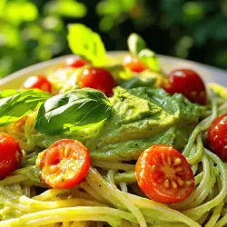 - Spaghetti oder andere Pasta - Reife Avocados - Olivenöl - Knoblauch - Frische Basilikumblätter - Zitronensaft - Salz und Pfeffer - Parmesan (optional) - Kirschtomaten und Basilikum (zum Garnieren) Für dieses Rezept brauchst du einfache und frische Zutaten. Die Spaghetti oder andere Pasta sind die Basis. Achte darauf, dass die Avocados reif sind. Sie sorgen für die cremige Textur. Olivenöl bringt gesunde Fette ins Spiel. Knoblauch fügt einen tollen Geschmack hinzu. Frische Basilikumblätter geben ein aromatisches Aroma. Zitronensaft sorgt für Frische und Balance. Salz und Pfeffer runden die Aromen ab. Parmesan ist optional, aber lecker. Kirschtomaten und Basilikum sind perfekt zum Garnieren. Wenn du die Zutaten bereit hast, kannst du direkt mit dem Kochen beginnen. Du wirst merken, wie schnell und einfach es geht. Verwende diese Zutatenliste, um alles zu sammeln, bevor du anfängst. So bleibt der Kochprozess stressfrei und angenehm. Für das vollständige Rezept schaue dir die Full Recipe an. Zuerst muss das Wasser vorbereitet werden. Fülle einen großen Topf mit Wasser und füge Salz hinzu. Das Salz hilft, die Pasta zu würzen. Koche die Pasta nach den Anweisungen auf der Packung. Ich empfehle, sie al dente zu kochen, damit sie den perfekten Biss hat. Vergiss nicht, etwa 240 ml vom Nudelwasser aufzuheben, bevor du die Pasta abgießt. Dieses Wasser ist wichtig für die Sauce. Jetzt ist es Zeit, die Avocado-Sauce zu machen. Gib die reifen Avocados, das Olivenöl, den gehackten Knoblauch, die frischen Basilikumblätter, den Zitronensaft sowie Salz und Pfeffer in einen Mixer. Püriere alles, bis die Mischung glatt und cremig ist. Wenn die Sauce zu dick ist, füge schrittweise etwas vom Nudelwasser hinzu. So erreichst du die perfekte Konsistenz. Gib die fertige Pasta zurück in den Topf bei schwacher Hitze. Füge die cremige Avocado-Sauce hinzu und vermenge alles gut. Achte darauf, dass die Pasta gleichmäßig mit der Sauce bedeckt ist. Für zusätzlichen Geschmack kannst du den geriebenen Parmesan unterrühren. Serviere die Pasta sofort auf Tellern. Garniere sie mit halbierten Kirschtomaten und frischen Basilikumblättern. Das sieht nicht nur schön aus, sondern schmeckt auch lecker! Du kannst die vollständige Zubereitung in der [Full Recipe] nachlesen. Um die perfekte Textur für deine cremige Avocado-Pasta zu erreichen, kannst du die Konsistenz der Sauce anpassen. Wenn die Sauce zu dick ist, füge einfach etwas vom reservierten Nudelwasser hinzu. Dieses Wasser hilft, die Sauce zu verdünnen und macht sie schön cremig. Das Nudelwasser hat auch Stärke, die die Sauce besser an der Pasta haften lässt. Um den Geschmack deiner Pasta zu verbessern, kannst du zusätzliche Gewürze oder frische Kräuter hinzufügen. Ein wenig Chili oder frischer Schnittlauch sorgt für einen interessanten Kick. Wenn du keinen Parmesan magst, probiere eine Mischung aus Hefeflocken oder Cashewkäse. Diese Optionen geben dir einen ähnlichen Geschmack, ohne Käse zu verwenden. Das Anrichten deiner Pasta kann den Unterschied ausmachen! Verwende große, flache Teller für eine schöne Präsentation. Garniere deine Pasta mit halbierten Kirschtomaten und frischen Basilikumblättern. Du kannst auch einige Nüsse oder Samen darüber streuen. Das bringt nicht nur Farbe, sondern auch einen tollen Crunch. {{image_4}} Wenn du eine vegane Option möchtest, lasse den Parmesan weg. Du kannst ihn auch durch einen veganen Käse ersetzen. Das gibt deinem Gericht einen tollen Geschmack. Verwende stattdessen auch ein anderes Pflanzenöl. Avocadoöl ist eine gute Wahl. Es hat einen feinen Geschmack und passt gut zu dieser Pasta. Um deine Pasta proteinreicher zu machen, füge Hühnchen oder Garnelen hinzu. Das gibt dir eine herzhaftere Mahlzeit. Wenn du vegan bleibst, sind Kichererbsen oder Linsen eine hervorragende Wahl. Diese Hülsenfrüchte sind reich an Eiweiß und machen dein Gericht sättigender. Du kannst die Pasta mit verschiedenen Gemüsearten aufpeppen. Probiere Spinat, Zucchini oder Paprika aus. Diese Gemüsesorten bringen Farbe und Nährstoffe. Achte darauf, saisonale und frische Zutaten zu wählen. So schmeckt die Pasta noch besser. - Optimaler Aufbewahrungsort: Bewahre die Reste in einem luftdichten Behälter auf. Das schützt die Pasta vor dem Austrocknen. - Haltbarkeit im Kühlschrank: Reste halten sich gut für 2 bis 3 Tage. Achte darauf, sie nicht länger stehen zu lassen, damit die Avocado nicht braun wird. - Beste Methoden zum Wiedererwärmen: Du kannst die Pasta in der Mikrowelle oder in einer Pfanne aufwärmen. Wenn du die Pfanne nutzt, füge etwas Nudelwasser hinzu, damit die Pasta nicht austrocknet. - Tipps für die Texturerückgewinnung: Rühre die Pasta gut um, um die cremige Sauce gleichmäßig zu verteilen. Wenn nötig, füge mehr Olivenöl oder etwas Brühe hinzu, um die Konsistenz zu verbessern. - Anleitungen zum Einfrieren: Lass die Pasta zuerst komplett abkühlen. Teile sie in Portionen und lege sie in gefriergeeignete Beutel. Drücke die Luft heraus und verschließe sie gut. - Aufwärmen nach dem Einfrieren: Die gefrorene Pasta kann direkt in die Mikrowelle oder in eine Pfanne gegeben werden. Verwende etwas Nudelwasser, um die Sauce wieder cremig zu machen. Die Zubereitung von cremiger Avocado-Pasta dauert insgesamt etwa 20 Minuten. Die Vorbereitungszeit beträgt etwa 10 Minuten. Während die Pasta kocht, machst du die leckere Avocado-Sauce. Ja, du kannst die Avocados ersetzen. Eine gute Alternative sind Erbsen. Sie geben eine ähnliche Cremigkeit. Du kannst auch Cashewkerne verwenden, die du zuvor einweichst. Das sorgt für einen nussigen Geschmack. Ja, diese Pasta ist gesund. Avocados enthalten gesunde Fette, die gut für das Herz sind. Sie sind auch reich an Ballaststoffen, Vitaminen und Mineralstoffen. Diese Nährstoffe unterstützen deine Gesundheit und dein Wohlbefinden. Die Zutaten beeinflussen den Geschmack stark. Frische Kräuter wie Basilikum bringen Aromen, die die Sauce lebendig machen. Auch Gewürze wie Pfeffer oder Zitronensaft sorgen für einen frischen Kick. Experimentiere mit verschiedenen Kräutern, um deinen eigenen Geschmack zu finden. Diese Anleitung zeigt dir, wie du leckere Avocado-Pasta zubereitest. Wir haben einfache Schritte geteilt, von der Zubereitung der Zutaten bis zum perfekten Servieren. Du kannst die Sauce nach deinem Geschmack anpassen und verschiedene Variationen ausprobieren. Vergiss nicht, die Reste richtig aufzubewahren. So bleibt die Pasta frisch und lecker. Experimentiere mit neuen Aromen! Deine Küche wird lebendig, wenn du mit frischen Zutaten spielst. Gerne kannst du die Pasta nach deinem Geschmack variieren und anpassen. Mach einfach weiter, koche und genieße!