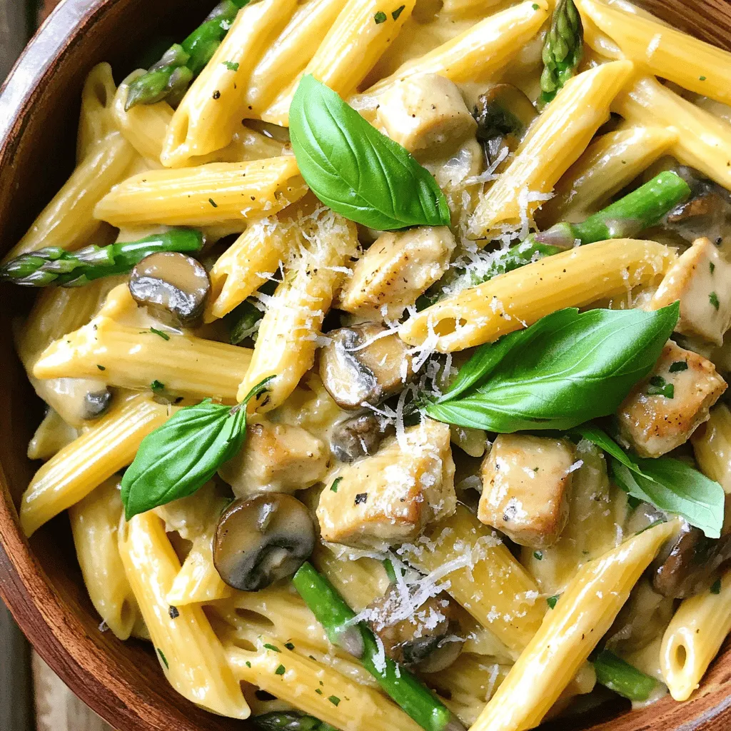 Für die cremige Pilz- und Spargel-Hühnchen-Penne benötigt man: