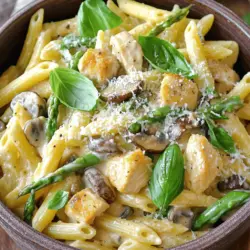 Für die cremige Pilz- und Spargel-Hühnchen-Penne benötigt man: