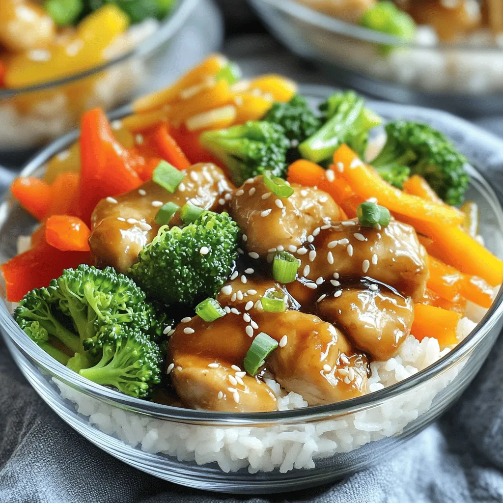 Für die Teriyaki-Hühnchen-Schalen brauchst du frische und leckere Zutaten. Hier ist, was du benötigst: - 450 g Hähnchenschenkel ohne Knochen, gewürfelt - 240 ml Sojasauce (idealerweise mit wenig Natrium) - 60 ml Honig - 30 ml Reisessig - 15 ml Sesamöl - 2 Knoblauchzehen, fein gehackt - 1 Teelöffel frischer Ingwer, gerieben Die Marinade bringt den Geschmack in dein Gericht. Diese Zutaten machen es besonders: - 240 ml Sojasauce - 60 ml Honig - 30 ml Reisessig - 15 ml Sesamöl - 2 Knoblauchzehen - 1 Teelöffel Ingwer Gemüse bringt Farbe und Nährstoffe in die Schalen. Du benötigst: - 185 g Jasminreis - 480 ml Wasser - 1 Tasse Brokkoliröschen - 1 Karotte, in feine Streifen geschnitten - 1 Paprika, in Scheiben geschnitten - 2 Frühlingszwiebeln, gehackt (zum Garnieren) - Sesamkörner (zum Garnieren) Mit diesen Zutaten kannst du deine Teriyaki-Hühnchen-Schalen ganz einfach zubereiten. Folge dem [Full Recipe], um alle Schritte zu sehen. Zuerst mischst du die Sojasauce, Honig, Reisessig, Sesamöl, Knoblauch und Ingwer in einer Schüssel. Dann gibst du die gewürfelten Hähnchenteile dazu. Rühre gut um, damit das Hühnchen gleichmäßig mariniert wird. Decke die Schüssel ab und stelle sie für mindestens 30 Minuten in den Kühlschrank. Je länger, desto besser der Geschmack! Wasche den Jasminreis gründlich in kaltem Wasser, bis das Wasser klar ist. Koche dann 480 ml Wasser in einem Topf. Füge den Reis hinzu und rühre einmal um. Decke den Topf ab und reduziere die Hitze. Lass den Reis 15 bis 18 Minuten köcheln, bis er das Wasser aufnimmt. Nimm ihn vom Herd und lass ihn 5 Minuten abgedeckt stehen. Während der Reis kocht, dämpfst du die Brokkoliröschen für etwa 5 Minuten. Sie sollten leuchtend grün und bissfest sein. In einer anderen Pfanne brätst du die geschnittene Paprika und die Karotte für 4 bis 5 Minuten an, bis sie weich sind. Beides beiseite stellen. Erhitze eine große Pfanne auf mittlerer bis hoher Hitze. Nimm das Hühnchen aus der Marinade und gib es in die Pfanne. Brate das Hühnchen für 7 bis 10 Minuten an, bis es durchgegart ist. Gib die aufbewahrte Marinade und die Mischung aus Maisstärke und Wasser in die Pfanne. Rühre ständig um, bis die Sauce dick wird. Das dauert etwa 2 bis 3 Minuten. Nimm eine Schale und fülle sie mit einer Portion Jasminreis. Toppe den Reis mit dem Teriyaki-Hühnchen, dem gedämpften Brokkoli und den angebratenen Paprika- und Karottenstücken. Vor dem Servieren streue die gehackten Frühlingszwiebeln und die Sesamkörner darüber. Dies gibt deinem Gericht einen schönen Look und zusätzlichen Geschmack. Für das komplette Rezept, schau dir die [Full Recipe] an. Die Marinade ist der Schlüssel zu gutem Teriyaki-Hühnchen. Verwende frische Zutaten. Sojasauce gibt einen tollen Geschmack. Nutze Honig für die Süße. Reisessig sorgt für eine leichte Säure. Mische alles gut in einer Schüssel. Lass das Hühnchen mindestens 30 Minuten marinieren. Für mehr Geschmack kannst du bis zu zwei Stunden marinieren. Du kannst auch etwas Chili hinzufügen, wenn du es schärfer magst. Jasminreis ist perfekt für diese Schalen. Er hat einen feinen Duft und eine zarte Textur. Spüle den Reis gründlich ab. So entfernst du überschüssige Stärke. Das macht den Reis lockerer. Koche den Reis im Verhältnis von 1:2 mit Wasser. Achte darauf, dass du den Reis nach dem Kochen 5 Minuten ruhen lässt. Dadurch wird der Reis noch besser. Du kannst auch Sushi-Reis oder Basmati verwenden, wenn du magst. Gemüse bringt Farbe und Nährstoffe in deine Schalen. Brokkoli und Karotten sind klassisch, aber nicht die einzigen Optionen. Du kannst auch Zucchini, Erbsen oder Pilze verwenden. Schneide das Gemüse in kleine Stücke. So garen sie gleichmäßig. Dämpfen oder braten sind gute Zubereitungsarten. Denke daran, das Gemüse bissfest zu halten. Das sorgt für einen tollen Crunch in den Schalen. {{image_4}} Teriyaki-Hühnchen kann mit verschiedenen Proteinen zubereitet werden. Du kannst Rindfleisch, Schweinefleisch oder Tofu verwenden. Diese Alternativen bieten einzigartige Geschmäcker. Für Rindfleisch wähle zarte Stücke wie Filet oder Rinderhack. Schweinefleisch funktioniert gut mit Koteletts oder Lendensteaks. Tofu ist eine großartige Wahl für eine vegetarische Option. Wähle festen Tofu, um die Marinade gut aufzunehmen. Wenn du eine vegetarische oder vegane Version machen möchtest, probiere Tempeh oder Seitan. Tempeh hat einen nussigen Geschmack und eine feste Textur. Schneide ihn in Würfel und mariniere ihn wie das Hühnchen. Seitan hat eine fleischähnliche Konsistenz. Du kannst ihn auch in Streifen geschnitten verwenden. Beide Optionen sind lecker und gesund. Die Auswahl des Reises kann das Gericht verändern. Jasminreis ist weich und aromatisch. Du kannst auch Basmati- oder Vollkornreis verwenden. Basmati hat einen nussigen Geschmack, während Vollkornreis mehr Ballaststoffe hat. Du kannst auch Quinoa oder Blumenkohlreis für eine kohlenhydratarme Option nutzen. Diese Beilagen passen gut zu den Aromen des Teriyaki. Experimentiere mit verschiedenen Gemüsesorten, um Abwechslung zu schaffen. Paprika, Zucchini oder Erbsen sind tolle Ergänzungen. Sie bringen Farbe und zusätzliche Nährstoffe in deine Schalen. Bewahre die Teriyaki-Hühnchen-Schalen im Kühlschrank auf. Nutze luftdichte Behälter. So bleiben die Aromen frisch. Du kannst die Schalen bis zu drei Tage lang aufbewahren. Achte darauf, das Gemüse getrennt vom Reis zu lagern. So bleibt alles knackig. Du kannst die Teriyaki-Hühnchen-Schalen auch einfrieren. Teile die Schalen in Portionen auf. Verwende gefriergeeignete Behälter oder Beutel. Achte darauf, die Luft herauszudrücken, um Gefrierbrand zu vermeiden. Die Schalen halten sich bis zu drei Monate im Gefrierfach. Zum Aufwärmen der Reste kannst du die Mikrowelle nutzen. Stelle die Schalen in die Mikrowelle und decke sie ab. Erhitze sie in kurzen Intervallen von 1-2 Minuten. Rühre zwischendurch um. Du kannst auch eine Pfanne verwenden. Erhitze die Schalen bei mittlerer Hitze und füge etwas Wasser hinzu, um das Gemüse saftig zu halten. Diese Tipps helfen dir, deine Teriyaki-Hühnchen-Schalen frisch und lecker zu genießen. Die Marinade hält sich gut bis zu einer Woche im Kühlschrank. Verwenden Sie einen luftdichten Behälter. So bleibt der Geschmack frisch. Achten Sie darauf, sie vor der Verwendung gut umzurühren. Ja, Sie können das Rezept im Voraus vorbereiten. Marinieren Sie das Hühnchen bis zu zwei Stunden im Voraus. Kochen Sie den Reis und das Gemüse ebenfalls vorher. Lagern Sie alles getrennt im Kühlschrank. So sparen Sie Zeit beim Servieren. Sie können Basmati-Reis oder sogar Quinoa verwenden. Diese Alternativen bieten eine ähnliche Textur. Für eine gesunde Option probieren Sie Blumenkohlreis. Er hat weniger Kohlenhydrate und passt gut zu den Aromen. Teriyaki-Hühnchen kann gesund sein, wenn Sie es richtig zubereiten. Es enthält mageres Protein und frisches Gemüse. Achten Sie auf den Zuckergehalt in der Marinade. Verwenden Sie weniger Honig oder eine Zuckeralternative. Zusammenfassend haben wir die Hauptzutaten für Teriyaki-Hühnchen und die Marinade besprochen. Die Schritt-für-Schritt-Anleitung zeigt, wie man das Gericht zubereitet und anrichtet. Tipps und Variationen helfen, die Mahlzeit anzupassen. Teriyaki-Hühnchen bietet viele Möglichkeiten. Du kannst deine eigene Note hinzufügen und es gesund machen. Dieses Gericht ist einfach und lecker. Bereite es gerne vor, um Zeit zu sparen.