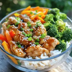 Für die Teriyaki-Hühnchen-Schalen brauchst du frische und leckere Zutaten. Hier ist, was du benötigst: - 450 g Hähnchenschenkel ohne Knochen, gewürfelt - 240 ml Sojasauce (idealerweise mit wenig Natrium) - 60 ml Honig - 30 ml Reisessig - 15 ml Sesamöl - 2 Knoblauchzehen, fein gehackt - 1 Teelöffel frischer Ingwer, gerieben Die Marinade bringt den Geschmack in dein Gericht. Diese Zutaten machen es besonders: - 240 ml Sojasauce - 60 ml Honig - 30 ml Reisessig - 15 ml Sesamöl - 2 Knoblauchzehen - 1 Teelöffel Ingwer Gemüse bringt Farbe und Nährstoffe in die Schalen. Du benötigst: - 185 g Jasminreis - 480 ml Wasser - 1 Tasse Brokkoliröschen - 1 Karotte, in feine Streifen geschnitten - 1 Paprika, in Scheiben geschnitten - 2 Frühlingszwiebeln, gehackt (zum Garnieren) - Sesamkörner (zum Garnieren) Mit diesen Zutaten kannst du deine Teriyaki-Hühnchen-Schalen ganz einfach zubereiten. Folge dem [Full Recipe], um alle Schritte zu sehen. Zuerst mischst du die Sojasauce, Honig, Reisessig, Sesamöl, Knoblauch und Ingwer in einer Schüssel. Dann gibst du die gewürfelten Hähnchenteile dazu. Rühre gut um, damit das Hühnchen gleichmäßig mariniert wird. Decke die Schüssel ab und stelle sie für mindestens 30 Minuten in den Kühlschrank. Je länger, desto besser der Geschmack! Wasche den Jasminreis gründlich in kaltem Wasser, bis das Wasser klar ist. Koche dann 480 ml Wasser in einem Topf. Füge den Reis hinzu und rühre einmal um. Decke den Topf ab und reduziere die Hitze. Lass den Reis 15 bis 18 Minuten köcheln, bis er das Wasser aufnimmt. Nimm ihn vom Herd und lass ihn 5 Minuten abgedeckt stehen. Während der Reis kocht, dämpfst du die Brokkoliröschen für etwa 5 Minuten. Sie sollten leuchtend grün und bissfest sein. In einer anderen Pfanne brätst du die geschnittene Paprika und die Karotte für 4 bis 5 Minuten an, bis sie weich sind. Beides beiseite stellen. Erhitze eine große Pfanne auf mittlerer bis hoher Hitze. Nimm das Hühnchen aus der Marinade und gib es in die Pfanne. Brate das Hühnchen für 7 bis 10 Minuten an, bis es durchgegart ist. Gib die aufbewahrte Marinade und die Mischung aus Maisstärke und Wasser in die Pfanne. Rühre ständig um, bis die Sauce dick wird. Das dauert etwa 2 bis 3 Minuten. Nimm eine Schale und fülle sie mit einer Portion Jasminreis. Toppe den Reis mit dem Teriyaki-Hühnchen, dem gedämpften Brokkoli und den angebratenen Paprika- und Karottenstücken. Vor dem Servieren streue die gehackten Frühlingszwiebeln und die Sesamkörner darüber. Dies gibt deinem Gericht einen schönen Look und zusätzlichen Geschmack. Für das komplette Rezept, schau dir die [Full Recipe] an. Die Marinade ist der Schlüssel zu gutem Teriyaki-Hühnchen. Verwende frische Zutaten. Sojasauce gibt einen tollen Geschmack. Nutze Honig für die Süße. Reisessig sorgt für eine leichte Säure. Mische alles gut in einer Schüssel. Lass das Hühnchen mindestens 30 Minuten marinieren. Für mehr Geschmack kannst du bis zu zwei Stunden marinieren. Du kannst auch etwas Chili hinzufügen, wenn du es schärfer magst. Jasminreis ist perfekt für diese Schalen. Er hat einen feinen Duft und eine zarte Textur. Spüle den Reis gründlich ab. So entfernst du überschüssige Stärke. Das macht den Reis lockerer. Koche den Reis im Verhältnis von 1:2 mit Wasser. Achte darauf, dass du den Reis nach dem Kochen 5 Minuten ruhen lässt. Dadurch wird der Reis noch besser. Du kannst auch Sushi-Reis oder Basmati verwenden, wenn du magst. Gemüse bringt Farbe und Nährstoffe in deine Schalen. Brokkoli und Karotten sind klassisch, aber nicht die einzigen Optionen. Du kannst auch Zucchini, Erbsen oder Pilze verwenden. Schneide das Gemüse in kleine Stücke. So garen sie gleichmäßig. Dämpfen oder braten sind gute Zubereitungsarten. Denke daran, das Gemüse bissfest zu halten. Das sorgt für einen tollen Crunch in den Schalen. {{image_4}} Teriyaki-Hühnchen kann mit verschiedenen Proteinen zubereitet werden. Du kannst Rindfleisch, Schweinefleisch oder Tofu verwenden. Diese Alternativen bieten einzigartige Geschmäcker. Für Rindfleisch wähle zarte Stücke wie Filet oder Rinderhack. Schweinefleisch funktioniert gut mit Koteletts oder Lendensteaks. Tofu ist eine großartige Wahl für eine vegetarische Option. Wähle festen Tofu, um die Marinade gut aufzunehmen. Wenn du eine vegetarische oder vegane Version machen möchtest, probiere Tempeh oder Seitan. Tempeh hat einen nussigen Geschmack und eine feste Textur. Schneide ihn in Würfel und mariniere ihn wie das Hühnchen. Seitan hat eine fleischähnliche Konsistenz. Du kannst ihn auch in Streifen geschnitten verwenden. Beide Optionen sind lecker und gesund. Die Auswahl des Reises kann das Gericht verändern. Jasminreis ist weich und aromatisch. Du kannst auch Basmati- oder Vollkornreis verwenden. Basmati hat einen nussigen Geschmack, während Vollkornreis mehr Ballaststoffe hat. Du kannst auch Quinoa oder Blumenkohlreis für eine kohlenhydratarme Option nutzen. Diese Beilagen passen gut zu den Aromen des Teriyaki. Experimentiere mit verschiedenen Gemüsesorten, um Abwechslung zu schaffen. Paprika, Zucchini oder Erbsen sind tolle Ergänzungen. Sie bringen Farbe und zusätzliche Nährstoffe in deine Schalen. Bewahre die Teriyaki-Hühnchen-Schalen im Kühlschrank auf. Nutze luftdichte Behälter. So bleiben die Aromen frisch. Du kannst die Schalen bis zu drei Tage lang aufbewahren. Achte darauf, das Gemüse getrennt vom Reis zu lagern. So bleibt alles knackig. Du kannst die Teriyaki-Hühnchen-Schalen auch einfrieren. Teile die Schalen in Portionen auf. Verwende gefriergeeignete Behälter oder Beutel. Achte darauf, die Luft herauszudrücken, um Gefrierbrand zu vermeiden. Die Schalen halten sich bis zu drei Monate im Gefrierfach. Zum Aufwärmen der Reste kannst du die Mikrowelle nutzen. Stelle die Schalen in die Mikrowelle und decke sie ab. Erhitze sie in kurzen Intervallen von 1-2 Minuten. Rühre zwischendurch um. Du kannst auch eine Pfanne verwenden. Erhitze die Schalen bei mittlerer Hitze und füge etwas Wasser hinzu, um das Gemüse saftig zu halten. Diese Tipps helfen dir, deine Teriyaki-Hühnchen-Schalen frisch und lecker zu genießen. Die Marinade hält sich gut bis zu einer Woche im Kühlschrank. Verwenden Sie einen luftdichten Behälter. So bleibt der Geschmack frisch. Achten Sie darauf, sie vor der Verwendung gut umzurühren. Ja, Sie können das Rezept im Voraus vorbereiten. Marinieren Sie das Hühnchen bis zu zwei Stunden im Voraus. Kochen Sie den Reis und das Gemüse ebenfalls vorher. Lagern Sie alles getrennt im Kühlschrank. So sparen Sie Zeit beim Servieren. Sie können Basmati-Reis oder sogar Quinoa verwenden. Diese Alternativen bieten eine ähnliche Textur. Für eine gesunde Option probieren Sie Blumenkohlreis. Er hat weniger Kohlenhydrate und passt gut zu den Aromen. Teriyaki-Hühnchen kann gesund sein, wenn Sie es richtig zubereiten. Es enthält mageres Protein und frisches Gemüse. Achten Sie auf den Zuckergehalt in der Marinade. Verwenden Sie weniger Honig oder eine Zuckeralternative. Zusammenfassend haben wir die Hauptzutaten für Teriyaki-Hühnchen und die Marinade besprochen. Die Schritt-für-Schritt-Anleitung zeigt, wie man das Gericht zubereitet und anrichtet. Tipps und Variationen helfen, die Mahlzeit anzupassen. Teriyaki-Hühnchen bietet viele Möglichkeiten. Du kannst deine eigene Note hinzufügen und es gesund machen. Dieses Gericht ist einfach und lecker. Bereite es gerne vor, um Zeit zu sparen.