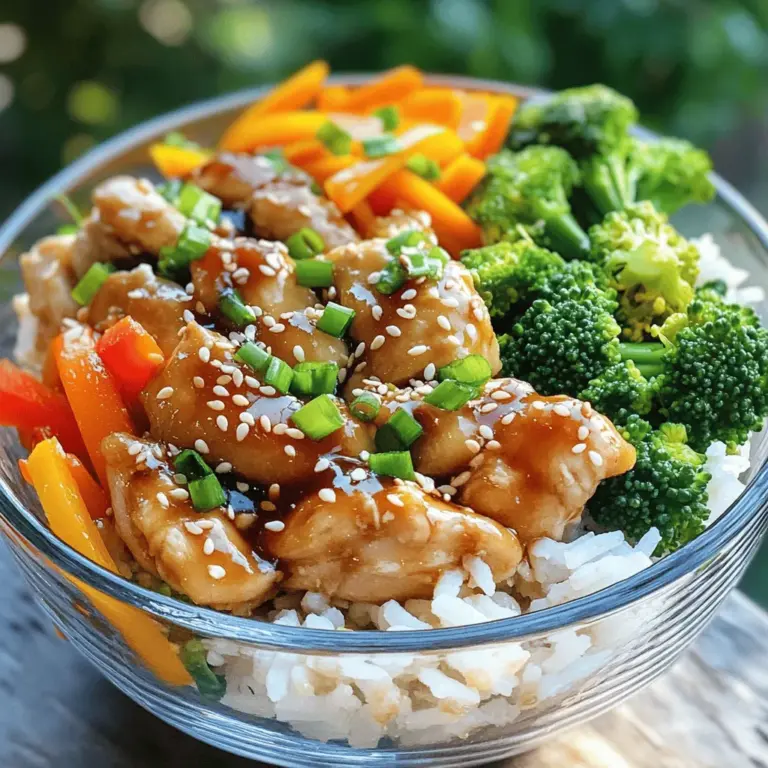 Für die Teriyaki-Hühnchen-Schalen brauchst du frische und leckere Zutaten. Hier ist, was du benötigst: - 450 g Hähnchenschenkel ohne Knochen, gewürfelt - 240 ml Sojasauce (idealerweise mit wenig Natrium) - 60 ml Honig - 30 ml Reisessig - 15 ml Sesamöl - 2 Knoblauchzehen, fein gehackt - 1 Teelöffel frischer Ingwer, gerieben Die Marinade bringt den Geschmack in dein Gericht. Diese Zutaten machen es besonders: - 240 ml Sojasauce - 60 ml Honig - 30 ml Reisessig - 15 ml Sesamöl - 2 Knoblauchzehen - 1 Teelöffel Ingwer Gemüse bringt Farbe und Nährstoffe in die Schalen. Du benötigst: - 185 g Jasminreis - 480 ml Wasser - 1 Tasse Brokkoliröschen - 1 Karotte, in feine Streifen geschnitten - 1 Paprika, in Scheiben geschnitten - 2 Frühlingszwiebeln, gehackt (zum Garnieren) - Sesamkörner (zum Garnieren) Mit diesen Zutaten kannst du deine Teriyaki-Hühnchen-Schalen ganz einfach zubereiten. Folge dem [Full Recipe], um alle Schritte zu sehen. Zuerst mischst du die Sojasauce, Honig, Reisessig, Sesamöl, Knoblauch und Ingwer in einer Schüssel. Dann gibst du die gewürfelten Hähnchenteile dazu. Rühre gut um, damit das Hühnchen gleichmäßig mariniert wird. Decke die Schüssel ab und stelle sie für mindestens 30 Minuten in den Kühlschrank. Je länger, desto besser der Geschmack! Wasche den Jasminreis gründlich in kaltem Wasser, bis das Wasser klar ist. Koche dann 480 ml Wasser in einem Topf. Füge den Reis hinzu und rühre einmal um. Decke den Topf ab und reduziere die Hitze. Lass den Reis 15 bis 18 Minuten köcheln, bis er das Wasser aufnimmt. Nimm ihn vom Herd und lass ihn 5 Minuten abgedeckt stehen. Während der Reis kocht, dämpfst du die Brokkoliröschen für etwa 5 Minuten. Sie sollten leuchtend grün und bissfest sein. In einer anderen Pfanne brätst du die geschnittene Paprika und die Karotte für 4 bis 5 Minuten an, bis sie weich sind. Beides beiseite stellen. Erhitze eine große Pfanne auf mittlerer bis hoher Hitze. Nimm das Hühnchen aus der Marinade und gib es in die Pfanne. Brate das Hühnchen für 7 bis 10 Minuten an, bis es durchgegart ist. Gib die aufbewahrte Marinade und die Mischung aus Maisstärke und Wasser in die Pfanne. Rühre ständig um, bis die Sauce dick wird. Das dauert etwa 2 bis 3 Minuten. Nimm eine Schale und fülle sie mit einer Portion Jasminreis. Toppe den Reis mit dem Teriyaki-Hühnchen, dem gedämpften Brokkoli und den angebratenen Paprika- und Karottenstücken. Vor dem Servieren streue die gehackten Frühlingszwiebeln und die Sesamkörner darüber. Dies gibt deinem Gericht einen schönen Look und zusätzlichen Geschmack. Für das komplette Rezept, schau dir die [Full Recipe] an. Die Marinade ist der Schlüssel zu gutem Teriyaki-Hühnchen. Verwende frische Zutaten. Sojasauce gibt einen tollen Geschmack. Nutze Honig für die Süße. Reisessig sorgt für eine leichte Säure. Mische alles gut in einer Schüssel. Lass das Hühnchen mindestens 30 Minuten marinieren. Für mehr Geschmack kannst du bis zu zwei Stunden marinieren. Du kannst auch etwas Chili hinzufügen, wenn du es schärfer magst. Jasminreis ist perfekt für diese Schalen. Er hat einen feinen Duft und eine zarte Textur. Spüle den Reis gründlich ab. So entfernst du überschüssige Stärke. Das macht den Reis lockerer. Koche den Reis im Verhältnis von 1:2 mit Wasser. Achte darauf, dass du den Reis nach dem Kochen 5 Minuten ruhen lässt. Dadurch wird der Reis noch besser. Du kannst auch Sushi-Reis oder Basmati verwenden, wenn du magst. Gemüse bringt Farbe und Nährstoffe in deine Schalen. Brokkoli und Karotten sind klassisch, aber nicht die einzigen Optionen. Du kannst auch Zucchini, Erbsen oder Pilze verwenden. Schneide das Gemüse in kleine Stücke. So garen sie gleichmäßig. Dämpfen oder braten sind gute Zubereitungsarten. Denke daran, das Gemüse bissfest zu halten. Das sorgt für einen tollen Crunch in den Schalen. {{image_4}} Teriyaki-Hühnchen kann mit verschiedenen Proteinen zubereitet werden. Du kannst Rindfleisch, Schweinefleisch oder Tofu verwenden. Diese Alternativen bieten einzigartige Geschmäcker. Für Rindfleisch wähle zarte Stücke wie Filet oder Rinderhack. Schweinefleisch funktioniert gut mit Koteletts oder Lendensteaks. Tofu ist eine großartige Wahl für eine vegetarische Option. Wähle festen Tofu, um die Marinade gut aufzunehmen. Wenn du eine vegetarische oder vegane Version machen möchtest, probiere Tempeh oder Seitan. Tempeh hat einen nussigen Geschmack und eine feste Textur. Schneide ihn in Würfel und mariniere ihn wie das Hühnchen. Seitan hat eine fleischähnliche Konsistenz. Du kannst ihn auch in Streifen geschnitten verwenden. Beide Optionen sind lecker und gesund. Die Auswahl des Reises kann das Gericht verändern. Jasminreis ist weich und aromatisch. Du kannst auch Basmati- oder Vollkornreis verwenden. Basmati hat einen nussigen Geschmack, während Vollkornreis mehr Ballaststoffe hat. Du kannst auch Quinoa oder Blumenkohlreis für eine kohlenhydratarme Option nutzen. Diese Beilagen passen gut zu den Aromen des Teriyaki. Experimentiere mit verschiedenen Gemüsesorten, um Abwechslung zu schaffen. Paprika, Zucchini oder Erbsen sind tolle Ergänzungen. Sie bringen Farbe und zusätzliche Nährstoffe in deine Schalen. Bewahre die Teriyaki-Hühnchen-Schalen im Kühlschrank auf. Nutze luftdichte Behälter. So bleiben die Aromen frisch. Du kannst die Schalen bis zu drei Tage lang aufbewahren. Achte darauf, das Gemüse getrennt vom Reis zu lagern. So bleibt alles knackig. Du kannst die Teriyaki-Hühnchen-Schalen auch einfrieren. Teile die Schalen in Portionen auf. Verwende gefriergeeignete Behälter oder Beutel. Achte darauf, die Luft herauszudrücken, um Gefrierbrand zu vermeiden. Die Schalen halten sich bis zu drei Monate im Gefrierfach. Zum Aufwärmen der Reste kannst du die Mikrowelle nutzen. Stelle die Schalen in die Mikrowelle und decke sie ab. Erhitze sie in kurzen Intervallen von 1-2 Minuten. Rühre zwischendurch um. Du kannst auch eine Pfanne verwenden. Erhitze die Schalen bei mittlerer Hitze und füge etwas Wasser hinzu, um das Gemüse saftig zu halten. Diese Tipps helfen dir, deine Teriyaki-Hühnchen-Schalen frisch und lecker zu genießen. Die Marinade hält sich gut bis zu einer Woche im Kühlschrank. Verwenden Sie einen luftdichten Behälter. So bleibt der Geschmack frisch. Achten Sie darauf, sie vor der Verwendung gut umzurühren. Ja, Sie können das Rezept im Voraus vorbereiten. Marinieren Sie das Hühnchen bis zu zwei Stunden im Voraus. Kochen Sie den Reis und das Gemüse ebenfalls vorher. Lagern Sie alles getrennt im Kühlschrank. So sparen Sie Zeit beim Servieren. Sie können Basmati-Reis oder sogar Quinoa verwenden. Diese Alternativen bieten eine ähnliche Textur. Für eine gesunde Option probieren Sie Blumenkohlreis. Er hat weniger Kohlenhydrate und passt gut zu den Aromen. Teriyaki-Hühnchen kann gesund sein, wenn Sie es richtig zubereiten. Es enthält mageres Protein und frisches Gemüse. Achten Sie auf den Zuckergehalt in der Marinade. Verwenden Sie weniger Honig oder eine Zuckeralternative. Zusammenfassend haben wir die Hauptzutaten für Teriyaki-Hühnchen und die Marinade besprochen. Die Schritt-für-Schritt-Anleitung zeigt, wie man das Gericht zubereitet und anrichtet. Tipps und Variationen helfen, die Mahlzeit anzupassen. Teriyaki-Hühnchen bietet viele Möglichkeiten. Du kannst deine eigene Note hinzufügen und es gesund machen. Dieses Gericht ist einfach und lecker. Bereite es gerne vor, um Zeit zu sparen.