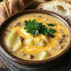 Um eine leckere Käseburger Genuss Suppe zu machen, brauchst du diese Hauptzutaten: - 450 g Rinderhackfleisch - 1 mittelgroße Zwiebel, gehackt - 2 Knoblauchzehen, fein gehackt - 3 mittelgroße Kartoffeln, geschält und gewürfelt - 1 Liter Rinderbrühe - 120 g geriebener Cheddar-Käse - 240 ml Milch - 1 Esslöffel Worcestershire-Sauce - 1 Teelöffel Dijon-Senf - 1 Teelöffel geräuchertes Paprikapulver - Salz und Pfeffer nach Geschmack - 2 Esslöffel Olivenöl - Frische Petersilie, gehackt (zum Garnieren) Diese Zutaten sorgen für den vollen Geschmack der Suppe. Die genauen Mengen sind wichtig für den Geschmack. Wenn du weniger Rinderhackfleisch magst, kannst du 300 g verwenden. Für eine leichtere Variante nimm mageres Hackfleisch. Du kannst die Rinderbrühe auch durch Gemüsebrühe ersetzen, wenn du eine vegetarische Suppe möchtest. Wenn du keinen Cheddar-Käse hast, kann Gouda auch gut schmecken. Für mehr Geschmack kannst du etwas geriebenen Parmesan hinzufügen. Die Auswahl frischer Zutaten macht einen großen Unterschied. Achte darauf, dass das Rinderhackfleisch rot und frisch aussieht. Die Zwiebeln sollten fest und ohne Druckstellen sein. Wähle Kartoffeln, die gleichmäßig geformt sind und keine grünen Flecken haben. Frischer Knoblauch hat eine feste, trockene Schale. Wenn du frische Petersilie kaufst, achte darauf, dass sie lebendig grün und knackig ist. Mit diesen Tipps wählst du die besten Zutaten für die Käseburger Genuss Suppe. Du findest das vollständige Rezept [Full Recipe]. Zuerst sammeln wir alle Zutaten. Du brauchst: - 450 g Rinderhackfleisch - 1 mittelgroße Zwiebel, gehackt - 2 Knoblauchzehen, fein gehackt - 3 mittelgroße Kartoffeln, geschält und gewürfelt - 1 Liter Rinderbrühe - 120 g geriebener Cheddar-Käse - 240 ml Milch - 1 Esslöffel Worcestershire-Sauce - 1 Teelöffel Dijon-Senf - 1 Teelöffel geräuchertes Paprikapulver - Salz und Pfeffer nach Geschmack - 2 Esslöffel Olivenöl - Frische Petersilie, gehackt (zum Garnieren) Wasche und schneide die Kartoffeln. Hacke die Zwiebel und den Knoblauch. Diese Schritte machen den Kochprozess schneller. Beginne mit dem Erhitzen des Olivenöls in einem großen Topf. Du solltest die Hitze auf mittel stellen. Füge die Zwiebel und den Knoblauch hinzu. Brate sie an, bis die Zwiebeln glasig sind. Danach gib das Rinderhackfleisch dazu. Zerkleinere es mit einem Holzlöffel. Brate es an, bis es braun ist. Das dauert etwa 5-7 Minuten. Gieße überschüssiges Fett ab, wenn nötig. Danach kommen die gewürfelten Kartoffeln, die Rinderbrühe, Worcestershire-Sauce, Dijon-Senf, geräuchertes Paprikapulver, Salz und Pfeffer in den Topf. Lass alles aufkochen. Reduziere dann die Hitze und lasse die Mischung köcheln. Bedecke den Topf und koche die Suppe 15-20 Minuten, bis die Kartoffeln weich sind. Die richtige Technik macht den Unterschied. Köcheln ist wichtig, um die Aromen zu verbinden. Es gibt der Suppe Tiefe. Wenn die Kartoffeln weich sind, füge die Milch und den geriebenen Cheddar-Käse hinzu. Rühre um, bis der Käse schmilzt und die Suppe cremig wird. Schmecke die Suppe mit Salz und Pfeffer ab. Lasse sie kurz ruhen, bevor du servierst. Das ist der Schlüssel zu einem tollen Geschmack. Garnieren mit frisch gehackter Petersilie macht das Gericht schön und gibt extra Frische. Für die vollständige Zubereitung schau dir das [Full Recipe] an. Um die Suppe schön cremig zu machen, gibt es einige Tricks. Verwenden Sie mehr Käse. Cheddar ist ideal, aber auch andere Käsesorten passen gut. Fügen Sie die Milch langsam hinzu. So können Sie die Konsistenz besser steuern. Wenn die Suppe zu dünn erscheint, pürieren Sie einen Teil der Kartoffeln. Das macht die Suppe dicker und cremiger. Die richtige Würze macht den Unterschied. Worcestershire-Sauce fügt Tiefe hinzu. Dijon-Senf bringt eine feine Schärfe. Geräuchertes Paprikapulver verleiht ein rauchiges Aroma. Probieren Sie auch frische Kräuter wie Petersilie oder Schnittlauch. Diese geben der Suppe einen frischen Geschmack. Seien Sie nicht schüchtern mit Salz und Pfeffer. Schmecken Sie die Suppe immer wieder ab, um sicherzustellen, dass der Geschmack genau richtig ist. Ein häufiger Fehler ist, die Kartoffeln zu lange zu kochen. Sie sollten weich, aber nicht matschig sein. Ein weiterer Fehler ist, die Milch zu früh hinzuzufügen. Warten Sie, bis die Kartoffeln gar sind. Achten Sie darauf, das Rinderhackfleisch gut anzubraten. So wird der Geschmack intensiver. Wenn die Suppe zu dick ist, fügen Sie einfach etwas Rinderbrühe oder Wasser hinzu. So bleibt sie lecker und cremig. Denken Sie daran, diese Tipps beim Kochen zu befolgen, um die perfekte Käseburger Genuss Suppe zu zaubern. Für mehr Details, schauen Sie sich das [Full Recipe] an. {{image_4}} Wenn Sie eine vegetarische oder vegane Variante der Käseburger Genuss Suppe möchten, gibt es viele Wege. Ersetzen Sie das Rinderhackfleisch durch eine Mischung aus Linsen und Pilzen. Diese sorgen für einen herzhaften Geschmack. Verwenden Sie Gemüsebrühe anstelle von Rinderbrühe. Für den Käse können Sie pflanzliche Käsealternativen nutzen. Achten Sie auf eine gute Konsistenz, damit die Suppe cremig bleibt. Toppings machen die Suppe spannend. Fügen Sie geröstete Zwiebeln oder knusprigen Speck hinzu, um mehr Textur zu bieten. Ein Spritzer Limettensaft bringt Frische. Auch Avocadoscheiben oder Jalapeños können helfen, den Geschmack zu heben. Wenn Sie es scharf mögen, probieren Sie Cayennepfeffer oder eine scharfe Sauce. Vergessen Sie nicht, Käse darüber zu streuen, um das Erlebnis abzurunden. Die Käseburger Genuss Suppe kann leicht saisonal angepasst werden. Im Herbst können Sie Kürbis oder Süßkartoffeln hinzufügen. Diese Zutaten bieten eine süße Note. Im Sommer passen frische Kräuter wie Basilikum oder Koriander gut dazu. Im Winter bringen Wurzelgemüse wie Karotten oder Sellerie mehr Geschmack. Experimentieren Sie mit verschiedenen Zutaten, um neue Aromen zu entdecken. Die Möglichkeiten sind endlos! Nutzen Sie die [Full Recipe], um Ihre eigene Version zu kreieren. Um die Käseburger Genuss Suppe frisch zu halten, lassen Sie sie zuerst abkühlen. Füllen Sie die Suppe dann in einen luftdichten Behälter. Achten Sie darauf, dass der Behälter sauber und trocken ist. So bleibt der Geschmack der Suppe erhalten. Im Kühlschrank hält die Suppe etwa 3 bis 4 Tage. Stellen Sie sicher, dass sie gut verpackt ist. Im Gefrierschrank bleibt die Suppe bis zu 3 Monate frisch. Nutzen Sie gefriergeeignete Behälter oder Beutel. Vergessen Sie nicht, das Datum auf die Verpackung zu schreiben. Um die Suppe wieder aufzuwärmen, verwenden Sie einen Topf oder die Mikrowelle. Wenn Sie die Suppe im Topf aufwärmen, bei mittlerer Hitze rühren. Achten Sie darauf, dass sie gleichmäßig warm wird. Fügen Sie eventuell etwas Milch hinzu, falls die Suppe zu dick ist. Servieren Sie die Suppe heiß und garnieren Sie sie mit frischer Petersilie. So bleibt der Geschmack frisch und ansprechend. Für das volle Geschmackserlebnis, genießen Sie die Suppe mit knusprigem Brot. Die besten Beilagen sind einfach und lecker. Ich empfehle: - Knuspriges Brot oder Baguette - Frischer Salat mit einem leichten Dressing - Gegrillte Käse-Sandwiches für zusätzlichen Käsegeschmack - Chips oder Cracker für etwas Crunch Diese Optionen ergänzen die Suppe hervorragend und machen die Mahlzeit rundum zufriedenstellend. Ja, die Suppe lässt sich gut im Voraus zubereiten. Kochen Sie die Suppe einfach nach dem [Full Recipe]. Lassen Sie sie abkühlen und füllen Sie sie in einen luftdichten Behälter. Sie kann bis zu drei Tage im Kühlschrank aufbewahrt werden. Wenn Sie die Suppe aufwärmen, fügen Sie etwas Milch hinzu, um die Cremigkeit zu erhalten. So schmeckt sie frisch und lecker! Um die Suppe schärfer zu machen, fügen Sie einfach etwas Cayennepfeffer oder scharfe Soße hinzu. Sie können auch frische Jalapeños oder Chilis verwenden. Starten Sie mit einer kleinen Menge und passen Sie den Geschmack an. Für eine mildere Suppe reduzieren Sie die Menge an Worcestershire-Sauce. Sie können auch die Verwendung von geräuchertem Paprikapulver weglassen. So bleibt die Suppe sanft und cremig. Die Käseburger Genuss Suppe ist einfach und lecker. Wir haben die Zutaten besprochen und wie man sie auswählt. Ich habe dir eine Schritt-für-Schritt-Anleitung gegeben, damit du perfekt kochen kannst. Zusätzlich erlernst du nützliche Tipps für den perfekten Geschmack und Variationen, die jeder mag. Schließlich zeigen wir dir, wie du die Suppe richtig lagerst. Mit diesen Kenntnissen wirst du die Suppe immer wieder zubereiten wollen. Probiere die Tipps aus und genieße deine eigene köstliche Suppe!