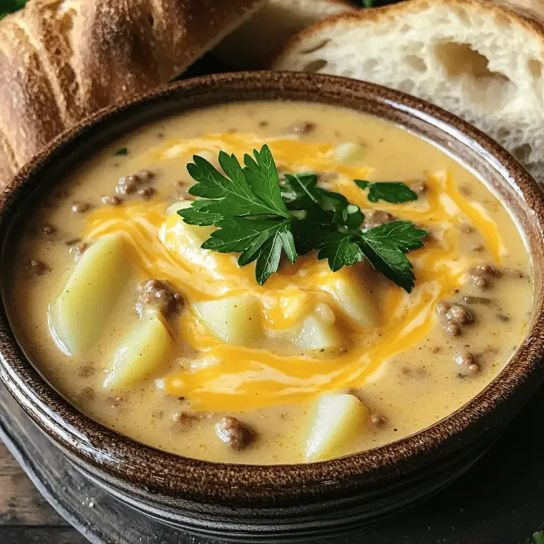 Um eine leckere Käseburger Genuss Suppe zu machen, brauchst du diese Hauptzutaten: - 450 g Rinderhackfleisch - 1 mittelgroße Zwiebel, gehackt - 2 Knoblauchzehen, fein gehackt - 3 mittelgroße Kartoffeln, geschält und gewürfelt - 1 Liter Rinderbrühe - 120 g geriebener Cheddar-Käse - 240 ml Milch - 1 Esslöffel Worcestershire-Sauce - 1 Teelöffel Dijon-Senf - 1 Teelöffel geräuchertes Paprikapulver - Salz und Pfeffer nach Geschmack - 2 Esslöffel Olivenöl - Frische Petersilie, gehackt (zum Garnieren) Diese Zutaten sorgen für den vollen Geschmack der Suppe. Die genauen Mengen sind wichtig für den Geschmack. Wenn du weniger Rinderhackfleisch magst, kannst du 300 g verwenden. Für eine leichtere Variante nimm mageres Hackfleisch. Du kannst die Rinderbrühe auch durch Gemüsebrühe ersetzen, wenn du eine vegetarische Suppe möchtest. Wenn du keinen Cheddar-Käse hast, kann Gouda auch gut schmecken. Für mehr Geschmack kannst du etwas geriebenen Parmesan hinzufügen. Die Auswahl frischer Zutaten macht einen großen Unterschied. Achte darauf, dass das Rinderhackfleisch rot und frisch aussieht. Die Zwiebeln sollten fest und ohne Druckstellen sein. Wähle Kartoffeln, die gleichmäßig geformt sind und keine grünen Flecken haben. Frischer Knoblauch hat eine feste, trockene Schale. Wenn du frische Petersilie kaufst, achte darauf, dass sie lebendig grün und knackig ist. Mit diesen Tipps wählst du die besten Zutaten für die Käseburger Genuss Suppe. Du findest das vollständige Rezept [Full Recipe]. Zuerst sammeln wir alle Zutaten. Du brauchst: - 450 g Rinderhackfleisch - 1 mittelgroße Zwiebel, gehackt - 2 Knoblauchzehen, fein gehackt - 3 mittelgroße Kartoffeln, geschält und gewürfelt - 1 Liter Rinderbrühe - 120 g geriebener Cheddar-Käse - 240 ml Milch - 1 Esslöffel Worcestershire-Sauce - 1 Teelöffel Dijon-Senf - 1 Teelöffel geräuchertes Paprikapulver - Salz und Pfeffer nach Geschmack - 2 Esslöffel Olivenöl - Frische Petersilie, gehackt (zum Garnieren) Wasche und schneide die Kartoffeln. Hacke die Zwiebel und den Knoblauch. Diese Schritte machen den Kochprozess schneller. Beginne mit dem Erhitzen des Olivenöls in einem großen Topf. Du solltest die Hitze auf mittel stellen. Füge die Zwiebel und den Knoblauch hinzu. Brate sie an, bis die Zwiebeln glasig sind. Danach gib das Rinderhackfleisch dazu. Zerkleinere es mit einem Holzlöffel. Brate es an, bis es braun ist. Das dauert etwa 5-7 Minuten. Gieße überschüssiges Fett ab, wenn nötig. Danach kommen die gewürfelten Kartoffeln, die Rinderbrühe, Worcestershire-Sauce, Dijon-Senf, geräuchertes Paprikapulver, Salz und Pfeffer in den Topf. Lass alles aufkochen. Reduziere dann die Hitze und lasse die Mischung köcheln. Bedecke den Topf und koche die Suppe 15-20 Minuten, bis die Kartoffeln weich sind. Die richtige Technik macht den Unterschied. Köcheln ist wichtig, um die Aromen zu verbinden. Es gibt der Suppe Tiefe. Wenn die Kartoffeln weich sind, füge die Milch und den geriebenen Cheddar-Käse hinzu. Rühre um, bis der Käse schmilzt und die Suppe cremig wird. Schmecke die Suppe mit Salz und Pfeffer ab. Lasse sie kurz ruhen, bevor du servierst. Das ist der Schlüssel zu einem tollen Geschmack. Garnieren mit frisch gehackter Petersilie macht das Gericht schön und gibt extra Frische. Für die vollständige Zubereitung schau dir das [Full Recipe] an. Um die Suppe schön cremig zu machen, gibt es einige Tricks. Verwenden Sie mehr Käse. Cheddar ist ideal, aber auch andere Käsesorten passen gut. Fügen Sie die Milch langsam hinzu. So können Sie die Konsistenz besser steuern. Wenn die Suppe zu dünn erscheint, pürieren Sie einen Teil der Kartoffeln. Das macht die Suppe dicker und cremiger. Die richtige Würze macht den Unterschied. Worcestershire-Sauce fügt Tiefe hinzu. Dijon-Senf bringt eine feine Schärfe. Geräuchertes Paprikapulver verleiht ein rauchiges Aroma. Probieren Sie auch frische Kräuter wie Petersilie oder Schnittlauch. Diese geben der Suppe einen frischen Geschmack. Seien Sie nicht schüchtern mit Salz und Pfeffer. Schmecken Sie die Suppe immer wieder ab, um sicherzustellen, dass der Geschmack genau richtig ist. Ein häufiger Fehler ist, die Kartoffeln zu lange zu kochen. Sie sollten weich, aber nicht matschig sein. Ein weiterer Fehler ist, die Milch zu früh hinzuzufügen. Warten Sie, bis die Kartoffeln gar sind. Achten Sie darauf, das Rinderhackfleisch gut anzubraten. So wird der Geschmack intensiver. Wenn die Suppe zu dick ist, fügen Sie einfach etwas Rinderbrühe oder Wasser hinzu. So bleibt sie lecker und cremig. Denken Sie daran, diese Tipps beim Kochen zu befolgen, um die perfekte Käseburger Genuss Suppe zu zaubern. Für mehr Details, schauen Sie sich das [Full Recipe] an. {{image_4}} Wenn Sie eine vegetarische oder vegane Variante der Käseburger Genuss Suppe möchten, gibt es viele Wege. Ersetzen Sie das Rinderhackfleisch durch eine Mischung aus Linsen und Pilzen. Diese sorgen für einen herzhaften Geschmack. Verwenden Sie Gemüsebrühe anstelle von Rinderbrühe. Für den Käse können Sie pflanzliche Käsealternativen nutzen. Achten Sie auf eine gute Konsistenz, damit die Suppe cremig bleibt. Toppings machen die Suppe spannend. Fügen Sie geröstete Zwiebeln oder knusprigen Speck hinzu, um mehr Textur zu bieten. Ein Spritzer Limettensaft bringt Frische. Auch Avocadoscheiben oder Jalapeños können helfen, den Geschmack zu heben. Wenn Sie es scharf mögen, probieren Sie Cayennepfeffer oder eine scharfe Sauce. Vergessen Sie nicht, Käse darüber zu streuen, um das Erlebnis abzurunden. Die Käseburger Genuss Suppe kann leicht saisonal angepasst werden. Im Herbst können Sie Kürbis oder Süßkartoffeln hinzufügen. Diese Zutaten bieten eine süße Note. Im Sommer passen frische Kräuter wie Basilikum oder Koriander gut dazu. Im Winter bringen Wurzelgemüse wie Karotten oder Sellerie mehr Geschmack. Experimentieren Sie mit verschiedenen Zutaten, um neue Aromen zu entdecken. Die Möglichkeiten sind endlos! Nutzen Sie die [Full Recipe], um Ihre eigene Version zu kreieren. Um die Käseburger Genuss Suppe frisch zu halten, lassen Sie sie zuerst abkühlen. Füllen Sie die Suppe dann in einen luftdichten Behälter. Achten Sie darauf, dass der Behälter sauber und trocken ist. So bleibt der Geschmack der Suppe erhalten. Im Kühlschrank hält die Suppe etwa 3 bis 4 Tage. Stellen Sie sicher, dass sie gut verpackt ist. Im Gefrierschrank bleibt die Suppe bis zu 3 Monate frisch. Nutzen Sie gefriergeeignete Behälter oder Beutel. Vergessen Sie nicht, das Datum auf die Verpackung zu schreiben. Um die Suppe wieder aufzuwärmen, verwenden Sie einen Topf oder die Mikrowelle. Wenn Sie die Suppe im Topf aufwärmen, bei mittlerer Hitze rühren. Achten Sie darauf, dass sie gleichmäßig warm wird. Fügen Sie eventuell etwas Milch hinzu, falls die Suppe zu dick ist. Servieren Sie die Suppe heiß und garnieren Sie sie mit frischer Petersilie. So bleibt der Geschmack frisch und ansprechend. Für das volle Geschmackserlebnis, genießen Sie die Suppe mit knusprigem Brot. Die besten Beilagen sind einfach und lecker. Ich empfehle: - Knuspriges Brot oder Baguette - Frischer Salat mit einem leichten Dressing - Gegrillte Käse-Sandwiches für zusätzlichen Käsegeschmack - Chips oder Cracker für etwas Crunch Diese Optionen ergänzen die Suppe hervorragend und machen die Mahlzeit rundum zufriedenstellend. Ja, die Suppe lässt sich gut im Voraus zubereiten. Kochen Sie die Suppe einfach nach dem [Full Recipe]. Lassen Sie sie abkühlen und füllen Sie sie in einen luftdichten Behälter. Sie kann bis zu drei Tage im Kühlschrank aufbewahrt werden. Wenn Sie die Suppe aufwärmen, fügen Sie etwas Milch hinzu, um die Cremigkeit zu erhalten. So schmeckt sie frisch und lecker! Um die Suppe schärfer zu machen, fügen Sie einfach etwas Cayennepfeffer oder scharfe Soße hinzu. Sie können auch frische Jalapeños oder Chilis verwenden. Starten Sie mit einer kleinen Menge und passen Sie den Geschmack an. Für eine mildere Suppe reduzieren Sie die Menge an Worcestershire-Sauce. Sie können auch die Verwendung von geräuchertem Paprikapulver weglassen. So bleibt die Suppe sanft und cremig. Die Käseburger Genuss Suppe ist einfach und lecker. Wir haben die Zutaten besprochen und wie man sie auswählt. Ich habe dir eine Schritt-für-Schritt-Anleitung gegeben, damit du perfekt kochen kannst. Zusätzlich erlernst du nützliche Tipps für den perfekten Geschmack und Variationen, die jeder mag. Schließlich zeigen wir dir, wie du die Suppe richtig lagerst. Mit diesen Kenntnissen wirst du die Suppe immer wieder zubereiten wollen. Probiere die Tipps aus und genieße deine eigene köstliche Suppe!