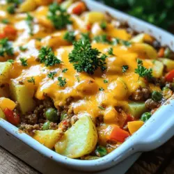 Die Hauptzutaten machen dieses Gericht besonders lecker. Hier ist, was du brauchst: - 450 g Rinderhackfleisch - 1 mittelgroße Zwiebel, gewürfelt - 2 Knoblauchzehen, gehackt - 3 mittelgroße Kartoffeln, gewürfelt - 2 Tassen gemischtes Gemüse (Karotten, Erbsen, Mais) - 1 Dose (425 g) gewürfelte Tomaten, unverdünnt - 240 ml Rinderbrühe - 1 Esslöffel Worcestershiresauce Die Gewürze bringen den Geschmack zum Leben. Hier sind die wichtigsten: - 1 Teelöffel getrockneter Thymian - 1 Teelöffel Paprika - Salz und Pfeffer nach Geschmack Diese Gewürze geben der Hobo Casserole eine herzhaft-würzige Note. Du kannst die Menge nach deinem Geschmack anpassen. Ein paar optionale Zutaten können das Gericht noch besser machen. Du kannst hinzufügen: - 100 g geriebener Cheddarkäse - Weitere Gemüsesorten wie Brokkoli oder Zucchini Käse ist eine tolle Ergänzung, um das Gericht cremiger zu machen. Du kannst die Hobo Casserole ganz nach deinem Geschmack gestalten. Für das vollständige Rezept schaue dir bitte die Anleitung für Hobo Casserole Delight an. Beginne mit der Vorbereitung. Du brauchst 15 Minuten für den Schnitt und die Vorbereitung. Hier sind die Zutaten, die du benötigst: - 450 g Rinderhackfleisch - 1 mittelgroße Zwiebel, gewürfelt - 2 Knoblauchzehen, gehackt - 3 mittelgroße Kartoffeln, gewürfelt - 2 Tassen gemischtes Gemüse (Karotten, Erbsen, Mais) - 1 Dose (425 g) gewürfelte Tomaten, unverdünnt - 240 ml Rinderbrühe - 1 Esslöffel Worcestershiresauce - 1 Teelöffel getrockneter Thymian - 1 Teelöffel Paprika - Salz und Pfeffer nach Geschmack - 100 g geriebener Cheddarkäse Stelle sicher, dass alles bereit ist, bevor du anfängst. So sparst du Zeit und der Kochprozess wird einfacher. Erhitze eine große Pfanne bei mittlerer Hitze. Gib das Rinderhackfleisch hinein. Brate es, bis es gleichmäßig braun ist. Gieße überschüssiges Fett ab. Füge dann die gewürfelte Zwiebel und den gehackten Knoblauch hinzu. Brate alles an, bis die Zwiebel weich ist. Das dauert etwa 3 bis 4 Minuten. Jetzt ist es Zeit für das Gemüse. In einer großen Schüssel kombinierst du die gewürfelten Kartoffeln, das gemischte Gemüse, die unverdünnten gewürfelten Tomaten, die Rinderbrühe, die Worcestershiresauce, den Thymian und die Paprika. Mische alles gut zusammen und würze mit Salz und Pfeffer. Gib die gesamte Mischung in eine gefettete Auflaufform. Verteile alles gleichmäßig. Decke die Form mit Aluminiumfolie ab. Backe den Auflauf 45 Minuten lang im vorgeheizten Ofen bei 190°C (375°F). Nach 45 Minuten nimm die Folie ab. Streue den geriebenen Cheddarkäse gleichmäßig darüber. Backe den Auflauf weitere 15 Minuten ohne Deckel. Der Käse sollte geschmolzen und sprudelnd sein. Lass den Auflauf ein paar Minuten abkühlen, bevor du ihn servierst. Du kannst mehr über dieses Rezept in der [Full Recipe] finden. Um die perfekte Hobo Casserole zu machen, achte auf die Reihenfolge der Zutaten. Brate das Rinderhackfleisch gut an. Es sollte braun und krümelig sein. Achte darauf, die Zwiebeln und den Knoblauch nicht zu verbrennen. Sie geben viel Geschmack. Die Kartoffeln müssen gleichmäßig gewürfelt sein, so garen sie gleichmäßig. Wenn du die Mischung in die Form gibst, drücke sie leicht an. So bleibt alles zusammen. Du kannst Hobo Casserole leicht im Voraus zubereiten. Bereite die Mischung einfach einen Tag vorher zu. Decke die Form gut ab und stelle sie in den Kühlschrank. Am nächsten Tag musst du sie nur noch backen. Zum Wiedererwärmen, stelle den Auflauf in den Ofen bei 180°C. Decke ihn mit Folie ab, um ein Austrocknen zu verhindern. So bleibt er saftig und lecker. Um mehr Geschmack hinzuzufügen, experimentiere mit Gewürzen. Füge geräucherte Paprika oder etwas Cayennepfeffer hinzu. Das gibt einen tollen Kick. Du kannst auch frische Kräuter wie Thymian oder Rosmarin verwenden. Für mehr Textur, probiere verschiedene Gemüsearten aus. Zucchini oder Paprika passen gut dazu. Wenn du Käse magst, füge mehr Käse in die Mischung. Das macht alles cremiger und geschmackvoller. So wird deine Hobo Casserole immer ein Hit! {{image_4}} Für die vegetarische Hobo Casserole ersetzen Sie das Rinderhackfleisch durch eine Mischung aus Bohnen. Sie können schwarze Bohnen, Kichererbsen oder Linsen verwenden. Diese Hülsenfrüchte sind reich an Proteinen und fügen einen tollen Geschmack hinzu. Kombinieren Sie sie mit den gleichen Gemüse und Gewürzen aus dem Originalrezept. Die Zubereitung bleibt gleich. Dies macht das Gericht leicht und gesund. Wenn Sie das Fleisch wechseln möchten, probieren Sie Hähnchen oder Pute. Diese Fleischsorten sind mager und passen gut zu den anderen Zutaten. Sie können auch Wurst oder Hackfleisch aus dem Schwein verwenden, um mehr Geschmack zu erhalten. Achten Sie darauf, das Fleisch vorher zu braten, damit es gut durchgegart ist. Das gibt der Casserole eine neue Note und macht sie spannend. Nutzen Sie frisches, saisonales Gemüse für Ihre Hobo Casserole. Im Frühling sind Spargel und Erbsen großartig. Im Sommer können Sie Zucchini und Paprika hinzufügen. Im Herbst passen Kürbis und Süßkartoffeln perfekt. Im Winter sind Karotten und Rosenkohl eine tolle Wahl. Experimentieren Sie mit verschiedenen Gemüsesorten für neue Aromen und Farben. Es macht das Essen nicht nur lecker, sondern auch gesund. Hobo Casserole ist einfach zu lagern. Lassen Sie den Auflauf zuerst abkühlen. Nach dem Abkühlen können Sie ihn in einem luftdichten Behälter aufbewahren. Er bleibt frisch für etwa drei bis vier Tage im Kühlschrank. Achten Sie darauf, die Reste gut abzudecken, um Austrocknen zu verhindern. Das Einfrieren von Hobo Casserole ist eine tolle Möglichkeit, Reste zu nutzen. Teilen Sie den Auflauf in Portionen. Legen Sie jede Portion in einen gefrierfreundlichen Behälter oder in einen Gefrierbeutel. So bleibt der Auflauf bis zu drei Monate haltbar. Vergessen Sie nicht, das Datum auf den Behältern zu vermerken. Zum Auftauen stellen Sie den Behälter einfach über Nacht in den Kühlschrank. Achten Sie auf die Haltbarkeit. Wenn der Auflauf unangenehm riecht oder die Farbe sich verändert hat, entsorgen Sie ihn. Wenn Sie Reste aufwärmen, stellen Sie sicher, dass sie auf mindestens 74°C erhitzt werden. Das tötet mögliche Bakterien ab und macht das Essen sicher. Genießen Sie Hobo Casserole in vielen leckeren Varianten, auch nach einigen Tagen! Das Backen der Hobo Casserole dauert insgesamt etwa 1 Stunde. Du backst sie zuerst 45 Minuten mit Folie und dann 15 Minuten ohne. Der Käse sollte schön schmelzen und blubbern. Ja, du kannst die Hobo Casserole auch auf dem Grill zubereiten. Verwende eine hitzebeständige Auflaufform. Stelle die Form auf den Grill, wenn die Temperatur hoch genug ist. Die Garzeit bleibt ähnlich, achte darauf, dass alles gut durchgegart ist. Zu Hobo Casserole passen viele Beilagen. Ich empfehle rustikales Brot oder einen frischen Salat. Auch gedämpftes Gemüse ist eine gute Wahl. Diese Beilagen ergänzen das herzhaftes Gericht perfekt. Hobo Casserole ist ein einfaches und nahrhaftes Gericht. Wir haben die Hauptzutaten und Gewürze besprochen. Die Schritt-für-Schritt-Anleitung zeigt, wie man es zubereitet. Tipps helfen, den Auflauf perfekt zu machen. Variationen bieten spannende Optionen für jeden Geschmack. Schließlich haben wir die Lagerung und häufige Fragen behandelt. Nutze diese Tipps für ein tolles Kocherlebnis!