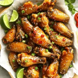 - 900 g Hähnchenflügel - 60 ml Honig - 60 ml Sojasauce - 30 ml Sriracha (nach Schärfevorliebe anpassen) - 1 Esslöffel Knoblauchpulver - 1 Esslöffel Ingwerpulver - 1 Teelöffel Paprika - 1/2 Teelöffel schwarzer Pfeffer - 1 Esslöffel Sesamöl - 1 Esslöffel gehackte Frühlingszwiebeln - 1 Esslöffel Sesamsamen Für diese süßen und würzigen Hähnchenflügel nutze ich frische Zutaten. Die Hähnchenflügel sind das Herzstück des Rezepts. Sie bringen viel Geschmack und sind perfekt zum Teilen. Die Marinade aus Honig, Sojasauce und Sriracha gibt den Flügeln den besonderen Kick. Knoblauch- und Ingwerpulver sorgen für einen tollen Duft. Die Garnitur mit Frühlingszwiebeln und Sesamsamen macht das Gericht noch schöner. Das Auge isst ja bekanntlich mit! Bei der Vorbereitung ist es wichtig, dass alle Zutaten frisch sind. So erzielen wir den besten Geschmack. Wenn Sie die Flügel zubereiten, denken Sie daran, die Marinade gut zu mischen. Das vollständige Rezept finden Sie in der vorherigen Sektion. Zuerst spülen Sie die Hähnchenflügel unter kaltem Wasser ab. Dies entfernt Schmutz und Bakterien. Dann tupfen Sie sie mit Küchenpapier trocken. Diese Schritte helfen, die Haut knusprig zu machen. Für die Marinade nehmen Sie eine große Rührschüssel. Fügen Sie Honig, Sojasauce und Sriracha hinzu. Rühren Sie dann Knoblauchpulver, Ingwerpulver, Paprika und schwarzen Pfeffer unter. Zum Schluss geben Sie das Sesamöl dazu. Mischen Sie alles gut mit einem Schneebesen. Ihre Marinade sollte jetzt schön glänzen und duften. Heizen Sie den Ofen auf 220°C vor. Decken Sie ein Backblech mit Alufolie ab. Legen Sie einen Drahtgitterrost darauf. Dies sorgt für gleichmäßiges Garen. Arrangieren Sie die marinierten Hähnchenflügel in einer Schicht auf dem Rost. Backen Sie sie für 25-30 Minuten. Wenden Sie die Flügel nach der Hälfte der Zeit. So werden sie von allen Seiten knusprig. Nach dem Backen bestreichen Sie die Flügel mit der restlichen Marinade. Geben Sie sie für weitere 5 Minuten in den Ofen. Garnieren Sie die Flügel mit Frühlingszwiebeln und Sesamsamen. Servieren Sie sie warm für einen tollen Genuss. Um die Hähnchenflügel knusprig zu machen, ist die richtige Vorbereitung wichtig. Spülen Sie die Flügel gründlich ab und tupfen Sie sie trocken. Feuchtigkeit lässt die Haut weich werden. Ein weiterer Trick ist, die Flügel auf einem Drahtgitter zu backen. So kann die Luft zirkulieren und die Haut wird gleichmäßig knusprig. Die Marinierzeit ist entscheidend für den Geschmack. Ich empfehle, die Flügel mindestens eine Stunde zu marinieren. Noch besser ist es, sie über Nacht im Kühlschrank zu lassen. So ziehen die Aromen tief in das Fleisch ein. Sie werden den Unterschied in jedem Biss schmecken! Beim Wenden der Hähnchenflügel ist Geduld gefragt. Wenden Sie die Flügel nach der Hälfte der Backzeit. So werden sie von allen Seiten knusprig. Wenn die Flügel fast fertig sind, nehmen Sie sie aus dem Ofen. Bestreichen Sie sie dann mit der restlichen Marinade. So erhalten sie einen schönen Glanz und zusätzlichen Geschmack. Lassen Sie die Flügel für fünf Minuten im Ofen, um die Glasur zu setzen. Für mehr Details und die vollständige Zubereitung schauen Sie sich das [Full Recipe] an. {{image_4}} Wenn Sie die Schärfe anpassen möchten, gibt es viele Optionen. Verwenden Sie weniger Sriracha für milde Flügel. Für mehr Hitze, fügen Sie mehr Sriracha hinzu. Sie können auch andere scharfe Saucen ausprobieren, wie Tabasco oder Chiliöl. Diese Variationen geben den Flügeln einen neuen Kick. Experimentieren Sie mit verschiedenen Geschmacksrichtungen, um Ihre perfekte Mischung zu finden. Zusätzlich zur Marinade können Sie verschiedene Glasuren verwenden. Eine BBQ-Sauce bietet eine süße, rauchige Note. Eine Teriyaki-Sauce kann ebenfalls verwendet werden. Diese Saucen verleihen den Flügeln eine andere Dimension. Für eine asiatische Note, probieren Sie eine Mischung aus Honig und Sojasauce. Diese Glasuren machen die Flügel noch leckerer und interessanter. Frittierte Hähnchenflügel sind besonders knusprig und saftig. Wenn Sie die Flügel frittieren möchten, erhitzen Sie Öl in einem großen Topf. Die Flügel sollten goldbraun sein, wenn sie fertig sind. Frittieren Sie sie etwa 8 bis 10 Minuten. Die Marinade bleibt beim Frittieren sehr gut haften. Dies bietet eine tolle Textur und einen intensiven Geschmack. Für das vollständige Rezept, schauen Sie sich das [Full Recipe] an. Hähnchenflügel können leicht verderben, wenn sie nicht richtig gelagert werden. Lassen Sie die Flügel zuerst auf Raumtemperatur abkühlen. Dann legen Sie sie in einen luftdichten Behälter. Dies hilft, die Feuchtigkeit zu bewahren. Sie können die Flügel bis zu drei Tage im Kühlschrank aufbewahren. Wenn Sie die Flügel länger aufbewahren möchten, frieren Sie sie ein. Legen Sie die abgekühlten Flügel in einen Gefrierbeutel. Drücken Sie die Luft vor dem Versiegeln heraus. So bleibt der Geschmack frisch. Gefrorene Hähnchenflügel sind bis zu drei Monate haltbar. Um die Flügel wieder warm zu machen, heizen Sie den Ofen auf 180 Grad vor. Legen Sie die Flügel auf ein Backblech. Backen Sie sie für etwa 15 Minuten. Dies hilft, die Knusprigkeit zu erhalten. Alternativ können Sie die Flügel in der Mikrowelle aufwärmen, aber sie werden weniger knusprig sein. Die Hähnchenflügel sollten mindestens 1 Stunde mariniert werden. Wenn Sie Zeit haben, lassen Sie sie über Nacht im Kühlschrank. So ziehen die Aromen besser ein. Diese Marinierzeit macht die Flügel noch köstlicher. Ja, Sie können die Hähnchenflügel in der Luftfritteuse zubereiten. Stellen Sie die Temperatur auf 200°C ein. Lassen Sie die Flügel etwa 25-30 Minuten garen. Wenden Sie sie einmal während des Garens. Die Luftfritteuse macht sie schön knusprig und spart Zeit. Zu diesen Flügeln passen viele Beilagen. Hier sind einige Ideen: - Karotten- und Selleriesticks mit Ranch-Dressing - Ein einfacher grüner Salat - Knusprige Pommes frites oder Süßkartoffel-Pommes - Reis oder Quinoa als gesunde Beilage Diese Beilagen ergänzen den süßen und würzigen Geschmack der Hähnchenflügel perfekt. Zusammenfassend haben wir die wichtigsten Zutaten, die Schritt-für-Schritt-Anleitung und nützliche Tipps für köstliche Hähnchenflügel behandelt. Du kannst verschiedene Marinaden verwenden und kreative Variationen ausprobieren. Gute Lagerung hilft dir, die Flügel frisch zu halten. Denke daran, deine Flügel richtig zu marinieren und knusprig zu backen. Mit diesen Ideen wird dein Gericht garantiert ein Erfolg. Bereite die Hähnchenflügel mit Freude zu und genieße jeden Bissen!
