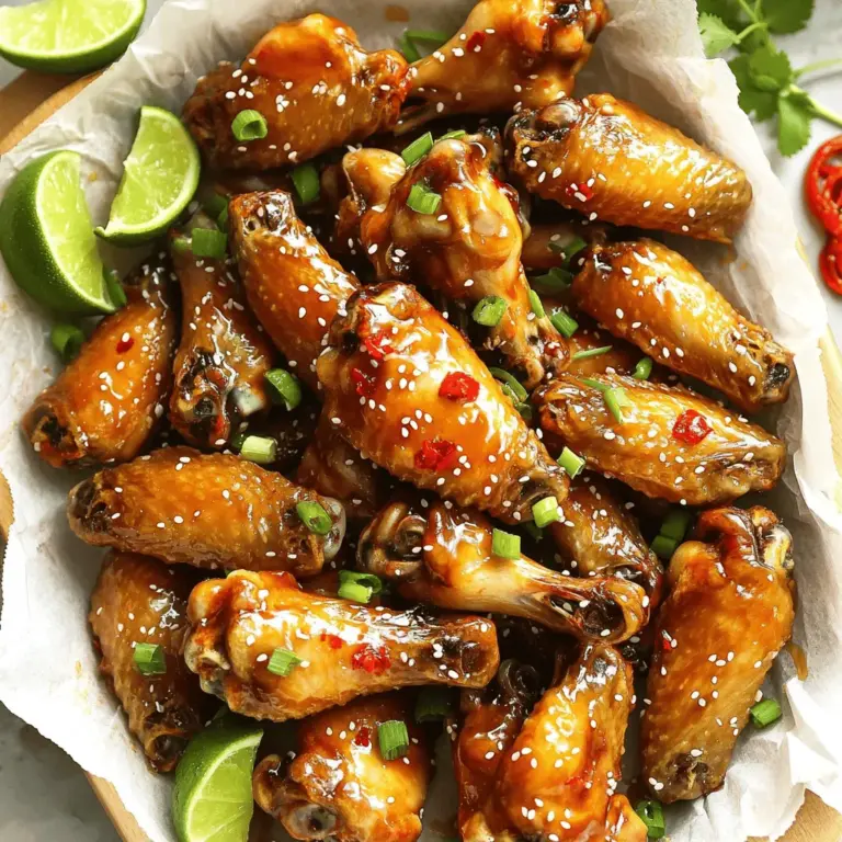 - 900 g Hähnchenflügel - 60 ml Honig - 60 ml Sojasauce - 30 ml Sriracha (nach Schärfevorliebe anpassen) - 1 Esslöffel Knoblauchpulver - 1 Esslöffel Ingwerpulver - 1 Teelöffel Paprika - 1/2 Teelöffel schwarzer Pfeffer - 1 Esslöffel Sesamöl - 1 Esslöffel gehackte Frühlingszwiebeln - 1 Esslöffel Sesamsamen Für diese süßen und würzigen Hähnchenflügel nutze ich frische Zutaten. Die Hähnchenflügel sind das Herzstück des Rezepts. Sie bringen viel Geschmack und sind perfekt zum Teilen. Die Marinade aus Honig, Sojasauce und Sriracha gibt den Flügeln den besonderen Kick. Knoblauch- und Ingwerpulver sorgen für einen tollen Duft. Die Garnitur mit Frühlingszwiebeln und Sesamsamen macht das Gericht noch schöner. Das Auge isst ja bekanntlich mit! Bei der Vorbereitung ist es wichtig, dass alle Zutaten frisch sind. So erzielen wir den besten Geschmack. Wenn Sie die Flügel zubereiten, denken Sie daran, die Marinade gut zu mischen. Das vollständige Rezept finden Sie in der vorherigen Sektion. Zuerst spülen Sie die Hähnchenflügel unter kaltem Wasser ab. Dies entfernt Schmutz und Bakterien. Dann tupfen Sie sie mit Küchenpapier trocken. Diese Schritte helfen, die Haut knusprig zu machen. Für die Marinade nehmen Sie eine große Rührschüssel. Fügen Sie Honig, Sojasauce und Sriracha hinzu. Rühren Sie dann Knoblauchpulver, Ingwerpulver, Paprika und schwarzen Pfeffer unter. Zum Schluss geben Sie das Sesamöl dazu. Mischen Sie alles gut mit einem Schneebesen. Ihre Marinade sollte jetzt schön glänzen und duften. Heizen Sie den Ofen auf 220°C vor. Decken Sie ein Backblech mit Alufolie ab. Legen Sie einen Drahtgitterrost darauf. Dies sorgt für gleichmäßiges Garen. Arrangieren Sie die marinierten Hähnchenflügel in einer Schicht auf dem Rost. Backen Sie sie für 25-30 Minuten. Wenden Sie die Flügel nach der Hälfte der Zeit. So werden sie von allen Seiten knusprig. Nach dem Backen bestreichen Sie die Flügel mit der restlichen Marinade. Geben Sie sie für weitere 5 Minuten in den Ofen. Garnieren Sie die Flügel mit Frühlingszwiebeln und Sesamsamen. Servieren Sie sie warm für einen tollen Genuss. Um die Hähnchenflügel knusprig zu machen, ist die richtige Vorbereitung wichtig. Spülen Sie die Flügel gründlich ab und tupfen Sie sie trocken. Feuchtigkeit lässt die Haut weich werden. Ein weiterer Trick ist, die Flügel auf einem Drahtgitter zu backen. So kann die Luft zirkulieren und die Haut wird gleichmäßig knusprig. Die Marinierzeit ist entscheidend für den Geschmack. Ich empfehle, die Flügel mindestens eine Stunde zu marinieren. Noch besser ist es, sie über Nacht im Kühlschrank zu lassen. So ziehen die Aromen tief in das Fleisch ein. Sie werden den Unterschied in jedem Biss schmecken! Beim Wenden der Hähnchenflügel ist Geduld gefragt. Wenden Sie die Flügel nach der Hälfte der Backzeit. So werden sie von allen Seiten knusprig. Wenn die Flügel fast fertig sind, nehmen Sie sie aus dem Ofen. Bestreichen Sie sie dann mit der restlichen Marinade. So erhalten sie einen schönen Glanz und zusätzlichen Geschmack. Lassen Sie die Flügel für fünf Minuten im Ofen, um die Glasur zu setzen. Für mehr Details und die vollständige Zubereitung schauen Sie sich das [Full Recipe] an. {{image_4}} Wenn Sie die Schärfe anpassen möchten, gibt es viele Optionen. Verwenden Sie weniger Sriracha für milde Flügel. Für mehr Hitze, fügen Sie mehr Sriracha hinzu. Sie können auch andere scharfe Saucen ausprobieren, wie Tabasco oder Chiliöl. Diese Variationen geben den Flügeln einen neuen Kick. Experimentieren Sie mit verschiedenen Geschmacksrichtungen, um Ihre perfekte Mischung zu finden. Zusätzlich zur Marinade können Sie verschiedene Glasuren verwenden. Eine BBQ-Sauce bietet eine süße, rauchige Note. Eine Teriyaki-Sauce kann ebenfalls verwendet werden. Diese Saucen verleihen den Flügeln eine andere Dimension. Für eine asiatische Note, probieren Sie eine Mischung aus Honig und Sojasauce. Diese Glasuren machen die Flügel noch leckerer und interessanter. Frittierte Hähnchenflügel sind besonders knusprig und saftig. Wenn Sie die Flügel frittieren möchten, erhitzen Sie Öl in einem großen Topf. Die Flügel sollten goldbraun sein, wenn sie fertig sind. Frittieren Sie sie etwa 8 bis 10 Minuten. Die Marinade bleibt beim Frittieren sehr gut haften. Dies bietet eine tolle Textur und einen intensiven Geschmack. Für das vollständige Rezept, schauen Sie sich das [Full Recipe] an. Hähnchenflügel können leicht verderben, wenn sie nicht richtig gelagert werden. Lassen Sie die Flügel zuerst auf Raumtemperatur abkühlen. Dann legen Sie sie in einen luftdichten Behälter. Dies hilft, die Feuchtigkeit zu bewahren. Sie können die Flügel bis zu drei Tage im Kühlschrank aufbewahren. Wenn Sie die Flügel länger aufbewahren möchten, frieren Sie sie ein. Legen Sie die abgekühlten Flügel in einen Gefrierbeutel. Drücken Sie die Luft vor dem Versiegeln heraus. So bleibt der Geschmack frisch. Gefrorene Hähnchenflügel sind bis zu drei Monate haltbar. Um die Flügel wieder warm zu machen, heizen Sie den Ofen auf 180 Grad vor. Legen Sie die Flügel auf ein Backblech. Backen Sie sie für etwa 15 Minuten. Dies hilft, die Knusprigkeit zu erhalten. Alternativ können Sie die Flügel in der Mikrowelle aufwärmen, aber sie werden weniger knusprig sein. Die Hähnchenflügel sollten mindestens 1 Stunde mariniert werden. Wenn Sie Zeit haben, lassen Sie sie über Nacht im Kühlschrank. So ziehen die Aromen besser ein. Diese Marinierzeit macht die Flügel noch köstlicher. Ja, Sie können die Hähnchenflügel in der Luftfritteuse zubereiten. Stellen Sie die Temperatur auf 200°C ein. Lassen Sie die Flügel etwa 25-30 Minuten garen. Wenden Sie sie einmal während des Garens. Die Luftfritteuse macht sie schön knusprig und spart Zeit. Zu diesen Flügeln passen viele Beilagen. Hier sind einige Ideen: - Karotten- und Selleriesticks mit Ranch-Dressing - Ein einfacher grüner Salat - Knusprige Pommes frites oder Süßkartoffel-Pommes - Reis oder Quinoa als gesunde Beilage Diese Beilagen ergänzen den süßen und würzigen Geschmack der Hähnchenflügel perfekt. Zusammenfassend haben wir die wichtigsten Zutaten, die Schritt-für-Schritt-Anleitung und nützliche Tipps für köstliche Hähnchenflügel behandelt. Du kannst verschiedene Marinaden verwenden und kreative Variationen ausprobieren. Gute Lagerung hilft dir, die Flügel frisch zu halten. Denke daran, deine Flügel richtig zu marinieren und knusprig zu backen. Mit diesen Ideen wird dein Gericht garantiert ein Erfolg. Bereite die Hähnchenflügel mit Freude zu und genieße jeden Bissen!