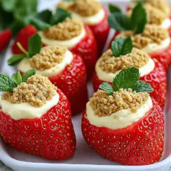 Um die leckeren Käsekuchen gefüllten Erdbeeren zuzubereiten, benötigst du: - 12 große Erdbeeren - 120 g Frischkäse, weich - 2 Esslöffel Puderzucker - 1 Teelöffel Vanilleextrakt - 60 ml saure Sahne - 60 ml zerdrückte Graham-Cracker - Frische Minzblätter zur Garnitur Diese Zutaten bilden die Basis für die cremige Füllung. Der Frischkäse gibt den Käsekuchen-Geschmack. Puderzucker sorgt für die Süße, und die Vanille bringt ein tolles Aroma. Saure Sahne macht die Füllung schön glatt und frisch. Wenn du etwas Abwechslung willst, kannst du diese Zutaten hinzufügen: - Schokoladenstückchen für einen schokoladigen Kick - Zimt für einen warmen Geschmack - Frische Limettenschale für etwas Frische Diese Ergänzungen geben deiner Füllung eine persönliche Note. Experimentiere, um deinen Favoriten zu finden. Wähle für dieses Rezept die besten Erdbeeren aus: - Achte auf leuchtend rote Farbe ohne grüne Stellen. - Die Erdbeeren sollten fest, aber nicht zu hart sein. - Duften sie süß? Das ist ein gutes Zeichen! Frische Erdbeeren sind der Schlüssel zum Erfolg. Sie geben dem Gericht den besten Geschmack und die schönste Präsentation. Zuerst spülen Sie die Erdbeeren unter kaltem Wasser ab. Trocknen Sie sie mit einem Papiertuch. Schneiden Sie die Spitzen vorsichtig ab. Höhlen Sie die Innenseiten mit einem kleinen Löffel aus. Achten Sie darauf, den Boden nicht zu durchstechen. So bleibt die Erdbeere stabil. In einer Rührschüssel vermengen Sie den weichen Frischkäse, Puderzucker, Vanilleextrakt und saure Sahne. Nutzen Sie einen elektrischen Mixer, um die Mischung glatt zu schlagen. Sie sollte cremig und luftig sein. Achten Sie darauf, dass keine Klumpen bleiben. Diese Füllung macht die Erdbeeren besonders lecker. Füllen Sie jede ausgehöhlte Erdbeere mit der Käsekuchen-Mischung. Nutzen Sie einen Spritzbeutel oder einen kleinen Löffel. So geht das Befüllen einfach. Tauchen Sie die Oberseite in zerdrückte Graham-Cracker. So bekommt die Erdbeere die perfekte knusprige Note. Arrangieren Sie die gefüllten Erdbeeren auf einem Teller. Garnieren Sie sie mit frischen Minzblättern für Farbe und Frische. Stellen Sie die Erdbeeren für 20 Minuten in den Kühlschrank. So vermischen sich die Aromen gut. Genießen Sie Ihre leckeren Käsekuchen gefüllten Erdbeeren! Um Ihre Cheesecake Deviled Strawberries schön aussehen zu lassen, achten Sie auf die Größe der Erdbeeren. Wählen Sie große, reife Erdbeeren, die fest sind. Diese Erdbeeren sollten eine gleichmäßige Form haben. Schneiden Sie die Spitzen sauber ab, damit sie gut stehen. Die Füllung sollte gleichmäßig und schön aussehen. Verwenden Sie einen Spritzbeutel für eine saubere Technik. Die Füllung ist der Schlüssel zu diesen leckeren Erdbeeren. Mischen Sie den Frischkäse, Puderzucker, Vanilleextrakt und die saure Sahne gut in einer Schüssel. Nutzen Sie einen elektrischen Mixer für die beste Konsistenz. Achten Sie darauf, dass die Mischung ganz glatt ist. So wird die Füllung leicht in die Erdbeeren zu bringen. Verwenden Sie einen kleinen Löffel oder einen Spritzbeutel, um die Füllung gleichmäßig zu verteilen. Beim Befüllen kann es zu kleinen Problemen kommen. Wenn die Füllung zu flüssig ist, wird sie herauslaufen. Achten Sie darauf, dass der Frischkäse weich, aber nicht zu warm ist. Wenn die Erdbeeren zu weich sind, halten sie die Füllung nicht gut. Achten Sie darauf, die Erdbeeren nicht zu tief auszuhöhlen. Das kann dazu führen, dass sie brechen. Wenn die Füllung überläuft, können Sie einfach mehr Graham-Cracker darüber streuen. Für das vollständige Rezept, schauen Sie sich das [Full Recipe] an. {{image_4}} Wenn Sie Schokolade lieben, probieren Sie diese Variation. Mischen Sie 30 g geschmolzene Schokolade in die Käsekuchen-Füllung. Das gibt den Erdbeeren eine reichhaltige, schokoladige Note. Füllen Sie die Erdbeeren wie gewohnt und tauchen Sie sie dann in Schokoladensplitter für einen extra Crunch. Diese süße Kombination ist ein Hit bei Kindern und Erwachsenen. Erdbeeren sind großartig, aber andere Beeren bringen neue Aromen. Himbeeren, Blaubeeren oder sogar Brombeeren sind tolle Alternativen. Verwenden Sie die gleichen Zutaten, aber variieren Sie die Beeren. Jede Beere hat ihren eigenen Geschmack, der die Füllung einzigartig macht. Mischen Sie verschiedene Beeren für einen bunten, fruchtigen Teller. Für eine vegane Version ersetzen Sie den Frischkäse durch veganen Frischkäse oder Cashew-Creme. Mixen Sie die Cashews mit etwas Zitronensaft und einem Esslöffel Ahornsirup. Das ergibt eine cremige und leckere Füllung. Verwenden Sie pflanzliche Sahne, um die Füllung geschmeidig zu machen. Diese Option schmeckt einfach köstlich und ist für alle geeignet. Probieren Sie diese Variationen aus und entdecken Sie neue Geschmackserlebnisse! Für das vollständige Rezept, schauen Sie sich das [Full Recipe] an. Um die gefüllten Erdbeeren frisch zu halten, lege sie in einen luftdichten Behälter. Stelle sicher, dass die Erdbeeren nicht übereinander liegen. Dies hilft, Druckstellen zu vermeiden. Bewahre den Behälter im Kühlschrank auf. So bleiben die Erdbeeren knackig und die Füllung cremig. Gefüllte Erdbeeren sind im Kühlschrank etwa zwei Tage haltbar. Nach zwei Tagen kann die Füllung wässrig werden. Die Erdbeeren selbst verlieren ihre Frische. Es ist am besten, sie am Tag der Zubereitung zu essen. So schmecken sie am besten. Du kannst die Füllung einen Tag vorher zubereiten. Bewahre sie in einem separaten Behälter im Kühlschrank auf. Fülle die Erdbeeren erst kurz vor dem Servieren. So bleiben sie frisch und sehen toll aus. Wenn du die Erdbeeren im Voraus füllst, achte darauf, sie schnell zu essen. Käsekuchen gefüllte Erdbeeren halten im Kühlschrank etwa 1 bis 2 Tage. Am besten sind sie frisch. Nach zwei Tagen können sie weich werden. Lagern Sie sie in einem luftdichten Behälter. So bleiben sie länger frisch und lecker. Ja, Sie können Frischkäse durch griechischen Joghurt ersetzen. Der Joghurt gibt einen anderen Geschmack. Die Füllung wird dabei leichter und frischer. Achten Sie darauf, den Joghurt gut abzutropfen. So wird die Füllung nicht zu wässrig. Neben Erdbeeren können Sie auch Himbeeren oder Blaubeeren verwenden. Diese Früchte haben einen tollen Geschmack. Sie sind auch in der Größe passend. Probieren Sie auch Ananas oder Kiwi für einen fruchtigen Twist. Käsekuchen gefüllte Erdbeeren sind einfach und lecker. Wir haben die besten Zutaten, eine Schritt-für-Schritt-Anleitung und viele Tipps geteilt. Du weißt jetzt, wie du die perfekten Erdbeeren auswählst und schön garnierst. Zudem hast du Möglichkeiten für Variationen kennengelernt. Denke an die Lagerung, damit sie frisch bleiben. Jede dieser Ideen macht deine gefüllten Erdbeeren einzigartig und köstlich. Viel Spaß beim Ausprobieren!