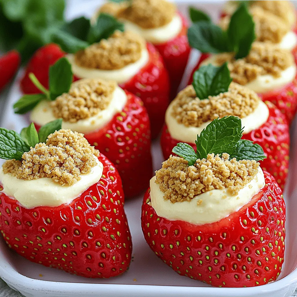 Um die leckeren Käsekuchen gefüllten Erdbeeren zuzubereiten, benötigst du: - 12 große Erdbeeren - 120 g Frischkäse, weich - 2 Esslöffel Puderzucker - 1 Teelöffel Vanilleextrakt - 60 ml saure Sahne - 60 ml zerdrückte Graham-Cracker - Frische Minzblätter zur Garnitur Diese Zutaten bilden die Basis für die cremige Füllung. Der Frischkäse gibt den Käsekuchen-Geschmack. Puderzucker sorgt für die Süße, und die Vanille bringt ein tolles Aroma. Saure Sahne macht die Füllung schön glatt und frisch. Wenn du etwas Abwechslung willst, kannst du diese Zutaten hinzufügen: - Schokoladenstückchen für einen schokoladigen Kick - Zimt für einen warmen Geschmack - Frische Limettenschale für etwas Frische Diese Ergänzungen geben deiner Füllung eine persönliche Note. Experimentiere, um deinen Favoriten zu finden. Wähle für dieses Rezept die besten Erdbeeren aus: - Achte auf leuchtend rote Farbe ohne grüne Stellen. - Die Erdbeeren sollten fest, aber nicht zu hart sein. - Duften sie süß? Das ist ein gutes Zeichen! Frische Erdbeeren sind der Schlüssel zum Erfolg. Sie geben dem Gericht den besten Geschmack und die schönste Präsentation. Zuerst spülen Sie die Erdbeeren unter kaltem Wasser ab. Trocknen Sie sie mit einem Papiertuch. Schneiden Sie die Spitzen vorsichtig ab. Höhlen Sie die Innenseiten mit einem kleinen Löffel aus. Achten Sie darauf, den Boden nicht zu durchstechen. So bleibt die Erdbeere stabil. In einer Rührschüssel vermengen Sie den weichen Frischkäse, Puderzucker, Vanilleextrakt und saure Sahne. Nutzen Sie einen elektrischen Mixer, um die Mischung glatt zu schlagen. Sie sollte cremig und luftig sein. Achten Sie darauf, dass keine Klumpen bleiben. Diese Füllung macht die Erdbeeren besonders lecker. Füllen Sie jede ausgehöhlte Erdbeere mit der Käsekuchen-Mischung. Nutzen Sie einen Spritzbeutel oder einen kleinen Löffel. So geht das Befüllen einfach. Tauchen Sie die Oberseite in zerdrückte Graham-Cracker. So bekommt die Erdbeere die perfekte knusprige Note. Arrangieren Sie die gefüllten Erdbeeren auf einem Teller. Garnieren Sie sie mit frischen Minzblättern für Farbe und Frische. Stellen Sie die Erdbeeren für 20 Minuten in den Kühlschrank. So vermischen sich die Aromen gut. Genießen Sie Ihre leckeren Käsekuchen gefüllten Erdbeeren! Um Ihre Cheesecake Deviled Strawberries schön aussehen zu lassen, achten Sie auf die Größe der Erdbeeren. Wählen Sie große, reife Erdbeeren, die fest sind. Diese Erdbeeren sollten eine gleichmäßige Form haben. Schneiden Sie die Spitzen sauber ab, damit sie gut stehen. Die Füllung sollte gleichmäßig und schön aussehen. Verwenden Sie einen Spritzbeutel für eine saubere Technik. Die Füllung ist der Schlüssel zu diesen leckeren Erdbeeren. Mischen Sie den Frischkäse, Puderzucker, Vanilleextrakt und die saure Sahne gut in einer Schüssel. Nutzen Sie einen elektrischen Mixer für die beste Konsistenz. Achten Sie darauf, dass die Mischung ganz glatt ist. So wird die Füllung leicht in die Erdbeeren zu bringen. Verwenden Sie einen kleinen Löffel oder einen Spritzbeutel, um die Füllung gleichmäßig zu verteilen. Beim Befüllen kann es zu kleinen Problemen kommen. Wenn die Füllung zu flüssig ist, wird sie herauslaufen. Achten Sie darauf, dass der Frischkäse weich, aber nicht zu warm ist. Wenn die Erdbeeren zu weich sind, halten sie die Füllung nicht gut. Achten Sie darauf, die Erdbeeren nicht zu tief auszuhöhlen. Das kann dazu führen, dass sie brechen. Wenn die Füllung überläuft, können Sie einfach mehr Graham-Cracker darüber streuen. Für das vollständige Rezept, schauen Sie sich das [Full Recipe] an. {{image_4}} Wenn Sie Schokolade lieben, probieren Sie diese Variation. Mischen Sie 30 g geschmolzene Schokolade in die Käsekuchen-Füllung. Das gibt den Erdbeeren eine reichhaltige, schokoladige Note. Füllen Sie die Erdbeeren wie gewohnt und tauchen Sie sie dann in Schokoladensplitter für einen extra Crunch. Diese süße Kombination ist ein Hit bei Kindern und Erwachsenen. Erdbeeren sind großartig, aber andere Beeren bringen neue Aromen. Himbeeren, Blaubeeren oder sogar Brombeeren sind tolle Alternativen. Verwenden Sie die gleichen Zutaten, aber variieren Sie die Beeren. Jede Beere hat ihren eigenen Geschmack, der die Füllung einzigartig macht. Mischen Sie verschiedene Beeren für einen bunten, fruchtigen Teller. Für eine vegane Version ersetzen Sie den Frischkäse durch veganen Frischkäse oder Cashew-Creme. Mixen Sie die Cashews mit etwas Zitronensaft und einem Esslöffel Ahornsirup. Das ergibt eine cremige und leckere Füllung. Verwenden Sie pflanzliche Sahne, um die Füllung geschmeidig zu machen. Diese Option schmeckt einfach köstlich und ist für alle geeignet. Probieren Sie diese Variationen aus und entdecken Sie neue Geschmackserlebnisse! Für das vollständige Rezept, schauen Sie sich das [Full Recipe] an. Um die gefüllten Erdbeeren frisch zu halten, lege sie in einen luftdichten Behälter. Stelle sicher, dass die Erdbeeren nicht übereinander liegen. Dies hilft, Druckstellen zu vermeiden. Bewahre den Behälter im Kühlschrank auf. So bleiben die Erdbeeren knackig und die Füllung cremig. Gefüllte Erdbeeren sind im Kühlschrank etwa zwei Tage haltbar. Nach zwei Tagen kann die Füllung wässrig werden. Die Erdbeeren selbst verlieren ihre Frische. Es ist am besten, sie am Tag der Zubereitung zu essen. So schmecken sie am besten. Du kannst die Füllung einen Tag vorher zubereiten. Bewahre sie in einem separaten Behälter im Kühlschrank auf. Fülle die Erdbeeren erst kurz vor dem Servieren. So bleiben sie frisch und sehen toll aus. Wenn du die Erdbeeren im Voraus füllst, achte darauf, sie schnell zu essen. Käsekuchen gefüllte Erdbeeren halten im Kühlschrank etwa 1 bis 2 Tage. Am besten sind sie frisch. Nach zwei Tagen können sie weich werden. Lagern Sie sie in einem luftdichten Behälter. So bleiben sie länger frisch und lecker. Ja, Sie können Frischkäse durch griechischen Joghurt ersetzen. Der Joghurt gibt einen anderen Geschmack. Die Füllung wird dabei leichter und frischer. Achten Sie darauf, den Joghurt gut abzutropfen. So wird die Füllung nicht zu wässrig. Neben Erdbeeren können Sie auch Himbeeren oder Blaubeeren verwenden. Diese Früchte haben einen tollen Geschmack. Sie sind auch in der Größe passend. Probieren Sie auch Ananas oder Kiwi für einen fruchtigen Twist. Käsekuchen gefüllte Erdbeeren sind einfach und lecker. Wir haben die besten Zutaten, eine Schritt-für-Schritt-Anleitung und viele Tipps geteilt. Du weißt jetzt, wie du die perfekten Erdbeeren auswählst und schön garnierst. Zudem hast du Möglichkeiten für Variationen kennengelernt. Denke an die Lagerung, damit sie frisch bleiben. Jede dieser Ideen macht deine gefüllten Erdbeeren einzigartig und köstlich. Viel Spaß beim Ausprobieren!