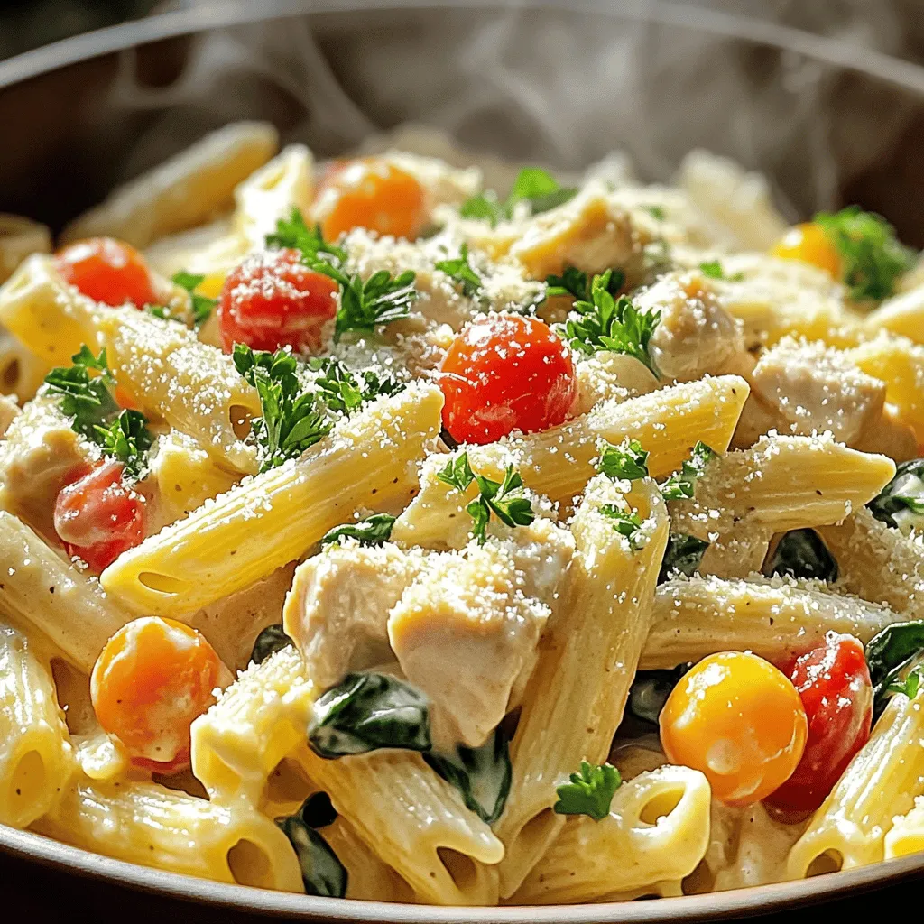 Für die cremige Hähnchen Ranch Pasta brauchst du folgende Hauptzutaten: - 2 Tassen Penne-Nudeln - 500 g Hähnchenbrust, gewürfelt - 1 Esslöffel Olivenöl - 1 Packung Ranch-Gewürzmischung - 240 ml Schlagsahne - 240 ml Hühnerbrühe - 1 Tasse Kirschtomaten, halbiert - 1 Tasse frischer Spinat, grob gehackt - 50 g geriebener Parmesan - Salz und Pfeffer nach Geschmack - Frische Petersilie zur Garnierung Diese Zutaten machen das Gericht so lecker und cremig. Die Kombination von Hähnchen und Ranch-Gewürz bringt viele Aromen. Ich empfehle, hochwertige Produkte zu verwenden. Für die Nudeln wähle Marken wie Barilla oder De Cecco. Das garantiert eine gute Textur. Für die Ranch-Gewürzmischung sind Hidden Valley oder Kraft sehr beliebt. Sie geben dem Gericht den richtigen Geschmack. Bei der Schlagsahne ist es wichtig, frische Produkte zu wählen. Das verbessert die Cremigkeit der Sauce. Geriebener Parmesan von Parmigiano Reggiano sorgt für einen tollen Geschmack. Falls du Allergien hast, gibt es Alternativen. Nutze glutenfreie Nudeln, um die Pasta für Glutenempfindliche zuzubereiten. Statt Hähnchen kannst du Tofu oder Gemüse verwenden. Das ist gut für Vegetarier. Bei der Schlagsahne kannst du eine pflanzliche Option wie Kokos- oder Cashewcreme verwenden. Für eine leichtere Variante nimm fettarme Brühe und Sahne. So bleibt das Gericht köstlich und passt zu vielen Diäten. Um die Penne-Nudeln perfekt zuzubereiten, bringe einen großen Topf mit gesalzenem Wasser zum Kochen. Wenn das Wasser kocht, füge die 2 Tassen Penne-Nudeln hinzu. Koche sie gemäß der Anleitung auf der Verpackung. Achte darauf, sie al dente zu kochen. Nach dem Kochen gieße die Nudeln ab und stelle sie beiseite. Für das Hähnchen erhitze 1 Esslöffel Olivenöl in einer großen Pfanne bei mittlerer Hitze. Gib die 500 g gewürfelte Hähnchenbrust dazu. Würze das Hähnchen mit Salz und Pfeffer. Brate das Hähnchen, bis es goldbraun und durchgegart ist, etwa 5-7 Minuten. Streue dann die Ranch-Gewürzmischung über das gebratene Hähnchen. Rühre gut um, damit die Gewürze gleichmäßig verteilt sind. Lass das Hähnchen für weitere 1-2 Minuten braten, um die Aromen zu rösten. Gieße 240 ml Hühnerbrühe und 240 ml Schlagsahne in die Pfanne. Rühre alles gut um, bis die Zutaten gut vermischt sind. Lass die Sauce für etwa 5 Minuten köcheln, bis sie leicht eindickt. Füge 1 Tasse halbierte Kirschtomaten und 1 Tasse grob gehackten frischen Spinat hinzu. Rühre um, bis der Spinat verwelkt und die Tomaten weich werden, etwa 2-3 Minuten. Gib die gekochten Penne-Nudeln in die Pfanne. Mische alles gut, sodass die Nudeln gleichmäßig von der cremigen Sauce umhüllt sind. Nimm die Pfanne vom Herd und rühre 50 g geriebenen Parmesan ein, bis er schmilzt. Schmecke die Sauce ab und füge bei Bedarf mehr Salz und Pfeffer hinzu. Serviere die Pasta warm. Garniere sie mit frischer Petersilie für einen tollen Farbklecks. Du kannst das gesamte Rezept auch in der [Full Recipe] finden. Um leckere cremige Hähnchen Ranch Pasta zu machen, gibt es einige Fehler, die du vermeiden solltest. Achte darauf, das Hähnchen nicht zu lange zu braten. Wenn du es zu lange lässt, wird es trocken. Koche die Nudeln immer al dente. So bleiben sie bissfest und nehmen die Sauce gut auf. Wenn du die Sauce zu schnell kochst, kann sie anbrennen. Lass sie sanft köcheln und rühre oft um. Langsame Kochmethoden bringen mehr Geschmack in dein Gericht. Probiere, das Hähnchen im Ofen zu braten. So bleibt es saftig. Du kannst auch die Sauce länger köcheln lassen. Das verstärkt die Aromen. Verwende frische Kräuter wie Thymian oder Oregano. Sie geben der Sauce eine besondere Note. Du kannst auch einen Schuss Weißwein hinzufügen. Das sorgt für einen tollen Geschmack. Für die perfekte Serviergröße plane etwa eine Tasse Pasta pro Person ein. Das reicht für die meisten. Garniere die Pasta mit frischer Petersilie. Sie sieht schön aus und bringt Frische. Du kannst auch ein wenig mehr Parmesan darüber streuen. Das macht das Gericht noch cremiger und würziger. Wenn du mehr Gemüse magst, füge Brokkoli oder Paprika hinzu. So wird die Pasta bunter und gesünder. Für das vollständige Rezept, schau dir bitte den Abschnitt [Full Recipe] an. {{image_4}} Wenn du etwas Abwechslung möchtest, probiere verschiedene Proteine. Garnelen passen gut zu dieser Pasta. Sie sind schnell zubereitet und geben einen schönen Meeresgeschmack. Alternativ kannst du Tofu verwenden. Es nimmt die Aromen gut auf. Achte darauf, den Tofu gut zu würzen, damit er nicht fade schmeckt. Beides sind tolle Optionen, um das Gericht anzupassen. Für eine vegetarische Variante kannst du das Hähnchen einfach weglassen. Stattdessen füge mehr Gemüse hinzu. Zucchini, Paprika oder Brokkoli sind gute Optionen. Diese Gemüsearten bringen Farbe und Geschmack. Wenn du mehr Protein möchtest, füge Kichererbsen hinzu. Sie sind nahrhaft und machen das Gericht sättigender. Gemüse macht die Pasta gesünder und bunter. Du kannst frische Erbsen, Spargel oder sogar Pilze hinzufügen. Diese Gemüsesorten bringen einen tollen Crunch. Für mehr Geschmack kannst du frische Kräuter wie Basilikum oder Thymian verwenden. Sie verleihen dem Gericht eine frische Note. Du kannst auch getrocknete Kräuter verwenden, wenn frische nicht verfügbar sind. Experimentiere und finde deine Lieblingskombination. Vergiss nicht, die volle Rezeptur hier zu finden: [Full Recipe]. Um die Reste der cremigen Hähnchen Ranch Pasta gut aufzubewahren, nutze einen luftdichten Behälter. Lass die Pasta zuerst auf Raumtemperatur abkühlen. Dann decke sie gut ab, um Feuchtigkeit zu vermeiden. So bleibt die Pasta frisch und lecker. Du kannst die Reste bis zu drei Tage im Kühlschrank aufbewahren. Wenn du die Pasta länger aufbewahren möchtest, friere sie ein. Teile die Pasta in Portionen und lege sie in gefriergeeignete Behälter. Achte darauf, etwas Platz oben zu lassen, damit sich die Pasta beim Einfrieren ausdehnen kann. Sie bleibt bis zu drei Monate frisch. Um die Pasta wieder aufzuwärmen, gibt es einige gute Methoden. Du kannst sie in der Mikrowelle aufwärmen. Stelle die Mikrowelle auf mittlere Leistung und rühre die Pasta alle 30 Sekunden um. So wird sie gleichmäßig heiß. Eine andere Methode ist, die Pasta in einer Pfanne mit etwas Wasser oder Brühe zu erwärmen. Das hält sie cremig. Achte darauf, die Pasta nicht zu überhitzen, damit sie nicht austrocknet. Für das vollständige Rezept, schau dir die Angaben in der Full Recipe an. Die cremige Hähnchen Ranch Pasta bleibt im Kühlschrank für etwa 3 bis 4 Tage frisch. Stelle sicher, dass du die Reste in einem luftdichten Behälter aufbewahrst. So beugst du dem Verderb vor und erhältst den besten Geschmack. Es ist wichtig, die Pasta gut abzukühlen, bevor du sie in den Kühlschrank stellst. Das verhindert, dass sich Kondenswasser bildet und die Qualität beeinträchtigt. Ja, die Ranch-Gewürzmischung lässt sich leicht selbst machen. Du kannst eine Mischung aus getrockneten Kräutern und Gewürzen verwenden. Typische Zutaten sind: - 1 Teelöffel Knoblauchpulver - 1 Teelöffel Zwiebelpulver - 1 Teelöffel Dill - 1 Teelöffel Petersilie - 1 Teelöffel Salz - 1 Teelöffel Pfeffer Mische alle Zutaten in einer kleinen Schüssel. Du kannst die Menge anpassen, um den Geschmack zu intensivieren. Diese Mischung ist frisch und frei von Zusatzstoffen. Ja, diese Pasta eignet sich hervorragend für Meal Prep. Du kannst sie im Voraus kochen und in Portionen aufteilen. Lagere sie in luftdichten Behältern im Kühlschrank oder friere sie ein. Wenn du sie aufwärmst, achte darauf, etwas zusätzliche Flüssigkeit hinzuzufügen, um die Cremigkeit zu bewahren. So hast du immer eine schnelle und leckere Mahlzeit bereit! Die Cremige Hähnchen Ranch Pasta ist ein leckeres Gericht. Wir haben die Hauptzutaten und deren Alternativen besprochen. Die Schritt-für-Schritt-Anleitung hilft dir beim Zubereiten. Tipps und Tricks zeigen dir, wie du Fehler vermeidest. Variationen machen das Gericht spannend. Denke daran, die Reste richtig zu lagern und aufzuwärmen. So bleibt der Geschmack frisch. Mit diesem Wissen wirst du die Pasta lieben. Genieße jeden Bissen und teile es mit Freunden!