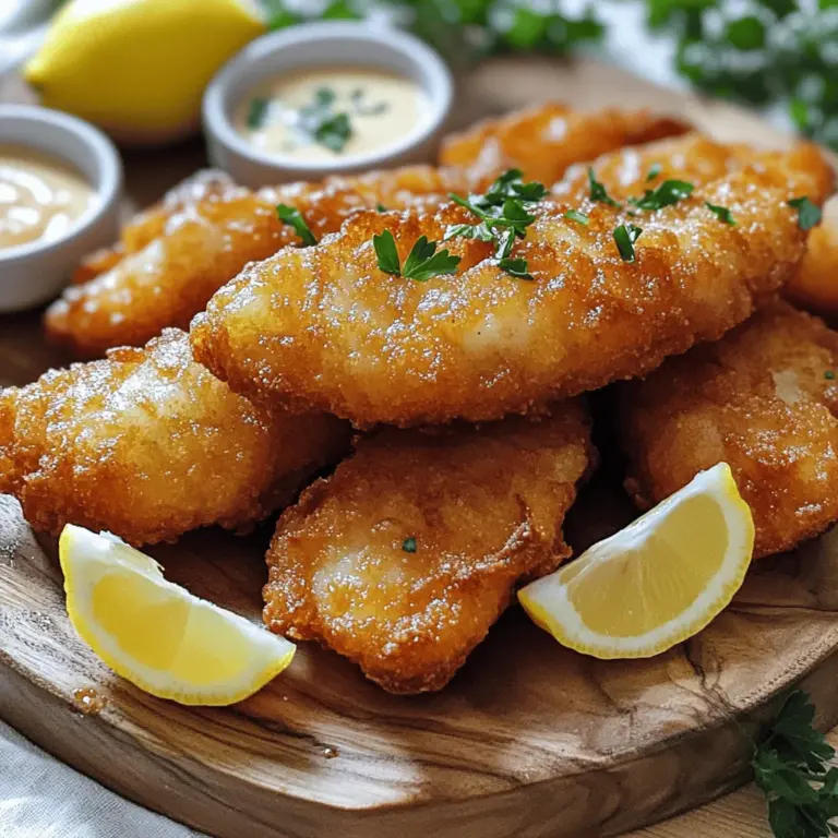 Um Bier-batterie Fisch zu machen, brauchst du frische Zutaten. Hier sind die Hauptzutaten: - 500 g feste weiße Fischfilets (z.B. Kabeljau oder Schellfisch) - 120 g Weizenmehl (plus zusätzlich für das Bestäuben) - 240 ml Sprudelwasser (kalt) Diese Zutaten sind wichtig, um den Fisch knusprig und lecker zu machen. Achte darauf, dass der Fisch frisch ist. Das macht einen großen Unterschied im Geschmack. Die Gewürze bringen den richtigen Geschmack in den Teig. Hier sind die wichtigsten Gewürze, die du brauchst: - 1 Teelöffel Backpulver - 1 Teelöffel Knoblauchpulver - 1 Teelöffel Paprika - 1/2 Teelöffel Cayennepfeffer - Salz und Pfeffer nach Geschmack Diese Gewürze sorgen für ein tolles Aroma. Das Mehl gibt dem Teig die nötige Struktur, damit der Fisch schön knusprig wird. Für das Frittieren benötigst du Pflanzenöl. Wähle ein hochwertiges Öl, das hohe Temperaturen verträgt. Hier sind die letzten Zutaten: - Pflanzenöl zum Frittieren - Zitronenschnitze und frische Petersilie zur Garnitur Das Öl sorgt dafür, dass der Fisch goldbraun wird. Die Zitronenschnitze und Petersilie machen das Gericht schön und frisch. Wenn du alles bereit hast, kannst du mit dem Kochen beginnen. Für das vollständige Rezept schaue dir die [Full Recipe] an. Zuerst spülen Sie die Fischfilets unter kaltem Wasser ab. Tupfen Sie die Filets mit Küchenpapier trocken. Das sorgt dafür, dass der Teig besser haftet. Würzen Sie beide Seiten leicht mit Salz und Pfeffer. Danach legen Sie die Filets beiseite. Dies ist ein wichtiger Schritt, damit der Fisch seinen Geschmack behält. In einer großen Rührschüssel vermischen Sie 120 g Weizenmehl, Backpulver, Knoblauchpulver, Paprika und Cayennepfeffer. Fügen Sie eine Prise Salz hinzu. Jetzt kommt der spannende Teil! Gießen Sie nach und nach 240 ml kaltes Sprudelwasser dazu, während Sie mit einem Schneebesen rühren. Rühren Sie, bis die Mischung glatt ist. Der Teig sollte die Konsistenz von Pfannkuchenteig haben. Wenn er zu dick ist, fügen Sie mehr Wasser hinzu. Erhitzen Sie in einer tiefen Pfanne oder einem schweren Topf etwa 5 cm Pflanzenöl auf mittlerer Hitze. Ein Thermometer hilft, die Temperatur auf 175 °C zu halten. Bestäuben Sie jedes Fischfilet leicht mit etwas Mehl. Tauchen Sie die Filets dann in den Teig, sodass sie vollständig bedeckt sind. Lassen Sie die panierten Filets vorsichtig in das heiße Öl gleiten. Frittieren Sie sie in Chargen, damit sie genug Platz haben. Frittieren Sie die Filets 4-6 Minuten lang. Wenden Sie sie gelegentlich, bis der Teig goldbraun und knusprig ist. Nehmen Sie den Fisch mit einem Schaumlöffel aus dem Öl und lassen Sie ihn auf Küchenpapier abtropfen. Arrangieren Sie den knusprigen Fisch auf einer Servierplatte. Garnieren Sie ihn mit Zitronenschnitzen und frischer Petersilie. Servieren Sie ihn warm und genießen Sie jeden Bissen! Wählen Sie einen festen weißen Fisch. Ich empfehle Kabeljau oder Schellfisch. Diese Arten halten beim Frittieren gut zusammen. Achten Sie darauf, frische Filets zu kaufen. Der Fisch sollte klar und glänzend aussehen. Geruch ist wichtig. Er sollte frisch und leicht salzig riechen. Das Bier macht den Teig besonders lecker. Ein helles Lagerbier passt gut. Es sollte leicht, aber geschmackvoll sein. Vermeiden Sie stark hopfenhaltige Biere. Diese können den Geschmack des Fisches überdecken. Ein mildes Bier lässt den Fisch gut zur Geltung kommen. Probieren Sie verschiedene Marken, um Ihren Favoriten zu finden. Die Teigkonsistenz ist entscheidend. Der Teig sollte glatt und leicht dickflüssig sein. Denken Sie an Pfannkuchenteig. Fügen Sie nach und nach kaltes Sprudelwasser hinzu. So erreichen Sie die perfekte Dicke. Wenn der Teig zu dünn ist, wird er nicht knusprig. Ist er zu dick, bleibt er nicht gleichmäßig haften. Testen Sie den Teig, indem Sie einen Löffel hinein tauchen. Der Teig sollte leicht am Löffel haften bleiben. {{image_4}} Um den Teig für Bierbatterie Fisch zu verbessern, probiere verschiedene Gewürze. Du kannst zum Beispiel Kreuzkümmel oder Dill hinzufügen. Diese Gewürze bringen neue Aromen. Ein Hauch von Zitronenschale gibt Frische. Wenn du es scharf magst, füge mehr Cayennepfeffer hinzu. Experimentiere mit deinen Lieblingsgewürzen. Jeder Biss wird spannend und anders sein. Du kannst auch vegetarische Varianten machen. Statt Fisch kannst du Gemüse verwenden. Zucchini, Auberginen oder Blumenkohl eignen sich gut. Schneide das Gemüse in Stäbchen oder Scheiben. Bereite den Teig wie gewohnt vor und tauche das Gemüse hinein. Frittiere es dann bis es goldbraun ist. So schaffst du einen leckeren Snack für alle. Serviere deinen Bierbatterie Fisch mit frischen Beilagen. Ein einfacher grüner Salat passt gut dazu. Auch Pommes frites sind eine tolle Ergänzung. Du kannst auch eine köstliche Knoblauchsoße dazu machen. Zitronenschnitze bringen einen frischen Kick. Diese Kombination macht dein Gericht noch leckerer. Weitere Ideen findest du in der [Full Recipe]. Wenn Sie nach dem Essen Reste haben, sollten Sie diese gut aufbewahren. Lassen Sie den Fisch zuerst auf einem Küchentuch abkühlen. Legen Sie ihn dann in einen luftdichten Behälter. Dies hält den Fisch frisch und knusprig. Achten Sie darauf, ihn innerhalb von zwei Tagen zu essen. So bleibt der Geschmack erhalten. Das Aufwärmen von frittiertem Fisch erfordert Sorgfalt. Der beste Weg ist, ihn im Ofen zu erwärmen. Heizen Sie den Ofen auf 180 °C vor. Legen Sie den Fisch auf ein Backblech und backen Sie ihn für etwa 10 Minuten. So wird der Fisch wieder knusprig. Vermeiden Sie die Mikrowelle, da sie den Fisch matschig machen kann. Im Kühlschrank hält sich der aufbewahrte Fisch bis zu zwei Tage. Wenn Sie ihn länger aufbewahren wollen, können Sie ihn einfrieren. Wickeln Sie die Portionen gut in Frischhaltefolie ein. Dann legen Sie sie in einen Gefrierbeutel. So bleibt der Fisch bis zu drei Monate frisch. Denken Sie daran, den Fisch im Kühlschrank über Nacht aufzutauen, bevor Sie ihn aufwärmen. Für das Rezept von Bier-batterie Fisch, schauen Sie sich das Full Recipe an. Um den Teig knuspriger zu machen, gibt es einige einfache Tricks. Erstens, benutze kaltes Sprudelwasser. Die Kälte hilft, den Teig luftig zu halten. Zweitens, füge etwas mehr Backpulver hinzu. Dies gibt dem Teig mehr Auftrieb. Drittens, lasse die Fischfilets vor dem Frittieren gut abtropfen. Das reduziert die Feuchtigkeit. Schließlich, frittiere den Fisch in kleinen Chargen. So bleibt das Öl heiß und der Teig wird knusprig. Ja, du kannst verschiedene Fischsorten verwenden. Kabeljau und Schellfisch sind großartig, aber auch andere feste Fische funktionieren gut. Probiere Heilbutt, Tilapia oder sogar Lachs. Achte darauf, dass der Fisch frisch ist. So bleibt der Geschmack am besten. Schneide die Filets in gleichmäßige Stücke. Das sorgt für eine gleichmäßige Garzeit und einen perfekten Biss. Ja, es gibt eine glutenfreie Variante. Ersetze das Weizenmehl durch eine glutenfreie Mehlmischung. Du kannst auch Reismehl verwenden, um einen leichten Teig zu bekommen. Achte darauf, dass das Bier glutenfrei ist, wenn du Bier im Teig verwendest. Auch hier ist kaltes Sprudelwasser wichtig. So bleibt der Teig locker und knusprig. Diese Anleitung zu Bier-batterie Fisch zeigt, wie du einfach einen leckeren Fisch zubereiten kannst. Du weißt jetzt, welche Zutaten und Gewürze nötig sind. Die Schritt-für-Schritt-Anleitung hilft dir beim Frittieren. Mit meinen Tipps findest du den besten Fisch und die perfekte Teigkonsistenz. Du kannst sogar Variationen ausprobieren und gut aufbewahren. Denke daran, spazieren zu gehen und verschiedene Beilagen zu servieren. Mit diesen Tipps wirst du ein Meister in der Küche. Viel Spaß beim Kochen!