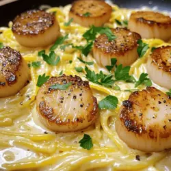 Für das perfekte Gericht brauchen Sie: - 200 g Spaghetti oder Fettuccine - 2 große Eier - 50 g geriebener Pecorino Romano Käse - 50 g geriebener Parmesan Käse - 4 große Jakobsmuscheln, gereinigt und trocken getupft Die Wahl der Pasta ist wichtig. Spaghetti sind klassisch, aber auch Fettuccine passt gut. Die Eier und der Käse geben die cremige Basis. Jakobsmuscheln bringen einen feinen Geschmack und eine tolle Textur. Für den besten Geschmack verwenden Sie: - Frisch gemahlener schwarzer Pfeffer - 2 Esslöffel Olivenöl - 2 Knoblauchzehen, fein gehackt Pfeffer bringt Würze. Olivenöl gibt einen fruchtigen Geschmack. Der Knoblauch sorgt für ein tolles Aroma. Diese Zutaten machen das Gericht lebendig. Zum Verzieren sollten Sie nutzen: - Frische Petersilie, gehackt - Zusätzliche Käsevarianten Die Petersilie fügt Farbe und Frische hinzu. Sie können auch andere Käsesorten wie Grana Padano probieren. Garnituren machen das Gericht nicht nur hübsch, sondern auch schmackhaft. Für das vollständige Rezept schauen Sie bitte [Full Recipe]. Um die perfekte Pasta für deine Carbonara zu kochen, bringe einen großen Topf mit Salzwasser zum Kochen. Verwende genug Salz, damit das Wasser wie das Meer schmeckt. Füge dann die Spaghetti oder Fettuccine hinzu. Koche die Pasta bis sie al dente ist. Das bedeutet, sie ist außen weich, aber innen noch bissfest. Dies dauert meist etwa 8 bis 10 Minuten. Merke dir, etwas Nudelwasser aufzuheben, bevor du die Pasta abseihst. Während die Pasta kocht, bereite die Eier-Käse-Mischung vor. In einer großen Schüssel vermische die Eier, den Pecorino Romano und den Parmesan. Füge frisch gemahlenen schwarzen Pfeffer hinzu. Dieser Pfeffer gibt der Sauce einen tollen Geschmack. Du kannst auch etwas Salz hinzufügen, aber sei vorsichtig, denn der Käse ist schon salzig. Lass diese Mischung stehen, bis die Pasta fertig ist. Jetzt ist es Zeit, die Jakobsmuscheln zu braten. Erhitze eine große Pfanne auf mittlerer bis hoher Stufe. Gib 2 Esslöffel Olivenöl hinein. Warte, bis das Öl heiß ist. Würze die Jakobsmuscheln mit etwas Salz und lege sie in die Pfanne. Brate sie für 2 bis 3 Minuten pro Seite. Die Jakobsmuscheln sollten goldbraun sein, aber nicht übergart werden. Das gibt ihnen eine zarte Textur. Sobald die Pasta fertig ist, gib sie in die Pfanne mit dem Knoblauch. Rühre alles gut um, damit die Pasta das Öl und den Knoblauch aufnimmt. Jetzt ist es Zeit für die Eier-Käse-Mischung. Gieße sie über die heiße Pasta und rühre schnell um. Die Hitze der Pasta kocht die Eier leicht und macht die Sauce cremig. Wenn die Sauce zu dick ist, füge etwas von dem Nudelwasser hinzu. Das hilft, die gewünschte Konsistenz zu erreichen. Die Carbonara ist nun bereit, mit den gebratenen Jakobsmuscheln serviert zu werden. Garnieren mit frischer Petersilie sorgt für das letzte, frische Finish. Um die ideale Cremigkeit zu erreichen, nutze das Nudelwasser. Dieses Wasser enthält Stärke. Diese Stärke hilft der Sauce, sich besser an die Pasta zu binden. Bewahre eine Tasse Nudelwasser auf, bevor du die Pasta abgießt. Füge dann nach Bedarf Löffel für Löffel hinzu. So kannst du die Sauce leicht anpassen. Wenn die Sauce zu dick ist, gib einfach mehr Nudelwasser hinzu. Das Wasser sorgt dafür, dass die Sauce perfekt fließt. Wenn die Pasta zu trocken wird, ist das Nudelwasser dein bester Freund. Die Jakobsmuscheln brauchen genaues Timing. Erhitze die Pfanne gut, bevor du die Muscheln hinzufügst. Die Hitze sollte hoch genug sein, damit sie schnell bräunen. Brate die Jakobsmuscheln zwei bis drei Minuten pro Seite. Achte darauf, dass sie eine goldene Kruste bekommen. Übergarung ist ein häufiges Problem. Wenn sie zu lange in der Pfanne bleiben, werden sie gummiartig. Nimm die Muscheln sofort aus der Pfanne, wenn sie fertig sind. So bleiben sie zart und saftig. Um den Geschmack zu verbessern, nutze frische Gewürze. Frisch gemahlener schwarzer Pfeffer gibt der Carbonara einen tollen Kick. Du kannst auch etwas Muskatnuss hinzufügen. Das bringt eine warme Note in das Gericht. Kombiniere die Jakobsmuscheln mit Gemüse oder Kräutern. Frische Petersilie bringt Farbe und Frische. Spinat oder Erbsen passen auch gut dazu. Sie fügen einen angenehmen Biss und Frische hinzu. So wird dein Gericht noch köstlicher. Für das vollständige Rezept, schau dir die Full Recipe an. {{image_4}} Eine tolle vegetarische Option ist, die Jakobsmuscheln durch Pilze zu ersetzen. Champignons oder Steinpilze geben einen tollen Geschmack. Sie bieten auch eine ähnliche Textur. Achte darauf, die Pilze gut zu braten. So entfalten sie ihr volles Aroma. Verwende die gleichen Gewürze, um den Geschmack zu verstärken. Für eine glutenfreie Zubereitung nimmst du glutenfreie Pasta. Es gibt viele leckere Alternativen. Reis-, Mais- oder Quinoa-Pasta sind gute Optionen. Achte darauf, die Kochzeit der glutenfreien Pasta zu prüfen. Auch die Eier-Käse-Mischung bleibt gleich. So bleibt der Geschmack der Carbonara echt. Du kannst auch andere Meeresfrüchte verwenden. Garnelen oder Tintenfisch können die Carbonara bereichern. Diese Zutaten bringen neue Geschmäcker und Texturen. Außerdem kannst du mit verschiedenen Käsesorten experimentieren. Probiere Gouda oder Feta für ein anderes Aroma. Die Möglichkeiten sind endlos. Mach es zu deinem eigenen Gericht! - Bewahren Sie Reste in einem luftdichten Behälter auf. - Stellen Sie sicher, dass die Reste gut abgekühlt sind, bevor Sie sie kühlen. - Lagern Sie die Reste im Kühlschrank für bis zu drei Tage. - Sie können die Pasta und die Sauce getrennt einfrieren. - Nutzen Sie gefrierfeste Behälter oder Beutel, um Gefrierbrand zu vermeiden. - Die Sauce hält sich bis zu drei Monate im Gefrierschrank. - Mikrowelle vs. Herd: Die Mikrowelle ist schnell, aber der Herd ist besser für die Textur. - Beibehalten der Cremigkeit: Fügen Sie etwas Nudelwasser hinzu, wenn Sie die Carbonara aufwärmen. - Rühren Sie gut um, um die Cremigkeit zu bewahren und Klumpen zu vermeiden. Wenn Sie mehr über die Zubereitung von Carbonara mit Jakobsmuscheln erfahren möchten, schauen Sie sich das [Full Recipe] an. Die Carbonara mit Jakobsmuscheln hält sich im Kühlschrank etwa 1 bis 2 Tage. Achten Sie darauf, sie in einem luftdichten Behälter zu lagern. So bleibt der Geschmack frisch. Vor dem Essen sollten Sie die Reste gut aufwärmen. Ja, Sie können die Jakobsmuscheln durch Garnelen oder Hähnchen ersetzen. Diese Optionen passen gut zur Carbonara. Wenn Sie eine vegetarische Variante wollen, probieren Sie gebratene Pilze oder Zucchini. Diese Alternativen geben dem Gericht einen neuen Geschmack. Wenn Ihre Carbonara nicht cremig wird, könnte das an der Temperatur liegen. Kochen Sie die Pasta nicht zu lange. Mischen Sie die Eier und den Käse gut. Fügen Sie nach Bedarf Nudelwasser hinzu, um die Konsistenz zu verbessern. Rühren Sie schnell, damit die Eier nicht stocken. Ja, das Nudelwasser ist wichtig. Es hat Stärke, die hilft, die Sauce cremig zu machen. Wenn die Sauce zu dick ist, fügen Sie etwas Nudelwasser hinzu. So erreichen Sie die perfekte Konsistenz. Du hast alle wichtigen Schritte für ein köstliches Carbonara mit Jakobsmuscheln gelernt. Die Auswahl der richtigen Zutaten ist entscheidend, von der Pasta bis zu den Gewürzen. Du weißt jetzt, wie man die perfekte Konsistenz erreicht und welche Variationen möglich sind. Das Aufbewahren und Aufwärmen bleibt einfach. Experimentiere mit neuen Zutaten und finde dein Lieblingsgericht. Mit diesen Tipps machst du jedes Mal eine leckere Carbonara. Genieß das Kochen!