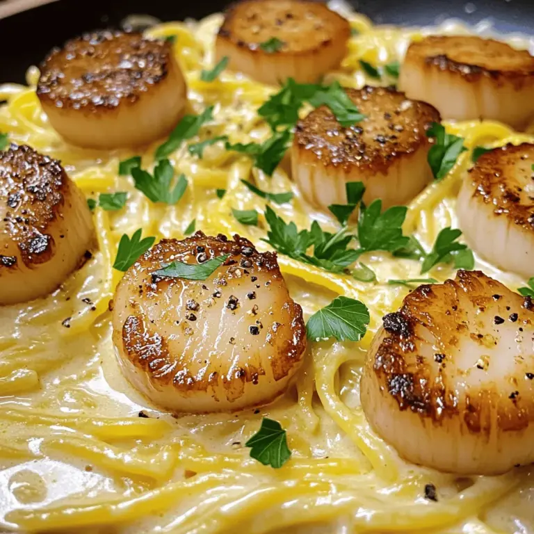 Für das perfekte Gericht brauchen Sie: - 200 g Spaghetti oder Fettuccine - 2 große Eier - 50 g geriebener Pecorino Romano Käse - 50 g geriebener Parmesan Käse - 4 große Jakobsmuscheln, gereinigt und trocken getupft Die Wahl der Pasta ist wichtig. Spaghetti sind klassisch, aber auch Fettuccine passt gut. Die Eier und der Käse geben die cremige Basis. Jakobsmuscheln bringen einen feinen Geschmack und eine tolle Textur. Für den besten Geschmack verwenden Sie: - Frisch gemahlener schwarzer Pfeffer - 2 Esslöffel Olivenöl - 2 Knoblauchzehen, fein gehackt Pfeffer bringt Würze. Olivenöl gibt einen fruchtigen Geschmack. Der Knoblauch sorgt für ein tolles Aroma. Diese Zutaten machen das Gericht lebendig. Zum Verzieren sollten Sie nutzen: - Frische Petersilie, gehackt - Zusätzliche Käsevarianten Die Petersilie fügt Farbe und Frische hinzu. Sie können auch andere Käsesorten wie Grana Padano probieren. Garnituren machen das Gericht nicht nur hübsch, sondern auch schmackhaft. Für das vollständige Rezept schauen Sie bitte [Full Recipe]. Um die perfekte Pasta für deine Carbonara zu kochen, bringe einen großen Topf mit Salzwasser zum Kochen. Verwende genug Salz, damit das Wasser wie das Meer schmeckt. Füge dann die Spaghetti oder Fettuccine hinzu. Koche die Pasta bis sie al dente ist. Das bedeutet, sie ist außen weich, aber innen noch bissfest. Dies dauert meist etwa 8 bis 10 Minuten. Merke dir, etwas Nudelwasser aufzuheben, bevor du die Pasta abseihst. Während die Pasta kocht, bereite die Eier-Käse-Mischung vor. In einer großen Schüssel vermische die Eier, den Pecorino Romano und den Parmesan. Füge frisch gemahlenen schwarzen Pfeffer hinzu. Dieser Pfeffer gibt der Sauce einen tollen Geschmack. Du kannst auch etwas Salz hinzufügen, aber sei vorsichtig, denn der Käse ist schon salzig. Lass diese Mischung stehen, bis die Pasta fertig ist. Jetzt ist es Zeit, die Jakobsmuscheln zu braten. Erhitze eine große Pfanne auf mittlerer bis hoher Stufe. Gib 2 Esslöffel Olivenöl hinein. Warte, bis das Öl heiß ist. Würze die Jakobsmuscheln mit etwas Salz und lege sie in die Pfanne. Brate sie für 2 bis 3 Minuten pro Seite. Die Jakobsmuscheln sollten goldbraun sein, aber nicht übergart werden. Das gibt ihnen eine zarte Textur. Sobald die Pasta fertig ist, gib sie in die Pfanne mit dem Knoblauch. Rühre alles gut um, damit die Pasta das Öl und den Knoblauch aufnimmt. Jetzt ist es Zeit für die Eier-Käse-Mischung. Gieße sie über die heiße Pasta und rühre schnell um. Die Hitze der Pasta kocht die Eier leicht und macht die Sauce cremig. Wenn die Sauce zu dick ist, füge etwas von dem Nudelwasser hinzu. Das hilft, die gewünschte Konsistenz zu erreichen. Die Carbonara ist nun bereit, mit den gebratenen Jakobsmuscheln serviert zu werden. Garnieren mit frischer Petersilie sorgt für das letzte, frische Finish. Um die ideale Cremigkeit zu erreichen, nutze das Nudelwasser. Dieses Wasser enthält Stärke. Diese Stärke hilft der Sauce, sich besser an die Pasta zu binden. Bewahre eine Tasse Nudelwasser auf, bevor du die Pasta abgießt. Füge dann nach Bedarf Löffel für Löffel hinzu. So kannst du die Sauce leicht anpassen. Wenn die Sauce zu dick ist, gib einfach mehr Nudelwasser hinzu. Das Wasser sorgt dafür, dass die Sauce perfekt fließt. Wenn die Pasta zu trocken wird, ist das Nudelwasser dein bester Freund. Die Jakobsmuscheln brauchen genaues Timing. Erhitze die Pfanne gut, bevor du die Muscheln hinzufügst. Die Hitze sollte hoch genug sein, damit sie schnell bräunen. Brate die Jakobsmuscheln zwei bis drei Minuten pro Seite. Achte darauf, dass sie eine goldene Kruste bekommen. Übergarung ist ein häufiges Problem. Wenn sie zu lange in der Pfanne bleiben, werden sie gummiartig. Nimm die Muscheln sofort aus der Pfanne, wenn sie fertig sind. So bleiben sie zart und saftig. Um den Geschmack zu verbessern, nutze frische Gewürze. Frisch gemahlener schwarzer Pfeffer gibt der Carbonara einen tollen Kick. Du kannst auch etwas Muskatnuss hinzufügen. Das bringt eine warme Note in das Gericht. Kombiniere die Jakobsmuscheln mit Gemüse oder Kräutern. Frische Petersilie bringt Farbe und Frische. Spinat oder Erbsen passen auch gut dazu. Sie fügen einen angenehmen Biss und Frische hinzu. So wird dein Gericht noch köstlicher. Für das vollständige Rezept, schau dir die Full Recipe an. {{image_4}} Eine tolle vegetarische Option ist, die Jakobsmuscheln durch Pilze zu ersetzen. Champignons oder Steinpilze geben einen tollen Geschmack. Sie bieten auch eine ähnliche Textur. Achte darauf, die Pilze gut zu braten. So entfalten sie ihr volles Aroma. Verwende die gleichen Gewürze, um den Geschmack zu verstärken. Für eine glutenfreie Zubereitung nimmst du glutenfreie Pasta. Es gibt viele leckere Alternativen. Reis-, Mais- oder Quinoa-Pasta sind gute Optionen. Achte darauf, die Kochzeit der glutenfreien Pasta zu prüfen. Auch die Eier-Käse-Mischung bleibt gleich. So bleibt der Geschmack der Carbonara echt. Du kannst auch andere Meeresfrüchte verwenden. Garnelen oder Tintenfisch können die Carbonara bereichern. Diese Zutaten bringen neue Geschmäcker und Texturen. Außerdem kannst du mit verschiedenen Käsesorten experimentieren. Probiere Gouda oder Feta für ein anderes Aroma. Die Möglichkeiten sind endlos. Mach es zu deinem eigenen Gericht! - Bewahren Sie Reste in einem luftdichten Behälter auf. - Stellen Sie sicher, dass die Reste gut abgekühlt sind, bevor Sie sie kühlen. - Lagern Sie die Reste im Kühlschrank für bis zu drei Tage. - Sie können die Pasta und die Sauce getrennt einfrieren. - Nutzen Sie gefrierfeste Behälter oder Beutel, um Gefrierbrand zu vermeiden. - Die Sauce hält sich bis zu drei Monate im Gefrierschrank. - Mikrowelle vs. Herd: Die Mikrowelle ist schnell, aber der Herd ist besser für die Textur. - Beibehalten der Cremigkeit: Fügen Sie etwas Nudelwasser hinzu, wenn Sie die Carbonara aufwärmen. - Rühren Sie gut um, um die Cremigkeit zu bewahren und Klumpen zu vermeiden. Wenn Sie mehr über die Zubereitung von Carbonara mit Jakobsmuscheln erfahren möchten, schauen Sie sich das [Full Recipe] an. Die Carbonara mit Jakobsmuscheln hält sich im Kühlschrank etwa 1 bis 2 Tage. Achten Sie darauf, sie in einem luftdichten Behälter zu lagern. So bleibt der Geschmack frisch. Vor dem Essen sollten Sie die Reste gut aufwärmen. Ja, Sie können die Jakobsmuscheln durch Garnelen oder Hähnchen ersetzen. Diese Optionen passen gut zur Carbonara. Wenn Sie eine vegetarische Variante wollen, probieren Sie gebratene Pilze oder Zucchini. Diese Alternativen geben dem Gericht einen neuen Geschmack. Wenn Ihre Carbonara nicht cremig wird, könnte das an der Temperatur liegen. Kochen Sie die Pasta nicht zu lange. Mischen Sie die Eier und den Käse gut. Fügen Sie nach Bedarf Nudelwasser hinzu, um die Konsistenz zu verbessern. Rühren Sie schnell, damit die Eier nicht stocken. Ja, das Nudelwasser ist wichtig. Es hat Stärke, die hilft, die Sauce cremig zu machen. Wenn die Sauce zu dick ist, fügen Sie etwas Nudelwasser hinzu. So erreichen Sie die perfekte Konsistenz. Du hast alle wichtigen Schritte für ein köstliches Carbonara mit Jakobsmuscheln gelernt. Die Auswahl der richtigen Zutaten ist entscheidend, von der Pasta bis zu den Gewürzen. Du weißt jetzt, wie man die perfekte Konsistenz erreicht und welche Variationen möglich sind. Das Aufbewahren und Aufwärmen bleibt einfach. Experimentiere mit neuen Zutaten und finde dein Lieblingsgericht. Mit diesen Tipps machst du jedes Mal eine leckere Carbonara. Genieß das Kochen!