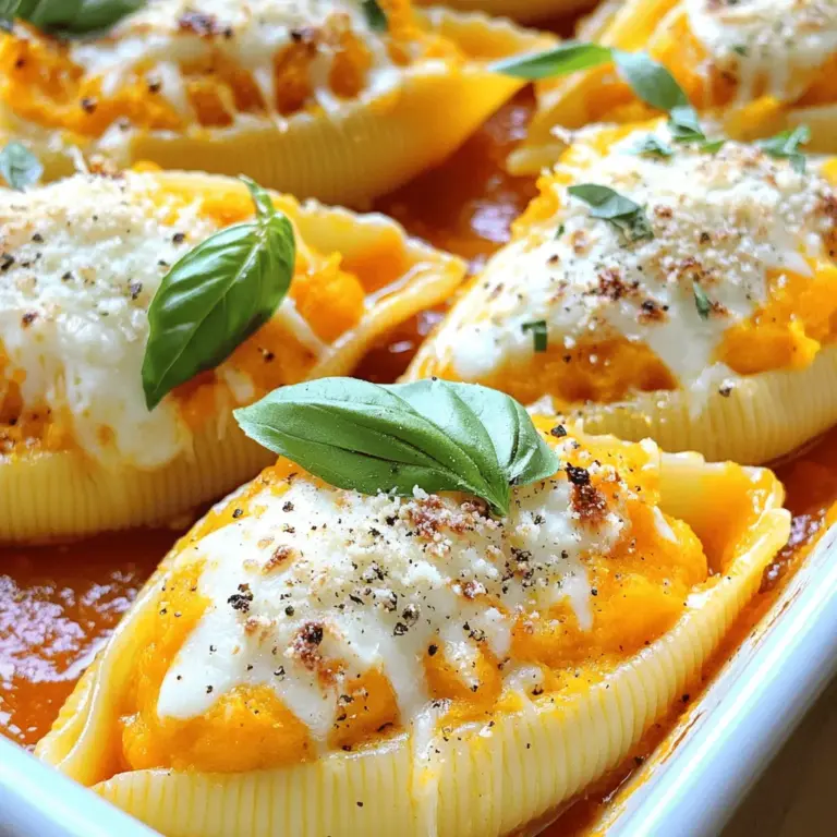 - 12 Jumbo-Pasta-Schalen - 2 Tassen Butternut-Kürbis, geschält und gewürfelt - 1 Tasse Ricotta-Käse Die Jumbo-Pasta-Schalen sind groß genug, um die Füllung gut zu halten. Sie nehmen den Geschmack der anderen Zutaten auf. Butternut-Kürbis bringt eine süße Note und eine tolle Farbe in das Gericht. Der Ricotta-Käse sorgt für Cremigkeit und macht die Füllung weich. - 1 Tasse frischer Spinat, gehackt - 1 Tasse geriebener Mozzarella-Käse, geteilt - 1/2 Tasse geriebener Parmesan-Käse - 2 Tassen Marinara-Sauce - 1 Teelöffel Knoblauchpulver - 1/2 Teelöffel Muskatnuss - 1 Esslöffel Olivenöl - Salz und Pfeffer nach Geschmack Frischer Spinat bringt eine gesunde Komponente. Mozzarella und Parmesan sorgen für den köstlichen Käsegeschmack. Die Marinara-Sauce rundet das Gericht ab und sorgt für eine feuchte Textur. Ich empfehle, die Gewürze nach Geschmack anzupassen. Diese Zutaten machen die Butternut Squash Stuffed Shells zu einem echten Genuss. Die vollständige Rezeptur finden Sie im [Full Recipe]. - Ofen vorheizen auf 190 °C: Heize deinen Ofen auf 190 °C vor. Das gibt dir die perfekte Temperatur zum Backen. - Pasta-Schalen zubereiten: Koche die Jumbo-Pasta-Schalen in gesalzenem Wasser. Achte darauf, sie al dente zu kochen. Lass sie danach abtropfen und lege sie beiseite. - Butternut-Kürbis braten: Erhitze Olivenöl in einer Pfanne. Füge die gewürfelten Kürbisstücke hinzu. Würze mit Salz, Pfeffer und Muskatnuss. Brate den Kürbis für etwa 10 Minuten, bis er weich ist. - Füllungszutaten kombinieren: In einer Schüssel mische den gebratenen Kürbis mit Ricotta, frischem Spinat, halbiertem Mozzarella, Knoblauchpulver und Parmesan. Mische alles gut. - Pasta-Schalen füllen: Verwende einen Löffel, um jede Pasta-Schale mit der Kürbisfüllung zu befüllen. Lege die gefüllten Schalen in eine gefettete Auflaufform. - Marinara-Sauce hinzufügen und backen: Gieße die Marinara-Sauce gleichmäßig über die Schalen. Bestreue sie mit dem restlichen Mozzarella. Decke die Form mit Folie ab und backe sie 20 Minuten. Danach entferne die Folie und backe weitere 10-15 Minuten, bis der Käse goldbraun ist. Diese Schritte machen deine Butternut Squash Stuffed Shells zu einer köstlichen vegetarischen Speise. Du kannst das vollständige Rezept in der [Full Recipe] sehen. Um die Pasta-Schalen nicht zu brechen, koche sie in viel Wasser. Verwende einen großen Topf und gesalzenes Wasser. Achte darauf, die Schalen nicht zu lange zu kochen. Al dente ist der Schlüssel! Wenn du sie abtropfst, lege sie sofort auf ein Küchentuch. So bleiben sie trocken und bruchsicher. Der Butternut-Kürbis sollte weich, aber nicht matschig sein. Nach etwa zehn Minuten in der Pfanne ist er oft perfekt. Du kannst einen Gabeltest machen: Wenn die Gabel leicht hinein gleitet, ist er bereit. Ein gut gegarter Kürbis sorgt für einen tollen Geschmack und eine schöne Füllung. Es ist spannend, verschiedene Käsearten zu verwenden! Du kannst Feta oder Ziegenkäse für einen anderen Geschmack ausprobieren. Der Mix aus Ricotta und Mozzarella macht die Füllung cremig. Frische Kräuter bringen mehr Aroma. Petersilie, Thymian oder Schnittlauch passen gut. Du kannst sie einfach in die Füllung mischen. Sie geben dem Gericht eine frische Note. Für mehr Geschmack kannst du auch etwas Zitronenschale hinzufügen. Für das komplette Rezept, schau dir die [Full Recipe] an. {{image_4}} Wenn du eine vegane Variante der Butternut Squash Stuffed Shells möchtest, gibt es viele Möglichkeiten. Verwende pflanzliche Käsealternativen. Diese sind oft aus Nüssen oder Soja gemacht und schmecken köstlich. Du kannst auch eine komplette vegane Füllung erstellen. Statt Ricotta kannst du zum Beispiel Cashew-Creme oder Tofu verwenden. Mische es mit dem gebratenen Kürbis und etwas Zitronensaft. Das gibt der Füllung einen frischen Geschmack. Fühle dich frei, die Füllung zu erweitern. Das Hinzufügen von Pilzen oder anderen Gemüsesorten kann den Geschmack noch besser machen. Zucchini oder Paprika passen gut zu den Schalen. Gewürze können die Füllung variieren. Probiere etwas Kreuzkümmel oder Chili für einen würzigen Kick. Auch frische Kräuter wie Basilikum oder Thymian geben einen tollen Geschmack. Für das beste Ergebnis, nutze die Vorschläge in der [Full Recipe]. Um Reste von Butternut Squash Stuffed Shells aufzubewahren, wähle einen luftdichten Behälter. Das hält die Schalen frisch. Du kannst die Reste bis zu drei Tage im Kühlschrank lagern. Wenn du länger aufbewahren möchtest, friere sie ein. Nutze einen gefrierfesten Behälter oder einen Gefrierbeutel. So bleiben die Schalen bis zu drei Monate gut. Wenn du die Schalen aufwärmen möchtest, gibt es einige gute Methoden. Der Ofen ist die beste Wahl, um die Schalen gleichmäßig zu erwärmen. Stelle den Ofen auf 180 °C ein. Decke die Schalen mit Folie ab, damit sie nicht austrocknen. Erwärme sie etwa 20 Minuten lang. Eine Mikrowelle ist auch eine Option. Stelle die Schalen in eine mikrowellengeeignete Schüssel. Decke sie mit einem feuchten Papiertuch ab. Erwärme die Schalen in Intervallen von 1-2 Minuten, bis sie warm sind. So bleiben die Schalen saftig und lecker. Die gefüllten Schalen halten sich im Kühlschrank etwa 3 bis 5 Tage. Achte darauf, sie in einem luftdichten Behälter zu lagern. So bleiben sie frisch und lecker. Wenn du sie länger aufbewahren möchtest, friere sie ein. In der Tiefkühltruhe halten sie bis zu 3 Monate. Ja, du kannst den Butternut-Kürbis im Voraus zubereiten. Koche ihn einfach und püriere ihn. Bewahre das Püree in einem Behälter im Kühlschrank auf. So kannst du es später schnell verwenden. Das spart Zeit, besonders wenn du Gäste erwartest. Die besten Beilagen sind frischer Salat oder geröstetes Gemüse. Ein einfacher grüner Salat bringt Frische. Geröstetes Gemüse ergänzt den süßen Geschmack des Kürbisses. Probiere auch knuspriges Brot, um die Sauce aufzutunken. Diese Kombination macht dein Gericht noch besser. Du kannst mit verschiedenen Beilagen spielen, um deinen eigenen Stil zu finden. Die Butternut-Kürbis gefüllten Schalen sind einfach und lecker. Wir haben die besten Zutaten ausgewählt, wie jumbo Pasta, Ricotta und frischen Spinat. Ich habe die Schritte zur Zubereitung klar zusammengefasst, um dir zu helfen. Denk an unsere Tipps, um perfekte Schalen zu machen und Variationen auszuprobieren. Du kannst die Reste einfach aufbewahren und ihn später wieder genießen. Lass deinen eigenen Twist einfließen und entdecke neue Aromen. Viel Spaß beim Kochen und Teilen dieses Gerichts!