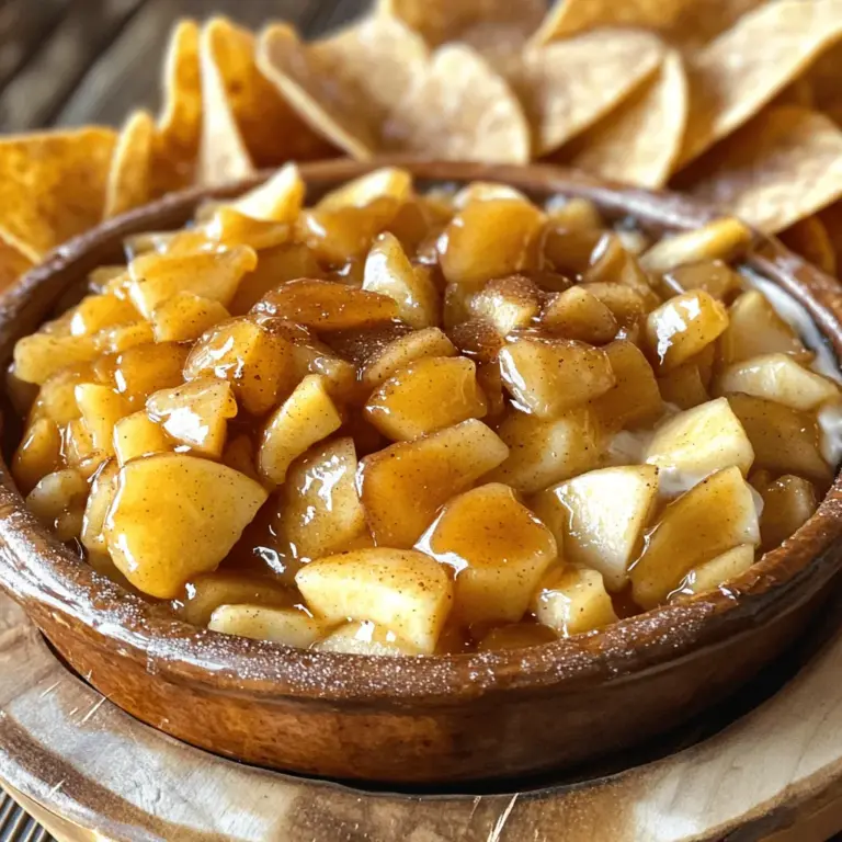 Für den Apfelkuchen-Dip braucht man einige einfache Zutaten. Diese machen das Rezept besonders lecker und leicht nachzumachen. Hier sind die Hauptzutaten: - 2 große Äpfel, geschält, entkernt und gewürfelt (bevorzugt Granny Smith oder Honeycrisp) - 60 g brauner Zucker - 1 Teelöffel Zimt - 1 Esslöffel Zitronensaft - 240 g Frischkäse, weichgerührt - 60 g Puderzucker - 1 Teelöffel Vanilleextrakt Diese Zutaten sorgen für einen cremigen und fruchtigen Dip. Die Äpfel bringen Frische, während Zimt und Zucker für den süßen Geschmack sorgen. Die Zimt-Chips sind einfach und schnell gemacht. Hier sind die Zutaten, die du dafür brauchst: - 4 große Mehl-Tortillas - 3 Esslöffel geschmolzene Butter - 50 g Zucker - 1 Esslöffel Zimt Die Tortillas werden knusprig und süß. Das macht sie perfekt zum Dippen. Eine Portion des Apfelkuchen-Dips mit Zimt-Chips hat viele gute Nährstoffe. Hier sind die Nährwertangaben für eine Portion (von insgesamt 6-8 Portionen): - Kalorien: ca. 180-220 kcal - Fett: 10 g - Kohlenhydrate: 25 g - Zucker: 15 g - Eiweiß: 2 g Das Rezept ist ideal für einen Snack oder ein Dessert. Der Dip bleibt frisch und lecker. Du kannst den Dip auch leicht anpassen, wenn du weniger Zucker verwenden möchtest. Für die genauen Mengen und die Zubereitung schaue dir das Full Recipe an. Um den Apfelkuchen-Dip zu machen, brauchst du zuerst die Äpfel. Ich benutze gerne Granny Smith oder Honeycrisp. Du solltest sie schälen, entkernen und in kleine Stücke schneiden. Danach mische sie mit dem braunen Zucker, Zimt und Zitronensaft in einer Schüssel. Rühre gut, damit alles gleichmäßig verteilt ist. In einer anderen Schüssel verrührst du den Frischkäse, Puderzucker und Vanilleextrakt. Mixe alles, bis die Masse schön cremig ist. Dann verteile diese Mischung in einer Servierschüssel. Darauf kommt die Apfelmischung. Achte darauf, dass die Äpfel gleichmäßig verteilt sind. Für die Zimt-Chips schneidest du die Mehl-Tortillas in Dreiecke. Bestreiche eine Seite jedes Dreiecks mit geschmolzener Butter. Mische Zucker und Zimt in einer kleinen Schüssel. Bestreue die ungestrichene Seite der Tortillas mit dieser Mischung. Lege die Tortillastücke mit der gezuckerten Seite nach oben auf ein Backblech. Backe sie bei 175°C für 10 bis 12 Minuten, bis sie goldbraun sind. Lass die Chips etwas abkühlen, bevor du sie servierst. Achte darauf, dass der Frischkäse weich genug ist. So vermischt er sich besser mit den anderen Zutaten. Wenn der Dip zu dick ist, kannst du etwas mehr Zitronensaft hinzufügen. Für die Zimt-Chips ist es wichtig, dass sie knusprig sind. Lass sie im Ofen, bis sie die richtige Farbe haben. So bleiben sie frisch und lecker. Wenn du die Chips warm servierst, schmecken sie besonders gut mit dem Dip. Für das vollständige Rezept, schau dir bitte die Übersicht an. Ein häufiger Fehler ist die Auswahl der Äpfel. Wähle feste Sorten wie Granny Smith oder Honeycrisp. Diese Äpfel geben den besten Geschmack. Achte darauf, die Äpfel gleichmäßig zu würfeln. So garen sie gleichmäßig. Vermeide es, den Frischkäse zu kalt zu verwenden. Lass ihn bei Raumtemperatur stehen, damit er sich leichter vermischen lässt. Ein weiterer Fehler ist das Überbacken der Zimt-Chips. Sie sollten knusprig sein, aber nicht verbrannt. Überwache sie im Ofen genau. Der Apfelkuchen-Dip ist perfekt für Partys. Serviere ihn in einer bunten Schüssel, um die Farben hervorzuheben. Stelle die Zimt-Chips auf einem schönen Teller daneben. Für einen festlichen Touch kannst du dünne Apfelscheiben zur Garnierung hinzufügen. Bei besonderen Anlässen kannst du auch kleine Schalen für jeden Gast verwenden. So hat jeder seinen eigenen Dip und Chips. Sei kreativ bei der Präsentation! Du kannst den Dip in einer ausgehöhlten Apfelhälfte servieren. Das sieht toll aus und gibt einen zusätzlichen Apfelgeschmack. Eine andere Idee ist, den Dip in einer Schüssel mit einem bunten Tuch zu umwickeln. Für einen zusätzlichen Wow-Faktor kannst du essbare Blumen verwenden. Streue sie über den Dip. Das macht ihn noch ansprechender. Wenn du mehr über das Rezept erfahren möchtest, schau dir das Full Recipe an. {{image_4}} Du kannst andere Früchte verwenden, um den Apfelkuchen-Dip zu variieren. Probiere Birnen für eine süßere Note. Pfirsiche bringen eine saftige Frische. Auch Beeren wie Himbeeren oder Blaubeeren sind lecker. Achte darauf, die Früchte gleichmäßig zu würfeln. So verteilen sie sich gut im Dip. Wenn du eine glutenfreie Option brauchst, gibt es einfache Lösungen. Nutze glutenfreie Tortillas aus Reis oder Mais. Diese sind leicht und knusprig. Du kannst auch dünne Reiskekse verwenden. Sie sind eine tolle Basis für die Zimt-Chips. Bestreiche sie wie gewohnt mit Butter und Zucker. Wenn du keinen Frischkäse magst, gibt es gute Alternativen. Quark macht den Dip leichter und frischer. Griechischer Joghurt sorgt für eine cremige Konsistenz. Du kannst auch veganen Frischkäse verwenden, wenn du pflanzliche Optionen bevorzugst. Achte darauf, die Süße anzupassen, wenn du einen anderen Käse wählst. Diese Variationen sind einfach und machen deinen Apfelkuchen-Dip noch spannender. Wenn du mehr darüber wissen möchtest, schau dir das Full Recipe an. Um den Apfelkuchen-Dip frisch zu halten, lege ihn in einen luftdichten Behälter. Achte darauf, dass der Deckel gut schließt. Dies schützt den Dip vor Luft und Gerüchen. Wenn du den Dip in den Kühlschrank stellst, bleibt er länger lecker. Der Apfelkuchen-Dip hält sich im Kühlschrank etwa 3 bis 5 Tage. Wenn du ihn länger aufbewahren möchtest, friere ihn ein. So bleibt der Geschmack erhalten. Du kannst ihn auch nach dem Einfrieren wieder aufwärmen. Die Zimt-Chips sind am besten frisch, aber du kannst sie wieder aufwärmen. Lege sie einfach auf ein Backblech und backe sie für etwa 5 Minuten bei 175°C. So werden sie wieder knusprig. Achte darauf, dass du sie nicht zu lange lässt, sonst werden sie hart. Du kannst den Apfelkuchen-Dip im Kühlschrank bis zu drei Tage aufbewahren. Achte darauf, ihn in einem luftdichten Behälter zu lagern. So bleibt er frisch und lecker. Wenn du ihn länger aufbewahren möchtest, kannst du ihn auch einfrieren. Denke daran, ihn in einem geeigneten Behälter zu lagern, damit er nicht eintrocknet. Zum Auftauen einfach über Nacht im Kühlschrank lassen. Ja, du kannst diesen Dip im Voraus zubereiten! Bereite den Apfelkuchen-Dip einfach einen Tag vorher zu. Lagere ihn im Kühlschrank, bis du ihn servieren möchtest. Es ist wichtig, die Zimt-Chips frisch zuzubereiten. So bleiben sie knusprig und lecker. Du kannst die Chips aber auch ein paar Stunden vorher machen und sie in einer luftdichten Tüte aufbewahren. Die Zimt-Chips passen gut zu verschiedenen Dips. Hier sind einige leckere Ideen: - Schokoladen-Dip - Karamell-Dip - Erdnussbutter-Dip - Vanille-Joghurt-Dip Diese Dips ergänzen den Geschmack der Zimt-Chips wunderbar. Probiere sie aus und finde deinen Favoriten! Der Apfelkuchen-Dip und die Zimt-Chips sind ein tolles Duo. Wir haben die Hauptzutaten, die Schritt-für-Schritt-Anleitung und nützliche Tipps behandelt. Du hast auch viele Möglichkeiten, kreativ zu sein. Denk daran, häufige Fehler zu vermeiden und deinen Dip richtig aufzubewahren. Diese Leckerei bringt Freude zu jedem Anlass. Behalte die Variationen im Kopf, um das Rezept anzupassen. Jetzt liegt es an dir, diese einfache Köstlichkeit auszuprobieren!