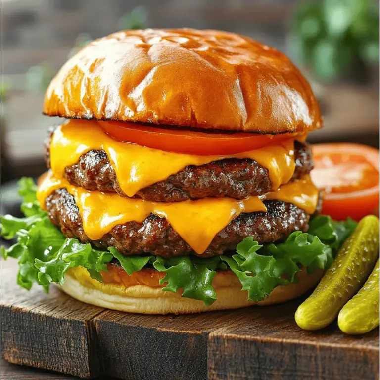 Um einen köstlichen doppelten Käse Smash Burger zu machen, brauchen Sie folgende Zutaten: - 450 g Rinderhackfleisch (80/20 Mischung empfohlen) - 4 Scheiben Cheddarkäse - 4 Scheiben Pepper Jack Käse Diese Zutaten bilden die Basis für Ihren Burger. Das Rinderhackfleisch sorgt für den saftigen Geschmack, während die Käse-Sorten für eine cremige Textur sorgen. Die richtigen Gewürze und Öle bringen den Geschmack zum Leben. Verwenden Sie: - 2 Esslöffel Olivenöl - 1 Teelöffel Knoblauchpulver - 1 Teelöffel Zwiebelpulver - Salz und Pfeffer nach Geschmack Das Olivenöl hilft, die Patties schön zu braten. Die Gewürze fügen Tiefe und Aroma hinzu, die jeden Biss zu einem Genuss machen. Für einen perfekten Burger sind die Brötchen und Beilagen wichtig. Sie benötigen: - 4 Burgerbrötchen (vorzugsweise Brioche) - 1 Tasse Blattgemüse (z.B. Eisbergsalat) - 1 Tomate, in Scheiben geschnitten - Essiggurken (optional, zum Garnieren) Die Brioche-Brötchen sind weich und süß, was den herzhaften Burger ausgleicht. Das Blattgemüse und die Tomate bringen Frische, und die Essiggurken sind ein toller Zusatz für den Crunch. Für das vollständige Rezept schauen Sie sich die vollständige Rezeptbeschreibung an. Zuerst sammeln wir alles, was wir brauchen. Das macht den Prozess schnell und einfach. Schneide die Tomate in Scheiben. Bereite das Blattgemüse vor. Heize eine große Pfanne oder Grillplatte auf mittlerer bis hoher Hitze vor. Das ist wichtig, um die Patties schön anzubraten. Nimm das Rinderhackfleisch und teile es in vier gleichmäßige Portionen. Jede Portion sollte etwa 113 Gramm wiegen. Forme diese Portionen vorsichtig zu lockeren Bällchen. Drücke sie nicht zu fest, sonst werden sie zäh. Würze die Bällchen gleichmäßig mit Salz, Pfeffer, Knoblauchpulver und Zwiebelpulver. Diese Gewürze geben dem Burger viel Geschmack. Wenn die Pfanne heiß ist, gib das Olivenöl hinein. Platziere die Hackbällchen in der Pfanne mit genug Abstand zueinander. Mit einem stabilen Pfannenwender drücke jedes Hackbällchen gleichmäßig auf etwa 1,25 cm Dicke. Brate die Patties etwa 2-3 Minuten, bis eine schöne Kruste entsteht. Wende die Patties vorsichtig und lege sofort je eine Scheibe Cheddar- und Pepper Jack Käse darauf. Lass sie 2-3 Minuten braten, damit der Käse schmelzen kann. Röste währenddessen die Burgerbrötchen. Schneide sie in der Mitte durch. Lege die Brötchen mit der Schnittseite nach unten in eine Pfanne und röste sie goldbraun. Jetzt ist es Zeit, die Burger zusammenzustellen! Beginne mit dem gerösteten Brötchen. Füge ein Blatt Gemüse hinzu, dann das Käse-Pattie, eine Scheibe Tomate und optional Essiggurken. Decke das Ganze mit der anderen Brötchenhälfte ab. Serviere die doppelten Käse Smash Burger sofort mit deinen Lieblingsbeilagen. Um die besten Patties zu braten, achte auf die Fleischqualität. Nutze eine Mischung aus 80% Rindfleisch und 20% Fett. Dies sorgt für saftige Burger. Teile das Fleisch in gleich große Portionen. Formen sie lockere Bällchen, nicht zu fest drücken. Würze die Patties gleichmäßig mit Salz, Pfeffer, Knoblauch- und Zwiebelpulver. Lass die Patties vor dem Braten etwas ruhen. So verteilen sich die Säfte gut. Die Wahl des Käses ist entscheidend für den Geschmack. Cheddar und Pepper Jack sind perfekt für diesen Burger. Sie schmelzen gut und geben viel Aroma. Lege jeweils eine Scheibe Käse auf jedes Patty, wenn du das Patty wendest. So schmilzt der Käse gleichmäßig. Du kannst auch experimentieren, z.B. mit Blauschimmelkäse oder Gouda. Achte darauf, dass der Käse frisch ist. Frischer Käse hat den besten Geschmack. Die richtige Temperatur ist wichtig. Heize die Pfanne oder Grillplatte auf mittlere bis hohe Hitze vor. Ein heißes Kochgerät sorgt für eine gute Kruste. Brate die Patties etwa 2-3 Minuten auf einer Seite. Wende sie vorsichtig und füge den Käse hinzu. Brate sie dann weitere 2-3 Minuten. Diese Zeit reicht, damit das Fleisch gar wird und der Käse schmilzt. Toast die Brötchen in einer separaten Pfanne für extra Geschmack. {{image_4}} Wenn du nach einer fleischfreien Option suchst, probiere einen vegetarischen Burger. Du kannst schwarze Bohnen oder Kichererbsen verwenden. Diese geben einen tollen Geschmack und eine gute Textur. Forme die Mischung in Patties und brate sie genauso wie die Rinderpatties. Kombiniere sie mit Käse und frischem Gemüse für einen leckeren Genuss. Um deinen Burger noch spannender zu machen, füge besondere Zutaten hinzu. Wie wäre es mit karamellisierten Zwiebeln oder gebratenem Speck? Du kannst auch Avocado oder Jalapeños für einen scharfen Kick nehmen. Für einen rauchigen Geschmack, benutze geräucherten Käse oder einen BBQ-Sauce. Diese kleinen Aufwertungen machen einen großen Unterschied. Die Wahl der Toppings macht deinen Burger einzigartig. Hier sind einige beliebte Optionen: - Blattgemüse: Eisbergsalat oder Rucola für Frische. - Tomaten: Saftige Scheiben für mehr Geschmack. - Essiggurken: Für einen knackigen Biss. - Zwiebeln: Roh oder gegrillt, je nach Vorliebe. - Saucen: Ketchup, Senf oder eine spezielle Burger-Sauce. Experimentiere mit diesen Zutaten und finde deine perfekte Kombination. Du wirst begeistert sein! Für das vollständige Rezept kannst du [Full Recipe] anschauen. Du kannst die Burger-Patties im Voraus zubereiten. Teile das Rinderhackfleisch in Portionen und forme sie zu Bällchen. Wickel die Patties in Frischhaltefolie und lege sie in den Kühlschrank. Sie bleiben dort für bis zu zwei Tage frisch. Wenn du sie länger aufbewahren willst, friere sie ein. So kannst du einfach einen Patty auftauen, wann immer du Hunger hast. Falls du Reste hast, lagere sie gut. Lege die übrig gebliebenen Patties in einen luftdichten Behälter. Achte darauf, dass sie gut abgekühlt sind, bevor du sie lagerst. So bleiben sie frisch und lecker. Im Kühlschrank sind sie bis zu drei Tage haltbar. Wenn du sie länger aufbewahren möchtest, friere sie ein. Um die Burger-Patties aufzuwärmen, benutze eine Pfanne oder einen Grill. Erhitze sie bei mittlerer Hitze. Das dauert etwa 5 Minuten pro Seite. So werden sie wieder warm und bleiben saftig. Du kannst auch die Mikrowelle nutzen, aber das macht die Patties oft trocken. Wenn du die Patties aufwärmst, füge frischen Käse hinzu, damit er schmilzt. So schmecken sie wie frisch zubereitet. Um den perfekten Smash Burger zu machen, brauchst du frisches Rinderhackfleisch. Ich empfehle eine 80/20 Mischung für den besten Geschmack. Teile das Fleisch in gleich große Kugeln. Wichtig ist, dass du die Patties beim Braten kräftig zerdrückst. So bildest du eine tolle Kruste. Würze die Patties gut mit Salz und Pfeffer. Nutze eine heiße Pfanne oder Grillplatte. Das gibt einen schönen, angebratenen Geschmack. Füge am Ende die Käsescheiben hinzu, damit sie schön schmelzen. Ein Smash Burger unterscheidet sich von einem normalen Burger durch die Zubereitungsart. Bei einem normalen Burger formst du die Patties vor dem Braten. Bei einem Smash Burger zerdrückst du das Fleisch in der Pfanne. Dadurch entsteht eine knusprige Kruste. Die Hitze sorgt dafür, dass der Saft im Burger bleibt. Das Ergebnis ist ein saftiger, geschmackvoller Burger. Zu einem doppelten Käse Smash Burger passen verschiedene Getränke. Ein kühles Bier ist eine beliebte Wahl. Ein frischer Limonade oder Eistee kann auch gut harmonieren. Wenn du es klassisch magst, probiere Cola oder einen anderen Softdrink. Für eine gesunde Wahl ist Mineralwasser mit Zitrone perfekt. Diese Getränke ergänzen den herzhaften Geschmack des Burgers wunderbar. Ein doppelter Käse Smash Burger ist ein Genuss, den jeder selbst zubereiten kann. Wir haben die wichtigen Zutaten, die Anleitung und nützliche Tipps durchlaufen. Variationen geben dir viele Ideen, um kreativ zu sein. Auch die Lagerung und das Aufwärmen sind leicht, wenn du die Hinweise beachtest. Mit diesen Tipps kannst du den perfekten Burger machen. Experimentiere mit Zutaten und finde deinen Favoriten!
