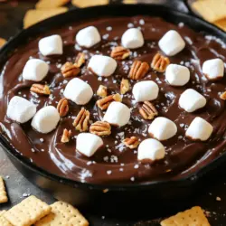 Um einen köstlichen S'mores Dip zu machen, brauchen wir: - 1 Tasse halbsüße Schokoladenstückchen - 1 Tasse Mini-Marshmallows - 1 Esslöffel ungesalzene Butter - 1/2 Teelöffel Vanilleextrakt - 1/4 Teelöffel Meersalz - Graham Crackers zum Dippen - Optional: gehackte Nüsse, wie Pekannüsse oder Walnüsse Jede dieser Zutaten trägt zu dem tollen Geschmack bei. Die Schokolade gibt die süße Basis. Die Marshmallows bringen die fluffige Textur. Butter sorgt für einen tollen Glanz und Geschmack. Vanille und Salz runden die Aromen perfekt ab. Für die Zubereitung unseres S'mores Dips brauchen wir: - Eine mittelgroße, ofenfeste Pfanne - Einen Kochlöffel zum Rühren - Einen Ofen zum Backen Die Pfanne ist wichtig, da sie das Dip gleichmäßig erhitzt. Der Kochlöffel hilft, die Zutaten gut zu vermischen. Der Ofen sorgt dafür, dass die Marshmallows schön golden werden. Wählen Sie hochwertige Schokoladenstückchen für den besten Geschmack. Halbsüße Schokolade hat die perfekte Balance zwischen süß und herzhaft. Achten Sie auf frische Marshmallows, da sie beim Backen schön aufgehen. Die Butter sollte ungesalzen sein, um die Kontrolle über den Salzgehalt zu behalten. Wenn Sie Nüsse hinzufügen, wählen Sie frische und knackige. So verbessern sie die Textur und den Geschmack des Dips. Heize deinen Ofen auf 232°C (450°F) vor. Das ist wichtig für das perfekte Dip. In einer mittelgroßen, ofenfesten Pfanne schmilzt du 1 Esslöffel ungesalzene Butter bei mittlerer Hitze. Achte darauf, dass die Butter nicht bräunt. Sobald sie geschmolzen ist, nimm die Pfanne vom Herd. Jetzt kommt der aufregende Teil! Füge 1 Tasse halbsüße Schokoladenstückchen zur geschmolzenen Butter hinzu. Rühre gut um, bis die Schokolade ganz geschmolzen und cremig ist. Dann gib 1/2 Teelöffel Vanilleextrakt und 1/4 Teelöffel Meersalz dazu. Diese Zutaten geben dem Dip einen tollen Geschmack. Verteile gleichmäßig 1 Tasse Mini-Marshmallows über der Schokoladenschicht. Achte darauf, dass die Marshmallows die Schokolade gut bedecken. Jetzt ist die Pfanne bereit für den Ofen. Stelle sie für 5-7 Minuten in den vorgeheizten Ofen. Warte, bis die Marshmallows goldbraun und blubbernd sind. Nimm die Pfanne dann heraus und lasse das Dip kurz abkühlen. So bleibt es schön cremig, wenn du es servierst. Für den besten Genuss serviere das Dip mit Graham Crackers. Du kannst auch gehackte Nüsse darüber streuen, wenn du einen extra Crunch magst. So einfach ist es, S'mores Dip köstlich zuzubereiten! Um die beste Konsistenz für S'mores Dip zu erzielen, ist die richtige Mischung wichtig. Die Schokolade sollte cremig und glatt sein. Fügen Sie die Mini-Marshmallows gleichmäßig obenauf hinzu. Dies sorgt für ein gleichmäßiges Schmelzen und eine schöne, klebrige Schicht. Achten Sie darauf, die Pfanne nicht zu lange im Ofen zu lassen. Goldbraune Marshmallows sind das Ziel! Ein häufiger Fehler ist, die Schokolade zu überhitzen. Dies kann dazu führen, dass die Schokolade klumpig wird. Schmelzen Sie die Schokolade langsam und rühren Sie gut um. Ein weiterer Fehler ist, zu viele Marshmallows hinzuzufügen. Dies kann das Dip zu süß machen. Halten Sie sich an die Menge im Full Recipe, um den perfekten Geschmack zu erreichen. Servieren Sie das Dip direkt in der Pfanne. Das sieht rustikal und einladend aus. Stellen Sie eine Auswahl an Graham Crackers rund um die Pfanne. Sie können auch gehackte Nüsse darüber streuen. Dies gibt dem Dip einen zusätzlichen Crunch und macht ihn optisch ansprechend. Ein schöner Touch ist, frische Beeren als Garnitur zu verwenden. {{image_4}} Eine tolle Variante ist die Zugabe von Nüssen. Sie bringen einen knusprigen Biss. Ich empfehle gehackte Pekannüsse oder Walnüsse. Streue die Nüsse einfach über die geschmolzene Schokolade. So wird dein Dip noch interessanter. Die Nüsse fügen einen neuen Geschmack hinzu. Sie passen perfekt zu Schokolade und Marshmallows. Du kannst auch Gewürze hinzufügen, um den Dip zu verfeinern. Zimt gibt eine warme Note. Eine Prise Muskatnuss bringt Tiefe. Probiere es aus! Diese Gewürze ergänzen die Süße der Schokolade gut. Experimentiere mit verschiedenen Kombis. So findest du deinen perfekten Geschmack. Wenn du vegan kochen möchtest, gibt es einfache Alternativen. Verwende vegane Schokoladenstückchen. Ersetze die Butter durch Kokosöl oder pflanzliche Margarine. Achte darauf, dass die Marshmallows vegan sind. Viele Marken bieten diese an. So kannst du allen eine Freude machen. Dein veganer S'mores Dip wird trotzdem lecker sein. Für mehr Details zur Zubereitung, schau dir das Full Recipe an. Um S'mores Dip frisch zu halten, lassen Sie ihn zuerst abkühlen. Danach decken Sie die Pfanne mit Frischhaltefolie oder einem Deckel ab. Lagern Sie den Dip dann im Kühlschrank. Verwenden Sie einen luftdichten Behälter, wenn Sie eine andere Form haben. So bleibt der Dip bis zu vier Tage frisch. Um Reste von S'mores Dip aufzuwärmen, verwenden Sie den Ofen oder die Mikrowelle. Für den Ofen geben Sie den Dip in eine ofenfeste Schüssel. Heizen Sie den Ofen auf 180°C (350°F) vor. Backen Sie ihn für etwa 10 Minuten, bis er warm ist. Für die Mikrowelle geben Sie den Dip in eine mikrowellengeeignete Schüssel. Wärmen Sie ihn in 30-Sekunden-Intervallen auf, bis er warm ist. Achten Sie darauf, dass die Marshmallows nicht verbrennen. Im Kühlschrank bleibt S'mores Dip bis zu vier Tage haltbar. Nach dieser Zeit kann der Geschmack und die Textur leiden. Wenn Sie den Dip länger aufbewahren möchten, frieren Sie ihn ein. In einem luftdichten Behälter hält er sich bis zu drei Monate. Denken Sie daran, beim Auftauen den Dip im Kühlschrank über Nacht aufzutauen. So bleibt er am besten erhalten. Die Zubereitung von S'mores Dip dauert nur etwa 15 Minuten. Sie brauchen 10 Minuten zum Vorbereiten und 5 Minuten zum Backen. Es ist schnell und einfach, sodass Sie es jederzeit machen können. Ja, Sie können S'mores Dip im Voraus zubereiten. Bereiten Sie die Schokoladenbasis und die Marshmallows vor. Lagern Sie es dann im Kühlschrank. Wenn Sie bereit sind, backen Sie es einfach für 5 bis 7 Minuten. So haben Sie einen schnellen Snack, wenn Sie ihn brauchen. Wenn Sie keine Graham Crackers haben, probieren Sie Kekse wie Digestive oder Butterkekse. Sie können auch Obst wie Äpfel oder Bananen verwenden. Diese Optionen bringen neue Geschmäcker in Ihr Dip-Erlebnis. S'mores Dip ist einfach und macht Spaß zuzubereiten. Wir haben die besten Zutaten und Tipps durchgeheftet. Du weißt jetzt, wie du den Ofen vorheizst und die perfekten Marshmallows platzierst. Unsere Tipps helfen dir, häufige Fehler zu vermeiden. Du kannst mit Variationen und sogar veganen Alternativen experimentieren. Denke daran, wie wichtig die richtige Lagerung ist. Halte Reste frisch. S'mores Dip bringt Freude zu jedem Anlass. Mach es dir leicht und genieße jeden Bissen!