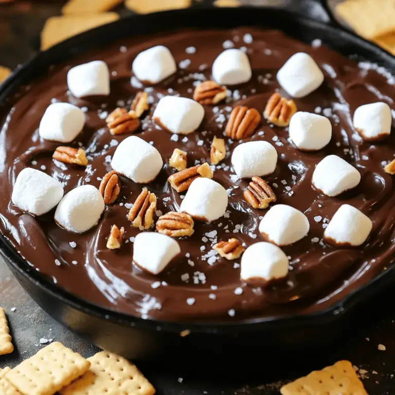 Um einen köstlichen S'mores Dip zu machen, brauchen wir: - 1 Tasse halbsüße Schokoladenstückchen - 1 Tasse Mini-Marshmallows - 1 Esslöffel ungesalzene Butter - 1/2 Teelöffel Vanilleextrakt - 1/4 Teelöffel Meersalz - Graham Crackers zum Dippen - Optional: gehackte Nüsse, wie Pekannüsse oder Walnüsse Jede dieser Zutaten trägt zu dem tollen Geschmack bei. Die Schokolade gibt die süße Basis. Die Marshmallows bringen die fluffige Textur. Butter sorgt für einen tollen Glanz und Geschmack. Vanille und Salz runden die Aromen perfekt ab. Für die Zubereitung unseres S'mores Dips brauchen wir: - Eine mittelgroße, ofenfeste Pfanne - Einen Kochlöffel zum Rühren - Einen Ofen zum Backen Die Pfanne ist wichtig, da sie das Dip gleichmäßig erhitzt. Der Kochlöffel hilft, die Zutaten gut zu vermischen. Der Ofen sorgt dafür, dass die Marshmallows schön golden werden. Wählen Sie hochwertige Schokoladenstückchen für den besten Geschmack. Halbsüße Schokolade hat die perfekte Balance zwischen süß und herzhaft. Achten Sie auf frische Marshmallows, da sie beim Backen schön aufgehen. Die Butter sollte ungesalzen sein, um die Kontrolle über den Salzgehalt zu behalten. Wenn Sie Nüsse hinzufügen, wählen Sie frische und knackige. So verbessern sie die Textur und den Geschmack des Dips. Heize deinen Ofen auf 232°C (450°F) vor. Das ist wichtig für das perfekte Dip. In einer mittelgroßen, ofenfesten Pfanne schmilzt du 1 Esslöffel ungesalzene Butter bei mittlerer Hitze. Achte darauf, dass die Butter nicht bräunt. Sobald sie geschmolzen ist, nimm die Pfanne vom Herd. Jetzt kommt der aufregende Teil! Füge 1 Tasse halbsüße Schokoladenstückchen zur geschmolzenen Butter hinzu. Rühre gut um, bis die Schokolade ganz geschmolzen und cremig ist. Dann gib 1/2 Teelöffel Vanilleextrakt und 1/4 Teelöffel Meersalz dazu. Diese Zutaten geben dem Dip einen tollen Geschmack. Verteile gleichmäßig 1 Tasse Mini-Marshmallows über der Schokoladenschicht. Achte darauf, dass die Marshmallows die Schokolade gut bedecken. Jetzt ist die Pfanne bereit für den Ofen. Stelle sie für 5-7 Minuten in den vorgeheizten Ofen. Warte, bis die Marshmallows goldbraun und blubbernd sind. Nimm die Pfanne dann heraus und lasse das Dip kurz abkühlen. So bleibt es schön cremig, wenn du es servierst. Für den besten Genuss serviere das Dip mit Graham Crackers. Du kannst auch gehackte Nüsse darüber streuen, wenn du einen extra Crunch magst. So einfach ist es, S'mores Dip köstlich zuzubereiten! Um die beste Konsistenz für S'mores Dip zu erzielen, ist die richtige Mischung wichtig. Die Schokolade sollte cremig und glatt sein. Fügen Sie die Mini-Marshmallows gleichmäßig obenauf hinzu. Dies sorgt für ein gleichmäßiges Schmelzen und eine schöne, klebrige Schicht. Achten Sie darauf, die Pfanne nicht zu lange im Ofen zu lassen. Goldbraune Marshmallows sind das Ziel! Ein häufiger Fehler ist, die Schokolade zu überhitzen. Dies kann dazu führen, dass die Schokolade klumpig wird. Schmelzen Sie die Schokolade langsam und rühren Sie gut um. Ein weiterer Fehler ist, zu viele Marshmallows hinzuzufügen. Dies kann das Dip zu süß machen. Halten Sie sich an die Menge im Full Recipe, um den perfekten Geschmack zu erreichen. Servieren Sie das Dip direkt in der Pfanne. Das sieht rustikal und einladend aus. Stellen Sie eine Auswahl an Graham Crackers rund um die Pfanne. Sie können auch gehackte Nüsse darüber streuen. Dies gibt dem Dip einen zusätzlichen Crunch und macht ihn optisch ansprechend. Ein schöner Touch ist, frische Beeren als Garnitur zu verwenden. {{image_4}} Eine tolle Variante ist die Zugabe von Nüssen. Sie bringen einen knusprigen Biss. Ich empfehle gehackte Pekannüsse oder Walnüsse. Streue die Nüsse einfach über die geschmolzene Schokolade. So wird dein Dip noch interessanter. Die Nüsse fügen einen neuen Geschmack hinzu. Sie passen perfekt zu Schokolade und Marshmallows. Du kannst auch Gewürze hinzufügen, um den Dip zu verfeinern. Zimt gibt eine warme Note. Eine Prise Muskatnuss bringt Tiefe. Probiere es aus! Diese Gewürze ergänzen die Süße der Schokolade gut. Experimentiere mit verschiedenen Kombis. So findest du deinen perfekten Geschmack. Wenn du vegan kochen möchtest, gibt es einfache Alternativen. Verwende vegane Schokoladenstückchen. Ersetze die Butter durch Kokosöl oder pflanzliche Margarine. Achte darauf, dass die Marshmallows vegan sind. Viele Marken bieten diese an. So kannst du allen eine Freude machen. Dein veganer S'mores Dip wird trotzdem lecker sein. Für mehr Details zur Zubereitung, schau dir das Full Recipe an. Um S'mores Dip frisch zu halten, lassen Sie ihn zuerst abkühlen. Danach decken Sie die Pfanne mit Frischhaltefolie oder einem Deckel ab. Lagern Sie den Dip dann im Kühlschrank. Verwenden Sie einen luftdichten Behälter, wenn Sie eine andere Form haben. So bleibt der Dip bis zu vier Tage frisch. Um Reste von S'mores Dip aufzuwärmen, verwenden Sie den Ofen oder die Mikrowelle. Für den Ofen geben Sie den Dip in eine ofenfeste Schüssel. Heizen Sie den Ofen auf 180°C (350°F) vor. Backen Sie ihn für etwa 10 Minuten, bis er warm ist. Für die Mikrowelle geben Sie den Dip in eine mikrowellengeeignete Schüssel. Wärmen Sie ihn in 30-Sekunden-Intervallen auf, bis er warm ist. Achten Sie darauf, dass die Marshmallows nicht verbrennen. Im Kühlschrank bleibt S'mores Dip bis zu vier Tage haltbar. Nach dieser Zeit kann der Geschmack und die Textur leiden. Wenn Sie den Dip länger aufbewahren möchten, frieren Sie ihn ein. In einem luftdichten Behälter hält er sich bis zu drei Monate. Denken Sie daran, beim Auftauen den Dip im Kühlschrank über Nacht aufzutauen. So bleibt er am besten erhalten. Die Zubereitung von S'mores Dip dauert nur etwa 15 Minuten. Sie brauchen 10 Minuten zum Vorbereiten und 5 Minuten zum Backen. Es ist schnell und einfach, sodass Sie es jederzeit machen können. Ja, Sie können S'mores Dip im Voraus zubereiten. Bereiten Sie die Schokoladenbasis und die Marshmallows vor. Lagern Sie es dann im Kühlschrank. Wenn Sie bereit sind, backen Sie es einfach für 5 bis 7 Minuten. So haben Sie einen schnellen Snack, wenn Sie ihn brauchen. Wenn Sie keine Graham Crackers haben, probieren Sie Kekse wie Digestive oder Butterkekse. Sie können auch Obst wie Äpfel oder Bananen verwenden. Diese Optionen bringen neue Geschmäcker in Ihr Dip-Erlebnis. S'mores Dip ist einfach und macht Spaß zuzubereiten. Wir haben die besten Zutaten und Tipps durchgeheftet. Du weißt jetzt, wie du den Ofen vorheizst und die perfekten Marshmallows platzierst. Unsere Tipps helfen dir, häufige Fehler zu vermeiden. Du kannst mit Variationen und sogar veganen Alternativen experimentieren. Denke daran, wie wichtig die richtige Lagerung ist. Halte Reste frisch. S'mores Dip bringt Freude zu jedem Anlass. Mach es dir leicht und genieße jeden Bissen!