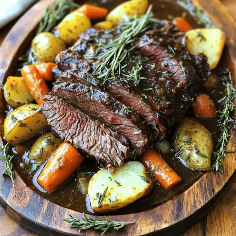- Rinderbraten (Chuck Roast): Dies ist das Herzstück des Gerichts. Wählen Sie ein Stück mit Fett, das beim Kochen schmilzt. Es macht das Fleisch zart und saftig. - Rinderbrühe und Gemüse: Die Brühe bringt Geschmack und Feuchtigkeit. Karotten, Zwiebeln und Kartoffeln sind ideal. Sie fügen Farbe und Textur hinzu. - Gewürze und Kräuter: Frischer Rosmarin und Thymian bringen Aromen. Senf gibt einen kleinen Kick. Salz und Pfeffer runden alles ab. Diese Zutaten machen das Gericht einfach und herzhaft. Die Kombination sorgt für ein gemütliches Essen, das die ganze Familie liebt. Wenn Sie das vollständige Rezept suchen, finden Sie es hier: [Full Recipe]. Zuerst würze den Rinderbraten. Nutze viel Salz und Pfeffer. Das sorgt für einen tollen Geschmack. Erhitze dann zwei Esslöffel Olivenöl in einem großen Topf. Brate den Rinderbraten rundherum an. Achte darauf, dass er goldbraun wird. Das dauert etwa drei bis vier Minuten pro Seite. Nimm den Braten dann aus dem Topf. Das ist wichtig, damit er nicht zu trocken wird. Jetzt sind die Zwiebeln und der Knoblauch dran. Schneide die Zwiebel in Viertel und hacke den Knoblauch klein. Gib beides in den gleichen Topf. Brate sie für zwei bis drei Minuten an. Sie sollten jetzt aromatisch sein. Der Geruch wird köstlich sein! Als Nächstes füge das Gemüse hinzu. Schneide die Karotten in große Stücke und die Kartoffeln in Viertel. Lege sie um den Braten. In einer Schüssel mische die Rinderbrühe mit Rosmarin, Thymian und Senf. Gieße diese Mischung über den Braten und das Gemüse. Jetzt ist der Ofen dran. Heize ihn auf 150°C vor. Decke den Topf mit einem Deckel ab. Lass alles für drei bis vier Stunden schmoren. Das Fleisch wird zart und das Gemüse weich. Überprüfe ab und zu den Flüssigkeitsstand. Wenn nötig, füge mehr Brühe hinzu. Nach dem Garprozess lasse den Braten zehn bis fünfzehn Minuten ruhen. So bleibt er saftig und lecker. Für das vollständige Rezept schau dir die Anleitung im [Full Recipe] an. - Beste Rinderschnitte für Schmorbraten: Ich empfehle, Chuck Roast zu wählen. Dieses Stück hat viel Fett und Bindegewebe. Es wird beim langen Garen zart und saftig. Auch Brisket oder Rinderbeinscheiben sind großartige Optionen. - Weitere Geheimtipps für zartes Fleisch: Achten Sie darauf, das Fleisch gut zu würzen. Salz zieht Feuchtigkeit an und hilft, den Geschmack zu verbessern. Lassen Sie das Fleisch vor dem Garen etwas ruhen. Das hilft, die Säfte zu halten. - Ofen, Slow Cooker, Instant Pot Vergleiche: Der Ofen gibt Ihnen die beste Kontrolle. Langsame Garmethoden bringen die besten Aromen hervor. Slow Cooker sind praktisch für lange Garzeiten. Der Instant Pot spart Zeit, aber das Ergebnis kann anders sein. - Anpassungen an der Garzeit: Wenn Sie weniger Fleisch verwenden, reduzieren Sie die Garzeit. Achten Sie darauf, das Fleisch mit einer Gabel zu überprüfen. Es sollte leicht zerfallen. Für mehr Gemüse könnten Sie die Garzeit auch verlängern, um sicherzustellen, dass alles gleichmäßig gart. {{image_4}} Wenn Sie Ihren Pot Roast anpassen möchten, gibt es viele Möglichkeiten. Verschiedene Gemüsesorten bringen neue Aromen. Versuchen Sie, Sellerie, Pastinaken oder sogar Pilze hinzuzufügen. Diese Gemüse geben Geschmack und Textur. Sie können auch unterschiedliche Gewürze verwenden. Kurkuma, Paprika oder sogar eine Prise Zimt können interessante Wendungen bieten. Denken Sie daran, die Gewürze nach und nach hinzuzufügen. So können Sie den Geschmack besser kontrollieren. Lassen Sie sich von internationalen Küchen inspirieren. Spanische Einflüsse könnten Oliven und Paprika einbringen. Solche Zutaten machen das Gericht lebendiger. Italienische Varianten nutzen oft Rotwein und italienische Kräuter. Rosmarin und Oregano passen perfekt zu Rindfleisch. Asiatische Versionen könnten Sojasauce und Ingwer enthalten. Diese Zutaten sorgen für einen ganz neuen Geschmack. Egal welche Variation Sie wählen, jede bringt ihre eigene Note. Experimentieren Sie und finden Sie Ihre Lieblingskombination! - Lagern Sie Reste in einem luftdichten Behälter. - So bleibt der Geschmack frisch und die Textur gut. - Im Kühlschrank halten sie sich bis zu drei Tage. - Im Gefrierfach können sie bis zu drei Monate bleiben. - Die beste Methode ist, ihn langsam zu erwärmen. - Nutzen Sie den Ofen bei 150°C. - Decken Sie den Braten mit Folie ab, um ihn feucht zu halten. - Eine andere Option ist die Mikrowelle, aber diese kann austrocknen. - Fügen Sie etwas Brühe hinzu, wenn Sie ihn in der Mikrowelle aufwärmen. - So bleibt das Fleisch saftig und zart. Der Schmorbraten muss etwa 3 bis 4 Stunden kochen. Diese Zeit ist wichtig. Das Fleisch muss zart werden. Man braucht Geduld, um den vollen Geschmack zu genießen. Die Hitze sollte konstant bei 150°C sein. Eine niedrige Temperatur hilft, das Fleisch weich zu machen. Überprüfen Sie den Braten nach 3 Stunden. Er sollte sich leicht mit einer Gabel zerteilen lassen. Ja, Sie können andere Fleischstücke verwenden. Zum Beispiel eignet sich ein Schulterstück oder eine Keule. Diese Stücke sind oft günstiger und ebenfalls schmackhaft. Sie brauchen auch eine lange Garzeit. Achten Sie darauf, fettreiche Stücke zu wählen. Diese machen das Gericht saftiger. Experimentieren Sie mit verschiedenen Fleischarten, um neue Geschmäcker zu entdecken. Zu Schmorbraten passen viele Beilagen gut. Kartoffeln, Reis oder frisches Brot sind ideal. Gemüse wie grüne Bohnen oder Rosenkohl ergänzen das Gericht perfekt. Ein einfacher Salat kann auch frisch wirken. Denkt daran, die Beilagen gut zu würzen. Sie sollten den Geschmack des Bratens unterstützen. Das vollständige Rezept finden Sie hier: [Full Recipe]. Dort sind alle Schritte und Zutaten aufgelistet. So können Sie den Schmorbraten leicht nachkochen. Zusammenfassend haben wir die Hauptzutaten und die Schritte für einen köstlichen Schmorbraten besprochen. Ich habe Tipps gegeben, wie man das perfekte Fleisch auswählt und welche Garmethoden sich anbieten. Variationen können den Geschmack auf eine neue Ebene bringen. Reste lassen sich leicht lagern und wieder aufwärmen. Du hast jetzt alles, was du brauchst, um ein tolles Gericht zu kreieren. Also, schnapp dir deine Zutaten und leg los!