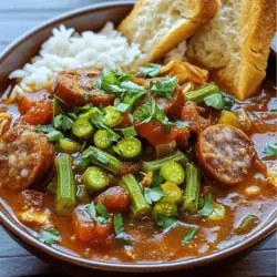 Um das perfekte Gumbo zu machen, brauchst du eine Vielzahl an Zutaten. Hier ist eine Liste der benötigten Zutaten: - 1/2 Tasse Pflanzenöl - 1/2 Tasse Allzweckmehl - 1 große Zwiebel, gewürfelt - 1 grüne Paprika, gewürfelt - 2 Selleriestangen, gewürfelt - 4 Knoblauchzehen, gehackt - 450 g geräucherte Wurst, in Scheiben geschnitten - 450 g entbeinte Hühnchenschenkel, in mundgerechte Stücke geschnitten - 1 Teelöffel Cayennepfeffer (nach Geschmack anpassen) - 1 Esslöffel Paprika - 1 Esslöffel getrockneter Thymian - 2 Lorbeerblätter - 2 Liter Hühnerbrühe - 1 Dose (400 g) gewürfelte Tomaten mit grünen Chilischoten - 450 g Garnelen, geschält und entdarmt - 2 Tassen Okra, in Scheiben geschnitten (frisch oder gefroren) - Salz und Pfeffer nach Geschmack - 4 Frühlingszwiebeln, in Scheiben (zum Garnieren) - Frische Petersilie, gehackt (zum Garnieren) - Gekochter weißer Reis (zum Servieren) Jede Zutat spielt eine wichtige Rolle im Geschmack des Gumbo. Das Pflanzenöl und das Mehl bilden die Basis für die Mehlschwitze. Diese gibt dem Gericht eine schöne Tiefe und Farbe. Die „heilige Dreifaltigkeit“ aus Zwiebeln, Paprika und Sellerie bringt Frische und Aroma. Fleisch und Meeresfrüchte sind das Herz des Gerichts. Die geräucherte Wurst bringt einen rauchigen Geschmack, während die Garnelen und Hühnchen zart und saftig werden. Okra gibt dem Gumbo eine besondere Textur und Bindung. Die Gewürze wie Cayennepfeffer, Paprika und Thymian sorgen für den typischen Cajun-Geschmack. Frische Kräuter wie Petersilie und Frühlingszwiebeln als Garnitur machen das Gericht lebendig und frisch. Für die vollständige Rezeptur schaue dir die [Full Recipe] an. Zuerst erhitze das Pflanzenöl in einem großen, schweren Topf. Nutze mittlere Hitze. Gieße das Mehl langsam hinein. Rühre ständig, um eine Mehlschwitze zu bilden. Koche die Mischung für 20 bis 30 Minuten. Sie sollte eine tiefbraune Farbe haben. Achte darauf, dass sie nicht anbrennt. Der richtige Farbton gibt deinem Gumbo den tollen Geschmack. Nun füge die gewürfelten Zwiebeln, Paprika und Sellerie hinzu. Diese Mischung nennt man die „heilige Dreifaltigkeit“ in der Cajun-Küche. Rühre das Gemüse für etwa 5 Minuten. Es sollte weich werden. Danach kommt der gehackte Knoblauch, die Wurst und das Hühnchen dazu. Koche alles für weitere 5 bis 7 Minuten. Das Fleisch sollte goldbraun sein. Jetzt ist es Zeit für die Gewürze! Gib den Cayennepfeffer, Paprika, Thymian und die Lorbeerblätter hinein. Rühre gut um, damit die Gewürze sich mit dem Fleisch und Gemüse verbinden. Danach gieße die Hühnerbrühe und die gewürfelten Tomaten hinein. Bring die Mischung zum Köcheln. Reduziere die Hitze und lasse alles 45 Minuten sanft köcheln. Rühre gelegentlich um, damit nichts anbrennt. Nach 45 Minuten füge die Okra und Garnelen hinzu. Koche für weitere 10 Minuten. Die Garnelen sollten rosa und gar sein. Schmecke das Gumbo mit Salz und Pfeffer ab. Vergiss nicht, die Lorbeerblätter vor dem Servieren zu entfernen. Serviere dein Gumbo heiß in tiefen Schalen. Lege einen Löffel gekochten weißen Reis in die Mitte. Garniere mit geschnittenen Frühlingszwiebeln und frischer Petersilie. Diese Farben machen dein Gericht lebendig. Genieße es mit knusprigem französischem Brot. So wird dein Essen zu einem Fest! Für das komplette Rezept, schau dir die [Full Recipe] an. Die Mehlschwitze ist der Schlüssel zu einem guten Gumbo. Beginne mit Pflanzenöl und Mehl. Erhitze das Öl in einem schweren Topf. Füge das Mehl langsam hinzu. Rühre ständig, damit es nicht anbrennt. Koche die Mischung, bis sie eine tiefbraune Farbe hat. Das kann etwa 20 bis 30 Minuten dauern. Achte darauf, die Hitze nicht zu hoch zu stellen. Eine perfekte Mehlschwitze gibt deinem Gumbo Tiefe und Geschmack. Gumbo ist sehr anpassungsfähig. Du kannst verschiedene Zutaten verwenden. Zum Beispiel, statt Hühnchen kannst du auch Meeresfrüchte nehmen. Garnelen oder Muscheln sind tolle Optionen. Wenn du Gemüse magst, füge mehr Okra oder Paprika hinzu. Du kannst sogar eine vegetarische Version machen. Verwende einfach Gemüsebrühe statt Hühnerbrühe. Sei kreativ und passe das Rezept an deinen Geschmack an. Um den typischen Südstaaten-Geschmack zu verstärken, nutze frische Kräuter. Petersilie und Thymian sind ideal. Auch eine Prise Cajun-Gewürz kann helfen. Du kannst das Gumbo nach dem Kochen mit mehr Gewürzen abschmecken. Vertraue deinem Gaumen und probiere es aus. Ein guter Schuss heiße Sauce bringt mehr Schwung. Die richtige Balance macht dein Gericht einzigartig und lecker. Für das vollständige Rezept schaue dir das [Full Recipe] an. {{image_4}} Gumbo muss nicht immer mit Fleisch sein. Du kannst eine leckere vegetarische Version machen. Beginne mit der gleichen Mehlschwitze, aber verwende Gemüsebrühe statt Hühnerbrühe. Füge mehr Gemüse wie Karotten, Zucchini und Pilze hinzu. Kichererbsen oder Linsen bringen Protein und Fülle. Diese Variante schmeckt auch ohne Fleisch großartig. Gumbo kommt aus verschiedenen Teilen von Louisiana. In New Orleans ist das Rezept oft mit Meeresfrüchten. In anderen Regionen, wie Cajun, nutzen die Menschen mehr Wurst und Hühnchen. Manche fügen auch lokale Zutaten wie Krabben oder Fisch hinzu. Probiere verschiedene Varianten, um deinen eigenen Geschmack zu finden. Die Schärfe ist wichtig für den Geschmack von Gumbo. Du kannst den Cayennepfeffer nach deinem Wunsch anpassen. Für milden Geschmack verwende weniger. Wenn du es scharf magst, füge mehr hinzu. Frische Jalapeños oder scharfe Soßen sind auch gute Optionen. Experimentiere, um die perfekte Balance für dich zu finden. Du findest die vollständige Rezeptur im Abschnitt über die Zubereitung. Du kannst Gumbo bis zu vier Tage im Kühlschrank aufbewahren. Stelle sicher, dass es in einem luftdichten Behälter ist. Lass das Gumbo vor dem Kühlen auf Raumtemperatur abkühlen. So bleibt es frisch und lecker. Gumbo lässt sich hervorragend einfrieren. Fülle es in einen gefrierfesten Behälter. Achte darauf, etwas Platz zu lassen, da es beim Gefrieren expandiert. Es bleibt bis zu drei Monate haltbar. Wenn du es wieder auftauen möchtest, lege es über Nacht in den Kühlschrank. Um Gumbo wieder warm zu machen, nutze einen Topf. Erwärme es auf mittlerer Hitze. Rühre oft um, damit es gleichmäßig warm wird. Du kannst auch etwas Brühe hinzufügen, wenn es zu dick ist. So bleibt der Geschmack frisch und köstlich. Gumbo ist ein beliebtes Gericht aus Louisiana. Es ist eine dicke Suppe oder Eintopf. Gumbo hat meist eine Basis aus okra oder Mehlschwitze. Man verwendet oft Fleisch wie Huhn oder Wurst und Meeresfrüchte wie Garnelen. Gewürze wie Cayennepfeffer und Thymian geben ihm viel Geschmack. Jeder Koch hat sein eigenes Rezept, was Gumbo besonders macht. In New Orleans gibt es viele Orte für authentisches Gumbo. Die besten Restaurants bieten oft spezielle Rezepte an. Besuche das „Commander's Palace“ oder „Café du Monde“. Auch kleine Lokale haben oft leckeres Gumbo. Probiere verschiedene Orte, um die besten Geschmäcker zu entdecken. Ja, du kannst Gumbo im Voraus zubereiten. Es schmeckt sogar besser, wenn es einige Stunden oder einen Tag steht. Die Aromen verbinden sich dann gut. Koche es einfach und lasse es abkühlen. Bewahre es im Kühlschrank auf. Du kannst auch einen großen Topf für eine Feier machen. Wenn du Gumbo aufwärmst, füge etwas Brühe hinzu. So bleibt es feucht und schmackhaft. Erhitze es langsam auf dem Herd. Rühre gut um, damit es gleichmäßig warm wird. Du kannst auch frische Kräuter hinzufügen, um den Geschmack zu verstärken. Zu Gumbo passt gekochter Reis am besten. Reis nimmt die Brühe gut auf. Serviere dazu auch knuspriges Brot, um die Sauce zu genießen. Ein einfacher Salat ist eine gute Beilage. Du kannst auch Maisbrot dazu reichen, um das Essen zu bereichern. Gumbo ist ein köstliches Gericht, das man leicht zu Hause nachkochen kann. Mit den richtigen Zutaten und Schritten gelingt es jedem. Wir haben angesehen, wie man die perfekte Mehlschwitze macht, Gemüse und Fleisch anbrät und Gewürze hinzufügt. Denken Sie an Variationen, um das Rezept interessant zu gestalten. Auch Lagerung und Aufwärmen sind wichtig. Probieren Sie es aus und genießen Sie die Vielfalt! Ihr Gumbo wird sicher ein Hit in Ihrer Küche.