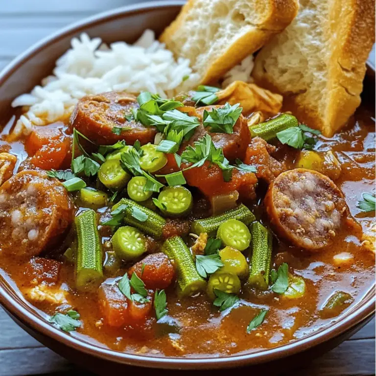 Um das perfekte Gumbo zu machen, brauchst du eine Vielzahl an Zutaten. Hier ist eine Liste der benötigten Zutaten: - 1/2 Tasse Pflanzenöl - 1/2 Tasse Allzweckmehl - 1 große Zwiebel, gewürfelt - 1 grüne Paprika, gewürfelt - 2 Selleriestangen, gewürfelt - 4 Knoblauchzehen, gehackt - 450 g geräucherte Wurst, in Scheiben geschnitten - 450 g entbeinte Hühnchenschenkel, in mundgerechte Stücke geschnitten - 1 Teelöffel Cayennepfeffer (nach Geschmack anpassen) - 1 Esslöffel Paprika - 1 Esslöffel getrockneter Thymian - 2 Lorbeerblätter - 2 Liter Hühnerbrühe - 1 Dose (400 g) gewürfelte Tomaten mit grünen Chilischoten - 450 g Garnelen, geschält und entdarmt - 2 Tassen Okra, in Scheiben geschnitten (frisch oder gefroren) - Salz und Pfeffer nach Geschmack - 4 Frühlingszwiebeln, in Scheiben (zum Garnieren) - Frische Petersilie, gehackt (zum Garnieren) - Gekochter weißer Reis (zum Servieren) Jede Zutat spielt eine wichtige Rolle im Geschmack des Gumbo. Das Pflanzenöl und das Mehl bilden die Basis für die Mehlschwitze. Diese gibt dem Gericht eine schöne Tiefe und Farbe. Die „heilige Dreifaltigkeit“ aus Zwiebeln, Paprika und Sellerie bringt Frische und Aroma. Fleisch und Meeresfrüchte sind das Herz des Gerichts. Die geräucherte Wurst bringt einen rauchigen Geschmack, während die Garnelen und Hühnchen zart und saftig werden. Okra gibt dem Gumbo eine besondere Textur und Bindung. Die Gewürze wie Cayennepfeffer, Paprika und Thymian sorgen für den typischen Cajun-Geschmack. Frische Kräuter wie Petersilie und Frühlingszwiebeln als Garnitur machen das Gericht lebendig und frisch. Für die vollständige Rezeptur schaue dir die [Full Recipe] an. Zuerst erhitze das Pflanzenöl in einem großen, schweren Topf. Nutze mittlere Hitze. Gieße das Mehl langsam hinein. Rühre ständig, um eine Mehlschwitze zu bilden. Koche die Mischung für 20 bis 30 Minuten. Sie sollte eine tiefbraune Farbe haben. Achte darauf, dass sie nicht anbrennt. Der richtige Farbton gibt deinem Gumbo den tollen Geschmack. Nun füge die gewürfelten Zwiebeln, Paprika und Sellerie hinzu. Diese Mischung nennt man die „heilige Dreifaltigkeit“ in der Cajun-Küche. Rühre das Gemüse für etwa 5 Minuten. Es sollte weich werden. Danach kommt der gehackte Knoblauch, die Wurst und das Hühnchen dazu. Koche alles für weitere 5 bis 7 Minuten. Das Fleisch sollte goldbraun sein. Jetzt ist es Zeit für die Gewürze! Gib den Cayennepfeffer, Paprika, Thymian und die Lorbeerblätter hinein. Rühre gut um, damit die Gewürze sich mit dem Fleisch und Gemüse verbinden. Danach gieße die Hühnerbrühe und die gewürfelten Tomaten hinein. Bring die Mischung zum Köcheln. Reduziere die Hitze und lasse alles 45 Minuten sanft köcheln. Rühre gelegentlich um, damit nichts anbrennt. Nach 45 Minuten füge die Okra und Garnelen hinzu. Koche für weitere 10 Minuten. Die Garnelen sollten rosa und gar sein. Schmecke das Gumbo mit Salz und Pfeffer ab. Vergiss nicht, die Lorbeerblätter vor dem Servieren zu entfernen. Serviere dein Gumbo heiß in tiefen Schalen. Lege einen Löffel gekochten weißen Reis in die Mitte. Garniere mit geschnittenen Frühlingszwiebeln und frischer Petersilie. Diese Farben machen dein Gericht lebendig. Genieße es mit knusprigem französischem Brot. So wird dein Essen zu einem Fest! Für das komplette Rezept, schau dir die [Full Recipe] an. Die Mehlschwitze ist der Schlüssel zu einem guten Gumbo. Beginne mit Pflanzenöl und Mehl. Erhitze das Öl in einem schweren Topf. Füge das Mehl langsam hinzu. Rühre ständig, damit es nicht anbrennt. Koche die Mischung, bis sie eine tiefbraune Farbe hat. Das kann etwa 20 bis 30 Minuten dauern. Achte darauf, die Hitze nicht zu hoch zu stellen. Eine perfekte Mehlschwitze gibt deinem Gumbo Tiefe und Geschmack. Gumbo ist sehr anpassungsfähig. Du kannst verschiedene Zutaten verwenden. Zum Beispiel, statt Hühnchen kannst du auch Meeresfrüchte nehmen. Garnelen oder Muscheln sind tolle Optionen. Wenn du Gemüse magst, füge mehr Okra oder Paprika hinzu. Du kannst sogar eine vegetarische Version machen. Verwende einfach Gemüsebrühe statt Hühnerbrühe. Sei kreativ und passe das Rezept an deinen Geschmack an. Um den typischen Südstaaten-Geschmack zu verstärken, nutze frische Kräuter. Petersilie und Thymian sind ideal. Auch eine Prise Cajun-Gewürz kann helfen. Du kannst das Gumbo nach dem Kochen mit mehr Gewürzen abschmecken. Vertraue deinem Gaumen und probiere es aus. Ein guter Schuss heiße Sauce bringt mehr Schwung. Die richtige Balance macht dein Gericht einzigartig und lecker. Für das vollständige Rezept schaue dir das [Full Recipe] an. {{image_4}} Gumbo muss nicht immer mit Fleisch sein. Du kannst eine leckere vegetarische Version machen. Beginne mit der gleichen Mehlschwitze, aber verwende Gemüsebrühe statt Hühnerbrühe. Füge mehr Gemüse wie Karotten, Zucchini und Pilze hinzu. Kichererbsen oder Linsen bringen Protein und Fülle. Diese Variante schmeckt auch ohne Fleisch großartig. Gumbo kommt aus verschiedenen Teilen von Louisiana. In New Orleans ist das Rezept oft mit Meeresfrüchten. In anderen Regionen, wie Cajun, nutzen die Menschen mehr Wurst und Hühnchen. Manche fügen auch lokale Zutaten wie Krabben oder Fisch hinzu. Probiere verschiedene Varianten, um deinen eigenen Geschmack zu finden. Die Schärfe ist wichtig für den Geschmack von Gumbo. Du kannst den Cayennepfeffer nach deinem Wunsch anpassen. Für milden Geschmack verwende weniger. Wenn du es scharf magst, füge mehr hinzu. Frische Jalapeños oder scharfe Soßen sind auch gute Optionen. Experimentiere, um die perfekte Balance für dich zu finden. Du findest die vollständige Rezeptur im Abschnitt über die Zubereitung. Du kannst Gumbo bis zu vier Tage im Kühlschrank aufbewahren. Stelle sicher, dass es in einem luftdichten Behälter ist. Lass das Gumbo vor dem Kühlen auf Raumtemperatur abkühlen. So bleibt es frisch und lecker. Gumbo lässt sich hervorragend einfrieren. Fülle es in einen gefrierfesten Behälter. Achte darauf, etwas Platz zu lassen, da es beim Gefrieren expandiert. Es bleibt bis zu drei Monate haltbar. Wenn du es wieder auftauen möchtest, lege es über Nacht in den Kühlschrank. Um Gumbo wieder warm zu machen, nutze einen Topf. Erwärme es auf mittlerer Hitze. Rühre oft um, damit es gleichmäßig warm wird. Du kannst auch etwas Brühe hinzufügen, wenn es zu dick ist. So bleibt der Geschmack frisch und köstlich. Gumbo ist ein beliebtes Gericht aus Louisiana. Es ist eine dicke Suppe oder Eintopf. Gumbo hat meist eine Basis aus okra oder Mehlschwitze. Man verwendet oft Fleisch wie Huhn oder Wurst und Meeresfrüchte wie Garnelen. Gewürze wie Cayennepfeffer und Thymian geben ihm viel Geschmack. Jeder Koch hat sein eigenes Rezept, was Gumbo besonders macht. In New Orleans gibt es viele Orte für authentisches Gumbo. Die besten Restaurants bieten oft spezielle Rezepte an. Besuche das „Commander's Palace“ oder „Café du Monde“. Auch kleine Lokale haben oft leckeres Gumbo. Probiere verschiedene Orte, um die besten Geschmäcker zu entdecken. Ja, du kannst Gumbo im Voraus zubereiten. Es schmeckt sogar besser, wenn es einige Stunden oder einen Tag steht. Die Aromen verbinden sich dann gut. Koche es einfach und lasse es abkühlen. Bewahre es im Kühlschrank auf. Du kannst auch einen großen Topf für eine Feier machen. Wenn du Gumbo aufwärmst, füge etwas Brühe hinzu. So bleibt es feucht und schmackhaft. Erhitze es langsam auf dem Herd. Rühre gut um, damit es gleichmäßig warm wird. Du kannst auch frische Kräuter hinzufügen, um den Geschmack zu verstärken. Zu Gumbo passt gekochter Reis am besten. Reis nimmt die Brühe gut auf. Serviere dazu auch knuspriges Brot, um die Sauce zu genießen. Ein einfacher Salat ist eine gute Beilage. Du kannst auch Maisbrot dazu reichen, um das Essen zu bereichern. Gumbo ist ein köstliches Gericht, das man leicht zu Hause nachkochen kann. Mit den richtigen Zutaten und Schritten gelingt es jedem. Wir haben angesehen, wie man die perfekte Mehlschwitze macht, Gemüse und Fleisch anbrät und Gewürze hinzufügt. Denken Sie an Variationen, um das Rezept interessant zu gestalten. Auch Lagerung und Aufwärmen sind wichtig. Probieren Sie es aus und genießen Sie die Vielfalt! Ihr Gumbo wird sicher ein Hit in Ihrer Küche.