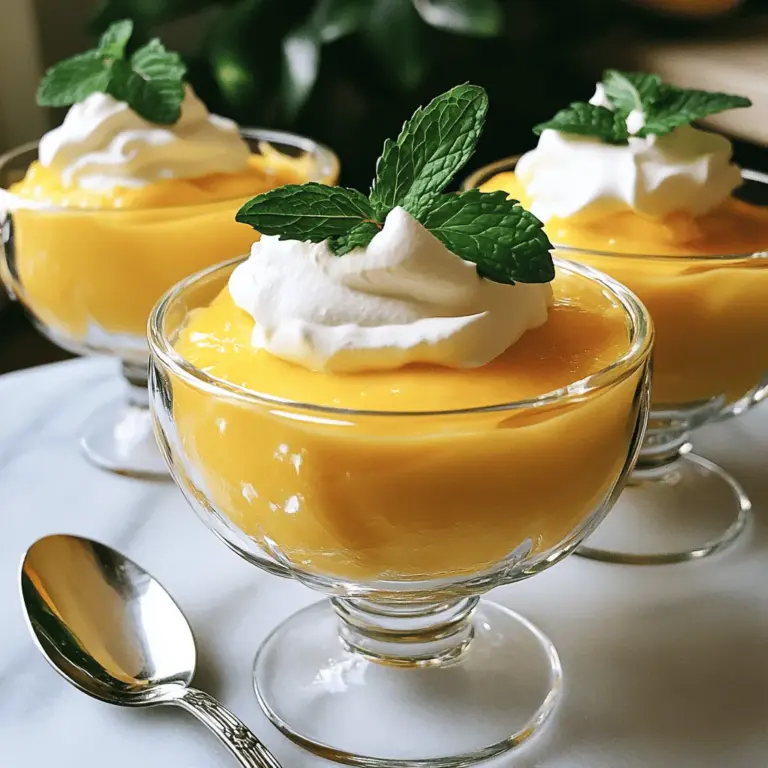 Um die beste cremige Mangomousse zu machen, brauchst du folgende Hauptzutaten: - 2 reife Mangos, geschält und gewürfelt - 250 ml Schlagsahne - 120 g griechischer Joghurt - 30 g Puderzucker - 1 Teelöffel Vanilleextrakt - 1 Esslöffel Zitronensaft - Eine Prise Salz - Frische Minzblätter (zur Garnitur) Die Mangos sind der Star dieses Desserts. Wähle reife, süße Mangos für den besten Geschmack. Der Joghurt fügt eine cremige Textur hinzu. Die Schlagsahne sorgt dafür, dass die Mousse leicht und luftig bleibt. Puderzucker und Vanilleextrakt geben der Mousse eine süße Note. Zitronensaft bringt frischen Geschmack und hilft, die Aromen auszugleichen. Eine Prise Salz verstärkt den Gesamteindruck. Wähle Mangos, die leicht weich sind, wenn du sie drückst. Die Farbe sollte leuchtend orange oder gelb sein. Achte auf den Duft: reife Mangos riechen süß und fruchtig. Vermeide Mangos mit dunklen Flecken oder Druckstellen. Wenn du die Mangos nicht sofort verwendest, lagere sie bei Raumtemperatur, bis sie reif sind. Dann kühle sie im Kühlschrank, um die Frische zu bewahren. Du kannst die Zutaten leicht anpassen. Für eine vegane Variante ersetze die Schlagsahne mit Kokoscreme und den Joghurt mit pflanzlichem Joghurt. Wenn du Zucker vermeiden möchtest, nutze einen Süßstoff deiner Wahl. Diese Anpassungen machen die Mousse für verschiedene Diäten geeignet. Probiere auch andere Früchte wie Erdbeeren oder Himbeeren für neue Geschmäcker. Für das vollständige Rezept, schau dir die [Full Recipe] an. Um die Mangos richtig vorzubereiten, schälen Sie zwei reife Mangos. Schneiden Sie sie in kleine Stücke. Geben Sie die Mangowürfel in einen Mixer. Mixen Sie, bis Sie ein glattes Püree erhalten. Achten Sie darauf, dass keine Stückchen bleiben. Das Püree ist die Basis für unsere Mousse. Es gibt der Mousse einen fruchtigen und süßen Geschmack. Jetzt kommt die Schlagsahne. Gießen Sie 250 ml Schlagsahne in eine große Rührschüssel. Verwenden Sie einen Handmixer oder einen Schneebesen. Schlagen Sie die Sahne, bis sie weiche Spitzen bildet. Seien Sie vorsichtig, nicht zu lange zu schlagen. Die Sahne soll luftig und cremig bleiben. Wenn Sie die Sahne zu lange schlagen, wird sie butterartig. In einer anderen Schüssel kombinieren Sie 120 g griechischen Joghurt, 30 g Puderzucker, 1 Teelöffel Vanilleextrakt, 1 Esslöffel Zitronensaft und eine Prise Salz. Rühren Sie alles gut um. Es sollte eine glatte Mischung entstehen. Fügen Sie dann das Mango-Püree hinzu. Falten Sie es vorsichtig unter die Joghurtmischung. Seien Sie sanft, um die Luftigkeit zu bewahren. Schließlich heben Sie die geschlagene Sahne unter. Mischen Sie, bis die Mousse leicht und fluffig ist. Jetzt können Sie die Mousse in Gläser füllen und für mindestens zwei Stunden in den Kühlschrank stellen. Genießen Sie die wunderbare cremige Mangomousse! Für das vollständige Rezept schauen Sie bitte [Full Recipe]. Um eine luftige Mousse zu erhalten, ist es wichtig, die Sahne richtig zu schlagen. Verwende kalte Sahne. Schlage sie, bis sie weiche Spitzen bildet. Das bedeutet, die Sahne bleibt weich und locker. Achte darauf, nicht zu lange zu schlagen, da sie sonst klumpig wird. Füge die geschlagene Sahne vorsichtig zur Mango-Mischung hinzu. Mische sanft, damit die Luft nicht entweicht. Dies macht die Mousse leicht und fluffig. Serviere die Mangomousse in kleinen Gläsern oder Schalen. Du kannst sie mit frischen Minzblättern garnieren. Eine Scheibe Limette oder etwas geriebene Schale kann dem Dessert Frische verleihen. Für einen weiteren Wow-Faktor, lege einige frische Mango-Stücke oben drauf. Das sieht nicht nur schön aus, sondern schmeckt auch toll. Lass deiner Kreativität freien Lauf und probiere verschiedene Präsentationen. Diese Mousse lässt sich gut im Voraus zubereiten. Du kannst sie bis zu zwei Tage vor dem Servieren machen. Einfach die Mousse in den Kühlschrank stellen und warten, bis sie fest wird. Plane genug Zeit ein, damit die Aromen gut einziehen können. Das gibt dir auch mehr Zeit, um andere Gerichte für dein Menü vorzubereiten. So bleibt dir der Stress kurz vor dem Servieren erspart. Für das vollständige Rezept, schau dir die Details in der Anleitung an. {{image_4}} Wenn Sie die cremige Mangomousse lieben, probieren Sie auch andere Fruchtmousses. Erdbeeren und Himbeeren sind tolle Alternativen. Sie bringen eine frische Säure und süßen Geschmack. Für Erdbeermousse pürieren Sie einfach reife Erdbeeren und folgen der gleichen Anleitung wie für die Mangoversion. Himbeeren können Sie ebenfalls verwenden. Achten Sie darauf, die Menge des Zuckers anzupassen. Diese Früchte sind oft süßer oder saurer als Mango. Möchten Sie eine vegane Version? Das ist einfach! Verwenden Sie Kokoscreme anstelle von Schlagsahne. Kokoscreme macht die Mousse reichhaltig und cremig. Ersetzen Sie den griechischen Joghurt durch pflanzlichen Joghurt, wie Soja- oder Mandeljoghurt. Diese Zutaten bringen einen leicht anderen Geschmack, aber sie sind lecker. Achten Sie darauf, dass die Früchte reif sind, damit die Mousse süß und frisch bleibt. Seien Sie kreativ mit Ihren Zutaten! Fügen Sie Gewürze wie Zimt oder Kardamom hinzu. Diese können der Mousse eine besondere Note geben. Auch Limettensaft anstelle von Zitronensaft kann den Geschmack verändern. Wenn Sie mit verschiedenen Früchten experimentieren, probieren Sie auch Passionsfrucht oder Ananas. Diese Früchte bringen neue Aromen und Farben in Ihre Mousse. Scheuen Sie sich nicht, Ihre eigenen Kombinationen zu finden. Das macht das Kochen noch spannender! Für das komplette Rezept, schauen Sie sich die Full Recipe an. Um die cremige Mangomousse frisch zu halten, sollten Sie sie gut abdecken. Nutzen Sie Frischhaltefolie oder einen luftdichten Behälter. So bleibt die Mousse vor Gerüchen aus dem Kühlschrank geschützt. Stellen Sie sicher, dass die Mousse gut gekühlt ist, bevor Sie sie lagern. Das hilft, die Textur und den Geschmack zu bewahren. Im Kühlschrank hält die cremige Mangomousse etwa drei bis vier Tage. Nach dieser Zeit kann die Mousse ihre Frische und den Geschmack verlieren. Wenn Sie die Mousse einfrieren möchten, ist das möglich, eignet sich aber nicht immer. Im Gefrierschrank kann die Mousse bis zu einem Monat halten. Denken Sie daran, sie in einem luftdichten Behälter zu lagern. Die Konsistenz kann sich nach dem Auftauen ändern, weshalb ich empfehle, sie frisch zu genießen. Falls Sie Reste haben, können Sie die Mousse kreativ wiederverwenden. Fügen Sie sie zu einem Smoothie hinzu, um eine fruchtige Note zu verleihen. Alternativ können Sie die Mousse auf Pfannkuchen oder Waffeln geben. Auch als Füllung für Desserts eignet sie sich gut. So machen Sie aus Resten eine neue, leckere Speise. Cremige Mangomousse sollte mindestens zwei Stunden im Kühlschrank stehen. Das lässt die Aromen gut ziehen. Je länger sie kühlt, desto besser wird der Geschmack. Sie können die Mousse auch über Nacht stehen lassen. So wird sie noch fester und cremiger. Ja, Sie können die Mousse ohne Zucker machen. Statt Puderzucker können Sie Honig oder Agavendicksaft verwenden. Diese Alternativen geben der Mousse auch einen feinen Geschmack. Wenn Sie ganz auf Süße verzichten wollen, nutzen Sie reife Mangos. Sie sind von Natur aus süß und lecker. Für die Garnitur gibt es viele Möglichkeiten. Frische Minzblätter sind eine tolle Wahl. Sie bringen Farbe und Frische. Auch frische Früchte wie Mango oder Beeren passen gut dazu. Ein wenig geraspelte Schokolade kann ebenfalls einen schönen Akzent setzen. So sieht die Mousse nicht nur gut aus, sie schmeckt auch noch besser. Cremige Mangomousse ist einfach und macht Spaß. Wir haben die Hauptzutaten besprochen und Tipps gegeben, wie man die besten Mangos auswählt. Die Schritt-für-Schritt-Anleitung hilft dir, eine perfekte Mousse zuzubereiten. Du hast auch Variationen für spezielle Diäten und Lagerungshinweise erhalten. Denke daran, die Mousse im Voraus zuzubereiten. Du kannst leicht mit Geschmäckern und Zutaten experimentieren. Viel Freude beim Ausprobieren deiner eigenen Version!