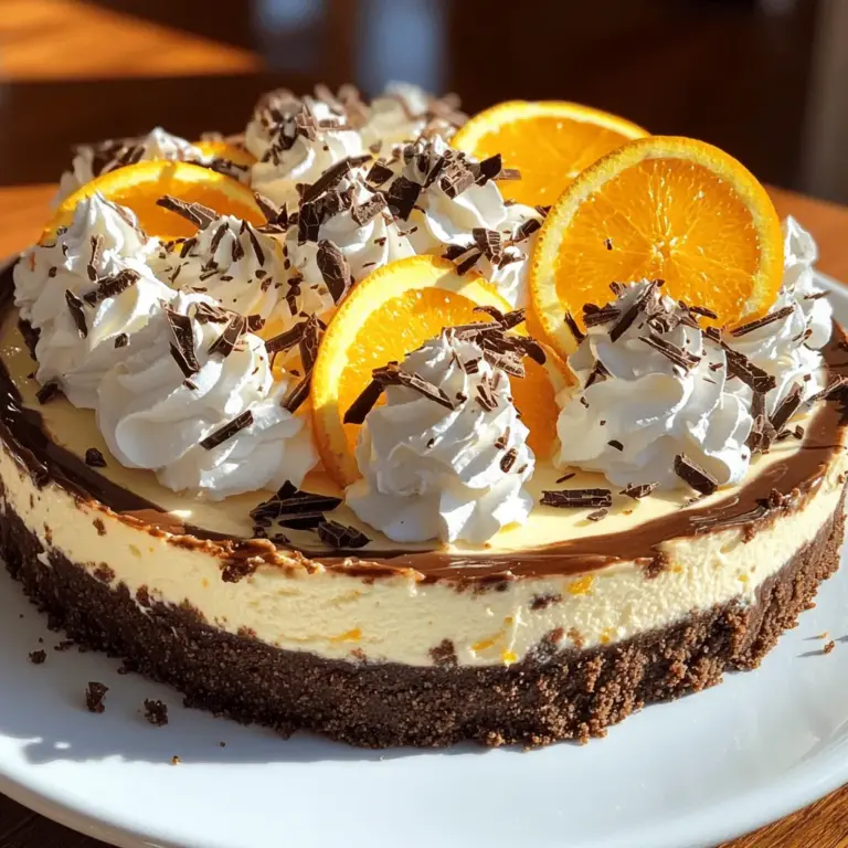 Für einen köstlichen Schokoladen-Orange Käsekuchen benötigst du folgende Zutaten: - 1 ½ Tassen Schokoladenkekskrümel - ½ Tasse ungesalzene Butter, geschmolzen - 450 g Frischkäse, weich - 100 g Kristallzucker - 2 große Eier - 1 Teelöffel Vanilleextrakt - Abrieb von 1 großen Orange - 60 ml frisch gepresster Orangensaft - 170 g halbsüße Schokoladenstückchen Diese Zutaten bilden die Basis für unseren Käsekuchen. Die Schokoladenkekskrümel geben einen knusprigen Boden. Der Frischkäse sorgt für eine cremige Füllung. Der Zucker süßt und die Eier helfen, alles zusammenzubinden. Der Orangensaft und der Abrieb bringen frische Aromen. Um deinen Käsekuchen noch schöner zu machen, kannst du folgende Garnierungen nutzen: - 240 ml Schlagsahne - Orangenscheiben und Schokoladenspäne Die Schlagsahne bringt eine luftige Note. Die Orangenscheiben und Schokoladenspäne machen das Ganze bunt und einladend. Diese Extras geben dem Käsekuchen das gewisse Etwas. Du kannst die Garnierung ganz nach deinem Geschmack anpassen. Für die genauen Zubereitungsschritte schaue dir das Full Recipe an. Heize deinen Ofen auf 160°C vor. Das ist wichtig, um den Käsekuchen gleichmäßig zu backen. Bereite dann den Schokoladenkeksboden vor. Nimm eine mittelgroße Schüssel. Mische die Schokoladenkekskrümel mit der geschmolzenen Butter. Rühre gut um, bis die Krümel gleichmäßig benetzt sind. Jetzt drücke die Mischung in den Boden einer 23 cm Springform. Achte darauf, dass die Schicht gleichmäßig ist. Backe den Boden für 10 Minuten. Lass ihn danach abkühlen. So hat der Boden genug Zeit, um fest zu werden. In einer großen Rührschüssel vermische den weich geschlagenen Frischkäse mit Kristallzucker. Benutze einen elektrischen Mixer, um eine cremige und glatte Mischung zu erhalten. Füge nun die Eier nacheinander hinzu. Rühre jedes Ei gut ein, bevor du das nächste hinzufügst. Gib den Vanilleextrakt, den Orangenabrieb und den frisch gepressten Orangensaft dazu. Mische alles gut, bis die Füllung homogen ist. Jetzt ist es Zeit, die Schokolade zu schmelzen. Schmelze die halbsüßen Schokoladenstückchen in der Mikrowelle oder im Wasserbad. Lass die Schokolade leicht abkühlen, bevor du sie vorsichtig unter die Frischkäsemasse hebst. Gieße die Füllung über den abgekühlten Boden. Glätte die Oberfläche. Backe den Käsekuchen für 45-50 Minuten. Die Ränder sollten fest sein, die Mitte darf leicht wackeln. Nach dem Backen schalte den Ofen aus. Lass die Ofentür einen Spalt offen. So kann der Käsekuchen langsam abkühlen. Lass ihn etwa eine Stunde im Ofen. Danach kühlst du ihn mindestens 4 Stunden, idealerweise über Nacht, im Kühlschrank. Sobald der Käsekuchen gut durchgekühlt ist, entferne ihn vorsichtig aus der Springform. Garnieren kannst du ihn mit Schlagsahne, Orangenscheiben und Schokoladenspänen. So wird dein Käsekuchen noch ansprechender! Für das komplette Rezept schau dir den Full Recipe an. Um die Füllung cremig zu halten, arbeite mit Raumtemperatur-Frischkäse. Kalter Frischkäse kann Klumpen bilden. Schlage den Frischkäse gut auf, bevor du Zucker und Eier hinzufügst. So vermischt sich alles besser. Achte darauf, die Eier einzeln hinzuzufügen und gut zu mixen. Das hilft, die Luftigkeit zu bewahren. Risse beim Backen sind oft ein großes Problem. Um dies zu vermeiden, lasse den Käsekuchen nach dem Backen im Ofen abkühlen. Öffne die Ofentür einen Spalt. Dies reduziert den Temperaturunterschied, der Risse verursacht. Kühl ihn danach im Kühlschrank für mindestens vier Stunden. So wird er fest und glatt. Die Dekoration kann deinem Käsekuchen den letzten Schliff geben. Verwende Schlagsahne für einen schönen Kontrast zur dunklen Schokolade. Spritze sie in hübschen Mustern auf den Käsekuchen. Orangenscheiben sind eine tolle Garnierung. Sie bringen Farbe und Frische. Du kannst auch Schokoladenspäne verwenden. Diese geben einen zusätzlichen Schokoladengeschmack und sehen toll aus. Wenn du den Käsekuchen für einen besonderen Anlass anrichtest, verwende eine schöne Platte. Das macht ihn noch ansprechender. Eine kleine Portion Schlagsahne und ein paar Orangenscheiben können viel bewirken. Für das komplette Rezept, schau dir den [Full Recipe] an. {{image_4}} Wenn du Allergien hast, gibt es einfache Anpassungen für deinen Schokoladen-Orange Käsekuchen. Du kannst glutenfreie Kekse verwenden. Diese Kekse sind leicht zu finden. Sie bieten gute Krümel als Boden. Für die Füllung kannst du auch milchfreie Alternativen wählen. Statt Frischkäse kannst du Cashew-Creme oder Kokosjoghurt nutzen. Diese Optionen sind schmackhaft und gesund. Um deinen Käsekuchen noch besser zu machen, kannst du zusätzliche Aromen hinzufügen. Probiere Zimt oder Muskatnuss für einen warmen Geschmack. Ein Spritzer Vanille kann auch nicht schaden. Verschiedene Schokoladensorten machen den Kuchen spannend. Du kannst Vollmilch, weiße oder dunkle Schokolade verwenden. Jede Sorte hat ihren eigenen Charakter und Geschmack. Experimentiere und finde deine Lieblingskombination! Für die genaue Anleitung, schaue dir das [Full Recipe] an. Um den Schokoladen-Orange Käsekuchen frisch zu halten, kühlen Sie ihn gut. Die ideale Lagertemperatur liegt bei 4°C. Bewahren Sie den Käsekuchen im Kühlschrank auf. Decken Sie ihn mit Frischhaltefolie oder einem Deckel ab. So bleibt er feucht und lecker. Der Käsekuchen hält sich im Kühlschrank etwa fünf Tage. Wenn Sie ihn länger aufbewahren möchten, können Sie ihn einfrieren. Schneiden Sie ihn in Stücke und packen Sie sie in luftdichte Behälter. So bleibt er bis zu drei Monate genießbar. Achten Sie darauf, den Käsekuchen zu prüfen. Wenn er unangenehm riecht oder eine ungewöhnliche Farbe hat, sollten Sie ihn nicht mehr essen. Diese Anzeichen zeigen, dass er nicht mehr gut ist. Halten Sie sich an diese Lagerungshinweise, um den besten Geschmack zu genießen. Für die vollständige Rezeptanleitung schauen Sie bitte in die [Full Recipe]. Die gesamte Zeit für diesen Käsekuchen beträgt etwa fünf Stunden. Die Vorbereitungszeit ist nur 20 Minuten. Die Backzeit liegt zwischen 45 und 50 Minuten. Danach brauchen wir eine Abkühlzeit von mindestens vier Stunden im Kühlschrank. So wird der Käsekuchen perfekt fest. Ja, das ist eine gute Idee! Sie können den Käsekuchen einen Tag im Voraus zubereiten. Lassen Sie ihn nach dem Backen vollständig abkühlen. Wickeln Sie ihn dann gut ein und stellen Sie ihn in den Kühlschrank. So bleibt er frisch und lecker. Denken Sie daran, die Garnitur erst kurz vor dem Servieren hinzuzufügen. Ein gebrochener Käsekuchen ist nicht das Ende der Welt! Sie können einfach eine leckere Schlagsahne darüber geben. Oder fügen Sie frische Orangenscheiben und Schokoladenspäne hinzu. Diese helfen, Risse zu verstecken. Das macht den Käsekuchen noch schöner und schmackhafter. Der Schokoladen-Orange Käsekuchen ist ein echter Genuss. Von den Hauptzutaten wie Schokoladenkeksen und Frischkäse bis hin zu kreativen Garnierungen wie Orangenscheiben: Dieser Käsekuchen bringt Freude. Ich habe Schritt für Schritt erklärt, wie du die perfekte Füllung und den idealen Boden zubereitest. Mit einigen Tipps zur Dekoration und Lagerung kannst du sicherstellen, dass dein Käsekuchen immer gut gelingt. Denke daran, du kannst auch Variationen ausprobieren. So bleibt das Rezept frisch und spannend!