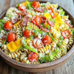 - 225 g Rotini-Pasta - 4 Scheiben Truthahnbacon - 1 Tasse Kirschtomaten In diesem Rezept sind die Hauptzutaten wichtig. Wir beginnen mit 225 g Rotini-Pasta. Diese Pasta hat eine tolle Form und hält das Dressing gut fest. Koche die Pasta nach den Anweisungen auf der Packung. Achte darauf, dass sie al dente ist. So bleibt sie bissfest. Dann kommen 4 Scheiben Truthahnbacon dazu. Brate den Bacon knusprig und zerbrösele ihn dann. Der Bacon gibt dem Salat einen herzhaften Geschmack. Schließlich brauchen wir 1 Tasse Kirschtomaten. Halbiere die Tomaten, damit sie ihre Saftigkeit zeigen. Diese Zutaten machen den Salat frisch und lecker. - 120 g Mayonnaise - 1 Esslöffel Dijon-Senf - 1 Esslöffel Apfelessig Für das Dressing mischst du 120 g Mayonnaise. Sie sorgt für Cremigkeit. Füge dann 1 Esslöffel Dijon-Senf hinzu. Der Senf gibt dem Dressing einen würzigen Kick. Ein Esslöffel Apfelessig bringt Frische und Säure. Mische alles gut, bis es glatt ist. - 30 g geriebener Cheddar-Käse - Frühlingszwiebeln, in Ringe geschnitten Du kannst 30 g geriebenen Cheddar-Käse hinzufügen. Er macht den Salat noch reichhaltiger. Frühlingszwiebeln in Ringen geben einen zusätzlichen Crunch. Beide Zutaten sind optional, aber sie bringen mehr Geschmack. Für das volle Rezept schau dir die [Full Recipe] an. Kochen Sie die Rotini-Pasta in einem großen Topf. Verwenden Sie viel Wasser und etwas Salz. Kochen Sie die Pasta, bis sie al dente ist. Dies dauert etwa 8 bis 10 Minuten. Danach seihen Sie die Pasta ab. Spülen Sie sie kurz unter kaltem Wasser, um den Garprozess zu stoppen. Lassen Sie die Pasta dann abkühlen. In einer großen Schüssel vermengen Sie die abgekühlte Pasta mit anderen Zutaten. Fügen Sie die zerbröselten Baconstücke, die halbierten Kirschtomaten und den fein geschnittenen Salat hinzu. Diese Zutaten bilden die Basis für den Salat. In einer kleinen Schüssel bereiten Sie das Dressing zu. Mischen Sie die Mayonnaise, den Dijon-Senf, den Apfelessig und das Knoblauchpulver. Schmecken Sie das Dressing mit Salz und Pfeffer ab. Gießen Sie das Dressing über die Pastamischung. Mischen Sie alles vorsichtig, bis die Pasta gut bedeckt ist. Fügen Sie die geschnittenen Frühlingszwiebeln und den optionalen Cheddar-Käse hinzu. Rühren Sie alles sanft zusammen. Lassen Sie den Nudelsalat mindestens 30 Minuten im Kühlschrank. Diese Zeit hilft den Aromen, sich zu entfalten. Servieren Sie den Salat gut gekühlt. Mischen Sie ihn vor dem Servieren noch einmal gut durch. Um die beste Pasta für deinen Salat zu bekommen, koche die Rotini-Pasta al dente. Das bedeutet, sie sollte weich, aber noch bissfest sein. Die Garzeit für die Pasta beträgt in der Regel 8 bis 10 Minuten, je nach Marke. Achte darauf, sie nach dem Kochen sofort abzusieben und in kaltem Wasser abzuspülen. So stoppst du den Garprozess und verhinderst, dass sie matschig wird. Für die Salatmischung empfehle ich, frische und knackige Zutaten zu verwenden. Römersalat oder Eisbergsalat funktionieren gut. Schneide den Salat in feine Stücke, damit er sich gut mit der Pasta vermischt. Halbiere die Kirschtomaten, damit ihr Saft in den Salat eindringen kann. Diese Textur macht den Salat interessanter und schmackhafter. Um deinem BLT Pasta Salat das gewisse Extra zu geben, füge frische Kräuter und Gewürze hinzu. Petersilie, Basilikum oder Schnittlauch bringen frische Aromen. Ein Hauch von Oregano oder Thymian kann auch gut passen. Experimentiere mit verschiedenen Sorten Bacon. Du kannst normalen Speck, Truthahnbacon oder sogar pflanzliche Alternativen verwenden. Jeder bringt seinen eigenen Geschmack und Textur. Du wirst überrascht sein, wie viel Unterschied das macht. Die Präsentation deines Pasta Salats ist wichtig. Serviere ihn in einer großen Schüssel, damit jeder sich selbst bedienen kann. Du kannst auch kleine Portionen in Gläsern anrichten. Das sieht toll aus und macht es einfach, den Salat zu genießen. Garnituren sind ein einfacher Weg, um den Look zu verbessern. Ein zusätzliches Stück knusprigen Bacon obenauf und ein Zweig frische Petersilie machen viel aus. So sieht dein Salat nicht nur gut aus, sondern schmeckt auch besser. Für das vollständige Rezept schau dir bitte die [Full Recipe] an. {{image_4}} Um eine vegane Version des Damn Good BLT Pasta Salads zu machen, ersetzen wir den Bacon und die Mayonnaise. Statt Truthahnbacon können Sie geräucherten Tempeh oder gebratene Auberginen verwenden. Diese Optionen geben einen tollen Geschmack. Für die Mayonnaise verwenden Sie pflanzliche Mayonnaise oder eine Avocado. Diese macht den Salat cremig und lecker. Sie können auch veganen Käse nutzen. Es gibt viele Sorten, die gut schmelzen. Ein gutes Dressing könnte aus Cashew-Creme und Zitronensaft bestehen. So bleibt der Geschmack frisch. Um den Salat interessanter zu machen, fügen Sie weitere Gemüsesorten hinzu. Paprika, Mais oder Avocado passen gut dazu. Diese bringen mehr Farbe und Textur in den Salat. Nüsse oder Samen können ebenfalls eine schöne Ergänzung sein. Gehackte Walnüsse oder Sonnenblumenkerne geben einen tollen Crunch. Diese Zutaten machen den Salat noch nahrhafter und schmackhafter. Die Zutaten können je nach Saison angepasst werden. Im Sommer sind frische Kirschtomaten und Gurken perfekt. Im Winter passen geröstete Kürbisstücke und Radieschen gut. So bleibt der Salat das ganze Jahr über spannend. Für Sommer-Salate sind leichte Dressings ideal. Im Winter können Sie ein cremigeres Dressing verwenden. Es gibt viele Möglichkeiten, um den Salat frisch und lecker zu genießen. Probieren Sie verschiedene Kombinationen aus, um Ihren Lieblingsgeschmack zu finden. Wenn Sie mehr über das Rezept erfahren möchten, schauen Sie sich das [Full Recipe] an. Um den Damn Good BLT Pasta Salad frisch zu halten, lagere ihn im Kühlschrank. Verwende einen luftdichten Behälter. So bleibt der Salat knackig und lecker. Der Salat hält sich bis zu drei Tage. Achte darauf, ihn gut zu verschließen, um Gerüche zu vermeiden. Du kannst den BLT Pasta Salad auch im Voraus zubereiten. Koche die Pasta und lasse sie abkühlen. Mische dann die anderen Zutaten. So sparst du Zeit an einem vollen Tag. Lagere das Dressing jedoch separat. Das hält den Salat frisch und die Pasta nicht matschig. Hast du Reste? Nutze sie kreativ in anderen Gerichten! Mische sie in Omeletts oder auf Pizzen. Du kannst auch eine Bento-Box damit füllen. Das ist perfekt für ein schnelles Mittagessen. Reste sind eine tolle Möglichkeit, neue Gerichte zu kreieren und nichts zu verschwenden. Der BLT-Pasta-Salat bleibt frisch für etwa drei bis fünf Tage im Kühlschrank. Lagern Sie ihn in einem luftdichten Behälter. Dies hilft, die Aromen und die Frische zu bewahren. Stellen Sie sicher, dass der Salat gut abgedeckt ist, um ein Austrocknen zu vermeiden. Ja, Sie können das Rezept leicht anpassen. Verdoppeln oder verdreifachen Sie einfach die Zutaten. Achten Sie darauf, die Mengen gleichmäßig zu erhöhen. Dies sorgt für den gleichen köstlichen Geschmack. Wenn Sie für eine große Gruppe kochen, ist es am besten, die Zutaten in einer großen Schüssel zu vermengen. Wenn Sie keinen Truthahnbacon haben, probieren Sie Speck oder Schinken. Für eine vegetarische Option verwenden Sie gebratene Pilze oder Räuchertofu. Diese Alternativen bringen ebenfalls Geschmack und Textur in den Salat. Achten Sie darauf, die Gewürze anzupassen, um den neuen Zutaten gerecht zu werden. Dieser Blogbeitrag zeigt dir, wie du einen leckeren BLT-Pasta-Salat machen kannst. Von den Zutaten bis zu den Zubereitungsschritten, jedes Detail zählt. Du lernst auch, wie du den Salat richtig lagerst und variierst. Probiere verschiedene Kräuter oder Käse, um deinen Salat aufzuwerten. Egal, ob vegan oder klassisch, dieser Salat passt zu jeder Gelegenheit. Bleib kreativ und genieße jeden Bissen!