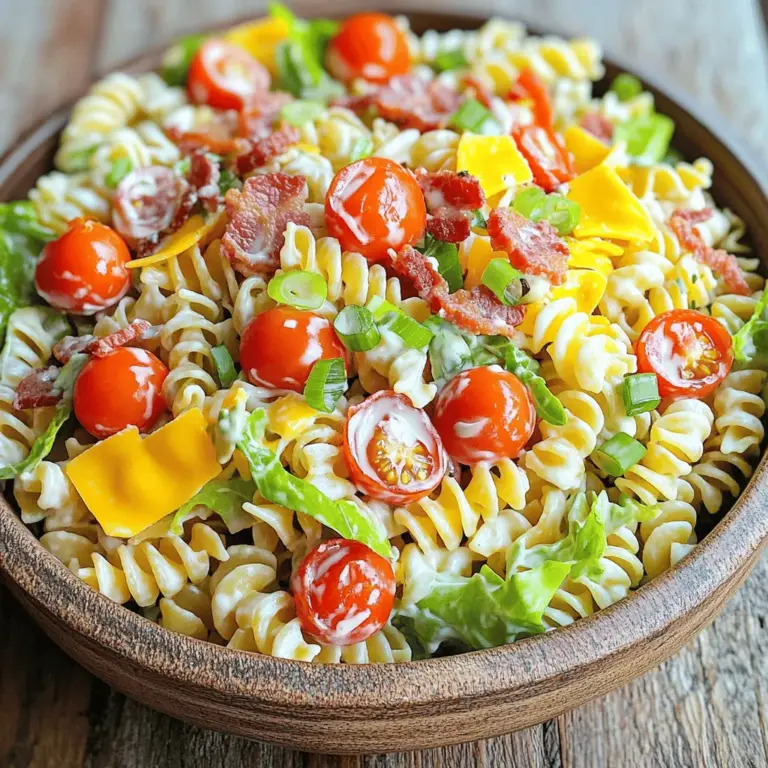- 225 g Rotini-Pasta - 4 Scheiben Truthahnbacon - 1 Tasse Kirschtomaten In diesem Rezept sind die Hauptzutaten wichtig. Wir beginnen mit 225 g Rotini-Pasta. Diese Pasta hat eine tolle Form und hält das Dressing gut fest. Koche die Pasta nach den Anweisungen auf der Packung. Achte darauf, dass sie al dente ist. So bleibt sie bissfest. Dann kommen 4 Scheiben Truthahnbacon dazu. Brate den Bacon knusprig und zerbrösele ihn dann. Der Bacon gibt dem Salat einen herzhaften Geschmack. Schließlich brauchen wir 1 Tasse Kirschtomaten. Halbiere die Tomaten, damit sie ihre Saftigkeit zeigen. Diese Zutaten machen den Salat frisch und lecker. - 120 g Mayonnaise - 1 Esslöffel Dijon-Senf - 1 Esslöffel Apfelessig Für das Dressing mischst du 120 g Mayonnaise. Sie sorgt für Cremigkeit. Füge dann 1 Esslöffel Dijon-Senf hinzu. Der Senf gibt dem Dressing einen würzigen Kick. Ein Esslöffel Apfelessig bringt Frische und Säure. Mische alles gut, bis es glatt ist. - 30 g geriebener Cheddar-Käse - Frühlingszwiebeln, in Ringe geschnitten Du kannst 30 g geriebenen Cheddar-Käse hinzufügen. Er macht den Salat noch reichhaltiger. Frühlingszwiebeln in Ringen geben einen zusätzlichen Crunch. Beide Zutaten sind optional, aber sie bringen mehr Geschmack. Für das volle Rezept schau dir die [Full Recipe] an. Kochen Sie die Rotini-Pasta in einem großen Topf. Verwenden Sie viel Wasser und etwas Salz. Kochen Sie die Pasta, bis sie al dente ist. Dies dauert etwa 8 bis 10 Minuten. Danach seihen Sie die Pasta ab. Spülen Sie sie kurz unter kaltem Wasser, um den Garprozess zu stoppen. Lassen Sie die Pasta dann abkühlen. In einer großen Schüssel vermengen Sie die abgekühlte Pasta mit anderen Zutaten. Fügen Sie die zerbröselten Baconstücke, die halbierten Kirschtomaten und den fein geschnittenen Salat hinzu. Diese Zutaten bilden die Basis für den Salat. In einer kleinen Schüssel bereiten Sie das Dressing zu. Mischen Sie die Mayonnaise, den Dijon-Senf, den Apfelessig und das Knoblauchpulver. Schmecken Sie das Dressing mit Salz und Pfeffer ab. Gießen Sie das Dressing über die Pastamischung. Mischen Sie alles vorsichtig, bis die Pasta gut bedeckt ist. Fügen Sie die geschnittenen Frühlingszwiebeln und den optionalen Cheddar-Käse hinzu. Rühren Sie alles sanft zusammen. Lassen Sie den Nudelsalat mindestens 30 Minuten im Kühlschrank. Diese Zeit hilft den Aromen, sich zu entfalten. Servieren Sie den Salat gut gekühlt. Mischen Sie ihn vor dem Servieren noch einmal gut durch. Um die beste Pasta für deinen Salat zu bekommen, koche die Rotini-Pasta al dente. Das bedeutet, sie sollte weich, aber noch bissfest sein. Die Garzeit für die Pasta beträgt in der Regel 8 bis 10 Minuten, je nach Marke. Achte darauf, sie nach dem Kochen sofort abzusieben und in kaltem Wasser abzuspülen. So stoppst du den Garprozess und verhinderst, dass sie matschig wird. Für die Salatmischung empfehle ich, frische und knackige Zutaten zu verwenden. Römersalat oder Eisbergsalat funktionieren gut. Schneide den Salat in feine Stücke, damit er sich gut mit der Pasta vermischt. Halbiere die Kirschtomaten, damit ihr Saft in den Salat eindringen kann. Diese Textur macht den Salat interessanter und schmackhafter. Um deinem BLT Pasta Salat das gewisse Extra zu geben, füge frische Kräuter und Gewürze hinzu. Petersilie, Basilikum oder Schnittlauch bringen frische Aromen. Ein Hauch von Oregano oder Thymian kann auch gut passen. Experimentiere mit verschiedenen Sorten Bacon. Du kannst normalen Speck, Truthahnbacon oder sogar pflanzliche Alternativen verwenden. Jeder bringt seinen eigenen Geschmack und Textur. Du wirst überrascht sein, wie viel Unterschied das macht. Die Präsentation deines Pasta Salats ist wichtig. Serviere ihn in einer großen Schüssel, damit jeder sich selbst bedienen kann. Du kannst auch kleine Portionen in Gläsern anrichten. Das sieht toll aus und macht es einfach, den Salat zu genießen. Garnituren sind ein einfacher Weg, um den Look zu verbessern. Ein zusätzliches Stück knusprigen Bacon obenauf und ein Zweig frische Petersilie machen viel aus. So sieht dein Salat nicht nur gut aus, sondern schmeckt auch besser. Für das vollständige Rezept schau dir bitte die [Full Recipe] an. {{image_4}} Um eine vegane Version des Damn Good BLT Pasta Salads zu machen, ersetzen wir den Bacon und die Mayonnaise. Statt Truthahnbacon können Sie geräucherten Tempeh oder gebratene Auberginen verwenden. Diese Optionen geben einen tollen Geschmack. Für die Mayonnaise verwenden Sie pflanzliche Mayonnaise oder eine Avocado. Diese macht den Salat cremig und lecker. Sie können auch veganen Käse nutzen. Es gibt viele Sorten, die gut schmelzen. Ein gutes Dressing könnte aus Cashew-Creme und Zitronensaft bestehen. So bleibt der Geschmack frisch. Um den Salat interessanter zu machen, fügen Sie weitere Gemüsesorten hinzu. Paprika, Mais oder Avocado passen gut dazu. Diese bringen mehr Farbe und Textur in den Salat. Nüsse oder Samen können ebenfalls eine schöne Ergänzung sein. Gehackte Walnüsse oder Sonnenblumenkerne geben einen tollen Crunch. Diese Zutaten machen den Salat noch nahrhafter und schmackhafter. Die Zutaten können je nach Saison angepasst werden. Im Sommer sind frische Kirschtomaten und Gurken perfekt. Im Winter passen geröstete Kürbisstücke und Radieschen gut. So bleibt der Salat das ganze Jahr über spannend. Für Sommer-Salate sind leichte Dressings ideal. Im Winter können Sie ein cremigeres Dressing verwenden. Es gibt viele Möglichkeiten, um den Salat frisch und lecker zu genießen. Probieren Sie verschiedene Kombinationen aus, um Ihren Lieblingsgeschmack zu finden. Wenn Sie mehr über das Rezept erfahren möchten, schauen Sie sich das [Full Recipe] an. Um den Damn Good BLT Pasta Salad frisch zu halten, lagere ihn im Kühlschrank. Verwende einen luftdichten Behälter. So bleibt der Salat knackig und lecker. Der Salat hält sich bis zu drei Tage. Achte darauf, ihn gut zu verschließen, um Gerüche zu vermeiden. Du kannst den BLT Pasta Salad auch im Voraus zubereiten. Koche die Pasta und lasse sie abkühlen. Mische dann die anderen Zutaten. So sparst du Zeit an einem vollen Tag. Lagere das Dressing jedoch separat. Das hält den Salat frisch und die Pasta nicht matschig. Hast du Reste? Nutze sie kreativ in anderen Gerichten! Mische sie in Omeletts oder auf Pizzen. Du kannst auch eine Bento-Box damit füllen. Das ist perfekt für ein schnelles Mittagessen. Reste sind eine tolle Möglichkeit, neue Gerichte zu kreieren und nichts zu verschwenden. Der BLT-Pasta-Salat bleibt frisch für etwa drei bis fünf Tage im Kühlschrank. Lagern Sie ihn in einem luftdichten Behälter. Dies hilft, die Aromen und die Frische zu bewahren. Stellen Sie sicher, dass der Salat gut abgedeckt ist, um ein Austrocknen zu vermeiden. Ja, Sie können das Rezept leicht anpassen. Verdoppeln oder verdreifachen Sie einfach die Zutaten. Achten Sie darauf, die Mengen gleichmäßig zu erhöhen. Dies sorgt für den gleichen köstlichen Geschmack. Wenn Sie für eine große Gruppe kochen, ist es am besten, die Zutaten in einer großen Schüssel zu vermengen. Wenn Sie keinen Truthahnbacon haben, probieren Sie Speck oder Schinken. Für eine vegetarische Option verwenden Sie gebratene Pilze oder Räuchertofu. Diese Alternativen bringen ebenfalls Geschmack und Textur in den Salat. Achten Sie darauf, die Gewürze anzupassen, um den neuen Zutaten gerecht zu werden. Dieser Blogbeitrag zeigt dir, wie du einen leckeren BLT-Pasta-Salat machen kannst. Von den Zutaten bis zu den Zubereitungsschritten, jedes Detail zählt. Du lernst auch, wie du den Salat richtig lagerst und variierst. Probiere verschiedene Kräuter oder Käse, um deinen Salat aufzuwerten. Egal, ob vegan oder klassisch, dieser Salat passt zu jeder Gelegenheit. Bleib kreativ und genieße jeden Bissen!