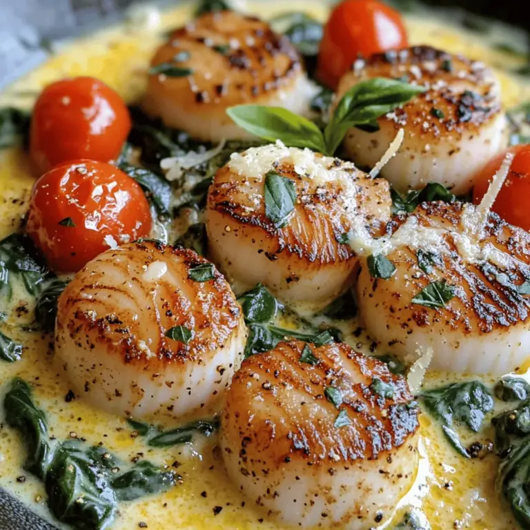 Für die cremigen Toscana-Scallops brauchst du: - 450g Jakobsmuscheln - 2 Esslöffel Olivenöl - 2 Esslöffel ungesalzene Butter - 3 Knoblauchzehen, fein gehackt - 250g Cherrytomaten, halbiert - 100g frischer Spinat - 240ml Schlagsahne - 50g frisch geriebener Parmesan - 1 Teelöffel italienische Gewürzmischung - Salz und Pfeffer nach Geschmack - Frisches Basilikum zur Garnitur Wenn du die besten Jakobsmuscheln suchst, achte auf folgende Punkte: - Sie sollten frisch und klar aussehen. - Die Muscheln sollten einen milden, süßen Geruch haben. - Wähle Jakobsmuscheln, die fest und nicht schlaff sind. - Kaufe sie am besten direkt vom Fischmarkt oder einem vertrauenswürdigen Händler. Frische Jakobsmuscheln geben deinem Gericht den besten Geschmack und die beste Textur. Falls du keine Jakobsmuscheln findest oder eine Alternative suchst, probiere diese Optionen: - Garnelen sind eine großartige Wahl. Sie sind leicht und einfach zuzubereiten. - Du kannst auch zarte Fischfilets wie Kabeljau oder Seelachs verwenden. - Für eine vegetarische Option, nimm gebratene Zucchini oder Champignons. Jede dieser Optionen kann gut zu der cremigen Sauce passen und dir eine leckere Mahlzeit bieten. Zuerst müssen Sie die Jakobsmuscheln trocken tupfen. Dies hilft, eine schöne Kruste zu bekommen. Nehmen Sie ein Papiertuch und drücken Sie es sanft auf die Muscheln. Würzen Sie beide Seiten gut mit Salz und Pfeffer. So verleihen Sie den Jakobsmuscheln viel Geschmack. Erhitzen Sie in einer großen Pfanne zwei Esslöffel Olivenöl bei mittlerer bis hoher Hitze. Wenn das Öl heiß ist, legen Sie die Jakobsmuscheln vorsichtig in die Pfanne. Braten Sie sie 2-3 Minuten auf jeder Seite an. Achten Sie darauf, dass sie goldbraun und undurchsichtig werden. Nehmen Sie die Muscheln dann aus der Pfanne und legen Sie sie beiseite. Reduzieren Sie die Hitze auf mittlere Stufe und fügen Sie zwei Esslöffel ungesalzene Butter in die gleiche Pfanne. Lassen Sie die Butter schmelzen und geben Sie dann drei fein gehackte Knoblauchzehen hinzu. Braten Sie den Knoblauch etwa 30 Sekunden lang an. Danach fügen Sie 250 Gramm halbierte Cherrytomaten hinzu. Lassen Sie diese für 2-3 Minuten garen, bis sie weich werden. Rühren Sie 100 Gramm frischen Spinat ein und warten Sie, bis er zusammenfällt. Gießen Sie dann 240 Milliliter Schlagsahne in die Pfanne. Rühren Sie alles gut um, bis die Mischung leicht köchelt. Fügen Sie 50 Gramm frisch geriebenen Parmesan und einen Teelöffel italienische Gewürzmischung hinzu. Rühren Sie weiter, bis der Käse schmilzt und die Sauce cremig wird. Geben Sie schließlich die Jakobsmuscheln zurück in die Pfanne. Wenden Sie die Muscheln vorsichtig in der Sauce, um sie gleichmäßig zu erwärmen. Schmecken Sie die Sauce mit Salz und Pfeffer ab. Servieren Sie das Gericht sofort und garnieren Sie es mit frischem Basilikum. Für die vollständige Anleitung und genaue Mengenangaben, schauen Sie sich das [Full Recipe] an. Um die Jakobsmuscheln perfekt zuzubereiten, ist Timing wichtig. Achte darauf, dass die Muscheln trocken sind, bevor du sie in die Pfanne legst. So bekommst du eine schöne goldene Kruste. Brate sie nicht zu lange, sonst werden sie zäh. Ein paar Minuten pro Seite reichen aus. Die Sauce ist der Schlüssel zu diesem Gericht. Du kannst sie leicht anpassen. Füge etwas Zitronensaft für frische Noten hinzu. Auch ein Schuss Weißwein kann die Aromen heben. Für einen würzigeren Geschmack, probiere Chili-Flocken oder frische Kräuter wie Petersilie oder Dill aus. Viele machen den Fehler, die Jakobsmuscheln zu überkochen. Das macht sie hart und trocken. Ein weiterer Fehler ist, die Hitze zu niedrig einzustellen. Du solltest immer auf mittlerer bis hoher Hitze kochen. So karamellisieren die Jakobsmuscheln gut und bekommen einen tollen Geschmack. Für die Sauce darfst du die Schlagsahne nicht zu lange kochen. Sie muss nur leicht köcheln und cremig werden. Wenn du diese Tipps befolgst, wird dein Gericht ein Hit! Für das komplette Rezept, schau dir die Full Recipe an. {{image_4}} Wenn Sie eine vegetarische Version von cremigen Toscana-Scallops möchten, probieren Sie gebratene Pilze oder Zucchini. Sie bringen eine ähnliche Textur. Nutzen Sie die gleiche cremige Sauce, um den Geschmack zu bewahren. Fügen Sie geröstete Kichererbsen für mehr Protein hinzu. Anstatt Jakobsmuscheln können Sie Garnelen oder Tintenfisch verwenden. Sie haben einen tollen Geschmack. Braten Sie sie nach dem gleichen Rezept an. Die Sauce bleibt gleich und passt gut zu allen Meeresfrüchten. So genießen Sie verschiedene Varianten des Gerichts. Die Sauce ist sehr anpassbar. Fügen Sie frischen Schnittlauch oder Petersilie für mehr Geschmack hinzu. Sie können auch Thymian oder Oregano probieren. Diese Kräuter geben der Sauce eine neue Note. Experimentieren Sie mit verschiedenen Kombinationen, um Ihren persönlichen Favoriten zu finden. Für das vollständige Rezept schauen Sie sich die Full Recipe an. Lagern Sie die restlichen cremigen Toscana-Scallops in einem luftdichten Behälter. Stellen Sie sicher, dass sie vollständig abgekühlt sind, bevor Sie sie lagern. So bleiben die Aromen frisch. Im Kühlschrank halten sie sich gut für 2 bis 3 Tage. Wenn Sie die Jakobsmuscheln länger aufbewahren möchten, frieren Sie sie ein. In einem gefriergeeigneten Behälter halten sie sich bis zu einem Monat. Um die Reste aufzuwärmen, verwenden Sie eine Pfanne oder die Mikrowelle. In der Pfanne erhitzen Sie die Scallops bei mittlerer Hitze. Rühren Sie sie sanft um, damit sie gleichmäßig warm werden. In der Mikrowelle legen Sie die Jakobsmuscheln in eine Schüssel und decken sie ab. Erwärmen Sie sie in kurzen Intervallen von 30 Sekunden. So vermeiden Sie, dass sie überkochen. Um den Geschmack beim Aufwärmen zu bewahren, fügen Sie einen Spritzer Sahne oder etwas Olivenöl hinzu. Dies hilft, die Cremigkeit wiederherzustellen. Vermeiden Sie hohe Temperaturen, da sie die Jakobsmuscheln zäh machen können. Achten Sie darauf, die Reste nicht zu lange zu lagern, um die Frische zu garantieren. Wenn Sie die vollständige Anleitung zur Zubereitung benötigen, schauen Sie sich das Full Recipe an. Das Kochen von Jakobsmuscheln dauert nur etwa 6 bis 8 Minuten. Zuerst braten Sie sie 2-3 Minuten auf jeder Seite an. Sie sind fertig, wenn sie goldbraun und undurchsichtig sind. Sehen Sie genau hin, denn übermäßiges Kochen macht sie zäh. Ja, Sie können gefrorene Jakobsmuscheln verwenden. Lassen Sie sie zuerst im Kühlschrank auftauen. Tupfen Sie sie dann trocken, bevor Sie sie kochen. Achten Sie darauf, die Hitze gleichmäßig zu regulieren, damit sie gut garen. Zu cremigen Toscana-Scallops passen viele Beilagen. Hier sind einige Vorschläge: - Frischer grüner Salat - Pasta oder Risotto - Geröstetes Gemüse - Knoblauchbrot Diese Optionen ergänzen die Aromen gut und machen das Gericht noch köstlicher. Wenn Sie mehr Ideen möchten, schauen Sie sich das [Full Recipe] an. Zusammenfassend haben wir die Zutaten, Zubereitung und Tipps für perfekte Jakobsmuscheln besprochen. Ich hoffe, diese Anleitung hilft dir, ein köstliches Gericht zuzubereiten. Denke daran, frische Zutaten zu wählen und häufige Fehler zu vermeiden. Egal, ob du Jakobsmuscheln oder Alternativen verwendest, du kannst Variationen ausprobieren. Die Lagerung und das Aufwärmen sind ebenfalls wichtig für den besten Geschmack. Ich wünsche dir viel Spaß beim Kochen und Genießen deiner Jakobsmuscheln!