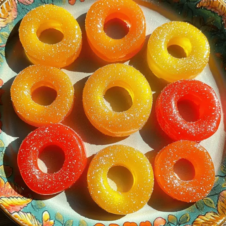 Um die perfekten Pfirsichring-Gummis zu machen, benötigst du einige einfache Zutaten: - 2 Tassen Pfirsichsaft (frisch oder aus dem Handel) - 1/2 Tasse Zucker - 1/4 Tasse Wasser - 2 Esslöffel Zitronensaft - 1 Esslöffel Agar-Agar-Pulver (oder Gelatine für die nicht-vegetarische Version) - 1/4 Teelöffel Zitronensäure (optional) - Kochspray oder Speisestärke zum Bestäuben Diese Zutaten sind leicht zu finden. Der Pfirsichsaft gibt dem Gummi den fruchtigen Geschmack. Zucker sorgt für die Süße. Agar-Agar hilft, die Gummis fest werden zu lassen. Die genauen Messungen sind wichtig. Sie helfen, die richtige Konsistenz zu erreichen. Wenn du zu viel Wasser hinzufügst, werden die Gummis zu weich. Zu wenig Zucker macht sie nicht süß genug. Halte dich an die angegebenen Mengen, um die besten Gummis zu bekommen. Du kannst das Rezept anpassen, wenn du spezielle diätetische Bedürfnisse hast. Wenn du vegan bist, verwende Agar-Agar. Gelatine ist tierisch und nicht für Veganer geeignet. Du kannst auch den Zucker durch Honig oder einen Zuckerersatz ersetzen. So bleiben die Gummis gesund und lecker. Beginnen Sie mit der Vorbereitung der Grundmasse. Nehmen Sie einen mittelgroßen Topf. Geben Sie dort zwei Tassen Pfirsichsaft, eine halbe Tasse Zucker und ein Viertel Tasse Wasser hinein. Erhitzen Sie die Mischung bei mittlerer Hitze. Rühren Sie gut um, bis der Zucker ganz aufgelöst ist. Achten Sie darauf, dass die Mischung nicht kocht. Dies ist wichtig, um die richtige Konsistenz zu erreichen. Jetzt kommt das Agar-Agar ins Spiel. Streuen Sie einen Esslöffel Agar-Agar-Pulver gleichmäßig über die Flüssigkeit. Rühren Sie die Mischung ohne Pause für etwa zwei bis drei Minuten. So lösen Sie das Agar-Agar gut auf. Wenn Sie Gelatine verwenden, nehmen Sie den Topf vom Herd. Fügen Sie die Gelatine hinzu und rühren Sie, bis sie ganz eingearbeitet ist. Fügen Sie nun zwei Esslöffel Zitronensaft zur Mischung hinzu. Wenn Sie einen extra Kick möchten, können Sie auch eine Prise Zitronensäure hinzufügen. Kochen Sie die Mischung noch eine weitere Minute, aber bringen Sie sie nicht zum Kochen. Nehmen Sie den Topf dann vom Herd. Lassen Sie die Mischung etwa fünf Minuten abkühlen. Jetzt wird es spannend! Gießen Sie die Mischung vorsichtig in Gummiformen, die wie Pfirsichringe geformt sind. Klopfen Sie die Formen leicht auf die Arbeitsfläche. So entfernen Sie eventuell Luftblasen. Stellen Sie die Formen dann für zwei bis drei Stunden in den Kühlschrank. Warten Sie, bis die Gummis fest geworden sind. Nach dem Kühlen können Sie die Gummis vorsichtig aus den Formen nehmen. Wenn gewünscht, bestäuben Sie die Gummis leicht mit Speisestärke. So verhindern Sie, dass sie zusammenkleben. Für die Präsentation arrangieren Sie die Gummis auf einem schönen Teller. Sie können sie auch mit essbarem Glitzer verzieren oder in einem kleinen Glas mit einem Band als Geschenk anbieten. So machen Sie Ihre selbstgemachten Pfirsichring-Gummis noch ansprechender! Ein häufiger Fehler ist, die Mischung zu stark zu erhitzen. Achte darauf, dass sie nicht kocht. Wenn du Agar-Agar verwendest, löse es gut auf. Klumpen können die Gummis ungleichmäßig machen. Wenn du Gelatine benutzt, rühre sie schnell ein. Lass sie nicht zu lange im heißen Saft, da sie sonst ihre Kraft verlieren kann. Die perfekte Konsistenz ist entscheidend. Du willst, dass deine Gummis weich, aber nicht zu zäh sind. Wenn du festere Gummis magst, erhöhe die Menge an Agar-Agar. Wenn sie zu weich sind, kannst du mehr hinzufügen. Achte darauf, dass du die Mischung gut abkühlen lässt. Das hilft, die Gummis fester zu machen. Um das Verkleben der Gummis zu verhindern, bestäube sie leicht mit Speisestärke. Dies hilft, die Oberfläche trocken zu halten. Alternativ kannst du auch Kochspray in die Formen sprühen. Achte darauf, dass du die Gummis gut aus den Formen drückst. Wenn sie fest sind, lasse sie ein paar Minuten bei Raumtemperatur stehen, bevor du sie lagerst. {{image_4}} Du kannst viele Fruchtgeschmäcker für deine Gummis nutzen. Erdbeere, Himbeere oder Mango sind tolle Optionen. Beginne mit dem gleichen Rezept. Ersetze einfach den Pfirsichsaft durch deinen gewünschten Saft. Probiere auch Kombinationen, wie Pfirsich-Mango oder Erdbeer-Himbeere. Das macht die Gummis spannend und frisch. Farbe macht alles lebendiger! Du kannst die Gummis einfach einfärben. Verwende Lebensmittelfarbe, um deine Gummis passend zu deinem Anlass zu gestalten. Für eine Sommerparty könntest du gelb und orange verwenden. Für Halloween sind schwarz und orange cool. Ein paar Tropfen reichen oft aus, um kräftige Farben zu erzielen. Die Form deiner Gummis kann viel bewirken. Nutze verschiedene Silikonformen, um lustige Designs zu kreieren. Herzen, Sterne oder sogar Tiere sind eine gute Wahl. Diese Formen machen die Gummis noch ansprechender. Du kannst auch saisonale Formen nutzen, wie Kürbisse für den Herbst oder Schneeflocken für den Winter. So wird jede Feier besonders! Um die Pfirsichring-Gummis frisch zu halten, benötigen Sie einen luftdichten Behälter. Legen Sie die Gummis vorsichtig in den Behälter, ohne dass sie sich berühren. So verhindern Sie, dass sie zusammenkleben. Die Gummis halten sich gut bis zu zwei Wochen im Kühlschrank. Achten Sie darauf, die Temperatur konstant zu halten. Wenn Sie die Gummis länger aufbewahren möchten, können Sie sie auch im Gefrierfach lagern. Dort bleiben sie bis zu drei Monate frisch. Bestäuben Sie die Gummis leicht mit Speisestärke, bevor Sie sie lagern. Dies hilft, die Feuchtigkeit zu reduzieren. Vermeiden Sie auch direkte Sonneneinstrahlung, um die Farben und den Geschmack zu bewahren. Mit diesen einfachen Tipps bleiben Ihre hausgemachten Pfirsichring-Gummis lecker und frisch. Genießen Sie sie bei jedem Anlass! Denken Sie daran, die Gummis aus dem Kühlschrank zu nehmen, bevor Sie sie servieren, damit sie wieder etwas weicher werden. Die gesamte Zubereitungszeit beträgt etwa 20 Minuten. Nach der Zubereitung müssen die Gummis für 2 bis 3 Stunden kühl stehen. Also, planen Sie insgesamt etwa 3 Stunden und 20 Minuten ein, um diese leckeren Pfirsichring-Gummis zu machen. Ja, Sie können Gelatine verwenden. Agar-Agar ist eine pflanzliche Option. Gelatine ist eine tierische Zutat. Wenn Sie Gelatine benutzen, nehmen Sie den Topf vom Herd, bevor Sie sie hinzufügen. Rühren Sie gut, bis sie vollständig aufgelöst ist. Um andere Geschmäcker zu nutzen, ersetzen Sie den Pfirsichsaft. Sie können auch andere Fruchtsäfte wie Himbeere, Mango oder Zitrone nehmen. Achten Sie darauf, die Menge der anderen Zutaten gleich zu halten. So erhalten Sie die gleiche Konsistenz und Süße. Ja, wenn Sie Agar-Agar verwenden, sind die Gummis vegan. Agar-Agar ist aus Algen gemacht und somit eine gute pflanzliche Option. Wenn Sie Gelatine einsetzen, sind die Gummis nicht vegan. Pfirsichring-Gummis sind einfach zuzubereiten. Du hast gelernt, welche Zutaten nötig sind und wie du sie richtig kombinierst. Die Schritt-für-Schritt-Anleitung hilft dir, Fehler zu vermeiden. Denk auch an die Tipps, um die perfekte Konsistenz zu erreichen. Variiere ruhig mit anderen Geschmäckern und Formen. Mit den richtigen Lagerungshinweisen bleiben deine Gummis frisch. Probiere es aus und genieße diese leckeren Snacks selbst oder teile sie mit Freunden!