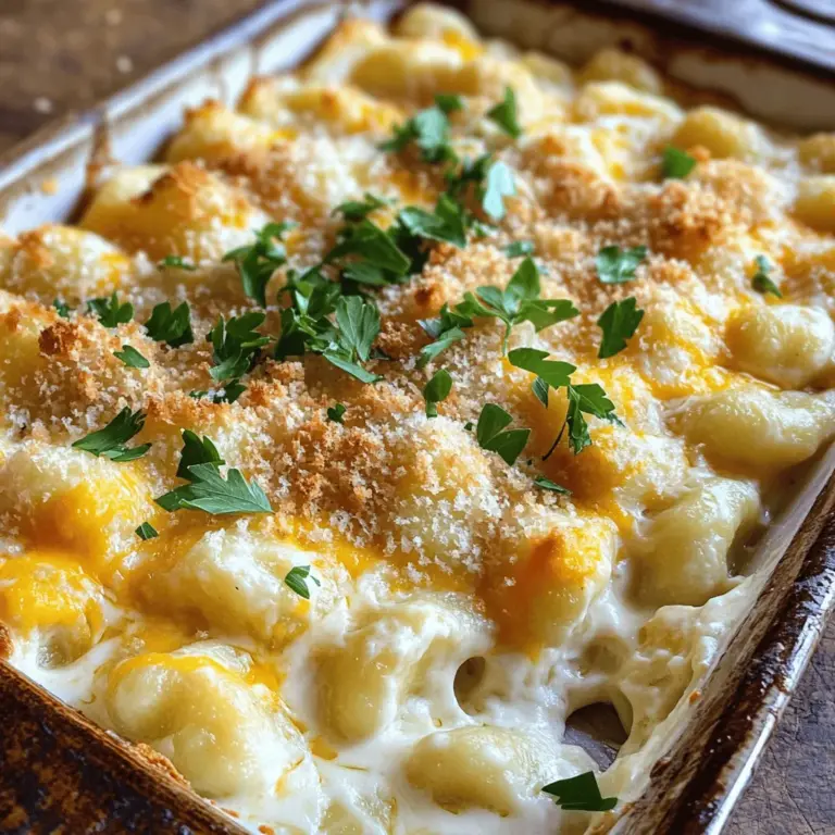 Gnocchi kochen kann einfach sein. Fülle einen großen Topf mit Salzwasser und bringe es zum Kochen. Wenn das Wasser sprudelt, füge die Gnocchi hinzu. Sie sind fertig, wenn sie an die Oberfläche steigen, etwa nach 2-3 Minuten. Gieße sie dann ab und stelle sie beiseite. Die Käsesoße ist der wahre Star. Schmelze in einem großen Topf die Butter bei mittlerer Hitze. Rühre das Weizenmehl ein, um eine Mehlschwitze zu machen. Lass es 1 Minute köcheln, bis es leicht blubbert. Dann kommt die Milch. Gieße sie langsam dazu und rühre ständig, damit keine Klumpen entstehen. Koche weiter, bis die Mischung dick wird, das dauert etwa 5-7 Minuten. Reduziere die Hitze und füge den Cheddar- und Mozzarella-Käse hinzu. Rühre, bis der Käse schmilzt und die Soße cremig wird. Abschließend würze die Soße mit Knoblauchpulver, Zwiebelpulver, Senfmehl, Salz, Pfeffer und optional Cayennepfeffer. Jetzt ist es Zeit, die Gnocchi mit der Käsesoße zu vermischen. Gib die gekochten Gnocchi in die Käsesoße und rühre vorsichtig um. Achte darauf, dass alle Gnocchi gut mit der Soße überzogen sind. Heize deinen Ofen auf 175°C vor. Fülle die Gnocchi-Käse-Mischung in eine gefettete Auflaufform. Um eine knusprige Kruste zu bekommen, mische die Semmelbrösel mit einem Schuss Olivenöl und etwas Salz. Streue diese Mischung gleichmäßig über die Gnocchi und die Soße. Backe das Ganze 20-25 Minuten im Ofen. Die Oberseite sollte goldbraun und knusprig sein. Jetzt ist es Zeit, dein Gnocchi Mac and Cheese zu genießen. Für das Rezept schau dir bitte die [Full Recipe] an. Um das beste Gnocchi Mac and Cheese zu machen, können einige Fehler auftreten. Zuerst, kochen Sie die Gnocchi nicht zu lange. Sie sollten nur 2-3 Minuten in kochendem Wasser sein. Wenn sie zu lange kochen, werden sie matschig. Achten Sie auch darauf, die Käsesoße nicht zu überhitzen. Zu hohe Hitze kann die Soße trennen. Rühren Sie die Soße ständig, um Klumpen zu vermeiden. Die Konsistenz der Käsesoße ist entscheidend. Sie sollte cremig, aber nicht zu dick sein. Wenn die Soße zu dick wird, fügen Sie einfach mehr Milch hinzu. Für eine bessere Textur können Sie auch verschiedene Käsesorten mischen. Cheddar und Mozzarella sorgen für eine tolle Kombination. Für die Zubereitung empfehle ich folgende Küchengeräte: - Ein großer Topf zum Kochen der Gnocchi - Ein weiterer Topf für die Käsesoße - Ein Schneebesen zum Rühren - Eine Auflaufform für das Backen Diese Utensilien helfen Ihnen, effizient zu arbeiten. Zum Servieren sind kleine Schalen ideal. Sie sehen hübsch aus und machen das Essen einfacher. Ein Löffel zum Portionieren ist auch nützlich. Für die beste Erfahrung empfehle ich, das Gnocchi Mac and Cheese in einzelnen Schalen zu servieren. So sieht es schöner aus und jeder kann seine Portion genießen. Probieren Sie auch, ein wenig zusätzlichen Käse darüber zu streuen. Das macht das Gericht noch köstlicher! {{image_4}} Gnocchi Mac and Cheese kann viel mehr als nur cremig und käsig sein. Ich liebe es, Gemüse hinzuzufügen. Zum Beispiel: - Brokkoli: Dämpfen Sie ihn kurz und mischen Sie ihn unter die Gnocchi. - Spinat: Fügen Sie frischen oder gefrorenen Spinat direkt zur Käsesoße hinzu. - Paprika: Braten Sie bunte Paprikastücke an und geben Sie sie in die Mischung. Diese Zutaten bringen Farbe und Nährstoffe in Ihr Gericht. Außerdem können Sie die Aromen verbessern. Versuchen Sie, mit verschiedenen Käsesorten zu experimentieren. Fügen Sie zum Beispiel Gruyère oder Parmesan hinzu. Beide Käse geben einen tollen Geschmack. Auch geräucherter Käse sorgt für eine besondere Note. Die Wahl der Käse ist wichtig. Ich empfehle, eine Mischung aus verschiedenen Käsesorten zu verwenden. So wird Ihr Gericht noch leckerer. Hier sind einige Ideen: - Gouda: Cremig und leicht süß. - Blauschimmelkäse: Für einen kräftigen Geschmack. - Ziegenkäse: Für eine frische, würzige Note. Sie können auch mit Gewürzen und Kräutern spielen. Zum Beispiel: - Thymian: Gibt einen schönen, erdigen Geschmack. - Oregano: Bringt italienisches Flair. - Paprika: Für eine rauchige Note. So machen Sie Ihr Gnocchi Mac and Cheese ganz nach Ihrem Geschmack. Wenn Sie mehr Ideen suchen, schauen Sie sich das Full Recipe an! Um Gnocchi Mac and Cheese frisch zu halten, lagern Sie es im Kühlschrank. Lassen Sie das Gericht zuerst abkühlen. Dann decken Sie es gut mit Frischhaltefolie oder einem Deckel ab. So bleibt es 3 bis 5 Tage frisch. Für die Gefrieroption können Sie das Gericht in einem luftdichten Behälter einfrieren. Achten Sie darauf, es gut abzudecken, um Gefrierbrand zu vermeiden. So bleibt es bis zu 3 Monate genießbar. Um Gnocchi Mac and Cheese aufzuwärmen, verwenden Sie den Ofen. Heizen Sie ihn auf 180 Grad Celsius vor. Geben Sie das Gericht in eine Auflaufform. Decken Sie die Form mit Alufolie ab. So bleibt die Konsistenz schön cremig. Wenn Sie Reste haben, können Sie kreativ werden. Verwenden Sie die Reste in einem Auflauf mit Gemüse oder auch in einem Omelett. So machen Sie etwas Neues aus den Resten und verschwenden nichts. Gnocchi Mac and Cheese bleibt bis zu drei Tage frisch. Lagern Sie es in einem luftdichten Behälter im Kühlschrank. Achten Sie darauf, es gut zu kühlen. So bleibt der Geschmack frisch und lecker. Wenn Sie es länger aufbewahren möchten, können Sie es auch einfrieren. In einem gefrierfesten Behälter bleibt es bis zu drei Monate haltbar. Vor dem Servieren einfach im Kühlschrank auftauen und aufwärmen. Ja, frische Gnocchi sind eine tolle Wahl! Sie haben eine weichere Textur im Vergleich zu handelsüblichen Gnocchi. Frische Gnocchi kochen oft schneller, etwa 1-2 Minuten in kochendem Wasser. Handelsübliche Gnocchi brauchen meist 2-3 Minuten. Beide Optionen passen gut zu der cremigen Käsesoße. Frische Gnocchi können eine besondere Note hinzufügen, die Ihre Mahlzeit hebt. Für Gnocchi Mac and Cheese sind scharfer Cheddar und Mozzarella ideal. Cheddar bringt einen kräftigen Geschmack, während Mozzarella für die cremige Konsistenz sorgt. Sie können auch andere Käsesorten probieren. Gouda oder Gruyère sind ebenfalls lecker. Wenn Sie es schärfer mögen, fügen Sie etwas Pepper Jack hinzu. Experimentieren Sie mit verschiedenen Käsevarianten, um Ihren perfekten Geschmack zu finden. Gnocchi Mac and Cheese ist einfach zuzubereiten und schmeckt köstlich. Wir haben die Zutaten, die Zubereitung und nützliche Tipps besprochen. Zudem kannst du kreative Variationen ausprobieren, um das Gericht zu verfeinern. Denke daran, das Gericht richtig zu lagern und aufzuwärmen, damit der Geschmack bleibt. Mit diesen Hinweisen wird dein Gnocchi Mac and Cheese immer ein Erfolg. Probiere die verschiedenen Käse und Gewürze aus! Viel Spaß beim Kochen und Genießen!