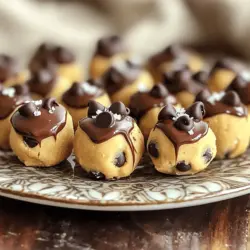 Die Hauptzutaten für die Schokoladenkeks-Teig-Bites sind einfach und lecker. Hier ist, was du brauchst: - 1 Tasse Mandelmehl - 1/2 Teelöffel Backpulver - 1/4 Teelöffel Salz - 1/4 Tasse Ahornsirup - 1/4 Tasse Kokosöl, geschmolzen - 1 Teelöffel Vanilleextrakt - 1/2 Tasse Schokoladenstückchen - 1/4 Tasse gehackte Pekannüsse (optional) Diese Zutaten geben den Bites ihren tollen Geschmack. Mandelmehl macht sie nussig und glutenfrei. Das Kokosöl sorgt für eine weiche Textur. Wenn du keine bestimmte Zutat hast, gibt es Alternativen. Du kannst das Mandelmehl durch Hafermehl ersetzen. Es hat einen ähnlichen Geschmack. Wenn du keinen Ahornsirup hast, benutze Honig oder Agavendicksaft. Kokosöl kann durch Butter ersetzt werden, wenn du das möchtest. Die Schokoladenstückchen sind wichtig, aber du kannst sie auch durch getrocknete Früchte oder Nüsse ersetzen. Das macht die Bites anders, aber lecker. Die Nährwerte sind wichtig, wenn du gesund essen willst. Hier ist eine Übersicht: - Mandelmehl: Reich an Protein und gesunden Fetten. - Ahornsirup: Hat weniger Zucker als normaler Zucker und Mineralien. - Kokosöl: Liefert gesunde Fette und Energie. - Schokoladenstückchen: Enthalten Antioxidantien, wenn du dunkle Schokolade wählst. - Pekannüsse: Gut für das Herz und reich an Vitaminen. Diese Zutaten machen die Bites nicht nur lecker, sondern auch nahrhaft. Du kannst das volle Rezept auf meiner Website finden. Um die Schokoladenkeks-Teig-Bites zu machen, beginne mit einer Schüssel. Mische 1 Tasse Mandelmehl, 1/2 Teelöffel Backpulver und 1/4 Teelöffel Salz. Rühre gut um, bis alles gleichmäßig verteilt ist. Füge nun 1/4 Tasse Ahornsirup, 1/4 Tasse geschmolzenes Kokosöl und 1 Teelöffel Vanilleextrakt hinzu. Rühre alles mit einem Löffel, bis der Teig glatt ist. Jetzt kommen die Schokoladenstückchen. Verwende 1/2 Tasse und hebe sie vorsichtig unter den Teig. Du kannst auch 1/4 Tasse gehackte Pekannüsse hinzufügen, wenn du magst. Nimm nun einen Esslöffel und forme kleine Kugeln aus dem Teig. Lege diese auf ein Backblech, das du mit Backpapier ausgelegt hast. Nachdem du alle Bällchen geformt hast, stelle das Blech für mindestens 30 Minuten in den Kühlschrank. So werden die Bites fest und lecker. Die Konsistenz des Teigs ist wichtig. Wenn er zu trocken ist, kannst du etwas mehr Kokosöl oder Ahornsirup hinzufügen. Ist der Teig zu nass, füge mehr Mandelmehl hinzu. Der Teig sollte leicht klebrig, aber formbar sein. So gelingen die Bites gut. Achte darauf, den Teig nicht zu lange zu rühren. Ein paar Falten sind okay, das macht ihn interessanter. Die Kältezeit ist entscheidend. Lass die Bites für mindestens 30 Minuten im Kühlschrank. Dies hilft, die Form zu halten. Wenn du die Bites nach dem Kühlen in Schokolade tauchen möchtest, lass sie nach dem Tauchen weitere 15 Minuten im Kühlschrank. So wird die Schokolade fest und die Bites sehen toll aus. Wenn du sie länger kühlen kannst, werden sie noch besser. Das gibt dir die perfekte Konsistenz und einen tollen Geschmack. Wenn du Schokoladenkeks-Teig-Bites machst, gibt es einige Fehler, die du vermeiden solltest. Hier sind die häufigsten: - Zu viel Mehl: Wenn du zu viel Mandelmehl hinzufügst, wird der Teig trocken. Verwende die richtige Menge. - Nicht genügend kühlen: Kühlzeit ist wichtig. Lass die Bites mindestens 30 Minuten im Kühlschrank. - Zutaten nicht gut vermischen: Rühre die trockenen und feuchten Zutaten gründlich zusammen. So bekommst du die beste Textur. Du kannst dieses Rezept anpassen, um es für verschiedene Diäten geeignet zu machen: - Vegan: Verwende Ahornsirup anstelle von Honig. Das Rezept ist bereits vegan, wenn du die Pekannüsse weglässt. - Glutenfrei: Mandelmehl ist glutenfrei. Du kannst auch Kokosmehl verwenden, aber achte auf die Menge. - Zuckerfrei: Nutze einen Süßstoff wie Stevia oder Erythrit, um den Zuckergehalt zu reduzieren. Um deine Schokoladenkeks-Teig-Bites ansprechend zu präsentieren, probiere diese Ideen: - Deko: Lege die Bites auf einen schönen Teller. Beträufle sie mit geschmolzener Schokolade. - Meersalz: Streue eine Prise Meersalz über die Bites für einen tollen Geschmackskontrast. - Eiscreme: Serviere die Bites mit einer Kugel Eiscreme. Das macht es noch leckerer. Wenn du mehr über das Rezept erfahren möchtest, schau dir das [Full Recipe] an. {{image_4}} Eingekaufte Schokoladenkeks-Teig-Bites bieten oft Bequemlichkeit. Sie sind schnell und einfach. Aber sie können viele Zusatzstoffe enthalten. Selbstgemachte Bites sind frischer und gesünder. Du kontrollierst die Zutaten und die Qualität. Ich finde, das selbstgemachte Rezept ist besser. Es schmeckt authentischer und macht mehr Spaß. Es gibt viele Marken, die Schokoladenkeks-Teig-Bites verkaufen. Einige beliebte Marken sind Doughp und Edoughble. Diese Marken erhalten gute Bewertungen für ihren Geschmack. Viele Leute schätzen die Qualität ihrer Zutaten. Aber die Preise können hoch sein. Vergleiche die Inhaltsstoffe und den Preis. So findest du die beste Option für dich. Wenn du gesündere Bites möchtest, gibt es tolle Alternativen. Verwende Erdnussbutter oder Nussbutter anstelle von Kokosöl. Du kannst auch Honig statt Ahornsirup verwenden. Wenn du weniger Zucker willst, probiere Erythrit oder Stevia. Füge mehr Nüsse oder Haferflocken hinzu, um den Biss zu verbessern. Diese Optionen machen die Bites nahrhafter und lecker. Für das volle Rezept, schau dir die Anleitung an. Die Lagerung ist wichtig für den Geschmack und die Frische Ihrer Schokoladenkeks-Teig-Bites. Bewahren Sie die Bites in einem luftdichten Behälter auf. Ein Kühlschrank ist ideal, um sie kühl und frisch zu halten. Stellen Sie sicher, dass der Behälter gut verschlossen ist. So bleiben die Bites bis zu einer Woche lecker. Die Haltbarkeit dieser Bites beträgt etwa eine Woche im Kühlschrank. Nach dieser Zeit könnten sie trocken oder weniger schmackhaft werden. Achten Sie auf Anzeichen von Verderb, wie einen unangenehmen Geruch oder Verfärbungen. Bei richtiger Lagerung bleiben sie jedoch frisch und köstlich. Wenn Sie die Bites länger aufbewahren möchten, können Sie sie einfrieren. Legen Sie die Bites auf ein Backblech und frieren Sie sie zuerst 1-2 Stunden ein. Dann können Sie die gefrorenen Bites in einen luftdichten Behälter oder einen Gefrierbeutel umfüllen. So bleiben sie bis zu drei Monate frisch. Lassen Sie sie vor dem Essen einfach im Kühlschrank auftauen. Schokoladenkeks-Teig-Bites halten bis zu einer Woche im Kühlschrank. Um die Frische zu bewahren, lege die Bites in einen luftdichten Behälter. So bleiben sie weich und lecker. Ich empfehle, sie in einer Schicht anzuordnen, um das Kleben zu vermeiden. Ja, du kannst die Bites ohne Zucker machen. Ersetze den Ahornsirup durch eine andere süße Zutat. Honig oder ein Zuckeraustauschmittel wie Stevia sind gute Optionen. Achte darauf, die Menge anzupassen. So bekommst du dennoch ein süßes Ergebnis. Mandelmehl ist nicht zwingend erforderlich, aber ich empfehle es für den besten Geschmack und die Textur. Du kannst auch andere Mehle verwenden, wie Hafermehl oder Kokosmehl. Bedenke, dass sich die Konsistenz ändern kann. Es kann sein, dass du die Flüssigkeitsmenge anpassen musst. Zusammenfassend haben wir die besten Zutaten für Schokoladenkeks-Teig-Bites besprochen. Ich habe dir gezeigt, wie du Schritt für Schritt köstliche Bites zauberst. Wir haben zudem Tipps gegeben, um häufige Fehler zu vermeiden und Variationen für spezielle Diäten zu erkunden. Denke daran, die Bites richtig zu lagern, um ihre Frische zu bewahren. Mit diesen Infos gelingt dir jedes Mal ein schmackhaftes Ergebnis. Probiere die Rezepte aus und werde kreativ!
