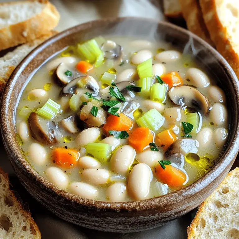 - 2 Tassen gewürfelte Champignons - 1 Dose (425 g) weiße Bohnen (Cannellini oder große Nordbohnen) - 4 Tassen Gemüsebrühe Die gewürfelten Champignons sind die Hauptzutat. Sie bringen Umami und Textur. Weiße Bohnen machen den Eintopf sättigend und cremig. Gemüsebrühe gibt dem Gericht Geschmack und Tiefe. - 1 große Zwiebel, gehackt - 2 Knoblauchzehen, fein gehackt - 2 Karotten, gewürfelt - 1 Selleriestange, gewürfelt - 1 Teelöffel getrockneter Thymian - 1 Teelöffel getrockneter Rosmarin Zwiebeln und Knoblauch sind die Basis für den Geschmack. Karotten und Sellerie bringen Süße und Crunch. Thymian und Rosmarin geben ein schönes Aroma. Diese Gewürze machen den Eintopf besonders lecker. - 2 Tassen Grünkohl, grob gehackt - Frische Petersilie zur Garnierung Grünkohl fügt Nährstoffe und Farbe hinzu. Frische Petersilie macht das Gericht schön und frisch. Es ist eine tolle Ergänzung, wenn du etwas Gesundes und Leckeres willst. Für das gesamte Rezept schaue dir die [Full Recipe] an. Zuerst nehmen wir die Zwiebel und schneiden sie klein. Ich benutze eine große Zwiebel, um viel Geschmack zu bekommen. Dann erhitze ich Olivenöl in einem großen Topf bei mittlerer Hitze. Die gehackte Zwiebel kommt hinein. Ich brate sie für 3-4 Minuten an. Sie sollte weich werden und leicht glänzen. Jetzt füge ich den fein gehackten Knoblauch hinzu. Nach einer Minute kommen die gewürfelten Karotten und der Sellerie dazu. Ich rühre alles gut um und lasse es weitere 5 Minuten garen. Das Gemüse wird zart und duftet köstlich. Als nächstes gebe ich die gewürfelten Champignons in den Topf. Ich brate sie für 6-7 Minuten an. Die Champignons geben Wasser ab und bräunen leicht. Das macht den Eintopf besonders aromatisch. Jetzt füge ich 4 Tassen Gemüsebrühe hinzu. Dann kommen die weißen Bohnen, Thymian und Rosmarin dazu. Ich vermenge alles gut und bringe die Mischung zum Kochen. Ich reduziere die Hitze und lasse den Eintopf 20-25 Minuten köcheln. Während dieser Zeit entfalten sich die Aromen wunderbar. Wenn ich Grünkohl benutze, gebe ich ihn in den letzten 5 Minuten dazu. Vor dem Servieren schmecke ich den Eintopf mit Salz und Pfeffer ab. Jetzt ist er bereit! Ich serviere ihn warm in tiefen Schalen. Eine schöne Garnitur aus frischer Petersilie bringt Farbe. Ein Schuss Olivenöl macht das Gericht perfekt. Dazu passt knuspriges Brot zum Dippen. Für die genaue Zubereitung, schauen Sie sich das Full Recipe an. Wie intensiviert man die Aromen? Fangen Sie mit frischen Zutaten an. Frisches Gemüse bringt viel Geschmack. Ich mag es, die Zwiebeln und den Knoblauch in Olivenöl anzugaren. Das gibt dem Eintopf eine tolle Basis. Verwenden Sie frische Kräuter. Diese verleihen dem Gericht einen besonderen Kick. Wenn Sie Thymian und Rosmarin frisch haben, nutzen Sie sie! Sie sind kräftiger im Geschmack. Fügen Sie die Kräuter früh hinzu, damit sie ihre Aromen entfalten können. Haben Sie vegane Alternativen für die Brühe? Ja, Gemüsebrühe ist eine gute Wahl. Sie sind leicht zu finden und geben dem Eintopf einen tollen Geschmack. Achten Sie darauf, dass sie ohne tierische Produkte sind. Wie passt man die Schärfe an? Sie können eine Prise Chili oder Pfeffer hinzufügen. Wenn Sie es mild mögen, lassen Sie die scharfen Zutaten weg. So bleibt der Eintopf für jeden gut. Wie richtet man den Eintopf an? Servieren Sie ihn in tiefen Schalen. Das macht das Essen gemütlich. Garnieren Sie mit frischer Petersilie. Das bringt Farbe und Frische. Denken Sie an Beilagen. Knuspriges Brot passt perfekt dazu. Es gibt einen tollen Crunch und schmeckt super. So wird der Eintopf noch besser. Probieren Sie auch, das Brot in den Eintopf zu dippen! {{image_4}} Im Herbst kann der Eintopf mit saisonalen Gemüsesorten wie Kürbis oder Süßkartoffeln aufgepeppt werden. Diese Zutaten bringen eine süße Note und mehr Textur. Im Sommer empfehle ich, frische Kräuter wie Basilikum oder Oregano hinzuzufügen. Diese Kräuter geben dem Gericht einen leichten, frischen Geschmack. Sie können verschiedene Bohnenarten verwenden, um den Eintopf zu variieren. Schwarze Bohnen oder rote Bohnen bringen eine andere Farbe und einen neuen Geschmack. Auch die Pilzsorten können wechseln. Statt Champignons können Sie Shiitake oder Austernpilze nutzen. Diese Pilze haben einen intensiveren Geschmack und machen das Gericht noch interessanter. Für eine glutenfreie Variante müssen Sie nur darauf achten, dass die Brühe glutenfrei ist. Viele Brühen sind bereits glutenfrei, aber es ist gut, das Etikett zu prüfen. Wenn Sie Low-Carb-Optionen suchen, können Sie die Menge der Bohnen reduzieren und mehr Gemüse hinzufügen. Zucchini oder Blumenkohl sind tolle Alternativen, die den Eintopf leicht und gesund halten. Um den gemütlichen weißen Bohnen-Pilz-Eintopf richtig zu lagern, stellen Sie sicher, dass er gut abgekühlt ist. Füllen Sie ihn in einen luftdichten Behälter. So bleibt er frisch. Im Kühlschrank hält er sich etwa 3 bis 5 Tage. Wenn Sie den Eintopf länger aufbewahren möchten, können Sie ihn auch einfrieren. Teilen Sie ihn in Portionen auf und füllen Sie ihn in gefriergeeignete Behälter. So können Sie ihn bis zu 3 Monate lagern. Achten Sie darauf, etwas Platz im Behälter zu lassen, da der Eintopf beim Einfrieren expandiert. Wenn es Zeit zum Aufwärmen ist, gibt es einige gute Methoden. Sie können den Eintopf in einem Topf auf dem Herd erwärmen. Stellen Sie die Hitze auf niedrig und rühren Sie häufig um. So verhindern Sie, dass er anbrennt. Alternativ können Sie die Mikrowelle nutzen. Geben Sie eine Portion in eine mikrowellengeeignete Schüssel und decken Sie sie ab. Erhitzen Sie sie in 1-Minuten-Intervallen und rühren Sie dazwischen um. Beachten Sie, dass beim Aufwärmen die Textur leicht ändern kann. Die Bohnen könnten weicher werden und die Brühe dicker. Das ist normal und beeinträchtigt den Geschmack nicht. Für kreative Ideen zur Verwendung von Resten können Sie den Eintopf als Füllung für Wraps nutzen. Nehmen Sie Tortillas und fügen Sie etwas Käse hinzu. Wickeln Sie sie fest und erhitzen Sie sie. Eine andere Möglichkeit ist, den Eintopf in eine Sauce für Pasta zu verwandeln. Kochen Sie Ihre Lieblingsnudeln und mischen Sie sie mit dem Eintopf. Das ergibt eine nahrhafte Mahlzeit. Sie können auch den Eintopf als Basis für eine neue Suppe verwenden. Fügen Sie mehr Brühe und frisches Gemüse hinzu. So entsteht eine ganz neue Interpretation des Gerichts. Für das vollständige Rezept werfen Sie einen Blick auf die gesamte Rezeptur des gemütlichen weißen Bohnen-Pilz-Eintopfs. Du kannst den Eintopf bis zu fünf Tage im Kühlschrank aufbewahren. Achte darauf, ihn in einem luftdichten Behälter zu lagern. So bleibt er frisch und lecker. Wenn du den Eintopf länger aufbewahren möchtest, kannst du ihn auch einfrieren. In einem gefrierfesten Behälter hält er bis zu drei Monate. Vor dem Essen einfach langsam im Kühlschrank auftauen. Ja, dieser Eintopf ist bereits vegan, wenn du die Brühe und die Zutaten verwendest. Du kannst auch die Bohnen und das Gemüse nach deinem Geschmack anpassen. Zum Beispiel, anstatt Grünkohl, kannst du Spinat verwenden. Das gibt dir mehr Vielfalt. Achte nur darauf, dass alle Zutaten pflanzlich sind. Absolut! Dieser Eintopf ist perfekt für Meal Prep. Du kannst ihn in großen Mengen kochen und in Portionen aufteilen. So hast du immer eine schnelle und nahrhafte Mahlzeit bereit. Das spart Zeit und hilft dir, gesunde Entscheidungen zu treffen. Du kannst ihn auch leicht aufwärmen, was ihn ideal für hektische Tage macht. Ein knuspriges Brot passt hervorragend zu diesem Eintopf. Es hilft, die Aromen aufzunehmen und macht das Essen noch besser. Du kannst auch einen herben Salat dazu servieren. Das gibt einen schönen Kontrast zur Wärme des Eintopfs. Probiere auch ein bisschen frisches Pesto oder einen Spritzer Zitrone für zusätzlichen Geschmack. Der Eintopf ist einfach und vielseitig. Wir haben die Hauptzutaten und aromatischen Zusätze besprochen. Die Schritt-für-Schritt-Anleitung hilft Ihnen, schnell ein leckeres Gericht zu kochen. Tipps zur optimalen Zubereitung und kreative Variationen zeigen, wie Sie den Eintopf anpassen können. Achten Sie auch auf die Lagerung und Resteverwertung, um nichts zu verschwenden. Dieser Eintopf ist nicht nur köstlich, sondern auch praktisch für jede Gelegenheit. Viel Spaß beim Kochen und Genießen!
