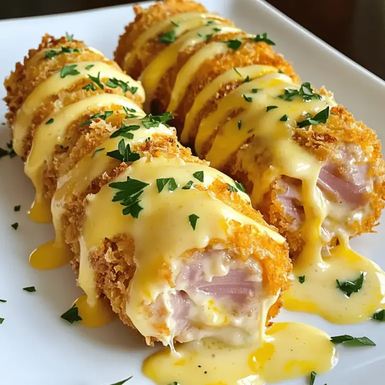 - 4 Hähnchenbrustfilets - 4 Scheiben Schinken - 4 Scheiben Schweizer Käse - 1 Tasse Weizenmehl - 2 große Eier (verquirlt) - 1 Tasse Paniermehl - 2 Esslöffel Butter - 2 Esslöffel Weizenmehl - 2 Tassen Milch - 1 Tasse geriebener Schweizer Käse Das sind die Zutaten, die Sie für ein köstliches Chicken Cordon Bleu mit Schweizer Käsesauce benötigen. Die Hauptzutaten sind Hähnchenbrust, Schinken und Schweizer Käse. Diese Kombination macht das Gericht herzhaft und lecker. Für die Panade verwenden wir Weizenmehl, Eier und Paniermehl. Diese Zutaten sorgen für eine knusprige Textur. Ich empfehle Panko für eine extra knusprige Panade. Die Schweizer Käsesauce ist cremig und voll im Geschmack. Sie benötigen Butter, Weizenmehl, Milch und geriebenen Schweizer Käse. Diese Sauce passt perfekt zum Cordon Bleu und macht das Gericht besonders schmackhaft. Für das vollständige Rezept können Sie [Full Recipe] ansehen. - Heizen Sie den Ofen auf 190 °C vor. - Legen Sie die Hähnchenbrustfilets auf eine flache Fläche. - Decken Sie sie mit Frischhaltefolie ab. - Klopfen Sie das Hähnchen mit einem Fleischklopfer auf eine Dicke von 0,5 cm. - Würzen Sie die Hähnchenbrustfilets mit Salz, Pfeffer, Knoblauchpulver und Paprika. - Legen Sie auf jedes Filet eine Scheibe Schinken und eine Scheibe Schweizer Käse. - Rollen Sie das Hähnchen von einer schmalen Seite her auf. - Verwenden Sie Zahnstocher, um die Röllchen zusammenzuhalten. - Richten Sie eine Panierstraße mit drei Schüsseln ein. - Füllen Sie die erste Schüssel mit Mehl. - Geben Sie die verquirlten Eier in die zweite Schüssel. - Füllen Sie die dritte Schüssel mit Paniermehl. - Wenden Sie jede Hähnchenrolle zuerst im Mehl und klopfen Sie überschüssiges Mehl ab. - Tauchen Sie die Röllchen in die Eier und rollen Sie sie dann in den Semmelbröseln. - Erhitzen Sie das Olivenöl in einer großen, ofenfesten Pfanne. - Braten Sie die panierten Röllchen etwa 3-4 Minuten auf jeder Seite, bis sie goldbraun sind. - Übertragen Sie die Pfanne in den vorgeheizten Ofen. - Backen Sie das Hähnchen 15-20 Minuten, bis die Innentemperatur 75 °C erreicht. Für die vollständige Zubereitung, schauen Sie sich das [Full Recipe] an. Um eine knusprige Panade zu erreichen, empfehle ich die Verwendung von Panko. Panko sind grobe Semmelbrösel und geben eine extra Knusprigkeit. Sie sind leicht und sorgen dafür, dass das Chicken Cordon Bleu beim Braten schön kross wird. Achte darauf, das Öl vor dem Braten zu testen. Ein einfacher Test ist, ein kleines Stück Brot ins Öl zu werfen. Wenn es sofort brutzelt, ist das Öl bereit. Die Innentemperatur ist wichtig, um sicherzustellen, dass das Hähnchen vollständig gegart ist. Die ideale Temperatur beträgt 75°C. Nutze ein Fleischthermometer, um die Temperatur zu messen. Lasse das Hähnchen nach dem Braten ein paar Minuten ruhen. So verteilt sich der Saft besser und das Fleisch bleibt saftig. Saisonales Gemüse ist eine tolle Beilage. Verwende zum Beispiel grüne Bohnen oder Karotten. Diese passen gut zu dem reichhaltigen Geschmack des Cordon Bleu. Auch Saucen und Dips sind eine gute Wahl. Eine einfache Knoblauch- oder Kräutersauce kann das Gericht abrunden. Du kannst auch die Schweizer Käsesauce als Dip verwenden. Für weitere Ideen kannst du die [Full Recipe] ansehen. {{image_4}} Möchten Sie eine vegetarische Version von Chicken Cordon Bleu? Sie können das Hähnchen durch Auberginen oder Zucchini ersetzen. Schneiden Sie das Gemüse in dünne Scheiben. Diese Scheiben sind leicht zu füllen und haben einen tollen Geschmack. Für die Füllung können Sie auch Spinat und Ricotta verwenden. Diese Kombination bringt frische Aromen. Die Gewürze machen einen großen Unterschied im Geschmack. Fügen Sie Kräuter wie Thymian oder Oregano hinzu, um mehr Tiefe zu schaffen. Wenn Sie es scharf mögen, ergänzen Sie Chili. Ein wenig Chili-Pulver reicht aus, um eine würzige Note zu erzielen. Experimentieren Sie mit verschiedenen Gewürzen, um Ihren perfekten Geschmack zu finden. Käse ist der Star in diesem Gericht. Sie können anstelle von Schweizer Käse auch Gouda oder Mozzarella verwenden. Gouda hat einen süßen Geschmack, während Mozzarella schön schmelzend ist. Kombinieren Sie verschiedene Käsesorten, um mehr Geschmack zu erhalten. Ein Mix aus Käse kann die Textur und den Geschmack des Gerichts verbessern. Für das vollständige Rezept besuchen Sie [Full Recipe]. - Lagern Sie Reste im Kühlschrank in einem luftdichten Behälter. - Das Cordon Bleu bleibt so 3 bis 4 Tage frisch. - Zum Aufwärmen legen Sie es in den Ofen bei 180°C. - Erwärmen Sie es etwa 15 Minuten oder bis es heiß ist. - Wickeln Sie das Cordon Bleu fest in Frischhaltefolie. - Legen Sie es dann in einen Gefrierbeutel und entfernen Sie die Luft. - So bleibt es bis zu 3 Monate gut. - Zum Auftauen legen Sie es über Nacht in den Kühlschrank. - Erwärmen Sie es im Ofen, um die Knusprigkeit zu erhalten. Diese Tipps helfen, das köstliche Chicken Cordon Bleu mit Schweizer Käsesauce frisch zu halten. Für das gesamte Rezept und weitere Details schauen Sie in den Full Recipe. Die gesamte Zubereitungszeit beträgt etwa 50 Minuten. Dazu gehören 20 Minuten für die Vorbereitung und 30 Minuten zum Kochen. Es ist einfach und schnell zu machen. Ja, die Füllung kann angepasst werden. Statt Schinken können Sie Speck oder sogar Gemüse verwenden. Sie können auch andere Käsesorten ausprobieren, wie Gouda oder Mozzarella. Seien Sie kreativ! Zu Chicken Cordon Bleu passen viele Beilagen gut. Probiere saisonales Gemüse wie Brokkoli oder Karotten. Auch ein frischer Salat ist eine tolle Begleitung. Ein Glas Wein rundet das Essen perfekt ab. Ja, das geht! Stellen Sie die Temperatur auf 180°C ein. Kochen Sie das Cordon Bleu etwa 15 bis 20 Minuten. Überprüfen Sie die Innentemperatur, um sicherzustellen, dass es durchgegart ist. Das Originalrezept ist nicht glutenfrei. Um es glutenfrei zu machen, verwenden Sie glutenfreies Mehl und Paniermehl. Achten Sie darauf, auch die anderen Zutaten zu überprüfen. So bleibt Ihr Gericht lecker und glutenfrei. Für das vollständige Rezept und detaillierte Anweisungen, schauen Sie sich die Full Recipe an! Chicken Cordon Bleu ist ein leckerer Genuss. Wir haben die Hauptzutaten wie Hähnchen, Schinken und Käse besprochen. Ich habe Ihnen gezeigt, wie man die perfekte Panade macht und das Gericht zubereitet. Zudem haben wir verschiedene Variationen und hilfreiche Tipps zur Aufbewahrung behandelt. Egal, ob für ein festliches Essen oder einen gemütlichen Abend, dieses Rezept passt immer. Probieren Sie es aus und genießen Sie all die köstlichen Möglichkeiten!