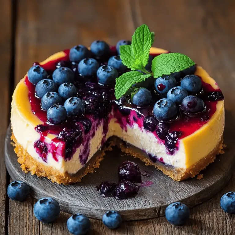 Um einen leckeren Blueberry Cheesecake zu machen, brauchst du einige Hauptzutaten. Hier ist, was du benötigst: - 1 ½ Tassen Graham-Cracker-Brösel - ½ Tasse ungesalzene Butter, geschmolzen - 2 Tassen Frischkäse, weich - 1 Tasse Zucker - 1 Teelöffel Vanilleextrakt - 3 große Eier - 1 Tasse saure Sahne - 1 Tasse frische Heidelbeeren Diese Zutaten sind einfach zu finden. Frischkäse macht den Kuchen cremig. Heidelbeeren geben einen fruchtigen Geschmack und eine schöne Farbe. Die Beerensauce ist das Tüpfelchen auf dem i für deinen Käsekuchen. Hier sind die Zutaten: - 1 Tasse gemischte Beeren (Erdbeeren, Heidelbeeren, Himbeeren) - ¼ Tasse Zucker - 2 Esslöffel Zitronensaft - 1 Teelöffel Maisstärke (optional für mehr Dicke) Die Mischung aus verschiedenen Beeren macht die Sauce lecker und bunt. Zitronensaft bringt Frische. Du kannst die Maisstärke verwenden, wenn du eine dickere Sauce magst. Falls du keine bestimmten Zutaten hast, kannst du sie ersetzen. Hier sind einige Vorschläge: - Verwende Kekse statt Graham-Cracker für die Kruste. - Nimm Frischkäse-Alternativen wie Quark oder Ricotta. - Du kannst auch andere Beeren verwenden, wenn Heidelbeeren nicht verfügbar sind. - Statt Zucker kannst du Honig oder Agavendicksaft verwenden. Diese Ersatzstoffe helfen dir, den Käsekuchen nach deinem Geschmack anzupassen. Gehe einfach auf die Zutaten, die du hast. Du kannst das Rezept trotzdem genießen! Um die Kruste zu machen, mischen Sie zuerst die Graham-Cracker-Brösel mit der geschmolzenen Butter. Das gibt der Kruste einen schönen Geschmack. Drücken Sie die Mischung fest in den Boden einer 9-Zoll-Form. Backen Sie die Kruste für etwa 10 Minuten im Ofen und lassen Sie sie dann abkühlen. Diese Zeit ist wichtig, da die Kruste sonst beim Befüllen zerbricht. Für die Füllung nehmen Sie eine große Schüssel. Rühren Sie den weichen Frischkäse, bis er glatt ist. Dann fügen Sie langsam den Zucker hinzu. Rühren Sie weiter, bis die Mischung gut aussieht. Geben Sie dann den Vanilleextrakt dazu. Jetzt kommen die Eier. Fügen Sie sie einzeln hinzu und rühren Sie nur so lange, bis sie gerade vermischt sind. Am Ende mischen Sie die saure Sahne unter und heben vorsichtig die Heidelbeeren unter. Gießen Sie die Füllung über die abgekühlte Kruste. Glätten Sie die Oberfläche mit einem Spatel. Nehmen Sie einen kleinen Topf und geben Sie die gemischten Beeren, Zucker und Zitronensaft hinein. Kochen Sie die Mischung bei mittlerer Hitze für 5-7 Minuten. Die Beeren sollten weich werden. Wenn Sie eine dickere Sauce mögen, mischen Sie die Maisstärke mit Wasser und rühren Sie sie ein. Kochen Sie weiter, bis die Sauce dicker wird. Lassen Sie die Sauce danach abkühlen. Diese Schritte helfen Ihnen, die perfekte einfache Blueberry Cheesecake mit Beerensauce zu machen. Für das vollständige Rezept, schauen Sie sich die Full Recipe an. Um den besten Käsekuchen zu backen, gibt es einige Tricks. Achte darauf, die Zutaten bei Raumtemperatur zu verwenden. Das hilft, eine glatte Füllung zu erzielen. Rühre den Frischkäse gut durch, bevor du den Zucker hinzufügst. Diese Technik macht die Mischung cremiger. Backe den Kuchen langsam bei niedriger Hitze. So vermeidest du Risse. Lass den Käsekuchen nach dem Backen im Ofen abkühlen. Dies hilft, die Temperatur gleichmäßig zu senken. Ein häufiges Problem ist ein wackeliger Käsekuchen. Das passiert oft, wenn die Backzeit zu kurz ist. Überprüfe die Mitte des Kuchens. Sie sollte leicht wackeln, aber nicht flüssig sein. Wenn dein Käsekuchen Risse hat, kann es an zu schnellem Abkühlen liegen. Lass ihn im Ofen auskühlen. Wenn du ihn zu schnell aus der Form nimmst, kann er brechen. Nutze ein Messer, um vorsichtig am Rand entlangzufahren. Um den Käsekuchen schön zu präsentieren, garniere ihn mit Minze und frischen Heidelbeeren. Das macht ihn lebendig und farbenfroh. Serviere die Beerensauce in einer kleinen Schüssel daneben. So kann jeder nach Belieben hinzufügen. Schneide den Kuchen mit einem heißen Messer. Das sorgt für saubere Stücke. Plane, den Käsekuchen mindestens vier Stunden im Kühlschrank zu kühlen, besser über Nacht. So wird er fest und lecker. Für das vollständige Rezept, schau dir die Anleitung an. {{image_4}} Wenn Sie auf tierische Produkte verzichten möchten, gibt es einfache Alternativen. Verwenden Sie stattdessen pflanzlichen Frischkäse. Dieser hat eine ähnliche Konsistenz und einen milden Geschmack. Ersetzen Sie die Eier durch einen Mix aus Leinsamen und Wasser. Ein Esslöffel Leinsamen mit drei Esslöffeln Wasser ergibt einen guten Ei-Ersatz. Nutzen Sie auch Kokoscreme anstelle von saurer Sahne. Diese macht den Käsekuchen schön cremig. Die Beerensauce ist sehr vielseitig. Sie können verschiedene Beeren verwenden. Erdbeeren, Himbeeren oder Kirschen passen gut dazu. Mischen Sie verschiedene Beeren für einen bunten Look. Sie können auch tropische Früchte wie Mango oder Ananas ausprobieren. Achten Sie darauf, die Süße anzupassen, je nach Frucht. Wenn Sie von diesem Käsekuchen begeistert sind, probieren Sie andere Desserts. Ein einfacher Beeren-Pudding ist schnell gemacht. Sie brauchen nur Joghurt, Beeren und Honig. Eine Beeren-Torte ist auch lecker. Verwenden Sie einen ähnlichen Keksboden. Füllen Sie die Torte mit einer Mischung aus Joghurt und Beeren. Diese Rezepte bringen den gleichen fruchtigen Geschmack auf den Tisch. Für die vollständige Anleitung und alle Schritte lesen Sie das [Full Recipe]. Um die Frische deines Käsekuchens zu bewahren, lege ihn in den Kühlschrank. Verwende dafür einen luftdichten Behälter oder decke ihn gut mit Frischhaltefolie ab. So bleibt die Konsistenz und der Geschmack erhalten. Stelle sicher, dass der Käsekuchen mindestens vier Stunden lang kühlt, bevor du ihn servierst. Das gibt ihm Zeit, sich zu setzen und die Aromen zu entfalten. Du kannst den Käsekuchen auch einfrieren. Lass ihn zuerst vollständig abkühlen. Schneide ihn dann in Stücke, um das Auftauen zu erleichtern. Wickele jedes Stück gut in Frischhaltefolie ein und lege sie in einen Gefrierbeutel. So bleibt die Qualität für bis zu drei Monate erhalten. Zum Auftauen lege die Stücke einfach über Nacht in den Kühlschrank. Der Käsekuchen hält sich im Kühlschrank etwa fünf bis sieben Tage. Achte auf Veränderungen im Geruch oder in der Textur. Wenn die Oberfläche feucht oder schimmelig aussieht, ist es besser, ihn wegzuwerfen. Eine gute Methode zur Frischeprüfung ist, ein Stück zu kosten. Wenn der Geschmack oder die Konsistenz nicht mehr stimmt, ist es Zeit, den Käsekuchen zu entsorgen. Sie können den Käsekuchen für bis zu fünf Tage im Kühlschrank aufbewahren. Stellen Sie sicher, dass Sie ihn in einem luftdichten Behälter lagern. So bleibt er frisch und lecker. Wenn Sie den Käsekuchen länger aufbewahren möchten, frieren Sie ihn ein. Er bleibt bis zu drei Monate im Gefrierfach haltbar. Ja, die Beerensauce lässt sich gut im Voraus zubereiten. Sie können sie bis zu drei Tage im Kühlschrank aufbewahren. Kochen Sie die Sauce einfach und lassen Sie sie abkühlen. Füllen Sie die Sauce dann in einen Behälter und kühlen Sie sie. Vor dem Servieren können Sie die Sauce leicht erwärmen oder kalt genießen. Ein wackeliger Käsekuchen ist normal, solange die Mitte noch leicht wackelt. Er wird beim Abkühlen fester. Lassen Sie den Käsekuchen im ausgeschalteten Ofen mit offener Tür für eine Stunde ruhen. Dies hilft, Risse zu vermeiden. Wenn die Mitte nach dem Abkühlen immer noch zu weich ist, kann es sein, dass der Käsekuchen nicht lange genug gebacken wurde. Achten Sie darauf, die Backzeit zu überprüfen. In diesem Artikel haben wir die wichtigsten Zutaten für den Käsekuchen und die Beerensauce besprochen. Ich habe Ihnen gezeigt, wie Sie sie zubereiten und Fehler vermeiden. Wir haben auch Variationen und Lagerungstipps behandelt. Denken Sie daran: Jeder kann einen tollen Käsekuchen backen! Experimentieren Sie mit neuen Zutaten und finden Sie Ihre Lieblingsversion. Ihr perfekter Käsekuchen wartet auf Sie. Genießen Sie jeden Bissen!