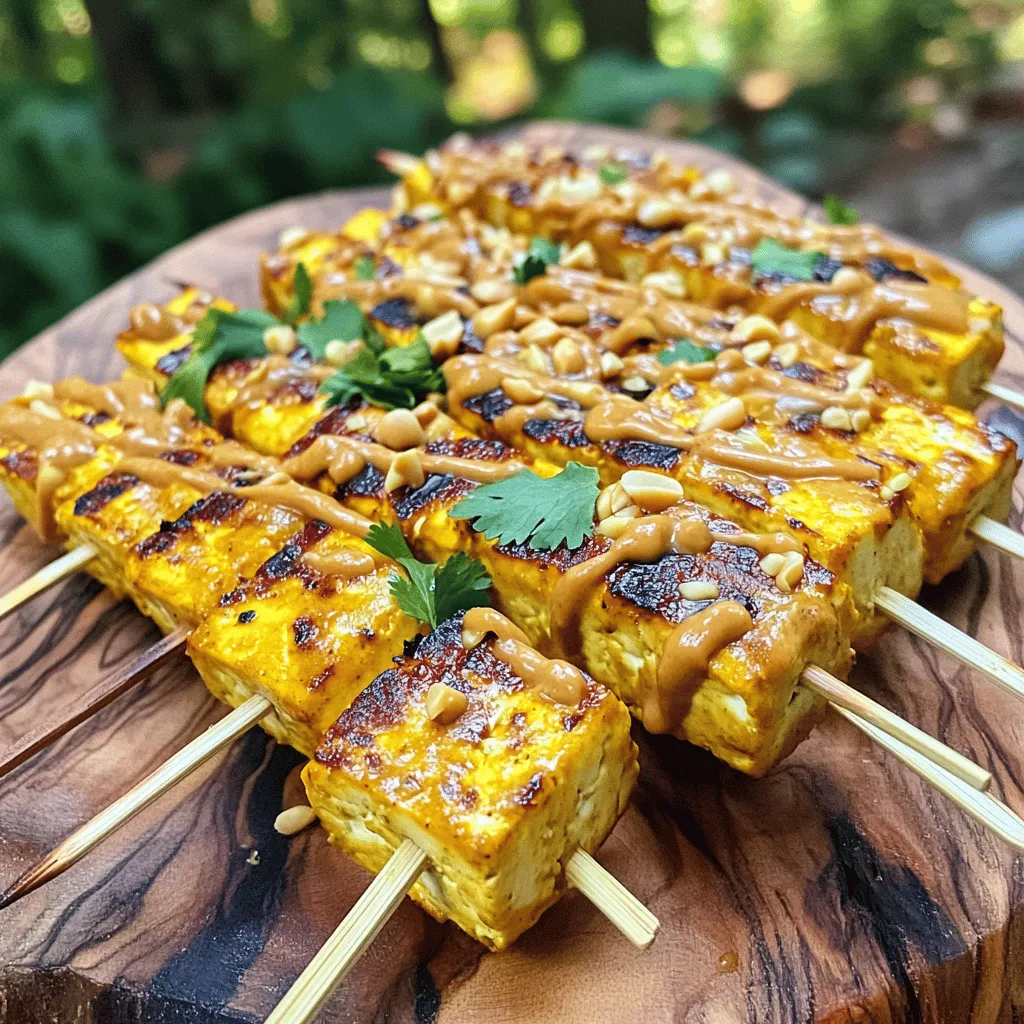 Um einen köstlichen Tofu Satay zuzubereiten, benötigen Sie folgende Hauptzutaten: - 400 g fester Tofu, gepresst und in 2,5 cm große Würfel geschnitten - 1 Esslöffel Sojasauce - 1 Esslöffel Sesamöl - 1 Esslöffel Ahornsirup - 1 Teelöffel gemahlener Ingwer - 1 Teelöffel Knoblauchpulver - 1 Teelöffel Kurkumapulver - 1/2 Teelöffel Cayennepfeffer (optional, für Schärfe) - 1 Esslöffel Limettensaft - Bambusspieße (30 Minuten in Wasser eingeweicht) Diese Zutaten geben dem Tofu Satay Geschmack und eine tolle Textur. Der Tofu nimmt die Marinade gut auf und wird so sehr aromatisch. Die Erdnusssoße ist der Star dieses Gerichts. Für die Soße brauchen Sie: - 120 g cremige Erdnussbutter - 2 Esslöffel Sojasauce - 1 Esslöffel Ahornsirup - 120 ml Kokosmilch - 1 Esslöffel Limettensaft - 1 Knoblauchzehe, fein gehackt - 1 Teelöffel geriebener Ingwer - Salz nach Geschmack Diese Zutaten geben der Soße eine cremige und reichhaltige Konsistenz. Die Kombination aus Erdnussbutter und Kokosmilch macht sie einzigartig. Um das Gericht noch besser zu machen, kann man einige optionale Zutaten nutzen: - Frischer Koriander zur Garnitur - Gehackte Erdnüsse für Crunch - Limettenscheiben als frische Beilage Diese Optionen bringen Farbe und einen zusätzlichen Geschmack. Sie sind einfach zu finden und machen Ihr Gericht noch ansprechender. Wenn Sie mehr über die Zubereitung erfahren möchten, schauen Sie sich das [Full Recipe] an. Um den Tofu richtig zu marinieren, beginne mit einer großen Schüssel. Mische dort die Sojasauce, das Sesamöl, den Ahornsirup, gemahlenen Ingwer, Knoblauchpulver, Kurkuma, Cayennepfeffer und den Limettensaft. Rühre alles gut um, bis die Zutaten vereint sind. Jetzt ist es Zeit für den Tofu. Schneide ihn in 2,5 cm große Würfel. Gib die Tofuwürfel in die Marinade. Achte darauf, dass jeder Würfel gut bedeckt ist. Decke die Schüssel ab und stelle sie in den Kühlschrank. Lasse den Tofu mindestens 30 Minuten marinieren. Wenn du mehr Geschmack willst, lasse ihn bis zu 2 Stunden marinieren. Während der Tofu mariniert, kannst du die Erdnusssoße zubereiten. Nimm eine Schüssel und füge die cremige Erdnussbutter, Sojasauce, Ahornsirup, Kokosmilch, Limettensaft, den gehackten Knoblauch und den geriebenen Ingwer hinzu. Verquirle alles gut, bis die Mischung glatt ist. Schmecke die Soße mit Salz ab. Diese Soße wird die perfekte Ergänzung zu deinem Tofu Satay. Sie ist reich, cremig und voll von Geschmack. Jetzt ist es Zeit zu grillen! Heize deinen Grill oder deine Grillpfanne auf mittelhohe Hitze vor. Nimm die marinierten Tofuwürfel und stecke sie auf die eingeweichten Bambusspieße. Lass etwas Platz zwischen den Würfeln, damit sie gleichmäßig garen. Grille die Spieße für 3-4 Minuten auf jeder Seite. Achte darauf, dass sie leicht angebräunt sind und gut durchgewärmt. Wenn sie fertig sind, nimm die Spieße vom Grill. Du kannst die Spieße mit der Erdnusssoße überziehen oder die Soße separat servieren. Beide Optionen sind lecker! Die Marinierzeit ist entscheidend für den Geschmack des Tofus. Ich empfehle, den Tofu mindestens 30 Minuten zu marinieren. Wenn du mehr Zeit hast, lasse ihn bis zu 2 Stunden im Kühlschrank. So nimmt der Tofu die Aromen besser auf. Achte darauf, dass der Tofu gleichmäßig von der Marinade umhüllt ist. Verwende eine große Schüssel, damit alles gut vermischt wird. Beim Grillen ist die Temperatur wichtig. Heize deinen Grill auf mittelhohe Hitze vor. Dies sorgt dafür, dass der Tofu schön bräunt, ohne auszutrocknen. Lege die Spieße vorsichtig auf den Grill. Wende sie nach 3-4 Minuten. Achte darauf, dass sie nicht anbrennen. Verwende eine Grillzange, um die Spieße sicher zu wenden. Die Präsentation macht den Unterschied. Lege die gegrillten Spieße auf eine große Servierplatte. Gieße die Erdnusssoße darüber oder serviere sie separat. Garniere mit gehackten Erdnüssen und frischem Koriander. Das sieht nicht nur gut aus, sondern bringt auch extra Geschmack. Du kannst auch Limettenscheiben dazu legen. Sie fügen Frische hinzu und sind ein schöner Farbtupfer. {{image_4}} Falls du nach einer veganen Option suchst, probiere Tempeh oder Seitan. Beide sind proteinreich und haben eine feste Textur. Tempeh hat einen nussigen Geschmack und kann gut mariniert werden. Seitan hat eine fleischähnliche Konsistenz und nimmt Aromen gut auf. Du kannst sie genau wie Tofu vorbereiten. Die Marinade für Tofu Satay ist sehr anpassbar. Füge deine Lieblingsgewürze hinzu. Du kannst zum Beispiel Kreuzkümmel oder Paprika verwenden. Wenn du es schärfer magst, probiere frischen Chili oder Sriracha. Diese Variationen geben deinem Gericht einen besonderen Kick. Experimentiere ruhig mit verschiedenen Kräutern wie Koriander oder Basilikum. Um das Gericht glutenfrei zu machen, wähle glutenfreie Sojasauce oder Tamari. Diese Zutaten ersetzen normale Sojasauce ohne den Geschmack zu beeinträchtigen. Achte darauf, dass auch die Erdnusssoße glutenfrei ist. Verwende nur glutenfreie Zutaten für das beste Ergebnis. So kannst du Tofu Satay trotzdem genießen, ohne auf den Geschmack zu verzichten. Für das vollständige Rezept, klicke auf [Full Recipe]. Um die Reste von Tofu Satay mit Erdnusssoße richtig aufzubewahren, legen Sie die Spieße in einen luftdichten Behälter. Trennen Sie die Erdnusssoße in einem eigenen Behälter. So bleibt der Tofu frisch und die Soße cremig. Lagern Sie alles im Kühlschrank. So bleiben die Reste bis zu drei Tage genießbar. Wenn Sie den Tofu aufwärmen möchten, können Sie ihn in einer Pfanne bei mittlerer Hitze erhitzen. Fügen Sie etwas Öl hinzu, um ein Ankleben zu verhindern. Rühren Sie den Tofu regelmäßig um. Sie können ihn auch im Ofen bei 180 Grad Celsius aufwärmen. So bleibt er knusprig und lecker. Die Erdnusssoße hält sich gut im Kühlschrank. Sie bleibt bis zu einer Woche frisch, wenn Sie sie in einem luftdichten Behälter aufbewahren. Vor dem Servieren sollten Sie die Soße gut umrühren. Wenn sie zu dick wird, fügen Sie einfach etwas Wasser oder Kokosmilch hinzu. Für den besten Geschmack sollte der Tofu mindestens 30 Minuten marinieren. Wenn du Zeit hast, mariniere ihn bis zu 2 Stunden. So zieht das Aroma besser ein. Je länger du ihn marinierst, desto intensiver wird der Geschmack. Ja, du kannst die Erdnusssoße im Voraus machen. Sie bleibt im Kühlschrank bis zu 5 Tage frisch. Mische einfach alle Zutaten gut und bewahre die Soße in einem luftdichten Behälter auf. Vor dem Servieren einfach gut umrühren. Wenn die Soße zu dick ist, füge etwas Wasser oder Kokosmilch hinzu. Tofu Satay passt gut zu vielen Beilagen. Du kannst ihn mit Reis oder Quinoa servieren. Frisches Gemüse oder ein bunter Salat ergänzen das Gericht perfekt. Auch gegrilltes Gemüse ist eine tolle Wahl. Probiere auch Erdnüsse oder frischen Koriander zum Garnieren aus. So wird dein Gericht noch bunter und schmackhafter. Du hast jetzt alles, um leckeres Tofu Satay mit Erdnusssoße zuzubereiten. Wir haben die Hauptzutaten und die besten Tipps für die Zubereitung behandelt. Du kannst den Tofu marinieren, die Erdnusssoße machen und perfekt grillen. Vergiss nicht, auch mit Variationen und Beilagen zu experimentieren. Deine köstlichen Kreationen werden sicher beeindrucken. Achte darauf, die Reste richtig zu lagern, damit nichts vergeudet wird. Jetzt ist es an der Zeit, deine Freunde und Familie mit diesem Gericht zu begeistern!