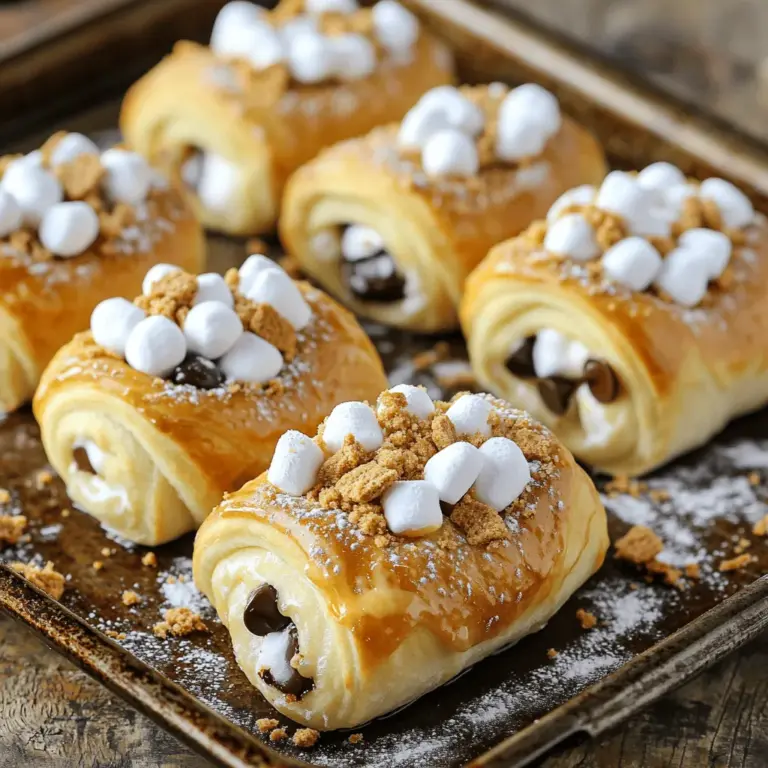 Für die köstlichen S'mores-Rollen brauchst du: - 1 Dose (227 g) gekühlter Croissant-Teig - 240 ml Mini-Marshmallows - 125 g Schokoladenstückchen (halb-halb oder Vollmilch) - 30 g zerbröselte Graham-Cracker - 30 g geschmolzene Butter - 5 ml Vanilleextrakt - Eine Prise Meersalz - Puderzucker zum Bestäuben (optional) Die Vorbereitungszeit für die S'mores-Rollen beträgt nur 15 Minuten. Du kannst insgesamt 30 Minuten für das gesamte Rezept einplanen. Diese Menge reicht für 8 leckere Portionen. Perfekt für einen gemütlichen Abend oder als süße Überraschung! Falls du keine Graham-Cracker hast, kannst du zerbröselte Kekse verwenden. Auch andere Schokoladensorten sind möglich, wie weiße oder dunkle Schokolade. Wenn du die Butter meiden möchtest, nimm Kokosöl oder pflanzliche Margarine. Für eine glutenfreie Version suche glutenfreien Croissant-Teig und Kekse. Um die S'mores-Rollen zu starten, heize deinen Ofen auf 190 °C vor. Während der Ofen aufheizt, rolle den Croissant-Teig auf einer sauberen Fläche aus. Trenne die Dreiecke, sodass du genug Platz für die Füllung hast. In einer kleinen Schüssel mische die Mini-Marshmallows, Schokoladenstückchen und zerbröselten Graham-Cracker. Diese Mischung wird deine süße Füllung für die Rollen. Sie sorgt für den typischen S'mores-Geschmack, den wir lieben. Du kannst die Füllung nach deinem Geschmack anpassen. Nimm ein Dreieck des Teigs und lege einen Esslöffel der Füllung an das breite Ende. Träufle etwas geschmolzene Butter und Vanilleextrakt darauf. Bestreue die Füllung mit einer Prise Meersalz. Wickel den Teig vom breiten Ende zur Spitze auf. Achte darauf, die Ränder gut zu drücken, damit sie geschlossen bleiben. Wiederhole diesen Schritt für alle Dreiecke. Lege die Rollen auf ein gefettetes Backblech mit genug Abstand. Bestreiche die Oberseiten mit der restlichen geschmolzenen Butter. Das sorgt für eine schöne goldene Kruste. Backe die S'mores-Rollen 12 bis 15 Minuten lang, bis sie goldbraun sind. Lass sie kurz abkühlen und bestäube sie optional mit Puderzucker. Genieße die warmen, leckeren S'mores-Rollen! Ein häufiger Fehler ist, den Teig nicht richtig zu versiegeln. Achte darauf, die Ränder gut zu drücken. So bleibt die Füllung beim Backen nicht in der Form. Ein weiterer Fehler ist das Überfüllen. Verwende nicht zu viel Füllung. Das sorgt für ein Überlaufen und macht die Rollen matschig. Die optimale Backtemperatur für S'mores-Rollen liegt bei 190 °C. Diese Temperatur lässt die Rollen goldbraun werden, ohne zu verbrennen. Die Backzeit beträgt zwischen 12 und 15 Minuten. Achte darauf, die Rollen regelmäßig zu überprüfen. So kannst du sicherstellen, dass sie perfekt gebacken werden. Um eine knusprige Kruste zu erzielen, bestreiche die Oberseite der Rollen mit geschmolzener Butter. Das sorgt für eine schöne Bräunung. Zusätzlich kann eine Prise Meersalz auf die Oberseite einen tollen Kontrast bieten. Du kannst auch die Backbleche mit etwas Maismehl bestäuben. Das hilft, die Feuchtigkeit zu regulieren und macht die Kruste noch knuspriger. {{image_4}} Es gibt viele leckere Alternativen zur klassischen Füllung. Sie können den Geschmack anpassen. Zum Beispiel, versuchen Sie Erdnussbutter statt Schokolade. Das gibt einen tollen, nussigen Geschmack. Sie können auch Karamellsoße hinzufügen. Diese Kombination macht die Rollen noch süßer. Fügen Sie frische Früchte wie Bananen oder Erdbeeren hinzu. Das gibt einen frischen Touch. Für vegane S'mores-Rollen können Sie den Croissant-Teig ersetzen. Nutzen Sie statt Butter vegane Margarine. Wählen Sie dunkle Schokolade, die keine Milchprodukte hat. Mini-Marshmallows gibt es auch in veganer Form. Für glutenfreie Rollen verwenden Sie glutenfreien Teig. So können alle genießen, ohne Allergien zu haben. Die S'mores-Rollen sind bereits lecker, aber kreative Toppings machen sie noch besser. Bestäuben Sie die Rollen mit Schokoladenstückchen oder bunten Streuseln. Das sieht toll aus und schmeckt gut. Servieren Sie die Rollen mit verschiedenen Dips. Eine einfache Schokoladensoße oder Karamellsoße sind großartig. Sie können auch einen Frucht-Dip aus pürierten Beeren machen. Das gibt einen frischen Kick. Um übrig gebliebene S'mores-Rollen frisch zu halten, lege sie in einen luftdichten Behälter. So bleiben sie weich und lecker. Stelle den Behälter in den Kühlschrank. Sie bleiben dort bis zu drei Tage genießbar. Wenn du sie länger aufbewahren möchtest, solltest du sie einfrieren. Um S'mores-Rollen einzufrieren, lasse sie zuerst abkühlen. Wickel jede Rolle in Frischhaltefolie oder Aluminiumfolie ein. Lege sie dann in einen Gefrierbeutel und schließe ihn gut. So bleiben sie bis zu drei Monate frisch. Zum Auftauen nimm die Rollen einfach aus dem Gefrierfach und lasse sie über Nacht im Kühlschrank. Um die S'mores-Rollen wieder aufzuwärmen, heize deinen Ofen auf 180 °C vor. Lege die Rollen auf ein Backblech. Erwärme sie 10 bis 12 Minuten lang. So werden sie schön warm und knusprig. Du kannst auch die Mikrowelle verwenden, aber dann sind sie nicht so knusprig. Erwärme sie dort für 20 bis 30 Sekunden. Achte darauf, sie nicht zu lange zu erwärmen, damit sie nicht austrocknen. S'mores-Rollen brauchen 12 bis 15 Minuten im Ofen. Sie sind fertig, wenn sie goldbraun sind. Ich empfehle, sie während des Backens zu beobachten. Jeder Ofen kann unterschiedlich sein. Wenn sie goldbraun sind, nimm sie heraus. Ja, du kannst S'mores-Rollen im Voraus zubereiten. Du kannst sie bis zu einem Tag im Voraus rollen und im Kühlschrank lagern. Achte darauf, sie gut abzudecken, damit sie nicht austrocknen. Wenn du bereit bist, sie zu backen, heize den Ofen vor und backe sie wie gewohnt. Vorkonfektionierte S'mores-Rollen findest du in vielen Supermärkten. Suche in der Kühlabteilung, wo der Croissant-Teig liegt. Oft haben auch Bäckereien oder Online-Shops spezielle Angebote. Wenn du es eilig hast, sind sie eine tolle Option! S'mores-Rollen sind einfach zu machen und voller Geschmack. Wir haben die Hauptzutaten und Alternativen besprochen. Die Schritt-für-Schritt-Anleitung macht den Prozess leicht. Tipps helfen, häufige Fehler zu vermeiden und die besten Ergebnisse zu erzielen. Mit Variationen kannst du kreativ sein und eigene Toppings ausprobieren. Achte auf die Lagerung, damit die Rollen frisch bleiben. Ich hoffe, du probierst es aus und genießt diese Leckerei!