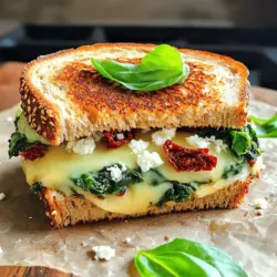 - 4 Scheiben Vollkornbrot - 1 Tasse frischer Spinat, gewaschen und getrocknet - 1/2 Tasse sonngetrocknete Tomaten in Öl, abgetropft und gehackt - 1 Tasse geriebener Mozzarella-Käse - 1/2 Tasse zerbröckelter Feta-Käse - 2 Esslöffel Olivenöl - 1 Esslöffel Balsamico-Essig - Salz und Pfeffer nach Geschmack - Optional: Frische Basilikumblätter zur Dekoration Diese Zutaten machen den Sonnengetrocknete Tomaten und Spinat Grillkäse besonders lecker. Vollkornbrot ist nahrhaft und gibt dem Sandwich einen tollen Biss. Der frische Spinat bringt Farbe und Geschmack. Sonnengetrocknete Tomaten fügen eine süße, intensive Note hinzu. Mozzarella und Feta geben eine cremige Textur. Beide Käsesorten schmelzen wunderbar und machen das Sandwich herzhaft. Olivenöl und Balsamico-Essig heben die Aromen hervor. Ein wenig Salz und Pfeffer sorgt für die richtige Würze. Wenn du magst, füge frische Basilikumblätter hinzu. Sie geben einen frischen Geschmack und eine schöne Optik. Für das vollständige Rezept schaue dir die Details in [Full Recipe] an. Zuerst mische ich die Zutaten in einer Schüssel. Ich nehme die gehackten sonngetrockneten Tomaten, frischen Spinat, Mozzarella und Feta-Käse. Ich gebe dann Olivenöl und Balsamico-Essig dazu. Mit Salz und Pfeffer würze ich die Mischung. Ich rühre alles gut um, bis es gleichmäßig vermischt ist. Diese Füllung ist der Star meines Sandwiches. Ich erhitze eine Antihaft-Pfanne auf mittlerer Hitze. Dann nehme ich zwei Scheiben Vollkornbrot. Ich verteile die Hälfte der Käsemischung gleichmäßig auf eine Scheibe. Danach lege ich die andere Scheibe darauf, um das Sandwich zu schließen. Ich wiederhole das mit den restlichen Zutaten. Die Außenseiten der Sandwiches bestreiche ich leicht mit Olivenöl. Das hilft, eine schöne goldene Kruste zu bekommen. Jetzt lege ich die Sandwiches vorsichtig in die Pfanne. Ich brate sie etwa 4-5 Minuten pro Seite. Es ist wichtig, dass das Brot knusprig wird und der Käse schmilzt. Wenn die Sandwiches goldbraun sind, nehme ich sie aus der Pfanne. Ich lasse sie kurz abkühlen und schneide sie dann diagonal. Das sieht nicht nur gut aus, sondern macht auch mehr Spaß beim Essen. Für mehr Geschmack kann ich frische Basilikumblätter als Garnitur verwenden. Wenn du mehr Details suchst, schau dir das Rezept für Sonnengetrocknete Tomaten und Spinat Grillkäse an. - Hitze kontrollieren: Beginne mit mittlerer Hitze. Zu hohe Hitze kann das Brot verbrennen, bevor der Käse schmilzt. Achte darauf, die Sandwiches regelmäßig zu wenden. So wird das Brot gleichmäßig goldbraun und knusprig. - Olivenöl optimal nutzen: Träufle Olivenöl auf die Außenseiten des Brotes. Das gibt dem Grillkäse eine schöne, goldene Kruste. Du kannst auch ein wenig Öl in die Pfanne geben. Das hilft, das Ankleben zu verhindern. - Alternativen zu Mozzarella und Feta: Wenn du etwas anderes ausprobieren möchtest, nutze Gouda oder Cheddar. Diese Käsesorten bringen einen anderen Geschmack. Sie schmelzen gut und geben dir eine schöne Textur. - Präsentationstipps: Schneide die Sandwiches diagonal. So sieht es ansprechender aus. Du kannst sie auch auf einem Holzbrett anrichten. Das gibt einen rustikalen Look. - Serviervorschläge und Beilagen: Serviere deinen Grillkäse mit einem frischen Salat. Ein einfacher Rucola-Salat passt gut dazu. Du kannst auch einige Chips oder Oliven als Snack anbieten. Für das vollständige Rezept schaue dir den Full Recipe an. {{image_4}} Für einen noch bunteren Grillkäse kannst du verschiedene Gemüsesorten hinzufügen. Probiere Paprika oder Zucchini. Diese geben dem Sandwich mehr Geschmack und Farbe. Du kannst auch frische Kräuter wie Petersilie oder Schnittlauch verwenden. Diese Kräuter verbessern das Aroma. Alternativ kannst du andere Käsesorten ausprobieren. Anstelle von Mozzarella passt auch Gouda oder Cheddar gut. Diese Käsesorten haben einen starken Geschmack und schmelzen gut. Das verleiht deinem Grillkäse eine neue Note. Wenn du mehr Protein möchtest, füge Hähnchen oder Putenbrust hinzu. Du kannst gekochtes Hähnchenfleisch klein schneiden und in die Füllung mischen. Das gibt deinem Sandwich einen herzhaften Biss. Putenbrust ist eine gute Wahl, wenn du eine leichte Option suchst. Beide Varianten machen dein Gericht sättigender. Für eine glutenfreie Version nimm glutenfreies Brot. Viele Marken bieten leckere glutenfreie Brote an. Achte darauf, dass das Brot gut schmeckt und die gewünschte Konsistenz hat. So bleibt dein Grillkäse knusprig und lecker. Wenn du Gluten meiden musst, ist das eine tolle Option. Schau dir das [Full Recipe] an, um mehr über die Zubereitung zu erfahren. Um die Reste deines Sonnengetrocknete Tomaten und Spinat Grillkäse zu lagern, lege sie in einen luftdichten Behälter. - Kühlschranklagerung: Du kannst die Sandwiches bis zu drei Tage im Kühlschrank aufbewahren. Stelle sicher, dass sie gut verpackt sind, damit sie frisch bleiben. - Gefrieroptionen: Wenn du die Sandwiches länger aufbewahren möchtest, friere sie in Frischhaltefolie ein. So bleiben sie bis zu zwei Monate haltbar. Wenn du bereit bist, deinen Grillkäse wieder zu genießen, hast du zwei einfache Methoden: - Mikrowelle: Lege das Sandwich auf einen mikrowellengeeigneten Teller. Erhitze es für 30 Sekunden bis eine Minute. - Pfanne: Erhitze etwas Olivenöl in einer Pfanne. Brate das Sandwich auf mittlerer Hitze für 3-4 Minuten pro Seite, bis es wieder knusprig ist. Um die Frische deines Grillkäses zu bewahren, beachte diese Tipps: - Halte das Sandwich immer gut verpackt. Das schützt vor Austrocknung. - Verwende ein sauberes Küchenpapier, um Feuchtigkeit zu absorbieren, wenn du das Sandwich lagerst. - Bei Anzeichen von Schimmel oder unangenehmem Geruch, wirf das Sandwich weg. Diese einfachen Lagerungshinweise helfen dir, den köstlichen Geschmack deines Sonnengetrocknete Tomaten und Spinat Grillkäse zu bewahren. Du kannst die Reste genießen oder sie für später aufbewahren. Hol dir auch die [Full Recipe], um die besten Ergebnisse zu erzielen. Um das beste Grillkäse-Sandwich zu machen, folge diesen Schritten: - Mische in einer Schüssel die gehackten sonngetrockneten Tomaten, frischen Spinat, Mozzarella und Feta. - Füge Balsamico-Essig und Olivenöl hinzu. Schmecke mit Salz und Pfeffer ab. - Erhitze eine Pfanne auf mittlerer Hitze. - Lege zwei Scheiben Brot in die Pfanne und verteile die Füllung darauf. - Schließe die Sandwiches mit zwei weiteren Scheiben Brot. - Bestreiche die Außenseiten der Sandwiches mit Olivenöl. - Brate sie 4-5 Minuten pro Seite, bis sie goldbraun sind und der Käse geschmolzen ist. Für diesen Grillkäse sind einige Brotsorten besonders gut geeignet: - Vollkornbrot: Es hat einen nussigen Geschmack und gute Struktur. - Sauerteigbrot: Es bringt eine leichte Säure mit, die gut passt. - Ciabatta: Die luftige Textur ist ideal für Grillkäse. - Baguette: Perfekt für knusprige Sandwiches mit viel Füllung. Jede dieser Brotsorten bringt ihren eigenen Geschmack ins Spiel. Ja, du kannst die Füllung im Voraus machen. So klappt es: - Bereite die Mischung aus Tomaten, Spinat, Käse, Balsamico und Öl vor. - Bewahre sie in einem luftdichten Behälter im Kühlschrank auf. - Du kannst sie bis zu zwei Tage vorher zubereiten. - Vor dem Grillen einfach gut umrühren und auf Zimmertemperatur bringen. So sparst du Zeit und hast schneller dein köstliches Sandwich bereit. Für die vollständige Anleitung, schaue dir das [Full Recipe] an. In diesem Artikel habe ich dir gezeigt, wie du ein köstliches Grillkäse-Sandwich zubereitest. Die Hauptzutaten wie Vollkornbrot, frischer Spinat, Mozzarella und Feta sind leicht zu finden. Die Schritt-für-Schritt-Anleitung hilft dir, Fehler zu vermeiden. Tipps zur perfekten Grilltechnik und Variationen machen das Rezept flexibel. Denke daran, die Reste richtig zu lagern, damit sie frisch bleiben. Probiere es aus und genieße dein selbstgemachtes Sandwich!