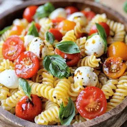 Für diesen frischen Caprese Pasta Salad brauche ich einige einfache, aber leckere Zutaten: - 225 g Fusilli-Pasta - 240 ml Kirschtomaten, halbiert - 240 ml frische Mozzarellakugeln (Bocconcini), halbiert - 240 ml frische Basilikumblätter, zerrissen Diese Zutaten bringen den klassischen Caprese-Geschmack in einen neuen Kontext. Die Fusilli-Pasta hat die perfekte Form, um das Dressing und die anderen Zutaten gut zu halten. Um den Salat abzurunden, verwende ich folgende Gewürze und Dressings: - 60 ml Olivenöl - 30 ml Balsamico-Essig - 1 Knoblauchzehe, fein gehackt - Salz und Pfeffer nach Geschmack - Optional: 1/4 Teelöffel rote Pfefferflocken für etwas Schärfe Das Olivenöl und der Balsamico-Essig sorgen für eine schöne Balance. Der Knoblauch gibt dem Salat einen zusätzlichen Kick. Der Caprese Pasta Salad ist nicht nur lecker, sondern auch nahrhaft. Er enthält gesunde Fette aus dem Olivenöl und Proteine aus dem Käse. Die Tomaten sind reich an Antioxidantien, und das Basilikum hat viele Vorteile für die Gesundheit. Diese Mischung macht den Salat zu einer guten Wahl für eine leichte Mahlzeit oder Beilage. Für das vollständige Rezept, klicken Sie hier: [Full Recipe]. Kochen Sie die Fusilli-Pasta in einem großen Topf mit gesalzenem Wasser. Folgen Sie den Anweisungen auf der Packung. Warten Sie, bis die Pasta al dente ist. Dies sorgt für den besten Biss. Nach dem Kochen, lassen Sie die Pasta abtropfen. Spülen Sie sie mit kaltem Wasser ab. So stoppen Sie den Garprozess und verhindern, dass die Pasta klebrig wird. Nehmen Sie eine große Schüssel und fügen Sie die gekochte Pasta hinzu. Geben Sie die halbierten Kirschtomaten und die geschnittenen Mozzarellakugeln dazu. Diese Zutaten bringen frische Aromen. Zerrissen Sie die Basilikumblätter und fügen Sie sie hinzu. Mischen Sie alles vorsichtig. So verteilen sich die Zutaten gleichmäßig. Es ist wichtig, die Pasta nicht zu zerdrücken. In einer kleinen Schüssel mischen Sie das Olivenöl und den Balsamico-Essig. Fügen Sie die gehackte Knoblauchzehe hinzu. Geben Sie Salz und Pfeffer nach Geschmack dazu. Wenn Sie es schärfer mögen, fügen Sie rote Pfefferflocken hinzu. Verquirlen Sie alles gut. Gießen Sie das Dressing über den Nudelsalat. Wenden Sie alles vorsichtig, bis die Pasta gleichmäßig beschichtet ist. Lassen Sie den Salat etwa 15 Minuten ruhen. So können sich die Aromen besser entfalten. Um die beste Pasta zu kochen, wählen Sie Fusilli. Diese Form hält die Soße gut. Kochen Sie die Pasta in viel Salzwasser. Achten Sie darauf, sie al dente zu garen. So bleibt sie fest und hat Biss. Nach dem Kochen spülen Sie die Pasta mit kaltem Wasser ab. Dies stoppt den Kochprozess und verhindert, dass sie matschig wird. Dieser Salat lässt sich gut im Voraus zubereiten. Kochen Sie die Pasta und bereiten Sie das Dressing frühzeitig vor. Mischen Sie alles kurz vor dem Servieren. So bleiben die Zutaten frisch. Sie können die Kirschtomaten und den Basilikum auch schon vorher schneiden. Lagern Sie alles getrennt, um die Frische zu bewahren. Um den Geschmack zu intensivieren, verwenden Sie frische Zutaten. Reife Kirschtomaten bringen mehr Aroma. Frische Mozzarella gibt eine tolle Textur. Fügen Sie den Knoblauch erst kurz vor dem Servieren hinzu, um einen starken Geschmack zu vermeiden. Ist es Ihnen nicht scharf genug? Geben Sie etwas rote Pfefferflocken hinzu. So verleihen Sie dem Salat einen extra Kick. {{image_4}} Die Caprese Pasta Salad hat viele Gesichter. Fügen Sie Oliven hinzu. Schwarze oder grüne Oliven geben einen salzigen Kick. Sie können auch Artischockenherzen verwenden. Diese bringen einen tollen Geschmack mit sich. Feta-Käse ist eine weitere Option. Er sorgt für einen cremigen, salzigen Geschmack. Experimentieren Sie mit verschiedenen Kräutern. Oregano oder Thymian passen gut zu diesem Gericht. Wenn Sie auf tierische Produkte verzichten möchten, ersetzen Sie den Käse. Veganer Käse ist eine gute Wahl. Er hat einen ähnlichen Geschmack und eine ähnliche Textur. Eine weitere Möglichkeit ist, den Käse ganz wegzulassen. Fügen Sie mehr Gemüse hinzu, wie Paprika oder Zucchini. Diese machen den Salat bunt und gesund. Nutzen Sie frische, saisonale Zutaten für den besten Geschmack. Im Sommer sind Kirschtomaten am besten. Im Herbst können Sie geröstete Kürbiswürfel hinzufügen. Diese geben einen süßen, herzhaften Geschmack. Im Winter probieren Sie Rucola anstelle von Basilikum. Rucola hat einen scharfen, pfeffrigen Geschmack. So bleibt der Salat das ganze Jahr über interessant. Diese Variationen machen Ihr Gericht einzigartig. Sie können so jeden Biss genießen. Vergessen Sie nicht, das [Full Recipe] auszuprobieren! Um Ihren Caprese Pasta Salad frisch zu halten, lagern Sie ihn in einem luftdichten Behälter. Dieser Salat bleibt kühl und lecker. Stellen Sie sicher, dass der Behälter gut verschlossen ist. Lagern Sie ihn im Kühlschrank. So bleibt er mehrere Tage frisch. Ich empfehle, den Salat nicht mit dem Dressing zu mischen, wenn Sie ihn aufbewahren. Mischen Sie das Dressing erst kurz vor dem Servieren. So bleibt die Pasta knackig und die Zutaten frisch. Wenn Sie Reste haben, können Sie sie leicht aufwärmen. Aber der Salat schmeckt am besten kalt. Der Caprese Pasta Salad hält sich bis zu drei Tage im Kühlschrank. Nach diesen drei Tagen kann die Qualität sinken. Wenn er komisch riecht oder die Textur sich verändert, werfen Sie ihn weg. Achten Sie darauf, ihn stets gut verpackt aufzubewahren. So genießen Sie die Aromen der Zutaten länger. Um die besten Caprese Pasta Salad zu machen, folgen Sie diesen Schritten. Kochen Sie zuerst die Fusilli-Pasta bis sie al dente ist. Dies sorgt für die perfekte Textur. Nach dem Abtropfen spülen Sie die Pasta mit kaltem Wasser ab. So bleibt sie frisch. Mischen Sie dann die Pasta mit Kirschtomaten und Mozzarella. Fügen Sie frische Basilikumblätter hinzu. Diese geben dem Salat einen tollen Geschmack. Für das Dressing mischen Sie Olivenöl, Balsamico-Essig, Knoblauch, Salz, und Pfeffer. Gießen Sie das Dressing über die Pasta und mischen Sie alles gut. Lassen Sie den Salat einige Minuten ruhen. So können sich die Aromen entfalten. Servieren Sie ihn frisch und genießen Sie jede Biss! Ja, Sie können das Rezept leicht anpassen. Fügen Sie Ihre Lieblingsgemüse hinzu, wie Paprika oder Zucchini. Sie können auch andere Käsesorten verwenden, wie Feta oder Parmesan. Wenn Sie es schärfer mögen, geben Sie rote Pfefferflocken hinzu. Veganer können den Mozzarella durch pflanzliche Alternativen ersetzen. Experimentieren Sie mit verschiedenen Dressings, um neue Geschmäcker zu entdecken. Das Rezept bleibt einfach, egal wie Sie es anpassen! Den Pasta-Salat können Sie im Kühlschrank aufbewahren. In einem luftdichten Behälter bleibt er bis zu drei Tage frisch. Achten Sie darauf, ihn gut abzudecken, um Austrocknen zu vermeiden. Vor dem Servieren können Sie frisches Dressing hinzufügen. So bleibt der Salat saftig und lecker. Vermeiden Sie es, den Salat zu lange aufzubewahren. Die Zutaten können an Frische verlieren. Genießen Sie Ihren Salat am besten frisch! In diesem Artikel haben wir die besten Zutaten und Schritte für einen köstlichen Caprese Pasta Salad behandelt. Wir haben über die Hauptzutaten, Gewürze und Nährstoffe gesprochen. Ich habe dir gezeigt, wie du die Pasta kochen und das Dressing zubereiten kannst. Tipps zur perfekten Pasta und verschiedene Variationen helfen dir, das Gericht anzupassen. Denke daran, auf die richtige Lagerung zu achten, um die Frische zu bewahren. Mit diesen Informationen kannst du einen leckeren Pasta-Salat zubereiten, der jedem schmeckt. Viel Spaß beim Kochen!