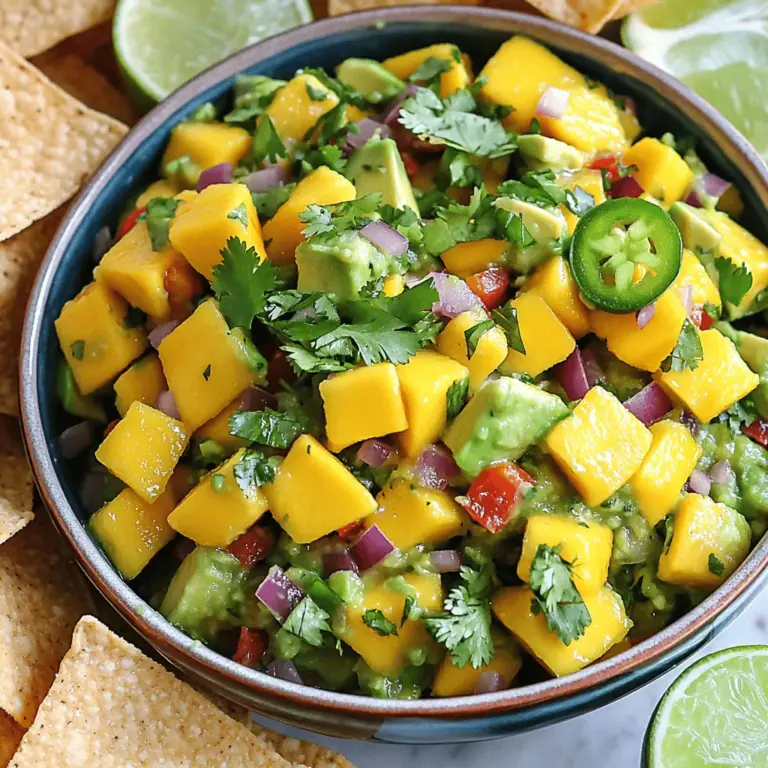 - 2 reife Mango, gewürfelt - 1 große Avocado, gewürfelt - 1 kleine rote Zwiebel, fein gehackt - Saft von 2 Limetten - 1 Esslöffel Olivenöl - Salz und Pfeffer nach Geschmack - 1 rote Paprika, gewürfelt - 1 Jalapeño, entkernt und klein gewürfelt - 1/4 Tasse frischer Koriander, grob gehackt Die Hauptzutaten wie Mango und Avocado machen die Salsa frisch und bunt. Mango bringt Süße, während die Avocado Cremigkeit hinzufügt. Die rote Zwiebel sorgt für einen leichten Biss. Für das Dressing verwenden wir den saftigen Limettensaft und Olivenöl. Diese Zutaten bringen alle Aromen zusammen. Salz und Pfeffer verleihen der Mischung den nötigen Geschmack. Zusätzliche Zutaten wie rote Paprika und Jalapeño sind optional. Sie geben der Salsa mehr Textur und einen Hauch von Schärfe. Der Koriander ist eine tolle Ergänzung, die frische Aromen bringt. Um das volle Rezept zu sehen, schau dir die Mango Avocado Fiesta Salsa an. Zuerst bereiten wir die Mango und Avocado vor. Wählen Sie zwei reife Mango aus. Diese sollten leicht weich sein. Schneiden Sie die Mango in kleine Würfel. Achten Sie darauf, die Schale zu entfernen. Für die Avocado nehmen Sie eine große Avocado. Schneiden Sie sie in zwei Hälften und entfernen Sie den Kern. Würfeln Sie das Fruchtfleisch. Seien Sie vorsichtig, damit Sie die Stücke nicht zerdrücken. Jetzt schneiden wir das Gemüse und die Kräuter. Nehmen Sie eine kleine rote Zwiebel und hacken Sie sie fein. Danach schneiden Sie eine rote Paprika in kleine Würfel. Wenn Sie es scharf mögen, nehmen Sie eine Jalapeño. Entfernen Sie die Kerne und würfeln Sie sie klein. Schließlich hacken Sie 1/4 Tasse frischen Koriander grob. In einer großen Schüssel vermengen wir die vorbereiteten Zutaten. Geben Sie die gewürfelte Mango und Avocado zusammen. Fügen Sie die Zwiebel, Paprika und Jalapeño hinzu. Mischen Sie alles vorsichtig, um die Avocado nicht zu zerdrücken. Jetzt bereiten wir das Dressing vor. In einer kleinen Schüssel vermengen Sie den Saft von zwei Limetten mit einem Esslöffel Olivenöl. Rühren Sie gut um. Gießen Sie das Dressing über die Salsa-Mischung. Jetzt wird alles abgeschmeckt. Fügen Sie Salz und Pfeffer nach Geschmack hinzu. Mischen Sie alles sanft, bis die Aromen gut verteilt sind. Decken Sie die Schüssel ab und stellen Sie sie für mindestens 30 Minuten kalt. So können sich die Aromen entfalten. Servieren Sie die Mango Salsa mit Tortilla-Chips. Dies gibt einen tollen Crunch. Für eine schöne Präsentation empfehle ich eine bunte Schüssel. Garnieren Sie die Salsa mit Limettenschnitzen. Ein wenig frischer Koriander oben drauf sieht auch toll aus. So wird Ihre Salsa nicht nur lecker, sondern auch schön anzusehen. Für das vollständige Rezept schauen Sie bitte auf die Seite mit dem Titel "Mango Avocado Fiesta Salsa". Um die perfekte Avocado zu wählen, achte auf die Farbe. Sie sollte dunkelgrün bis fast schwarz sein. Die Haut darf nicht zu glatt sein. Drücke vorsichtig auf die Frucht. Sie sollte leicht nachgeben, aber nicht zu weich sein. Wenn du sie schneidest, mache das mit einem scharfen Messer. Halte die Avocado fest, aber nicht zu fest. Schneide sie der Länge nach auf. Drehe die Hälften vorsichtig, um sie zu trennen. Mit einem Löffel kannst du das Fruchtfleisch leicht herausnehmen. So bleibt die Avocado ganz. Das Kühlen der Salsa ist wichtig. Kalte Speisen schmecken oft besser. Lege die Salsa mindestens 30 Minuten in den Kühlschrank. So verbinden sich die Aromen gut. Du kannst auch etwas mehr Limettensaft hinzufügen. Das bringt Frische. Probiere es mit etwas Honig oder agave, um die Süße zu erhöhen. Das hebt den Geschmack der Mango hervor. Ein häufiger Fehler ist, die Avocado zu zerdrücken. Sei vorsichtig beim Mischen. Verwende einen großen Löffel und hebe die Zutaten sanft. Ein weiterer Fehler ist, die Salsa nicht genug ziehen zu lassen. Gebe ihr Zeit im Kühlschrank. Wenn die Farben der Zutaten verblassen, hast du zu lange gewartet. Achte darauf, dass die Zutaten frisch sind. Wenn du alte Zutaten verwendest, kann der Geschmack leiden. {{image_4}} Mango Salsa mit Avocado ist sehr anpassbar. Du kannst verschiedene Obst- und Gemüsesorten hinzufügen. Ein paar gewürfelte Tomaten bringen Frische. Auch Ananas passt gut dazu. Für mehr Crunch kannst du Paprika in verschiedenen Farben nutzen. Kräuter sind ebenfalls wichtig. Frischer Koriander gibt der Salsa einen tollen Geschmack. Du kannst auch Minze oder Basilikum verwenden. Diese Kräuter bringen eine neue Note in das Gericht. Wenn du die Salsa milder magst, lass die Jalapeño weg. Du kannst auch die Menge reduzieren. Für etwas mehr Schärfe kannst du die Kerne der Jalapeño entfernen. So bleibt der Geschmack, aber die Schärfe wird geringer. Wenn du es schärfer magst, füge mehr Jalapeño hinzu. Du könntest auch einen Hauch von Cayennepfeffer verwenden. Achte darauf, die Schärfe nach und nach zu erhöhen. Für eine kohlenhydratarme Salsa kannst du die Mango durch Zucchini ersetzen. Das sorgt für eine ähnliche Textur. Auch avocados sind perfekt für Low-Carb-Diäten. Als gesunde Beilagen empfehle ich Gemüsesticks oder Salat. Diese passen gut zu der Salsa und sind nahrhaft. Du kannst auch Eier oder Hähnchen mit der Salsa kombinieren. Für das vollständige Rezept, schau dir die Mango Avocado Fiesta Salsa an. Lager die Mango Salsa im Kühlschrank. Verwende einen luftdichten Behälter. So bleibt sie frisch und lecker. Die Salsa hält sich gut für 2 bis 3 Tage. Achte darauf, sie nicht zu lange stehen zu lassen. Mit der Zeit verändern sich die Aromen und die Textur. Ja, du kannst die Salsa einfrieren. Das ist eine tolle Möglichkeit, Reste zu nutzen. Fülle die Salsa in einen gefriergeeigneten Behälter. Lass etwas Platz, da sie beim Einfrieren expandiert. Um die Textur beim Auftauen zu erhalten, tau die Salsa langsam im Kühlschrank auf. Vermeide die Mikrowelle, da das die Frische mindern kann. Rühre die Salsa nach dem Auftauen gut um. So verteilen sich die Aromen wieder gleichmäßig. Mango Salsa hält sich gut im Kühlschrank. Sie bleibt frisch für etwa zwei bis drei Tage. Bewahre die Salsa in einem luftdichten Behälter auf. So bleiben die Aromen intensiv. Wenn du die Salsa länger aufbewahren willst, friere sie ein. Achte darauf, sie in Portionen zu verpacken. So kannst du sie einfach auftauen. Ja, du kannst die Zutaten nach deinem Geschmack anpassen. Magst du es fruchtiger? Füge Ananas oder Pfirsiche hinzu. Für mehr Crunch kannst du Gurken oder Karotten verwenden. Du kannst auch andere Kräuter wie Petersilie verwenden. Lass deiner Kreativität freien Lauf und mache die Salsa zu deinem eigenen. Um die Salsa schärfer zu machen, füge mehr Jalapeño hinzu. Entferne die Samen für weniger Schärfe. Du kannst auch andere Chilis verwenden, wenn du magst. Wenn du es mild halten möchtest, lasse die Jalapeño ganz weg. Probiere die Salsa während der Zubereitung. So findest du die perfekte Schärfe für deinen Geschmack. Ja, Mango Salsa ist vegan. Alle Zutaten sind pflanzlich und frei von tierischen Produkten. Mango, Avocado, Gemüse und Gewürze sind alle veganfreundlich. Diese Salsa ist perfekt für alle, die eine pflanzliche Ernährung bevorzugen. Sie ist leicht, frisch und voller Geschmack. Du kannst die Salsa mit verschiedenen Gerichten kombinieren. Probiere sie zu Tacos oder einfach mit Tortilla-Chips. Für das vollständige Rezept schau dir die Full Recipe an. Diese Mango Salsa ist einfach zuzubereiten und sehr lecker. Wir haben gesunde Zutaten wie Mango, Avocado und Zwiebeln gemischt. Das Dressing mit Limettensaft und Olivenöl hebt die Aromen hervor. Tipps zur Auswahl der besten Avocado und zur Lagerung machen es noch besser. In Variationen können Sie die Salsa anpassen, um Ihren Geschmack zu treffen. Genau das macht sie so vielseitig. Probieren Sie es aus, und Sie werden begeistert sein!