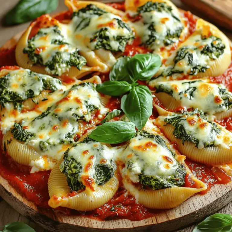 Um die perfekten Spinat-Ricotta gefüllten Pastaschalen zuzubereiten, brauchen Sie: - 20 Jumbo-Pastaschalen - 2 Tassen frischer Spinat, grob gehackt - 1 Tasse Ricotta-Käse - 1 Tasse geriebener Mozzarella-Käse - 1/2 Tasse geriebener Parmesan-Käse - 1 Ei, verquirlt - 2 Knoblauchzehen, fein gehackt - 1 Teelöffel Salz - 1/2 Teelöffel schwarzer Pfeffer - 1/2 Teelöffel Muskatnuss (frisch gerieben, wenn möglich) - 3 Tassen Marinara-Sauce Diese Zutaten geben den Schalen einen tollen Geschmack. Der Spinat bringt Frische. Der Ricotta macht die Füllung cremig. Sie können der Füllung mehr Tiefe verleihen. Fügen Sie zum Beispiel etwas Zwiebel oder frische Kräuter hinzu. Petersilie oder Schnittlauch passen gut. Wenn Sie es würziger mögen, probieren Sie etwas Chili oder Pfefferoni. Diese Zutaten bringen neuen Schwung in das Gericht. Um das Gericht abzurunden, empfehle ich, frische Basilikumblätter zur Garnitur zu verwenden. Das sieht nicht nur schön aus, sondern bringt auch einen frischen Geschmack. Servieren Sie die gefüllten Schalen mit einem einfachen grünen Salat. Ein spritziges Dressing ergänzt die Aromen. Ein knuspriges Baguette passt auch gut dazu. So haben Sie eine vollständige, leckere Mahlzeit. Schauen Sie sich das Full Recipe an, um alle Schritte zu sehen. Heize zuerst den Ofen auf 190°C vor. Nimm einen großen Topf und fülle ihn mit gesalzenem Wasser. Koche die Jumbo-Pastaschalen laut den Anweisungen auf der Verpackung. Achte darauf, dass sie al dente sind. Nach dem Kochen gieße die Schalen ab und stelle sie zur Seite, damit sie etwas abkühlen. Für die Füllung nimm eine große Schüssel. Vermenge dort den grob gehackten Spinat mit dem Ricotta-Käse. Füge die Hälfte des Mozzarella-Käses, den Parmesan-Käse und das verquirlte Ei hinzu. Gib die fein gehackten Knoblauchzehen, das Salz, den Pfeffer und die Muskatnuss dazu. Mische alles gut, bis die Zutaten gleichmäßig verteilt sind. Dies gibt der Füllung einen tollen Geschmack. Jetzt kommt der spaßige Teil! Nimm einen Löffel und fülle jede gekochte Pastaschale mit der Spinat-Ricotta-Mischung. Achte darauf, dass du sie gut füllst. Lege die gefüllten Schalen in eine gefettete Auflaufform. Gieße die Marinara-Sauce gleichmäßig darüber, sodass jede Schale gut bedeckt ist. Bestreue alles mit dem restlichen Mozzarella-Käse. Jetzt decke die Form mit Aluminiumfolie ab und backe sie für 25 Minuten. Nach dieser Zeit entferne die Folie und backe weitere 10 bis 15 Minuten, bis der Käse goldbraun ist. Lass die Schalen vor dem Servieren ein paar Minuten abkühlen, damit sie nicht zu heiß sind. Ein häufiger Fehler ist, die Pastaschalen zu lange zu kochen. Dies führt zu zerbrechlichen Schalen. Kochen Sie sie nur al dente, damit sie beim Füllen nicht auseinanderfallen. Ein weiterer Fehler ist, die Schalen nicht ausreichend abzukühlen. Lassen Sie sie nach dem Kochen etwas stehen. So vermeiden Sie, dass die Füllung durch die Hitze zerläuft. Um die Füllung perfekt zu machen, verwenden Sie frische Zutaten. Wählen Sie frischen Spinat und cremigen Ricotta. Vermengen Sie alle Zutaten gründlich in einer großen Schüssel. Achten Sie darauf, die Gewürze gut abzuschmecken. Muskatnuss bringt einen besonderen Geschmack. Fühlen Sie sich frei, mit der Menge zu experimentieren. Für die beste Präsentation servieren Sie die gefüllten Schalen auf einer großen Platte. Träufeln Sie etwas Marinara-Sauce um die Ränder. Das sieht nicht nur gut aus, sondern gibt auch mehr Geschmack. Garnieren Sie das Gericht mit frischen Basilikumblättern. Dies sorgt für einen schönen Farbkontrast. Nutzen Sie die Tipps aus dem Full Recipe, um das Gericht noch schöner zu präsentieren. {{image_4}} Wenn du ein vegetarisches Gericht suchst, sind die Spinat-Ricotta gefüllten Pastaschalen ideal. Du kannst das Rezept leicht anpassen. Statt Ricotta kannst du auch Ziegenkäse verwenden. Das gibt einen anderen Geschmack und ist lecker. Füge mehr Gemüse hinzu. Zucchini oder Paprika passen gut hinein. Sie bringen Farbe und Nährstoffe. Für eine glutenfreie Variante wähle glutenfreie Pasta. Diese gibt es in vielen Geschäften. Achte darauf, dass die Zutatenliste klar ist. Du kannst auch Quinoa oder Reis verwenden. Diese Alternativen sind nahrhaft und lecker. Sie ergeben eine gute Basis für die Füllung. Möchtest du etwas anderes ausprobieren? Füge Pilze oder Fleisch hinzu. Gebratene Pilze bringen einen herzhaften Geschmack. Wenn du Fleisch magst, verwende Hackfleisch oder Hähnchen. Brate es vorher mit Zwiebeln und Kräutern an. Das gibt der Füllung mehr Tiefe. Mit diesen Variationen schaffst du immer neue Geschmackserlebnisse. Probiere die verschiedenen Möglichkeiten aus und finde deine Lieblingsfüllung. Um die Spinat-Ricotta gefüllten Pastaschalen frisch zu halten, kühlen Sie sie schnell ab. Decken Sie das Gericht mit Folie ab oder verwenden Sie einen luftdichten Behälter. Lagern Sie die Schalen im Kühlschrank. Sie bleiben dort für drei bis fünf Tage gut. Achten Sie darauf, die Marinara-Sauce separat zu lagern, wenn Sie das Gericht nicht gleich essen. Wenn Sie mehr Zeit benötigen, frieren Sie die gefüllten Pastaschalen ein. Legen Sie die Schalen in einen gefrierfesten Behälter. Schichten Sie sie mit Folie oder Frischhaltefolie ab. Beschriften Sie den Behälter mit dem Datum. Gefrorene Schalen halten bis zu drei Monate. Zum Aufwärmen, lassen Sie sie über Nacht im Kühlschrank auftauen und backen Sie sie dann im Ofen. Um die übrig gebliebenen Schalen wieder aufzuwärmen, heizen Sie den Ofen auf 180°C vor. Legen Sie die Schalen in eine Auflaufform und decken Sie sie mit Aluminiumfolie ab. Backen Sie sie für etwa 20 Minuten. Entfernen Sie die Folie und backen Sie sie weitere 5-10 Minuten, bis der Käse schmilzt und sprudelt. So schmecken die Schalen fast wie frisch zubereitet! Wenn Sie mehr über die Zubereitung erfahren möchten, schauen Sie sich das Full Recipe an. Gefüllte Pastaschalen sind im Kühlschrank etwa drei bis fünf Tage haltbar. Lagern Sie die Schalen in einem luftdichten Behälter. Wenn Sie sie länger aufbewahren möchten, können Sie sie einfrieren. Im Gefrierfach halten sie bis zu drei Monate. Denken Sie daran, die Schalen gut abzudecken, um Gefrierbrand zu vermeiden. Ja, Sie können die Füllung im Voraus zubereiten. Mischen Sie den Spinat, den Ricotta und die Gewürze in einer Schüssel. Lagern Sie die Füllung dann in einem luftdichten Behälter im Kühlschrank. So sparen Sie Zeit, wenn Sie die Pastaschalen machen. Verwenden Sie die Füllung innerhalb von zwei Tagen für die beste Frische. Wenn der Käse nicht goldbraun wird, kann das mehrere Gründe haben. Erstens, die Temperatur könnte zu niedrig sein. Achten Sie darauf, den Ofen auf 190°C vorzuheizen. Zweitens, vielleicht ist die Folie zu lange auf der Auflaufform. Entfernen Sie sie nach 25 Minuten, um dem Käse die Chance zu geben, schön zu bräunen. Schließlich kann auch die Käsesorte eine Rolle spielen. Verwenden Sie frischen Mozzarella für das beste Ergebnis. Zusammenfassend haben wir die Zutaten für Spinat-Ricotta gefüllte Pastaschalen behandelt. Ich habe erklärt, wie man die Füllung zubereitet und die Schalen richtig backt. Tipps helfen, gängige Fehler zu vermeiden. Variationen wie glutenfreie Optionen bieten mehr Auswahl. Ich empfehle, die Reste richtig zu lagern. So bleiben sie frisch. Kochen macht Spaß und kreativ. Viel Freude beim Ausprobieren!
