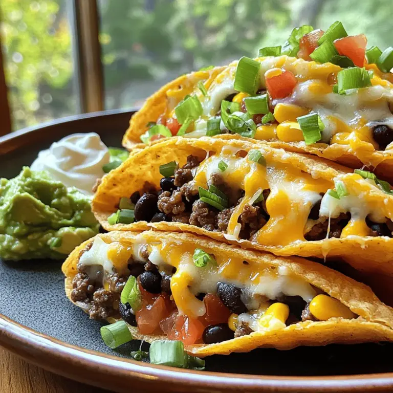 Um die perfekten Loaded Cheesy Pocket Tacos zuzubereiten, brauchst du folgende Zutaten: - 1 Packung fertig gekaufter Taco-Pockets (alternativ selbstgemacht aus Tortillateig) - 1 Tasse geriebener Cheddar-Käse - 1 Tasse geriebener Mozzarella-Käse - 1 Tasse gekochtes Hackfleisch (oder pflanzlicher Ersatz) - 1/2 Tasse schwarze Bohnen, abgespült und abgetropft - 1/2 Tasse Maiskörner (frisch oder gefroren) - 1/2 Tasse gewürfelte Tomaten - 1/4 Tasse gehackte Frühlingszwiebeln - 1 Esslöffel Taco-Gewürzmischung (nach Geschmack anpassen) - 1 Esslöffel Olivenöl - Salz und Pfeffer nach Geschmack - Optional: Toppings wie saure Sahne, Guacamole, Salsa oder gehackter Salat Frische Zutaten machen den Unterschied. Achte auf: - Gemüse: Wähle feste und glänzende Tomaten sowie lebendige Frühlingszwiebeln. - Käse: Nimm hochwertigen, frisch geriebenen Käse für besten Geschmack. - Bohnen: Wenn du Dosen bohnst, spüle sie gut ab, um den Salzgehalt zu reduzieren. - Fleisch: Wenn du Fleisch verwendest, greife nach frischem Hackfleisch vom Metzger. Du kannst Zutaten einfach ersetzen, um deinen Geschmack zu treffen: - Hackfleisch: Verwende Tofu oder Linsen für eine vegetarische Option. - Käse: Nutze pflanzlichen Käse für eine milchfreie Variante. - Bohnen: Kidneybohnen oder Kichererbsen sind auch lecker. - Mais: Frischer Mais hat einen tollen Geschmack, aber gefrorener funktioniert auch gut. Die richtigen Zutaten machen dein Gericht noch besser. Probiere verschiedene Kombinationen aus und finde deinen Favoriten! Zuerst müssen Sie Ihren Ofen vorheizen. Wenn Sie Taco-Pockets aus dem Laden verwenden, folgen Sie den Anweisungen auf der Verpackung. Für selbstgemachte Pockets bereiten Sie Tortillateig vor. Rollen Sie den Teig dünn aus und schneiden Sie ihn in Kreise. Falten Sie die Kreise in der Mitte, um Taschen zu bilden. Stellen Sie die Taschen beiseite, während Sie die Füllung zubereiten. Jetzt kommt der spaßige Teil: die Füllung! Erhitzen Sie das Olivenöl in einer Pfanne bei mittlerer Hitze. Fügen Sie das gekochte Hackfleisch hinzu. Streuen Sie die Taco-Gewürzmischung gleichmäßig darüber. Rühren Sie gut um und erhitzen Sie alles für 2-3 Minuten. Nehmen Sie eine große Schüssel und vermengen Sie das gewürzte Fleisch mit schwarzen Bohnen, Mais, gewürfelten Tomaten und der Hälfte der gehackten Frühlingszwiebeln. Schmecken Sie die Mischung mit Salz und Pfeffer ab. Jetzt ist es Zeit, die Taco-Pockets zu füllen. Nehmen Sie jede Tasche und füllen Sie sie großzügig mit der Fleisch- und Gemüsemischung. Fügen Sie dann den geriebenen Cheddar und Mozzarella hinzu, bis die Taschen gut gefüllt sind. Legen Sie die gefüllten Taco-Pockets auf ein Backblech. Backen Sie sie für etwa 10-12 Minuten, bis der Käse geschmolzen ist und die Taschen knusprig sind. Lassen Sie die Taco-Pockets nach dem Backen eine Minute abkühlen. Garnieren Sie sie mit den restlichen Frühlingszwiebeln und Ihren Lieblings-Toppings. Die Füllung ist der Schlüssel zu einem großartigen Taco-Pocket. Die Mischung aus Fleisch, Bohnen und Gemüse sollte gut zusammenhalten, aber nicht matschig sein. Ich empfehle, das Hackfleisch gut anzubraten, bevor Sie die anderen Zutaten hinzufügen. Achten Sie darauf, die Bohnen und den Mais gut abzutropfen. So bleibt die Füllung trocken und knusprig. Ein kleiner Trick: Fügen Sie etwas Käse in die Füllung hinzu. Das hilft, alles zusammenzuhalten. Die richtige Backzeit ist wichtig für den perfekten Taco-Pocket. Heizen Sie den Ofen auf 200 Grad Celsius vor. Backen Sie die gefüllten Taschen 10 bis 12 Minuten lang. Achten Sie darauf, dass der Käse schön schmilzt und die Taschen goldbraun sind. Überprüfen Sie sie nach 10 Minuten. Jeder Ofen ist anders, also passen Sie die Zeit nach Bedarf an. Ein knuspriger Rand macht den Taco-Pocket noch besser. Ein häufiger Fehler ist, die Taschen zu überfüllen. Wenn sie zu voll sind, schließen sie nicht richtig und die Füllung läuft heraus. Verwenden Sie nur die Menge, die die Taschen halten können. Ein weiterer Fehler ist, die Taco-Pockets zu lange zu backen. Sie werden schnell trocken. Überprüfen Sie Ihre Taschen, um sicherzustellen, dass sie nicht zu dunkel werden. Mit diesen Tipps wird Ihr Taco-Pocket garantiert lecker. Probieren Sie das Full Recipe aus und genießen Sie! {{image_4}} Für eine vegetarische Variante der Loaded Cheesy Pocket Tacos verwende ich einfach pflanzliche Zutaten. Statt Hackfleisch kannst du schwarze Bohnen oder Linsen nehmen. Füge dazu frisches Gemüse wie Paprika, Zucchini oder Spinat hinzu. Diese Optionen sorgen für einen tollen Geschmack und sind gesund. Du kannst auch Tofu verwenden, um die Füllung proteinreich zu machen. Wenn du es gerne scharf magst, füge etwas Chili oder Jalapeños zu deiner Füllung hinzu. Du kannst auch scharfe Salsa oder einen Spritzer Sriracha verwenden. Diese Zutaten bringen einen aufregenden Kick in deine Taco-Pockets. Experimentiere mit verschiedenen Gewürzen, wie Cayennepfeffer oder geräuchertem Paprika, um die Schärfe anzupassen. Fruchtige Ergänzungen machen deine Loaded Cheesy Pocket Tacos besonders. Probiere, frische Ananas oder Mangowürfel in die Füllung zu geben. Diese Früchte bringen Süße und Frische in das Gericht. Ein Spritzer Limettensaft rundet den Geschmack ab. Du wirst überrascht sein, wie gut die Kombination aus Käse und Früchten schmeckt. Für das vollständige Rezept klicke hier: [Full Recipe]. Um die Reste Ihrer überladenen Käse-Taco-Pockets frisch zu halten, sollten Sie sie in einem luftdichten Behälter aufbewahren. Lassen Sie die Taco-Pockets zuerst abkühlen, bevor Sie sie lagern. So vermeiden Sie, dass sich Kondenswasser bildet. Die Reste können bis zu drei Tage im Kühlschrank bleiben. Wenn Sie die Taco-Pockets aufwärmen möchten, heizen Sie den Ofen auf 180 Grad Celsius vor. Legen Sie die Taco-Pockets auf ein Backblech. Backen Sie sie etwa 10 Minuten lang, bis sie wieder knusprig sind. Sie können auch eine Mikrowelle nutzen, aber die Pockets werden dann nicht so knusprig. Erwärmen Sie sie in der Mikrowelle für 1-2 Minuten. Die Haltbarkeit im Kühlschrank beträgt etwa drei Tage. Wenn Sie die Taco-Pockets länger aufbewahren möchten, frieren Sie sie ein. Wickeln Sie jede Pocket in Frischhaltefolie und legen Sie sie in einen Gefrierbeutel. So bleiben sie bis zu drei Monate frisch. Zum Auftauen legen Sie sie einfach über Nacht in den Kühlschrank, bevor Sie sie aufwärmen. Um Taco-Pockets selbst zu machen, benötigst du Tortillateig. Du kannst ihn leicht zubereiten. Mische Mehl, Wasser, und eine Prise Salz. Knete den Teig, bis er glatt ist. Rolle ihn dünn aus und schneide ihn in Kreise. Du kannst diese Kreise dann in Taschen formen, indem du die Ränder leicht zusammendrückst. Fülle sie mit deiner Lieblingsfüllung. Denke daran, die Ränder gut zu verschließen, damit nichts herausläuft. Ja, du kannst die Füllung im Voraus zubereiten. Koche das Hackfleisch und mische es mit den Bohnen, Mais und Gewürzen. Lass die Mischung abkühlen und bewahre sie in einem Behälter im Kühlschrank auf. Sie bleibt so frisch für bis zu drei Tage. Wenn du bereit bist, die Taco-Pockets zu machen, fülle die Taschen einfach mit der vorbereiteten Mischung und backe sie. So sparst du Zeit. Zu überladenen Käse-Taco-Pockets passen viele Beilagen. Du kannst frischen Salat servieren, um einen knackigen Kontrast zu bieten. Guacamole und saure Sahne sind ebenfalls tolle Ergänzungen. Salsa bringt eine fruchtige Note und sorgt für etwas Schärfe. Auch nach Belieben kannst du mehr Käse oder frische Kräuter wie Koriander hinzufügen. Experimentiere mit verschiedenen Beilagen, um deinen perfekten Genuss zu finden. Taco-Pockets sind einfach zu machen und lecker. Wir haben Zutaten, Schritt-für-Schritt-Anleitungen und Tipps besprochen. Frische Zutaten sind der Schlüssel. Achte auf die richtige Konsistenz der Füllung. Variiere die Rezepte nach Geschmack und lagere Reste gut. Taco-Pockets sind vielseitig und anpassbar. Sie sind ein großartiges Essen für jeden Anlass. Probiere die Tipps und entdecke neue Variationen. Viel Spaß beim Kochen und Genießen dieser leckeren Snacks!