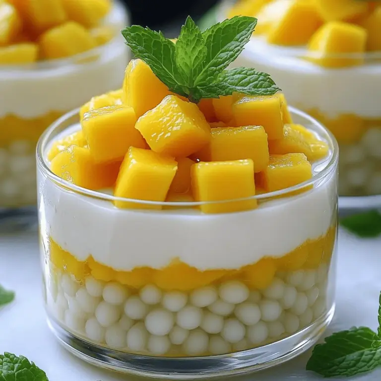 - 1 Tasse kleine Tapiokaperlen (Sago) - 2 reife Mangos, gewürfelt - 1 Tasse Kokosmilch Die Hauptzutaten bilden die Basis für Mango Sago. Die Tapiokaperlen geben dem Dessert seine spezielle Textur. Reife Mangos sind süß und saftig, perfekt für den Geschmack. Kokosmilch sorgt für einen cremigen, reichhaltigen Charakter. - 2 Esslöffel Zucker (nach Geschmack anpassen) - 1/2 Teelöffel Vanilleextrakt - Eine Prise Salz Zucker bringt die Süße, die viele lieben. Vanilleextrakt fügt ein warmes Aroma hinzu. Eine Prise Salz hebt den Geschmack hervor und balanciert die Süße. Diese Zutaten sind wichtig, um den vollen Geschmack zu erreichen. - Frische Minzblätter zur Garnierung Die Minzblätter sind nicht nur schön, sondern bringen auch Frische. Sie machen das Dessert einladender. Verwende einige Blätter obenauf, um einen echten Hingucker zu schaffen. Sie ergänzen die Aromen perfekt. Für das vollständige Rezept, schau dir den [Full Recipe] an. Zuerst musst du die Sago-Perlen abspülen. Nimm ein Sieb und spüle sie unter kaltem Wasser ab. Das Wasser sollte klar bleiben. So entfernst du die überschüssige Stärke. Jetzt bringe 4 Tassen Wasser in einem mittelgroßen Topf zum Kochen. Achte darauf, dass das Wasser sprudelnd kocht, bevor du die Sago-Perlen hinzufügst. Rühre vorsichtig um, damit sie nicht zusammenkleben. Koche die Sago-Perlen für etwa 10 bis 15 Minuten. Sie sind fertig, wenn sie transparent sind. Rühre häufig um, um ein Zusammenkleben zu verhindern. Sobald die Perlen gekocht sind, nimm den Topf vom Herd. Decke ihn ab und lasse die Perlen 10 Minuten ruhen. Diese Ruhezeit hilft, die Konsistenz zu verbessern. In einer mittelgroßen Schüssel vermenge die Kokosmilch, Zucker, Vanilleextrakt und eine Prise Salz. Rühre gut, bis der Zucker vollständig aufgelöst ist. Füge dann die gekochten Sago-Perlen zu der Kokosmilch-Mischung hinzu. Rühre vorsichtig, damit die Perlen gleichmäßig verteilt sind. Verteile die Mischung gleichmäßig in Serviergläser. Gieße die süße Kokosmilch über die Sago-Perlen, bis sie vollständig bedeckt sind. Füge vorsichtig die gewürfelten Mangos hinzu. Halte einige für die Garnitur zurück. Stelle den Mango Sago Genuss für mindestens 30 Minuten in den Kühlschrank. Serviere das Dessert in Einzelportionen, garniert mit frischen Minzblättern und den zurückbehaltenen Mangostücken. Dein köstlicher Mango Sago mit Kokosmilch ist nun bereit! - Richtiges Kochen der Sago-Perlen: Koche die Sago-Perlen in sprudelndem Wasser. Sie werden nach etwa 10 bis 15 Minuten transparent. Rühre dabei oft um, damit sie nicht zusammenkleben. Nach dem Kochen lasse sie 10 Minuten ruhen. So werden sie weich und zart. - Anpassen der Konsistenz der Kokosmilch: Für eine cremige Kokosmilch mische sie gut mit Zucker und einer Prise Salz. Wenn sie zu dick ist, kannst du etwas Wasser hinzufügen. Achte darauf, dass der Zucker sich vollständig auflöst. - Anrichten für eine ansprechende Optik: Verwende helle Gläser oder Schalen. So kommt die gelbe Mango und die weiße Kokosmilch schön zur Geltung. Fülle die Gläser schichtweise mit Sago und Kokosmilch. - Verwendung von Gläsern oder Schalen: Serviere den Mango Sago in kleinen Gläsern. Das macht das Dessert noch attraktiver. Du kannst auch dekorative Schalen verwenden, um einen besonderen Touch zu geben. - Vorbereiten von Zutaten im Voraus: Du kannst die Sago-Perlen und Kokosmilch schon vorher zubereiten. So sparst du Zeit, wenn du das Dessert servieren möchtest. Lagere die vorbereiteten Zutaten im Kühlschrank. - Nutzung von tiefgefrorenen Mangostücken: Wenn frische Mangos schwer zu finden sind, greife zu tiefgefrorenen Mangos. Diese sind oft reif und süß. Außerdem sparst du Zeit bei der Vorbereitung. {{image_4}} Wenn du keine Kokosmilch magst, gibt es tolle Alternativen. Du kannst Kuhmilch verwenden. Das macht das Dessert cremig, aber weniger tropisch. Pflanzliche Milch ist auch eine gute Wahl. Mandel- oder Hafermilch bringt einen anderen Geschmack und ist oft leichter. Diese Alternativen ändern den Geschmack leicht, aber das Dessert bleibt lecker. Mango ist die Hauptfrucht in diesem Rezept, aber du kannst kreativ werden. Probiere Ananas oder Papaya für einen anderen Geschmack. Du kannst auch verschiedene Tropenfrüchte mischen. Die Kombination aus Mango, Kiwi und Banane sorgt für einen bunten und köstlichen Genuss. Diese Variationen geben deinem Dessert mehr Frische und Farbe. Mango Sago schmeckt toll allein, aber du kannst es auch aufpeppen. Serviere es mit einem Löffel Eis oder Joghurt. Das macht das Dessert noch reichhaltiger. Du kannst auch zusätzliche Toppings hinzufügen. Röstete Nüsse oder ein Spritzer Schokoladensauce machen es besonders. Diese Kombinationen bieten dir viele Möglichkeiten, dein Mango Sago mit Kokosmilch zu genießen. Probiere sie aus! Für den Mango Sago sind die Lagerbedingungen wichtig. Bewahre ihn im Kühlschrank auf. Ideal ist eine Temperatur zwischen 2 und 4 Grad Celsius. So bleibt der Geschmack frisch und die Textur gut. Verwende luftdichte Behälter, um das Eindringen von Luft und Feuchtigkeit zu vermeiden. Das hilft, die Aromen zu bewahren. Im Kühlschrank hält sich Mango Sago etwa zwei bis drei Tage. Nach dieser Zeit kann die Qualität abnehmen. Der Sago kann weich werden und die Mangos verlieren ihre Frische. Um die Haltbarkeit zu verlängern, schau darauf, dass der Behälter gut verschlossen ist. Vermeide, dass er zu oft geöffnet wird. Du kannst Mango Sago auch einfrieren. Achte darauf, ihn gut abzukühlen, bevor du ihn ins Gefrierfach legst. Die Textur kann sich jedoch verändern. Nach dem Auftauen wird der Sago möglicherweise etwas matschig. Auch die Mangos können ihre Form verlieren. Um den besten Geschmack zu genießen, empfehle ich, ihn frisch zu servieren. Für die besten Ergebnisse genieße ihn direkt nach der Zubereitung. Für das vollständige Rezept, siehe [Full Recipe]. Die Zubereitung von Mango Sago mit Kokosmilch dauert insgesamt etwa 1 Stunde. Die Vorbereitungszeit beträgt 20 Minuten. Die Kochzeit für die Tapiokaperlen liegt bei 10 bis 15 Minuten. Danach lasse ich die Sago-Perlen noch 10 Minuten ruhen. Das Abkühlen im Kühlschrank dauert mindestens 30 Minuten. Diese Schritte machen das Dessert einfach und schnell. Ja, du kannst Mango Sago im Voraus machen. Bereite die Sago-Perlen und die Kokosmilch-Mischung vor. Lagere alles in einem luftdichten Behälter im Kühlschrank. So bleibt das Dessert frisch und lecker. Du kannst es bis zu 2 Tage im Voraus zubereiten. Ich empfehle, die Mangostücke erst kurz vor dem Servieren hinzuzufügen. Ja, Mango Sago mit Kokosmilch ist vegan. Die Hauptzutaten sind Tapiokaperlen, Mangos und Kokosmilch. Diese Zutaten stammen alle aus pflanzlichen Quellen. Achte jedoch darauf, dass der Zucker ebenfalls vegan ist. Wenn du auf tierische Produkte achtest, ist dieses Dessert eine tolle Wahl. Tapioka ist sehr vielseitig. Du kannst sie in verschiedenen Desserts verwenden. Probiere z.B. Tapioka-Pudding oder die klassischen Tapioka-Perlen in Bubble Tea. Auch in asiatischen Suppen ist Tapioka beliebt. Es gibt viele Möglichkeiten, mit Tapioka zu experimentieren. Wenn du mehr Ideen suchst, sieh dir die [Full Recipe] für Mango Sago an. Mango Sago mit Kokosmilch ist ein einfaches und leckeres Dessert. Wir haben die Hauptzutaten besprochen, wie Tapiokaperlen, Mangos und Kokosmilch. Ich habe dir gezeigt, wie du die Perlen kochst und die Mischung zubereitest. Du kannst auch Variationen ausprobieren und das Dessert hübsch anrichten. Denke an die Aufbewahrung und Haltbarkeit. Experimentiere mit den Zutaten für neue Geschmäcker. Dieses Rezept macht Freude, also viel Spaß beim Zubereiten und Genießen!
