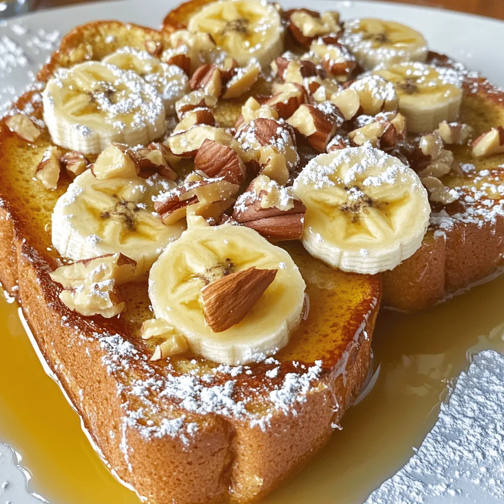 - 4 Scheiben dicken Bananenbrot - 2 große Eier - 120 ml Milch (Milch oder pflanzlich) - 1 Esslöffel Vanilleextrakt - 1 Teelöffel gemahlener Zimt - 1 Esslöffel Ahornsirup (plus extra zum Servieren) - 1 Esslöffel Butter oder Kokosöl (zum Braten) - Geschnittene Bananen und gehackte Nüsse (zum Garnieren) - Puderzucker (zum Bestäuben, optional) Um das beste Ergebnis zu erzielen, wähle wirklich reifes Bananenbrot. Der Geschmack wird intensiver und süßer. Die Eier sind wichtig für die Bindung. Milch macht die Mischung lecker und cremig. Vanilleextrakt bringt einen schönen, süßen Duft. Zimt gibt deinem French Toast eine warme Note. Ahornsirup ist der perfekte süße Abschluss. Für die Garnierung kannst du auch andere Früchte verwenden. Äpfel oder Beeren passen gut. Nüsse geben einen tollen Crunch. Puderzucker macht das ganze noch schöner. Mit diesen Zutaten bereitest du ein einfaches, aber köstliches Gericht zu. Schau dir das Rezept an, um die Schritte für die Zubereitung zu erfahren. In einer Schüssel nehme ich zwei große Eier. Ich füge 120 ml Milch hinzu. Dann kommt ein Esslöffel Vanilleextrakt in die Mischung. Ich streue einen Teelöffel gemahlenen Zimt hinein. Schließlich gebe ich einen Esslöffel Ahornsirup dazu. Ich verrühre alles gut. Die Mischung sollte gleichmäßig und cremig sein. Jetzt erhitze ich eine Pfanne auf mittlerer Hitze. Ich gebe einen Esslöffel Butter oder Kokosöl hinein. Während das Fett schmilzt, tauche ich jede Scheibe Bananenbrot in die Ei-Mischung. Ich achte darauf, dass beide Seiten gut beschichtet sind. Ich lasse die überschüssige Mischung leicht abtropfen. Dann lege ich die Scheiben in die Pfanne. Jede Seite brate ich etwa 2-3 Minuten. Sie sollten goldbraun und leicht knusprig sein. Sobald die French Toasts fertig sind, nehme ich sie aus der Pfanne. Ich halte sie warm. Dann schneide ich frische Bananen und hacke Nüsse. Ich serviere die Toasts mit den geschnittenen Bananen und Nüssen. Ein großzügiger Schuss Ahornsirup darf nicht fehlen. Manchmal bestäube ich sie mit Puderzucker. Das sieht toll aus und schmeckt köstlich! Für das vollständige Rezept schaue dir die [Full Recipe] an. Um die beste Konsistenz für deinen Bananenbrot French Toast zu erzielen, mische die Eier und Milch gut. Ich empfehle, zwei große Eier mit 120 ml Milch zu verwenden. Füge einen Esslöffel Vanilleextrakt und einen Teelöffel Zimt hinzu. Rühre alles kräftig, bis du eine gleichmäßige Mischung hast. So wird jeder Bissen lecker und fluffig. Die richtige Temperatur ist wichtig. Stelle deine Pfanne auf mittlere Hitze. Wenn die Pfanne zu heiß ist, brennt das Brot an. Du solltest die Butter oder das Kokosöl erst hinzufügen, wenn die Pfanne warm ist. So erhältst du eine goldbraune und knusprige Kruste. Brate jede Seite für etwa 2-3 Minuten. Bananen und Nüsse sind toll, aber du kannst auch andere Optionen ausprobieren. Probiere frische Beeren oder geschnittene Äpfel. Eine Prise Puderzucker gibt einen süßen Touch. Du kannst auch Schokoladenstückchen oder Kokosraspeln hinzufügen. Sei kreativ und finde deine Lieblingskombination! {{image_4}} Um eine vegane Version von Bananenbrot French Toast zuzubereiten, ersetze die Eier mit Leinsamen oder Chia-Samen. Mische dafür 1 Esslöffel Leinsamen oder Chia-Samen mit 3 Esslöffeln Wasser und lasse es 5 Minuten quellen. Verwende pflanzliche Milch wie Mandel- oder Hafermilch anstelle von Kuhmilch. Diese Alternativen bieten eine ähnliche Textur und Geschmack. Wenn du glutenfreies Bananenbrot verwenden möchtest, achte darauf, dass du glutenfreies Mehl nutzt. Du kannst auch Mandelmehl oder Kokosmehl ausprobieren. Diese Mehle geben deinem Bananenbrot eine tolle Konsistenz und Geschmack. Viele Bäckereien bieten jetzt glutenfreies Bananenbrot an, das sehr lecker ist. Um deinem Bananenbrot French Toast mehr Geschmack zu verleihen, füge einige Zutaten hinzu. Probiere gehackte Schokolade, Walnüsse oder Kokosraspeln. Das gibt einen tollen Crunch. Du kannst auch Gewürze wie Muskatnuss oder Kardamom verwenden, um die Aromen zu erweitern. Diese kleinen Änderungen machen das Gericht noch spannender! Um übrig gebliebenes Bananenbrot richtig zu lagern, packe es in einen luftdichten Behälter. So bleibt es frisch. Du kannst auch Frischhaltefolie verwenden. Stelle sicher, dass das Brot gut abgekühlt ist, bevor du es lagerst. Auf diese Weise verhinderst du, dass sich Feuchtigkeit bildet. Lagere das Brot an einem kühlen, trockenen Ort. Es bleibt so für bis zu drei Tage frisch. Die besten Methoden zum Wiederaufwärmen sind einfach. Du kannst eine Pfanne verwenden. Erhitze sie bei mittlerer Hitze und lege die Scheiben hinein. Nach zwei Minuten wende sie um. Du kannst auch einen Toaster verwenden, aber achte darauf, dass das Bananenbrot nicht verbrennt. Mikrowellen sind auch eine Option. Stelle die Mikrowelle auf mittlere Leistung und erwärme es für 15 bis 20 Sekunden. So bleibt das Brot weich. Für die Lagerung im Kühlschrank ist es wichtig, das Brot gut zu verpacken. Dort hält es sich etwa eine Woche. Wenn du das Bananenbrot länger aufbewahren möchtest, friere es ein. Wickle es gut in Frischhaltefolie und lege es in einen Gefrierbeutel. So bleibt es bis zu drei Monate frisch. Um es aufzutauen, lege das Brot einfach über Nacht in den Kühlschrank. So hat es einen guten Geschmack, wenn du es wieder aufwärmst. Ja, du kannst anderes Brot verwenden. Weißbrot, Vollkornbrot oder sogar Brioche sind gute Alternativen. Diese Brote haben eine ähnliche Textur und nehmen die Ei-Mischung gut auf. Achte darauf, dass das Brot dick genug ist, damit es nicht zerfällt. Wenn du ein glutenfreies Brot verwendest, wird das Rezept auch gut gelingen. Ja, das Rezept ist kinderfreundlich. Es verwendet einfache Zutaten, die Kinder mögen. Du kannst den Zimt und den Sirup anpassen, um die Süße zu kontrollieren. Achte darauf, dass die Erwachsenen beim Braten helfen, um Verbrennungen zu vermeiden. Die Garnierungen wie geschnittene Bananen sind auch bei Kindern beliebt. Du kannst das Rezept leicht anpassen. Füge zum Beispiel Schokoladenstückchen oder Beeren hinzu, um mehr Geschmack zu bekommen. Wenn du die Mischung weniger süß möchtest, reduziere den Sirup. Du kannst auch andere Gewürze wie Muskatnuss verwenden, um den Geschmack zu variieren. Probiere es einfach aus und finde deine Lieblingsversion! Dieses Rezept für Bananenbrot bringt viel Freude. Du brauchst nur einige einfache Zutaten, die schnell zuzubereiten sind. Ich habe dir gezeigt, wie du die perfekte Ei-Mischung machst und das Brot optimal brätst. Auch für vegane oder glutenfreie Varianten gibt es Vorschläge. Die Lagerung von Resten ist einfach, und ich habe Tipps für das Aufwärmen gegeben. Dieses Gericht ist nicht nur lecker, sondern auch anpassbar für jeden Geschmack. Genieße dein Bananenbrot!