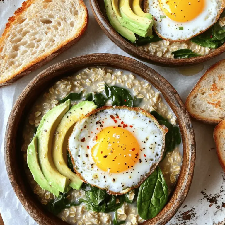 - 1 Tasse zarte Haferflocken - 2 Tassen Gemüsebrühe - 1 Tasse frischer Spinat, grob gehackt - 1/2 Avocado, in Scheiben geschnitten - 1/4 Tasse geriebener Parmesan - Rote Paprikaflocken zur Garnitur Um das Rezept von herzhaftem Haferbrei mit Spiegelei zu machen, wähle die besten Zutaten. Zarte Haferflocken sind wichtig für die richtige Textur. Die Gemüsebrühe gibt dem Gericht viel Geschmack. Frischer Spinat bringt Vitamine und Farbe. Die optionalen Zutaten machen das Gericht noch besser. Avocado fügt gesunde Fette hinzu. Parmesan gibt einen tollen, salzigen Geschmack. Rote Paprikaflocken bringen Schärfe und Farbe. Wenn du Zutaten wählst, achte auf Frische. Die besten Produkte machen den besten Haferbrei. Du kannst auch mit anderen Gemüsesorten experimentieren. So bleibt das Gericht spannend und lecker. Folge dem [Full Recipe], um alle Schritte zu sehen. Bringe zuerst die Gemüsebrühe in einem mittelgroßen Topf zum Kochen. Das gibt dem Haferbrei eine tolle Basis. Füge dann die Haferflocken, das Knoblauchpulver und eine Prise Salz hinzu. Reduziere die Hitze. Lass alles für etwa fünf Minuten köcheln, bis die Haferflocken weich und cremig sind. Rühre gelegentlich um, damit nichts anbrennt. Erhitze in der Zwischenzeit das Olivenöl in einer beschichteten Pfanne bei mittlerer Hitze. Schlage die Eier vorsichtig in die Pfanne. Brate sie nach deinem Wunsch. Ein Spiegelei passt hier besonders gut. Würze die Eier mit einer Prise Salz und Pfeffer. Die goldene Farbe sieht einfach lecker aus! Wenn die Haferflocken fertig sind, rühre den frischen Spinat unter. Lass ihn nur kurz mitkochen, bis er zusammenfällt. Füge dann Sojasauce oder Tamari hinzu. Das verleiht dem Gericht mehr Tiefe. Stelle die Portionen in zwei Schüsseln bereit. Garniere jede Schüssel mit einem Spiegelei, einigen Avocadoscheiben und, wenn gewünscht, mit geriebenem Parmesan. Für einen extra Kick kannst du rote Paprikaflocken hinzufügen. Das ist die Schritt-für-Schritt-Anleitung für herzhaften Haferbrei mit Spiegelei. Du kannst das komplette Rezept in dem Abschnitt "Full Recipe" finden. Um die perfekte Konsistenz zu erreichen, achte auf die Kochzeit. Du kannst die Haferflocken cremiger machen, indem du mehr Brühe hinzufügst. Für einen festeren Brei nimm weniger Flüssigkeit. Um die Aromen zu verstärken, füge Gewürze wie Knoblauchpulver oder frische Kräuter hinzu. So wird der Haferbrei lebendiger und aromatischer. Ich empfehle, ein Spiegelei zu braten, da es den Haferbrei schön ergänzt. Du kannst aber auch Rührei machen, wenn du das magst. Achte darauf, die Pfanne gut zu erhitzen, bevor du die Eier hinzufügst. Eine mittlere Hitze sorgt dafür, dass das Ei gleichmäßig gart. Brate das Ei etwa 3 bis 4 Minuten, bis das Eiweiß fest und das Eigelb noch weich ist. Serviere den herzhaften Haferbrei in tiefen Schüsseln. Das sieht rustikal aus und macht das Gericht einladend. Schichte die Zutaten ansprechend, um visuelle Höhe zu erzeugen. Ein wenig zusätzliches Olivenöl darüberträufeln sorgt für Glanz. Du kannst auch geröstetes Brot an der Seite reichen. So bekommst du einen tollen Crunch dazu. Für die vollständige Zubereitung und weitere Details schau dir das [Full Recipe] an. {{image_4}} Um den herzhaften Haferbrei noch bunter zu gestalten, füge zusätzliches Gemüse hinzu. Zucchini, Paprika oder Brokkoli passen gut. Du kannst sie einfach in die Brühe geben. So haben sie genug Zeit, um weich zu werden. Eine andere tolle Idee ist, alternative Käsesorten zu nutzen. Feta oder Ziegenkäse geben einen frischen Geschmack. Wenn du keinen Käse magst, lasse ihn einfach weg oder ersetze ihn durch Nüsse. Experimentiere mit verschiedenen Soßen, um neue Geschmäcker zu finden. Eine scharfe Sriracha oder eine süß-saure Soße geben deinem Gericht einen neuen Kick. Auch Pesto kann dem Haferbrei eine tolle Note verleihen. Zusätzliche Gewürze helfen dir, die Aromen zu verändern. Probiere Kreuzkümmel oder Kurkuma für einen neuen Twist. Ein Hauch von Zimt kann auch süße und herzhafte Noten verbinden. Wenn du glutenfrei essen musst, verwende glutenfreie Haferflocken. Diese sind in vielen Läden erhältlich. Sie schmecken ähnlich wie normale Haferflocken, aber ohne Gluten. So kannst du trotzdem ein leckeres Gericht genießen. Für die besten Ergebnisse, achte darauf, dass alle anderen Zutaten auch glutenfrei sind. So bleibt dein herzhaftes Gericht sicher und lecker. Nach dem Kochen bleibt oft etwas Haferbrei übrig. Ich empfehle, ihn in einem luftdichten Behälter im Kühlschrank zu lagern. So bleibt er frisch und lecker. Der Haferbrei hält sich bis zu drei Tage. Achte darauf, den Behälter gut zu verschließen, damit keine Luft hinein gelangt. Wenn du bereit bist, deinen Haferbrei wieder zu genießen, gibt es zwei einfache Wege. Du kannst die Mikrowelle oder den Herd benutzen. - Mikrowelle: Gib den Haferbrei in eine Schüssel. Füge einen Esslöffel Wasser hinzu. Decke die Schüssel ab. Erhitze ihn in kurzen Intervallen von 30 Sekunden. Rühre nach jedem Intervall um. - Herd: Erhitze eine kleine Pfanne bei mittlerer Hitze. Gib den Haferbrei hinein und füge etwas Brühe oder Wasser hinzu. Rühre gut um, bis er warm ist. Für die beste Textur ist die Herdmethode ideal. So bleibt der Haferbrei nicht zu trocken. Um die Qualität deiner Reste zu bewahren, trenne die Zutaten richtig. Wenn du Avocado oder Spiegelei hast, lagere sie separat. Das verhindert, dass der Haferbrei matschig wird. So schmeckt dein Gericht auch beim Wiedererwärmen frisch und lecker. Die Zubereitung von herzhaftem Haferbrei mit Spiegelei dauert insgesamt etwa 15 Minuten. Die Vorbereitungszeit beträgt nur 5 Minuten. Während die Haferflocken kochen, brate die Eier. Das spart Zeit und macht das Gericht schnell fertig. Ja, du kannst den Haferbrei im Voraus zubereiten. Koche die Haferflocken und lasse sie abkühlen. Fülle sie in einen Behälter und stelle ihn in den Kühlschrank. Du kannst den Haferbrei bis zu drei Tage aufbewahren. Um ihn wieder zu erwärmen, füge etwas Wasser oder Brühe hinzu und erwärme ihn in der Mikrowelle oder auf dem Herd. Zu herzhaftem Haferbrei passen viele Beilagen gut. Einige leckere Optionen sind: - Geröstetes Brot für zusätzlichen Crunch - Ein frischer Salat für mehr Frische - Gegrilltes Gemüse für mehr Geschmack - Weitere Eiersorten wie Rührei oder pochierte Eier Du kannst die Gewürze ganz nach deinem Geschmack anpassen. Wenn du es schärfer magst, füge mehr rote Paprikaflocken hinzu. Für mehr Aromen kannst du frische Kräuter wie Petersilie oder Schnittlauch verwenden. Probiere auch verschiedene Soßen, um den Geschmack zu verändern. Dieser Beitrag hat Ihnen gezeigt, wie Sie herzhaften Haferbrei mit Spiegelei zubereiten. Wir haben über die nötigen Zutaten, den Zubereitungsprozess, Tipps für perfekte Haferflocken und Variationen gesprochen. Denken Sie daran, kreativ zu sein und verschiedene Gewürze oder Gemüse hinzuzufügen. Mit diesen Grundlagen können Sie das Gericht nach Ihrem Geschmack gestalten. Experimentieren Sie mit verschiedenen Beilagen und genießen Sie jede Schüssel. Kochen macht Spaß und ist einfach!