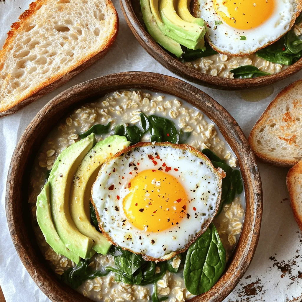 - 1 Tasse zarte Haferflocken - 2 Tassen Gemüsebrühe - 1 Tasse frischer Spinat, grob gehackt - 1/2 Avocado, in Scheiben geschnitten - 1/4 Tasse geriebener Parmesan - Rote Paprikaflocken zur Garnitur Um das Rezept von herzhaftem Haferbrei mit Spiegelei zu machen, wähle die besten Zutaten. Zarte Haferflocken sind wichtig für die richtige Textur. Die Gemüsebrühe gibt dem Gericht viel Geschmack. Frischer Spinat bringt Vitamine und Farbe. Die optionalen Zutaten machen das Gericht noch besser. Avocado fügt gesunde Fette hinzu. Parmesan gibt einen tollen, salzigen Geschmack. Rote Paprikaflocken bringen Schärfe und Farbe. Wenn du Zutaten wählst, achte auf Frische. Die besten Produkte machen den besten Haferbrei. Du kannst auch mit anderen Gemüsesorten experimentieren. So bleibt das Gericht spannend und lecker. Folge dem [Full Recipe], um alle Schritte zu sehen. Bringe zuerst die Gemüsebrühe in einem mittelgroßen Topf zum Kochen. Das gibt dem Haferbrei eine tolle Basis. Füge dann die Haferflocken, das Knoblauchpulver und eine Prise Salz hinzu. Reduziere die Hitze. Lass alles für etwa fünf Minuten köcheln, bis die Haferflocken weich und cremig sind. Rühre gelegentlich um, damit nichts anbrennt. Erhitze in der Zwischenzeit das Olivenöl in einer beschichteten Pfanne bei mittlerer Hitze. Schlage die Eier vorsichtig in die Pfanne. Brate sie nach deinem Wunsch. Ein Spiegelei passt hier besonders gut. Würze die Eier mit einer Prise Salz und Pfeffer. Die goldene Farbe sieht einfach lecker aus! Wenn die Haferflocken fertig sind, rühre den frischen Spinat unter. Lass ihn nur kurz mitkochen, bis er zusammenfällt. Füge dann Sojasauce oder Tamari hinzu. Das verleiht dem Gericht mehr Tiefe. Stelle die Portionen in zwei Schüsseln bereit. Garniere jede Schüssel mit einem Spiegelei, einigen Avocadoscheiben und, wenn gewünscht, mit geriebenem Parmesan. Für einen extra Kick kannst du rote Paprikaflocken hinzufügen. Das ist die Schritt-für-Schritt-Anleitung für herzhaften Haferbrei mit Spiegelei. Du kannst das komplette Rezept in dem Abschnitt "Full Recipe" finden. Um die perfekte Konsistenz zu erreichen, achte auf die Kochzeit. Du kannst die Haferflocken cremiger machen, indem du mehr Brühe hinzufügst. Für einen festeren Brei nimm weniger Flüssigkeit. Um die Aromen zu verstärken, füge Gewürze wie Knoblauchpulver oder frische Kräuter hinzu. So wird der Haferbrei lebendiger und aromatischer. Ich empfehle, ein Spiegelei zu braten, da es den Haferbrei schön ergänzt. Du kannst aber auch Rührei machen, wenn du das magst. Achte darauf, die Pfanne gut zu erhitzen, bevor du die Eier hinzufügst. Eine mittlere Hitze sorgt dafür, dass das Ei gleichmäßig gart. Brate das Ei etwa 3 bis 4 Minuten, bis das Eiweiß fest und das Eigelb noch weich ist. Serviere den herzhaften Haferbrei in tiefen Schüsseln. Das sieht rustikal aus und macht das Gericht einladend. Schichte die Zutaten ansprechend, um visuelle Höhe zu erzeugen. Ein wenig zusätzliches Olivenöl darüberträufeln sorgt für Glanz. Du kannst auch geröstetes Brot an der Seite reichen. So bekommst du einen tollen Crunch dazu. Für die vollständige Zubereitung und weitere Details schau dir das [Full Recipe] an. {{image_4}} Um den herzhaften Haferbrei noch bunter zu gestalten, füge zusätzliches Gemüse hinzu. Zucchini, Paprika oder Brokkoli passen gut. Du kannst sie einfach in die Brühe geben. So haben sie genug Zeit, um weich zu werden. Eine andere tolle Idee ist, alternative Käsesorten zu nutzen. Feta oder Ziegenkäse geben einen frischen Geschmack. Wenn du keinen Käse magst, lasse ihn einfach weg oder ersetze ihn durch Nüsse. Experimentiere mit verschiedenen Soßen, um neue Geschmäcker zu finden. Eine scharfe Sriracha oder eine süß-saure Soße geben deinem Gericht einen neuen Kick. Auch Pesto kann dem Haferbrei eine tolle Note verleihen. Zusätzliche Gewürze helfen dir, die Aromen zu verändern. Probiere Kreuzkümmel oder Kurkuma für einen neuen Twist. Ein Hauch von Zimt kann auch süße und herzhafte Noten verbinden. Wenn du glutenfrei essen musst, verwende glutenfreie Haferflocken. Diese sind in vielen Läden erhältlich. Sie schmecken ähnlich wie normale Haferflocken, aber ohne Gluten. So kannst du trotzdem ein leckeres Gericht genießen. Für die besten Ergebnisse, achte darauf, dass alle anderen Zutaten auch glutenfrei sind. So bleibt dein herzhaftes Gericht sicher und lecker. Nach dem Kochen bleibt oft etwas Haferbrei übrig. Ich empfehle, ihn in einem luftdichten Behälter im Kühlschrank zu lagern. So bleibt er frisch und lecker. Der Haferbrei hält sich bis zu drei Tage. Achte darauf, den Behälter gut zu verschließen, damit keine Luft hinein gelangt. Wenn du bereit bist, deinen Haferbrei wieder zu genießen, gibt es zwei einfache Wege. Du kannst die Mikrowelle oder den Herd benutzen. - Mikrowelle: Gib den Haferbrei in eine Schüssel. Füge einen Esslöffel Wasser hinzu. Decke die Schüssel ab. Erhitze ihn in kurzen Intervallen von 30 Sekunden. Rühre nach jedem Intervall um. - Herd: Erhitze eine kleine Pfanne bei mittlerer Hitze. Gib den Haferbrei hinein und füge etwas Brühe oder Wasser hinzu. Rühre gut um, bis er warm ist. Für die beste Textur ist die Herdmethode ideal. So bleibt der Haferbrei nicht zu trocken. Um die Qualität deiner Reste zu bewahren, trenne die Zutaten richtig. Wenn du Avocado oder Spiegelei hast, lagere sie separat. Das verhindert, dass der Haferbrei matschig wird. So schmeckt dein Gericht auch beim Wiedererwärmen frisch und lecker. Die Zubereitung von herzhaftem Haferbrei mit Spiegelei dauert insgesamt etwa 15 Minuten. Die Vorbereitungszeit beträgt nur 5 Minuten. Während die Haferflocken kochen, brate die Eier. Das spart Zeit und macht das Gericht schnell fertig. Ja, du kannst den Haferbrei im Voraus zubereiten. Koche die Haferflocken und lasse sie abkühlen. Fülle sie in einen Behälter und stelle ihn in den Kühlschrank. Du kannst den Haferbrei bis zu drei Tage aufbewahren. Um ihn wieder zu erwärmen, füge etwas Wasser oder Brühe hinzu und erwärme ihn in der Mikrowelle oder auf dem Herd. Zu herzhaftem Haferbrei passen viele Beilagen gut. Einige leckere Optionen sind: - Geröstetes Brot für zusätzlichen Crunch - Ein frischer Salat für mehr Frische - Gegrilltes Gemüse für mehr Geschmack - Weitere Eiersorten wie Rührei oder pochierte Eier Du kannst die Gewürze ganz nach deinem Geschmack anpassen. Wenn du es schärfer magst, füge mehr rote Paprikaflocken hinzu. Für mehr Aromen kannst du frische Kräuter wie Petersilie oder Schnittlauch verwenden. Probiere auch verschiedene Soßen, um den Geschmack zu verändern. Dieser Beitrag hat Ihnen gezeigt, wie Sie herzhaften Haferbrei mit Spiegelei zubereiten. Wir haben über die nötigen Zutaten, den Zubereitungsprozess, Tipps für perfekte Haferflocken und Variationen gesprochen. Denken Sie daran, kreativ zu sein und verschiedene Gewürze oder Gemüse hinzuzufügen. Mit diesen Grundlagen können Sie das Gericht nach Ihrem Geschmack gestalten. Experimentieren Sie mit verschiedenen Beilagen und genießen Sie jede Schüssel. Kochen macht Spaß und ist einfach!