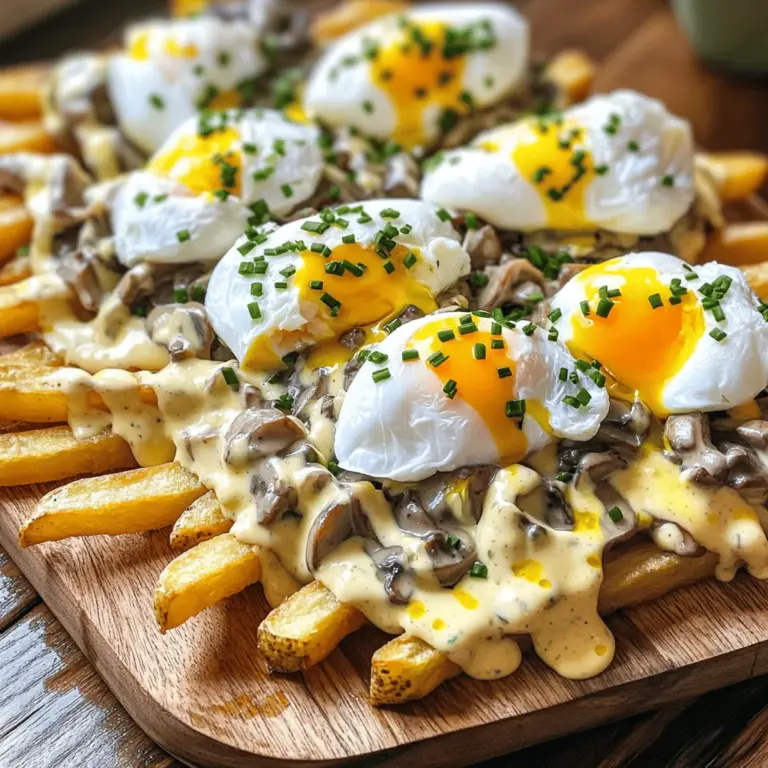 - 4 große Russet-Kartoffeln - 1 Tasse Pilze (Champignons oder Cremini) - 2 große Eier - Salz und Pfeffer nach Geschmack - 2 Esslöffel Sojasauce - 1 Esslöffel Worcestersauce - 2 Esslöffel Olivenöl - 1 kleine Zwiebel - 2 Knoblauchzehen - 1/2 Tasse Schlagsahne - Frischer Schnittlauch oder Petersilie Um die Eier-Pilz-Sauce-Pommes zuzubereiten, benötige ich frische Zutaten. Die Auswahl der Hauptzutaten ist entscheidend. Ich wähle große Russet-Kartoffeln, da sie perfekt für Pommes sind. Diese Kartoffeln haben eine hohe Stärke und sorgen für knusprige Pommes. Die Pilze bringen umami Geschmack in die Sauce. Ich bevorzuge Champignons oder Cremini, da sie gut braten. Die Eier sind das Herzstück des Gerichts. Sie verleihen dem Gericht eine cremige Textur und reichhaltigen Geschmack. Die Gewürze sind ebenfalls wichtig. Salz und Pfeffer bringen die Aromen zur Geltung. Sojasauce und Worcestersauce geben der Sauce Tiefe. Ich finde, dass diese Saucen das Gericht auf ein neues Level bringen. Für die Zubereitung benötige ich Olivenöl, Zwiebeln und Knoblauch. Diese Zutaten bringen Geschmack und Aroma. Die Schlagsahne sorgt für die cremige Konsistenz der Sauce. Schnittlauch oder Petersilie sind perfekte Garnituren. Sie bringen Farbe und Frische. Für das vollständige Rezept und alle Schritte, siehe [Full Recipe]. Zuerst schneide die Kartoffeln in gleichmäßige Pommes. Du kannst Russet-Kartoffeln verwenden. Lege die geschnittenen Kartoffeln in eine große Schüssel. Füge 2 Esslöffel Olivenöl hinzu. Würze sie mit Salz und Pfeffer nach Geschmack. Vermische alles gut, sodass die Pommes gleichmäßig beschichtet sind. Heize den Backofen auf 220°C (425°F) vor. Lege die Pommes gleichmäßig auf ein Backblech. Backe die Pommes für 30-35 Minuten. Wende sie nach der Hälfte der Zeit. Sie sollten goldbraun und knusprig sein. Jetzt geht es an die Pilz-Sauce. Erhitze einen Schuss Olivenöl in einer Pfanne bei mittlerer Hitze. Füge die fein gehackte Zwiebel hinzu und brate sie etwa 5 Minuten an. Sie sollte glasig sein. Gib den gehackten Knoblauch und die geschnittenen Pilze dazu. Brate alles für 5-7 Minuten. Die Pilze sollten weich und goldbraun sein. Dann füge 2 Esslöffel Sojasauce und 1 Esslöffel Worcestersauce hinzu. Lasse die Sauce 2-3 Minuten köcheln. Reduziere die Hitze und gib 1/2 Tasse Schlagsahne dazu. Rühre gut um. Lass die Sauce einige Minuten köcheln, bis sie leicht eindickt. Bringe in einem separaten Topf Wasser zum sanften Simmern. Schlage die Eier vorsichtig in kleine Schalen auf. Lass die Eier vorsichtig in das simmernde Wasser gleiten. Gar die Eier für etwa 3-4 Minuten. Wenn du weichere Eigelbe magst, lass sie nicht länger. Nimm die Eier mit einem Löffel heraus, wenn sie fertig sind. Jetzt sind die Pommes, die Sauce und die Eier bereit. Serviere sie zusammen für ein köstliches Gericht. Für die genaue Zubereitung schaue dir das [Full Recipe] an. - Tipps für knusprige Pommes: Um die besten Pommes zu machen, wähle große Russet-Kartoffeln. Schneide sie gleichmäßig, damit sie gleichmäßig garen. Spüle die geschnittenen Kartoffeln kurz ab, um die Stärke zu entfernen. So werden sie knuspriger. Verwende ein Backblech und lege die Pommes in einer einzigen Schicht. Das hilft, dass sie überall knusprig werden. - Alternativen zu Olivenöl: Wenn du kein Olivenöl hast, probiere Rapsöl oder Sonnenblumenöl. Diese Öle haben einen hohen Rauchpunkt und sind perfekt für das Backen. - Möglichkeiten für eine würzigere Sauce: Um die Sauce schärfer zu machen, füge etwas rote Pfefferflocken hinzu. Du kannst auch ein wenig scharfe Sojasauce verwenden. Wenn du die Sauce fruchtiger willst, probiere einen Spritzer Limettensaft. Das gibt einen tollen Kick! - Vegetarische Alternativen: Wenn du die Sauce vegetarisch machen willst, ersetze die Schlagsahne durch Kokosmilch. Das gibt einen leckeren Geschmack und bleibt cremig. - Tipps für die richtige Temperatur: Bringe das Wasser zum sanften Simmern, nicht zum Kochen. Zu viel Bewegung macht die Eier unruhig. Ein Spritzer Essig hilft, die Eier zusammenzuhalten. - Anzeichen für den idealen Gargrad: Achte darauf, dass das Eiweiß fest ist, aber das Eigelb noch weich bleibt. Wenn du ein weiches Eigelb magst, gare das Ei 3 bis 4 Minuten lang. Für festeres Eigelb lasse es etwas länger im Wasser. Für das vollständige Rezept, schau dir die [Full Recipe] an. {{image_4}} Wenn du Eier nicht magst oder eine vegane Option suchst, gibt es gute Alternativen. Anstelle von Eiern kannst du gebratene Tofu-Würfel verwenden. Diese geben dir eine ähnliche Textur und einen tollen Geschmack. Du kannst sie einfach in Würfel schneiden und in der Pfanne anbraten. Für die Pilze kannst du verschiedene Sorten nutzen. Shiitake-Pilze bringen einen intensiven Geschmack. Sie sind perfekt für die Sauce. Portobello-Pilze sind groß und fleischig, was sie auch zu einer guten Wahl macht. Beide Optionen passen gut zur Sauce. Die Eier-Pilz-Sauce-Pommes schmecken super mit vielen Beilagen. Ein frischer Salat mit Rucola und Kirschtomaten passt gut dazu. Auch ein knuspriges Baguette ist eine tolle Wahl. Für besondere Anlässe kannst du die Pommes auf einem rustikalen Holzbrett anrichten. Das sieht gut aus und macht Eindruck. Eine andere Idee ist, die Pommes mit einer Beilage aus gedünstetem Gemüse zu kombinieren. Brokkoli oder grüne Bohnen bringen Farbe auf den Teller. Das macht das Essen nicht nur lecker, sondern auch gesund. Wenn du gerne experimentierst, spiele mit verschiedenen Kräutern und Gewürzen. Frischer Thymian oder Rosmarin geben einen tollen Geschmack. Du kannst auch etwas Paprika für einen kleinen Kick hinzufügen. Für asiatische Einflüsse probiere Ingwer oder Sesamöl in der Sauce. Diese Zutaten bringen einen neuen Geschmack und machen das Gericht interessanter. Ein kleiner Spritzer Limettensaft kann auch helfen, die Aromen zu heben. Für das komplette Rezept, schau dir die [Full Recipe] an. Um die Pommes frisch zu halten, lege sie in einen luftdichten Behälter. Dies verhindert, dass sie weich werden. Du kannst sie bis zu drei Tage im Kühlschrank aufbewahren. Achte darauf, dass sie gut abgekühlt sind, bevor du sie lagerst. Der beste Weg, um die Pommes wieder knusprig zu machen, ist im Ofen. Heize den Ofen auf 200°C vor. Lege die Pommes auf ein Backblech und backe sie für etwa 10 Minuten. Pochierte Eier solltest du nicht wieder erhitzen. Sie verlieren ihre zarte Textur. Ja, du kannst die Pommes einfrieren. Lass sie zuerst ganz abkühlen. Lege sie dann in einen Gefrierbeutel und drücke die Luft heraus. So bleiben sie bis zu zwei Monate haltbar. Um gefrorene Pommes zuzubereiten, backe sie direkt aus dem Gefrierfach im Ofen. Verteile sie gleichmäßig auf einem Blech und backe sie für etwa 20 Minuten bei 220°C. Die Zubereitung dauert insgesamt etwa 50 Minuten. Die Vorbereitungszeit ist 10 Minuten. Das Backen der Pommes braucht 30-35 Minuten. Während die Pommes backen, mache ich die Sauce. Ich koche die Eier in einem separaten Topf. So kann alles gleichzeitig fertig werden. Ja, du kannst die Pilze weglassen. Aber die Textur wird anders. Die Sauce wird dann weniger reichhaltig. Der Geschmack wird auch weniger umami sein. Ohne Pilze fehlt eine wichtige Komponente. Wenn du eine andere Textur möchtest, probiere Zucchini oder Spinat. Die Sauce bleibt trotzdem lecker, aber anders. Für die Sauce kannst du mehrere Alternativen nutzen. Statt Schlagsahne probiere Kokosmilch oder Mandelmilch. Diese geben einen anderen Geschmack, sind aber auch cremig. Wenn du die Sojasauce weglassen möchtest, nutze Tamari oder Gemüsebrühe. Die Würze bleibt so erhalten. Es gibt viele Möglichkeiten, die Sauce nach deinem Geschmack anzupassen. Schau dir auch das [Full Recipe] an für weitere Ideen. Die Eier-Pilz-Sauce-Pommes sind einfach zuzubereiten und sehr lecker. Wir haben die Hauptzutaten durchgesprochen, wie Kartoffeln, Pilze und Eier. Die Schritt-für-Schritt-Anleitung zeigt, wie du perfekte Pommes, eine cremige Sauce und pochierte Eier machst. Wir haben auch Tipps gegeben, um deine Gerichte zu variieren und aufzubewahren. Experimentiere mit verschiedenen Zutaten und Aromen. So findest du deinen ganz eigenen Lieblingsgeschmack. Viel Spaß beim Kochen und Genießen dieser köstlichen Speise!