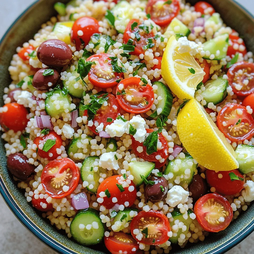Für einen leckeren mediterranen Couscous-Salat brauchst du die besten Zutaten. Hier sind die Hauptzutaten: - 1 Tasse Couscous - 1 1/4 Tassen Gemüsebrühe - 1 Tasse Kirschtomaten, halbiert - 1 Salatgurke, gewürfelt - 1/2 rote Zwiebel, fein gehackt - 1/2 Tasse Kalamata-Oliven, entsteint und halbiert - 1/4 Tasse Feta-Käse, zerbröselt - 1/4 Tasse frische Petersilie, gehackt Diese Zutaten bringen frische und Geschmack in deinen Salat. Der Couscous ist die Basis. Er ist leicht und nimmt die Aromen gut auf. Die Kirschtomaten und Gurken sorgen für eine knackige Textur. Feta-Käse fügt eine salzige Note hinzu, die den Salat perfekt macht. Die richtigen Gewürze und Öle sind wichtig. Sie bringen deinen Couscous-Salat zum Leben. Hier sind die wichtigsten: - 1/4 Tasse natives Olivenöl extra - 2 Esslöffel Zitronensaft - 1 Teelöffel getrockneter Oregano - Salz und Pfeffer nach Geschmack Olivenöl gibt dem Salat eine reiche, fruchtige Note. Zitronensaft sorgt für Frische und einen tollen Kontrast. Oregano bringt einen mediterranen Geschmack. Sei sparsam mit Salz und Pfeffer. Du kannst sie nach deinem Geschmack anpassen. Frische Zutaten machen einen großen Unterschied. Wähle reife Kirschtomaten und knackige Gurken. Sie schmecken besser und sind gesünder. Achte darauf, dass die Oliven frisch sind und eine gute Qualität haben. Petersilie sollte grün und lebendig sein. So sieht dein Salat nicht nur gut aus, sondern schmeckt auch fantastisch. Für die besten Ergebnisse nutze den [Full Recipe]. Zuerst bringe ich die Gemüsebrühe in einem mittelgroßen Topf zum Kochen. Es ist wichtig, dass die Brühe wirklich kocht. Dann rühre ich den Couscous ein und decke den Topf sofort ab. Nach etwa fünf Minuten sollte der Couscous die Brühe ganz aufgenommen haben. Ich lockere ihn mit einer Gabel auf und lasse ihn abkühlen. Dadurch wird der Couscous schön luftig und leicht. In einer großen Schüssel vermische ich die halbierten Kirschtomaten, die gewürfelte Salatgurke und die fein gehackte rote Zwiebel. Die Kalamata-Oliven und den zerbröselten Feta-Käse füge ich ebenfalls hinzu. Diese frischen Zutaten bringen tollen Geschmack und Farbe in den Salat. Es macht Spaß, die verschiedenen Texturen zu sehen und zu spüren. In einer kleinen Schüssel mische ich das Olivenöl, den Zitronensaft, den getrockneten Oregano, Salz und Pfeffer. Das Dressing ist einfach, aber sehr lecker. Ich gieße es über die Gemüsemischung und füge dann den abgekühlten Couscous hinzu. Jetzt vermenge ich alles vorsichtig, bis es gut durchzogen ist. Zum Schluss streue ich die gehackte Petersilie darüber und hebe sie sanft unter. Das gibt dem Salat einen frischen Kick. Für die vollständige Anleitung, schaue dir das Full Recipe an. Um den perfekten mediterranen Couscous-Salat zu machen, gibt es einige Tricks. Verwende frische Zutaten, um den besten Geschmack zu erzielen. Achte darauf, den Couscous nicht zu lange ziehen zu lassen. Er sollte leicht und locker sein. Wenn du die Brühe zum Kochen bringst, schalte den Herd aus, bevor du den Couscous hinzufügst. Das hilft, die Körner gleichmäßig zu garen. Wenn du Reste hast, bewahre sie in einem luftdichten Behälter im Kühlschrank auf. Der Salat bleibt so frisch für bis zu drei Tage. Wenn du ihn länger aufbewahren möchtest, kannst du die Zutaten getrennt lagern. So bleibt der Couscous knackig und die Gemüse frisch. Vor dem Servieren einfach alles wieder zusammenmischen. Präsentiere den Salat in einer großen Schüssel oder in einzelnen Gläsern. Das sieht schön aus und macht den Salat einladend. Garniere den Couscous-Salat mit frischer Petersilie und einem Zitronenschnitz. Das verleiht dem Gericht eine frische Note. Wenn du Gäste hast, serviere ihn als Teil eines Buffets oder als Beilage zu Fleisch oder Fisch. Für das vollständige Rezept, siehe den Abschnitt "Full Recipe". {{image_4}} Der Mediterrane Couscous-Salat ist einfach anpassbar. Für eine vegetarische Variante, lassen Sie einfach den Feta-Käse weg. Sie können ihn durch gewürfelte Avocado ersetzen. Diese fügt Cremigkeit hinzu und macht den Salat nahrhaft. Wenn Sie eine vegane Option wünschen, verwenden Sie einen pflanzlichen Käse. Um den Geschmack zu intensivieren, fügen Sie geröstete Pinienkerne oder Sonnenblumenkerne hinzu. Diese geben einen nussigen Crunch. Auch frische Minze oder Basilikum passen gut dazu. Ein wenig geriebene Zitronenschale bringt zusätzliche Frische. Nutzen Sie saisonales Gemüse! Im Sommer sind Paprika und Zucchini großartig. Im Herbst können Sie geröstete Kürbisstücke hinzufügen. Auch frische Erbsen im Frühling machen den Salat bunt und lecker. Passen Sie die Zutaten an die Jahreszeit an und genießen Sie neue Geschmäcker. Für das vollständige Rezept schauen Sie sich den Full Recipe an. Lagern Sie den Mediterranen Couscous-Salat in einem luftdichten Behälter. So bleibt er frisch. Im Kühlschrank hält er sich bis zu drei Tage. Achten Sie darauf, den Salat vor dem Servieren gut umzurühren. Die Aromen mischen sich so besser. Der Couscous-Salat eignet sich nicht gut für das Einfrieren. Der Couscous und das Gemüse verlieren ihre Frische und Textur. Wenn Sie Reste haben, essen Sie diese lieber frisch. Das sorgt für den besten Geschmack. Überprüfen Sie die Zutaten regelmäßig. Frische Kirschtomaten und Gurken machen den Salat lecker. Wenn das Gemüse müde aussieht oder weich wird, ist es Zeit, den Salat nicht mehr zu essen. Genießen Sie den Salat immer frisch für das beste Erlebnis. Wenn Sie den Salat länger aufbewahren, fügen Sie das Dressing erst kurz vor dem Servieren hinzu. So bleibt alles knackig und frisch. Für das volle Rezept schauen Sie sich die [Full Recipe] an. Um den Couscous-Salat würziger zu machen, füge einfach etwas mehr Oregano oder andere Kräuter hinzu. Du kannst auch eine Prise Cayennepfeffer oder Paprika verwenden. Diese Gewürze geben deinem Salat mehr Tiefe. Ein Spritzer Balsamico-Essig kann ebenfalls helfen. Probiere es aus und finde deinen perfekten Geschmack! Ja, du kannst viele andere Gemüsesorten hinzufügen. Paprika, Karotten oder sogar Zucchini passen gut. Du kannst auch Spinat oder Rucola für mehr Frische nutzen. Sei kreativ und passe den Salat deinem Geschmack an. Viele verschiedene Farben machen den Salat noch schöner und schmackhafter. Der Mediterrane Couscous-Salat ist sehr gesund. Er enthält frisches Gemüse, gesunde Fette aus Olivenöl und Eiweiß aus Feta-Käse. Couscous ist eine gute Quelle für Kohlenhydrate. Dieser Salat ist leicht und nahrhaft. Er passt gut in eine ausgewogene Ernährung. Du kannst ihn auch als Beilage oder Hauptgericht genießen. Ein Mediterraner Couscous-Salat ist einfach und lecker. Wir haben die Hauptzutaten, Gewürze und frische Zutaten behandelt. Die Schritt-für-Schritt-Anleitung macht die Zubereitung leicht. Tipps helfen, den Salat frisch zu halten. Verschiedene Variationen bieten neue Geschmackserlebnisse. Denke daran, den Couscous-Salat nach deinem Geschmack anzupassen. Er ist nahrhaft und vielseitig. Mach ihn zur perfekten Beilage oder Hauptspeise. Genieße das Kochen und die frischen Aromen!